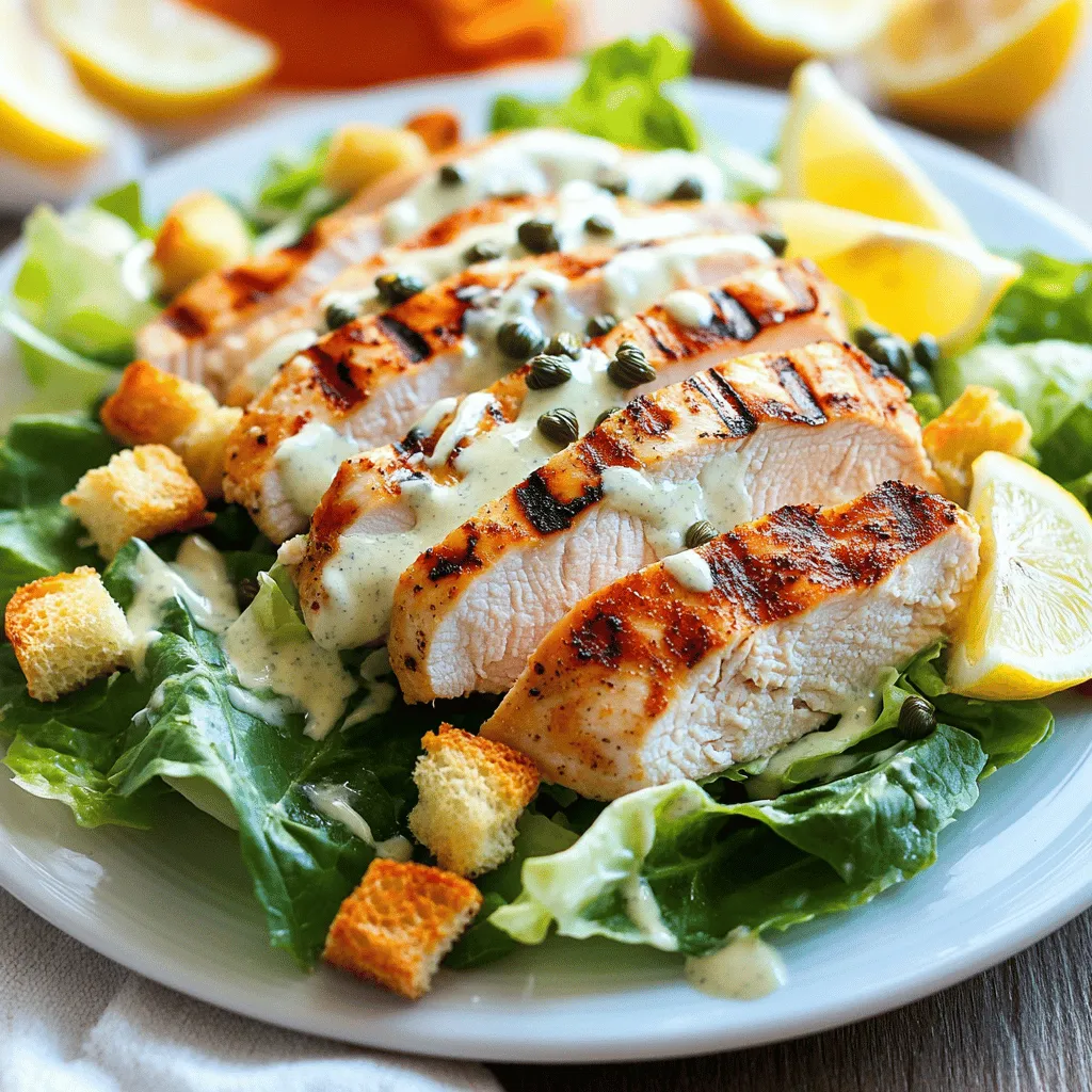 - 2 Hähnchenbrustfilets, ohne Haut und Knochen - 1 Kopf Römersalat, grob gehackt - 1/2 Tasse Caesar-Dressing (fertig gekauft oder selbstgemacht) - 1/2 Tasse Croutons - 1/4 Tasse geriebener Parmesan Die Hauptzutaten sind einfach, aber sie machen den Salat besonders. Die Hähnchenbrustfilets bringen Protein und Geschmack. Römersalat sorgt für frische und Crunch. Das Caesar-Dressing verleiht dem Salat seinen klassischen Geschmack. Croutons geben einen tollen Biss und der Parmesan bringt eine salzige Tiefe. - 1 Esslöffel Olivenöl - Salz und Pfeffer nach Geschmack - 1 Esslöffel frischer Zitronensaft - 1 Esslöffel Kapern (optional für einen besonderen Akzent) Die Gewürze sind sehr wichtig. Olivenöl gibt den Hähnchenbrustfilets einen schönen Glanz. Salz und Pfeffer sind die Grundgewürze, die alles abrunden. Zitronensaft bringt Frische. Kapern sind optional, aber sie fügen einen tollen, salzigen Kick hinzu. - Portionsgröße: 1 Salat pro Person - Kalorien pro Portion: ca. 450 - Nährstoffinformationen: Hoch an Protein, Vitaminen und Mineralien Diese Portion ist ideal für eine Mahlzeit. Der Salat hat etwa 450 Kalorien. Er ist reich an Protein durch das Hähnchen und bietet viele Vitamine durch den Römersalat. Die Nährstoffe helfen dir, dich gut zu fühlen. Wenn du mehr über die genauen Nährwerte wissen willst, schauen wir uns die Details in der [Full Recipe] an. - Grillen der Hähnchenbrustfilets: Heize deinen Grill oder eine Grillpfanne auf mittlere Hitze vor. Bestreiche die Hähnchenbrustfilets mit einem Esslöffel Olivenöl. Würze sie mit Salz und Pfeffer. Lege die Hähnchenbrüste auf den Grill. Gar sie für etwa 6-7 Minuten pro Seite, bis sie gut durchgegart sind. Die Innentemperatur sollte 75 °C erreichen. - Ruhezeit für das Fleisch: Nimm die Hähnchenbrüste vom Grill und lasse sie 5 Minuten ruhen. Dies hilft, den Saft zu halten. Nach der Ruhezeit schneide das Fleisch in dünne Streifen. - Hacken des Römersalats: Nimm einen Kopf Römersalat und hacke ihn grob. Gib den Salat in eine große Schüssel. Das sorgt für eine gute Grundlage. - Vermengen mit dem Dressing: Träufle 1/2 Tasse Caesar-Dressing über den Salat. Mische alles vorsichtig, sodass jedes Blatt gut mit dem Dressing überzogen ist. Dies macht den Salat lecker. - Hinzufügen der Hähnchenstreifen: Lege die geschnittenen Hähnchenstreifen auf den Salat. Diese bringen Geschmack und Protein. - Garnieren mit Croutons und Parmesan: Streue 1/2 Tasse Croutons und 1/4 Tasse geriebenen Parmesan über den Salat. Diese geben dem Gericht eine knusprige Textur. Verleihe dem Salat einen Spritzer frischen Zitronensaft für zusätzlichen Geschmack. Wenn du magst, füge einen Hauch Kapern hinzu. Du kannst diese Schritte auch in der [Full Recipe] nachlesen. - Temperaturkontrolle: Der Grill sollte auf mittelhohe Hitze vorgeheizt sein. Dies hilft, das Hähnchen gleichmäßig zu garen. Verwenden Sie ein Fleischthermometer, um sicherzustellen, dass die Innentemperatur 75 °C erreicht. - Vermeidung von Trockenheit: Um das Hähnchen saftig zu halten, marinieren Sie es vorher oder verwenden Sie Olivenöl. Lassen Sie das Fleisch nach dem Grillen ruhen. So bleibt der Saft im Hähnchen. - Hausgemachtes versus Fertigdressing: Ein hausgemachtes Dressing bringt frische Aromen. Es ist einfach, die Zutaten zu mixen: Mayonnaise, Parmesan, Knoblauch, Zitronensaft und Worcestershire-Sauce. Fertigdressings sind schnell, aber oft weniger geschmackvoll. - Alternativen für spezielle diätetische Bedürfnisse: Für eine leichtere Option können Sie griechischen Joghurt statt Mayonnaise verwenden. Für vegane Alternativen bieten sich pflanzliche Joghurts oder Cashewcreme an. - Kühlen der Teller: Kühlen Sie die Teller vor dem Servieren. Das hält den Salat frisch und knackig. Ein kalter Teller verbessert das Esserlebnis. - Zusätzliche Garnituren: Fügen Sie frische Kräuter wie Petersilie oder Basilikum hinzu. Das bringt Farbe und Geschmack. Auch geröstete Nüsse oder Samen können einen tollen Crunch geben. {{image_4}} Für eine vegetarische Version des Caesar-Salats kann man Tofu oder Gemüse verwenden. Gegrillter Tofu hat einen tollen Geschmack und sorgt für die nötige Proteinquelle. Schneide den Tofu in Würfel, mariniere ihn in etwas Olivenöl, Salz und Pfeffer, und grille ihn bis er goldbraun ist. Du kannst auch Gemüse wie Zucchini oder Paprika grillen. Das bringt frische Aromen in den Salat. Außerdem sind alternative Dressings eine gute Wahl. Probiere ein Joghurt-Dressing oder ein Avocado-Dressing. Diese Optionen bieten einen anderen Geschmack und sind oft leichter. Sie machen deinen Salat cremig, ohne schwer zu sein. Um den Salat noch interessanter zu gestalten, füge Avocado oder Speck hinzu. Avocado sorgt für eine cremige Textur und gesunde Fette. Schneide sie in Würfel und streue sie über den Salat. Speck bringt einen herzhaften Crunch und einen rauchigen Geschmack. Brate ihn knusprig und zerkleinere ihn, bevor du ihn hinzufügst. Gegrillte Garnelen sind eine weitere hervorragende Ergänzung. Sie bringen Meeresfrüchte-Geschmack und eine zarte Textur. Mariniere die Garnelen mit etwas Zitrone und Knoblauch, grille sie kurz und lege sie dann auf den Salat. Die Saison kann deine Zutatenwahl beeinflussen. Im Frühling könntest du frische Kräuter wie Basilikum oder Schnittlauch hinzufügen. Diese Kräuter geben einen tollen Duft und frische Aromen. Auch saisonales Gemüse wie Spargel oder Radieschen passt gut. Im Herbst sind geröstete Kürbiswürfel eine gute Idee. Sie bringen Süße und eine tolle Farbe in den Salat. Variiere das Dressing je nach Saison. Im Sommer könnte ein leichtes Zitronen-Dressing passen, während im Winter ein reichhaltigeres Dressing mit Nüssen oder Käse gut harmoniert. Für das vollständige Rezept, schau dir bitte [Full Recipe] an. Um Reste zu lagern, braucht man geeignete Behälter. Nutze luftdichte Behälter, um die Frische zu halten. So bleibt der Salat knackig. Die maximale Haltbarkeit im Kühlschrank beträgt drei Tage. Danach kann der Salat weich werden. Für den besten Geschmack erwärmst du das Hähnchen leicht. Nutze die Mikrowelle oder eine Pfanne. Vermeide es, den Salat zu erwärmen. Der Römersalat wird dadurch weich und verliert seinen Biss. Einige Zutaten kannst du einfrieren. Hähnchen und Croutons eignen sich gut dafür. Salat und Dressing sollten nicht eingefroren werden. Dies führt zu einer schlechten Konsistenz. Achte darauf, die Hähnchenstücke gut zu verpacken. So bleiben sie frisch. Reste eines Caesar-Salats halten sich gut im Kühlschrank. Sie sollten den Salat in einem luftdichten Behälter aufbewahren. So bleiben die Zutaten frisch und knusprig. In der Regel halten sich die Reste etwa 2 bis 3 Tage. Nach dieser Zeit verlieren sie an Geschmack und Textur. Wenn Sie den Salat aufbewahren, ist es besser, die Croutons separat zu lagern. So bleiben sie knusprig. Ja, Sie können ein einfaches Caesar-Dressing selbst machen. Hier ist ein einfaches Rezept für hausgemachtes Caesar-Dressing: - 1/2 Tasse Mayonnaise - 1 Esslöffel Dijon-Senf - 2 Esslöffel Zitronensaft - 2 Esslöffel Worcestershire-Sauce - 1/4 Tasse geriebener Parmesan - 1 Knoblauchzehe, fein gehackt - Salz und Pfeffer nach Geschmack Mischen Sie alle Zutaten in einer Schüssel. Passen Sie die Menge an, um den gewünschten Geschmack zu erreichen. Frisch zubereitet hat das Dressing eine tolle Konsistenz und Geschmack. Es ist eine großartige Ergänzung zu Ihrem Caesar-Salat. Caesar-Salat kann gesund sein, wenn Sie auf die Zutaten achten. Römersalat ist reich an Vitaminen und Mineralien. Hähnchenbrust bietet eine gute Proteinquelle. Achten Sie jedoch auf das Dressing und die Croutons, da sie viele Kalorien enthalten können. Eine Portion kann etwa 300 bis 500 Kalorien haben, abhängig von den Zutaten. Für eine gesündere Variante nutzen Sie weniger Dressing oder machen Sie eigene Croutons aus Vollkornbrot. So genießen Sie den Salat ohne schlechtes Gewissen. Zusammenfassend habe ich die wichtigsten Zutaten für einen schmackhaften Caesar-Salat vorgestellt. Wir haben die Hauptzutaten, Gewürze und Portionen besprochen. Ich habe erklärt, wie man Hähnchen zubereitet und den Salat anrichtet. Tipps für perfekte Grillergebnisse und Variationen machen dein Gericht spannend. Denke an die richtigen Aufbewahrungshinweise, damit du restlichen Salat genießen kannst. Mit diesen Informationen kannst du einen leckeren und gesunden Caesar-Salat zubereiten. Viel Spaß beim Ausprobieren und Genießen!