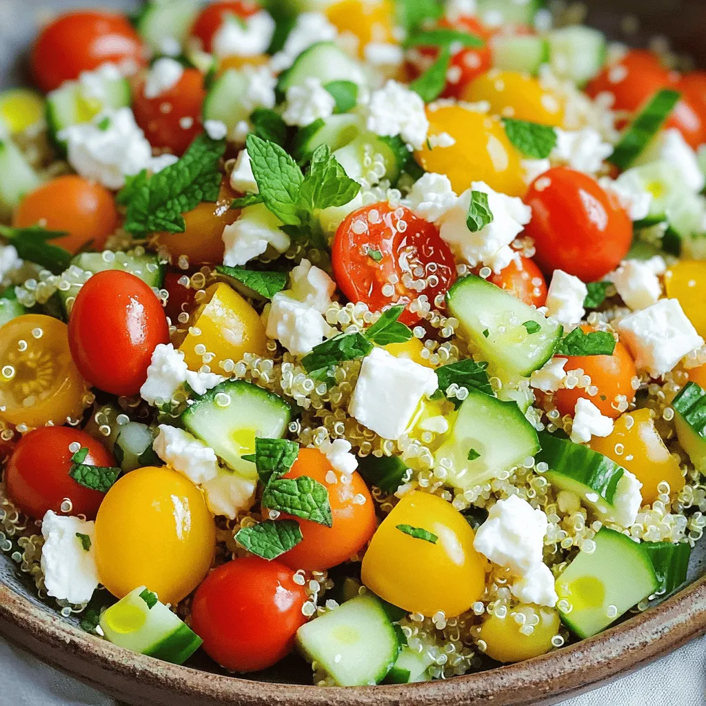 Die Hauptzutaten sind einfach und gesund. Sie machen den Salat frisch und lecker. Hier sind die Zutaten, die du brauchst: - 1 Tasse Quinoa, gut gespült - 2 Tassen Wasser oder Gemüsebrühe - 1 Tasse Cherrytomaten, halbiert - 1 Salatgurke, gewürfelt - 1/2 rote Zwiebel, fein gehackt - 1/2 Tasse Feta-Käse, zerkrümelt - 1/4 Tasse frische Petersilie, gehackt - 1/4 Tasse frische Minze, gehackt - 1/4 Tasse Olivenöl - 2 Esslöffel Zitronensaft - Salz und Pfeffer nach Geschmack Quinoa ist der Hauptbestandteil. Sie ist reich an Proteinen und Ballaststoffen. Cherrytomaten und Gurken bringen Frische. Die rote Zwiebel fügt einen süßen Geschmack hinzu. Feta-Käse gibt dem Salat einen salzigen Kick. Die besonderen Zutaten sind die frischen Kräuter und das Olivenöl. - Petersilie: Sie ist nicht nur grün, sondern auch voller Vitamine. Sie unterstützt die Verdauung. - Minze: Diese Kräuter bringen einen frischen Geschmack. Sie helfen auch bei der Verdauung. - Olivenöl: Es ist gesund und enthält gute Fette. Es fördert das Herz. Diese Zutaten machen den Salat nahrhaft und lecker. Sie tragen auch zur allgemeinen Gesundheit bei. Wenn du Allergien hast, gibt es tolle Ersatzstoffe. - Quinoa: Du kannst auch Reis oder Buchweizen verwenden, wenn du Quinoa nicht magst. - Feta-Käse: Für eine milchfreie Option nimm einen pflanzlichen Käse. - Zwiebeln: Verwende Frühlingszwiebeln oder lasse sie ganz weg, wenn du sie nicht magst. Mit diesen Ersatzstoffen bleibt der Salat lecker und anpassbar. Du kannst ihn nach deinem Geschmack gestalten. Für die vollständige Zubereitung schaue dir das Rezept an: [Full Recipe]. Zuerst bringe ich das Wasser oder die Gemüsebrühe in einem mittelgroßen Topf zum Kochen. Ich füge die gespülte Quinoa hinzu. Dann reduziere ich die Hitze auf niedrig und decke den Topf ab. Die Quinoa köchelt jetzt etwa 15 Minuten. Sie ist fertig, wenn sie fluffig ist und die gesamte Flüssigkeit aufgesogen wurde. Nach dem Kochen nehme ich die Quinoa vom Herd und lasse sie auf Raumtemperatur abkühlen. Das ist wichtig, damit mein Salat frisch bleibt. In einer großen Schüssel kombiniere ich die abgekühlte Quinoa mit den folgenden Zutaten: - 1 Tasse Cherrytomaten, halbiert - 1 Salatgurke, gewürfelt - 1/2 rote Zwiebel, fein gehackt - 1/2 Tasse Feta-Käse, zerkrümelt Diese Zutaten bringen Farbe und Geschmack in meinen Salat. Sie ergänzen die Quinoa perfekt und machen ihn nahrhaft. Jetzt mache ich das Dressing. In einer kleinen Schüssel vermische ich: - 1/4 Tasse Olivenöl - 2 Esslöffel Zitronensaft - Salz und Pfeffer nach Geschmack Ich verrühre alles gut. Danach gieße ich das Dressing über die Quinoamischung. Ich hebe alles vorsichtig unter, bis es gut vermischt ist. Zum Schluss füge ich die gehackte Petersilie und Minze hinzu. Diese Kräuter geben dem Salat einen frischen Geschmack. Ich passe die Würze nach Belieben an. Mit zusätzlichem Salz, Pfeffer oder Zitronensaft wird der Geschmack noch besser. Für die vollständigen Schritte und Zutaten, schau dir das [Full Recipe] an. Ein häufiger Fehler ist, die Quinoa nicht gut zu spülen. Dies kann einen bitteren Geschmack hinterlassen. Spülen Sie die Quinoa gründlich unter kaltem Wasser, bevor Sie sie kochen. Ein weiterer Fehler ist, die Flüssigkeit nicht zu messen. Für 1 Tasse Quinoa benötigen Sie 2 Tassen Wasser oder Brühe. Achten Sie darauf, die Quinoa nicht zu lange zu kochen. Sie sollte fluffig sein, nicht matschig. Sie können den Salat nach Ihrem Geschmack anpassen. Fügen Sie mehr Gemüse hinzu, wie Paprika oder Karotten, um mehr Farbe zu bekommen. Nutzen Sie auch andere Kräuter. Basilikum oder Dill bringen einen neuen Geschmack. Wenn Sie es schärfer mögen, fügen Sie etwas Chili oder rote Pfefferflocken hinzu. Der Feta-Käse kann auch durch einen veganen Käse ersetzt werden, um das Rezept anzupassen. Die Qualität der Zutaten ist entscheidend. Verwenden Sie frische Kräuter und Gemüse. Diese bringen den besten Geschmack. Achten Sie auf hochwertigen Feta-Käse. Er sollte cremig und gut gewürzt sein. Olivenöl spielt ebenfalls eine wichtige Rolle. Ein gutes, kaltgepresstes Olivenöl hebt das gesamte Gericht an. Für das beste Ergebnis, kaufen Sie saisonale und lokale Produkte, wann immer es möglich ist. Für die vollständige Zubereitung, schauen Sie sich das [Full Recipe] an. {{image_4}} Der Kräuterquinoa mit Feta-Salat ist bereits eine tolle vegetarische Wahl. Um ihn vegan zu machen, können Sie den Feta-Käse einfach weglassen oder durch einen veganen Käse ersetzen. Sie können auch Avocado hinzufügen, um eine cremige Textur zu erhalten. Das bringt gesunde Fette in den Salat und macht ihn noch nahrhafter. Um den Geschmack zu intensivieren, probieren Sie, die Cherrytomaten durch geröstete Paprika zu ersetzen. Diese geben einen süßen, rauchigen Geschmack. Oliven oder Artischockenherzen können auch hinzugefügt werden. Diese Zutaten bringen eine neue Dimension in den Salat. Für einen zusätzlichen Crunch sind geröstete Nüsse oder Samen perfekt. Sie fügen Textur und gesunde Nährstoffe hinzu. Je nach Saison können Sie verschiedene Zutaten verwenden. Im Frühling sind frische Erbsen oder Spargel einfach köstlich. Im Sommer sind süße, reife Pfirsiche oder Mangos eine tolle Wahl. Im Herbst können Sie geröstete Kürbiswürfel hinzufügen, um Wärme und Tiefe zu schaffen. Im Winter sind Granatäpfelkerne eine schöne, saftige Ergänzung. So bleibt der Salat das ganze Jahr über spannend und bunt. Für das komplette Rezept schauen Sie sich bitte den Abschnitt "Full Recipe" an. Um den Kräuterquinoa und Feta-Salat frisch zu halten, lagere ihn in einem luftdichten Behälter. So verhinderst du, dass Luft und Feuchtigkeit eindringen. Stelle sicher, dass der Salat gut abgekühlt ist, bevor du ihn in den Kühlschrank stellst. So bleibt der Geschmack und die Textur erhalten. Im Kühlschrank bleibt dein Salat bis zu drei Tage frisch. Nach dieser Zeit kann der Salat matschig werden. Achte darauf, dass du den Salat vor dem Servieren gut umrührst. So verteilen sich die Aromen gleichmäßig. Wenn du bemerkst, dass der Salat unappetitlich aussieht oder riecht, wirf ihn weg. Einfrieren ist nicht die beste Option für diesen Salat. Quinoa kann gefrieren, aber die frischen Zutaten verlieren ihre knusprige Textur. Wenn du Reste hast, die du nicht sofort essen kannst, ziehe in Betracht, nur die Quinoa einzufrieren. Du kannst sie später aufwärmen und mit frischen Zutaten vermischen. Der Kräuterquinoa und Feta-Salat bleibt im Kühlschrank etwa drei bis fünf Tage frisch. Achte darauf, ihn in einem luftdichten Behälter zu lagern. Das hilft, den Geschmack und die Textur zu bewahren. Wenn du ihn länger aufbewahren möchtest, empfehle ich, das Dressing getrennt hinzuzufügen. So bleibt der Salat knackig und frisch. Ja, du kannst viele verschiedene Kräuter nutzen. Basilikum, Koriander oder Estragon passen gut. Experimentiere mit verschiedenen Kräutern, um neue Aromen zu entdecken. Das gibt deinem Salat einen ganz besonderen Touch. Frische Kräuter bringen nicht nur Geschmack, sondern auch Farbe in dein Gericht. Ja, Quinoa ist von Natur aus glutenfrei. Das macht sie zu einer tollen Wahl für Menschen mit Glutenunverträglichkeit oder Zöliakie. Quinoa enthält viele Nährstoffe und ist eine gute Proteinquelle. Sie ist leicht zuzubereiten und passt gut zu vielen Gerichten. Wenn du glutenfrei essen möchtest, ist Quinoa eine hervorragende Option. Der Kräuterquinoa und Feta-Salat bietet viele Vorteile für einen gesunden Lebensstil. Wir haben die Hauptzutaten und deren Nutzen betrachtet, sowie wertvolle Tipps zur Zubereitung gegeben. Achten Sie besonders auf die Zutatenqualität, um den besten Geschmack zu erreichen. Variieren Sie das Rezept, um neue Aromen zu entdecken. Lassen Sie sich nicht von Fehlern abhalten, sondern lernen Sie dazu. Mit den richtigen Aufbewahrungsmethoden bleibt der Salat frisch und lecker. Genießen Sie die Vielfalt und gesunden Vorteile dieses einfachen Gerichts!