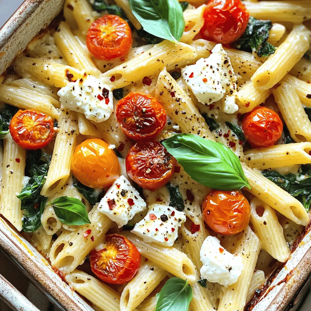 - 200g Pasta (Penne oder Fusilli) - 200g Feta-Käse - 1 Tasse Kirschtomaten, halbiert - 1/2 Tasse frischer Spinat Ich wähle oft Penne oder Fusilli für dieses Rezept. Diese Formen halten die Sauce gut fest. Feta-Käse bringt einen tollen Geschmack und eine cremige Textur. Die Kirschtomaten sorgen für Süße und Frische, während der Spinat Farbe und Nährstoffe hinzufügt. - 1/4 Tasse schwarze Oliven, in Scheiben - 3 Knoblauchzehen, gehackt - 3 Esslöffel Olivenöl - 1 Teelöffel Oregano - Salz und Pfeffer nach Geschmack Schwarze Oliven geben eine salzige Note. Knoblauch bringt Geschmack und Aroma. Olivenöl sorgt für die nötige Feuchtigkeit und hilft, die Aromen zu verbinden. Oregano verleiht dem Gericht eine klassische Note. Salz und Pfeffer runden alles ab. - Frische Basilikumblätter - Chiliflocken Ich mag es, frische Basilikumblätter darüber zu streuen. Sie bringen Frische und Farbe. Wenn du es schärfer magst, füge Chiliflocken hinzu. Sie geben dem Gericht den richtigen Kick. Für das vollständige Rezept kannst du die Anleitung unter [Full Recipe] einsehen. Heize deinen Ofen auf 200 °C vor. Dies sorgt für eine perfekte Backtemperatur. Nimm eine große Auflaufform und stelle sie bereit. Vermenge die halbierten Kirschtomaten, den gehackten Knoblauch und den frischen Spinat in der Form. Das gibt einen tollen Geschmack. Füge dann 3 Esslöffel Olivenöl hinzu. Würze die Mischung mit Salz, Pfeffer und 1 Teelöffel Oregano. Rühre gut um, bis alles gleichmäßig bedeckt ist. Lege den Block Feta-Käse in die Mitte der Gemüsemischung. Träufle 1 Esslöffel Olivenöl darüber. Stelle die Auflaufform in den vorgeheizten Ofen. Backe alles für 25-30 Minuten. Achte darauf, dass die Tomaten aufplatzen und der Feta zerläuft. Koche die Pasta nach den Anweisungen auf der Verpackung bis sie al dente ist. Das dauert meist 8-10 Minuten. Danach gieße die Pasta ab und stelle sie beiseite. Nimm die Auflaufform aus dem Ofen. Verwende eine Gabel, um den Feta zu zerdrücken. Mische ihn mit den gerösteten Tomaten und dem Spinat. Dadurch entsteht eine cremige Soße. Gib die gekochte Pasta dazu und vermenge alles gut. So wird die Pasta gleichmäßig überzogen. Folge diesen Schritten und du wirst ein köstliches Gericht genießen! Du findest das vollständige Rezept in der oben genannten Zubereitung. Um die perfekte Textur der Pasta zu erreichen, koche sie al dente. Das bedeutet, sie sollte weich, aber noch einen leichten Biss haben. Koche die Pasta in einem großen Topf mit reichlich Salzwasser. Halte dich an die Zeitangaben auf der Packung. Wenn die Pasta fertig ist, gieße sie ab, aber bewahre etwas Kochwasser auf. Dieses Wasser kannst du später nutzen, um die Soße zu verdünnen und die Pasta noch cremiger zu machen. Um den Feta optimal zuzubereiten, marinierst du ihn vor dem Backen. Das gibt dem Käse mehr Geschmack. Du kannst ihn mit einem Esslöffel Olivenöl, etwas Oregano und einer Prise Salz bedecken. Lass ihn für etwa 10 Minuten ruhen, während du die anderen Zutaten vorbereitest. So wird der Feta beim Backen noch aromatischer und cremiger. Beim Anrichten deiner Baked Feta Pasta kannst du kreativ sein. Du kannst frische Kräuter, wie Basilikum oder Petersilie, darüber streuen. Für etwas Schärfe füge Chiliflocken hinzu. Wenn du das Gericht noch bunter machen möchtest, kannst du auch geröstete Paprika oder Zucchini hinzufügen. Serviere die Pasta in tiefen Tellern, damit die Soße gut zur Geltung kommt. Du kannst das Rezept nach deinem Geschmack anpassen. Probiere verschiedene Käsesorten oder Gemüsesorten aus. {{image_4}} Um Baked Feta Pasta noch gesünder zu machen, kannst du das Gemüse anpassen. Zucchini und Paprika sind tolle Optionen. Sie bringen frische Aromen und Farben in das Gericht. Das Hinzufügen von buntem Gemüse macht es noch ansprechender. Du kannst auch Brokkoli oder Auberginen versuchen. Die Möglichkeiten sind endlos! Wenn du mehr Protein möchtest, füge Hähnchen, Garnelen oder Tofu hinzu. Diese Zutaten machen das Gericht nahrhafter und sättigender. Hähnchenbrust kannst du einfach anbraten und in die Pasta mischen. Garnelen kannst du schnell in der Pfanne garen. Tofu kann gewürzt und angebraten werden, um einen tollen Geschmack zu erzielen. Wenn du Feta nicht magst, gibt es viele Alternativen. Ziegenkäse ist eine großartige Wahl. Er hat einen ähnlichen Geschmack, aber ist milder. Ricotta kann auch eine cremige Note hinzufügen. Du kannst mit verschiedenen Käsesorten experimentieren, um deinen perfekten Geschmack zu finden. Der Käse macht das Gericht besonders, also wähle weise! Um die Reste von Baked Feta Pasta frisch zu halten, lege sie in einen luftdichten Behälter. Stelle sicher, dass der Behälter gut verschlossen ist, um das Austrocknen zu vermeiden. Du kannst die Reste bis zu drei Tage im Kühlschrank aufbewahren. Wenn du längere Haltbarkeit wünschst, friere die Pasta ein. Verwende dazu ebenfalls einen luftdichten Behälter oder einen Gefrierbeutel. So bleibt der Geschmack erhalten. Die Baked Feta Pasta hält sich gut im Kühlschrank. Ich empfehle, die Reste innerhalb von drei Tagen zu essen. Im Gefrierschrank kann die Pasta bis zu drei Monate aufbewahrt werden. Achte darauf, sie gut zu verpacken, damit sie nicht gefriert oder Gefrierbrand bekommt. Um die Reste aufzuwärmen, kannst du die Mikrowelle nutzen. Stelle die Pasta in eine Schüssel und decke sie ab, um sie gleichmäßig zu erhitzen. Alternativ kannst du die Pasta im Ofen aufwärmen. Heize den Ofen auf 180 °C vor und lege die Pasta in eine Auflaufform. Decke sie mit Alufolie ab und backe sie 15-20 Minuten. So bleibt die Pasta saftig und lecker. Die Zubereitung dauert etwa 10 Minuten. Das Backen im Ofen benötigt 25 bis 30 Minuten. Ingesamt sind es rund 45 Minuten für das ganze Gericht. Diese Zeit ist perfekt für ein schnelles Abendessen unter der Woche. Ja, du kannst andere Käsesorten nutzen. Ziegenkäse oder Ricotta sind gute Alternativen. Der Geschmack wird dann milder oder cremiger. Probiere verschiedene Käsesorten aus, um deinen Favoriten zu finden. Diese Pasta ist eine ausgewogene Mahlzeit. Sie enthält Tomaten, Spinat und gesunde Fette aus Olivenöl. Feta bietet Eiweiß und Kalzium. Achte darauf, die Portionsgröße zu kontrollieren, um die Kalorien im Griff zu halten. Penne und Fusilli sind die besten Optionen. Sie halten die Sauce gut. Andere Sorten wie Spaghetti oder Farfalle sind auch möglich. Achte darauf, die Pasta al dente zu kochen, damit sie die perfekte Textur hat. Um mehr Schärfe hinzuzufügen, verwende Chiliflocken oder frische Chilis. Du kannst auch eine Prise Cayennepfeffer in die Mischung geben. Probiere verschiedene Gewürze aus, um den perfekten Kick zu finden. Zusammenfassend bietet das Rezept für Baked Feta Pasta viele einfache Schritte, um ein schmackhaftes Gericht zu kreieren. Mit Zutaten wie Feta, Tomaten und Spinat bleibt es gesund und lecker. Die Tipps helfen Ihnen, die perfekte Textur und den besten Geschmack zu erreichen. Variationen bringen Abwechslung, und die Aufbewahrung ist einfach. Experimentieren Sie mit Ihren Lieblingszutaten. Kochen macht Spaß, und Baked Feta Pasta wird sicher ein Hit in Ihrer Küche!