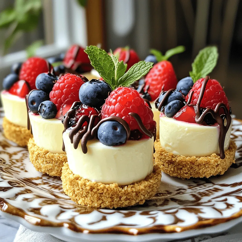 Für deine No Bake Cheesecake Bites brauchst du: - 225 g Frischkäse, weich - 60 g Puderzucker - 1 Teelöffel Vanilleextrakt - 240 ml Schlagsahne (oder Schlagrahm) - 120 g Graham Cracker Krümel - 30 g ungesalzene Butter, geschmolzen - 75 g frische Beeren (Erdbeeren, Blaubeeren oder Himbeeren) für das Topping - Optional: Schokoladensauce zum Garnieren Achte darauf, dass der Frischkäse weich ist. So vermischt er sich gut. Verwende frische Beeren für den besten Geschmack. Die Graham Cracker geben den Bites eine knusprige Struktur. Wenn du die Butter schmilzt, achte darauf, dass sie nicht zu heiß wird, um die Krümel nicht zu verbrennen. Wenn du eine glutenfreie Option möchtest, verwende glutenfreie Kekse. Für Veganer kannst du veganen Frischkäse und pflanzliche Sahne nutzen. Denke daran, den Puderzucker durch ein veganes Süßungsmittel zu ersetzen. So bleibt das Rezept lecker und passt zu vielen Diäten. Zuerst brauchen Sie eine große Rührschüssel. Geben Sie den weichen Frischkäse hinein. Schlagen Sie ihn mit einem elektrischen Mixer. Mixen Sie, bis die Mischung glatt ist. Fügen Sie dann den Puderzucker hinzu. Geben Sie auch den Vanilleextrakt dazu. Mixen Sie weiter, bis alles gut vermischt ist. Jetzt kommt die Schlagsahne. Fügen Sie sie vorsichtig hinzu. Heben Sie die Mischung an, bis sie luftig ist. Dies gibt den Cheesecake Bites eine schöne Textur. In einer separaten Schüssel kombinieren Sie die Graham Cracker Krümel mit der geschmolzenen Butter. Rühren Sie, bis die Krümel gut mit Butter bedeckt sind. Diese Mischung bildet die Basis für Ihre Bites. Sie sorgt für einen leckeren Crunch. Nehmen Sie ein Mini-Muffin-Blech. Legen Sie Papierförmchen hinein oder fetten Sie die Mulden ein. Nehmen Sie einen Esslöffel der Keksboden-Mischung. Drücken Sie ihn in den Boden jeder Muffinmulde. So entsteht eine stabile Kruste. Jetzt ist es Zeit, die Cheesecake Bites zusammenzustellen. Geben Sie die Frischkäse-Mischung über die Keksböden. Füllen Sie jede Tasse bis zum Rand. Glätten Sie die Oberseite mit einem Spatel. Das sorgt für eine schöne Oberfläche. Stellen Sie die Form für mindestens 2 Stunden in den Kühlschrank. So werden die Bites fest. Nach der Kühlzeit nehmen Sie sie vorsichtig aus der Muffinform. Belegen Sie jeden Biss mit frischen Beeren. Für einen besonderen Kick können Sie auch Schokoladensauce darüber träufeln. Das macht die Cheesecake Bites noch leckerer. Für das gesamte Rezept, schauen Sie sich den [Full Recipe] an. Um die perfekte Konsistenz zu erreichen, ist es wichtig, den Frischkäse gut zu schlagen. Verwenden Sie einen elektrischen Mixer. Mischen Sie ihn, bis er ganz glatt ist. Das sorgt für eine cremige Textur. Fügen Sie den Puderzucker langsam hinzu. So verhindern Sie Klumpen. Beim Hinzufügen der Schlagsahne heben Sie die Mischung vorsichtig an. Dadurch bleibt die Luftigkeit erhalten. Präsentation macht viel aus! Arrangieren Sie die Cheesecake Bites auf einer schönen Platte. Nutzen Sie frische Minzeblätter als Dekoration. Sie bringen Farbe und Frische. Verwenden Sie auch bunte Beeren. Diese machen das Dessert noch ansprechender. Wenn Sie möchten, träufeln Sie etwas Schokoladensauce darüber. Das sieht toll aus und schmeckt gut. Ein häufiger Fehler ist, den Frischkäse nicht genügend zu schlagen. Das führt zu einer klumpigen Konsistenz. Achten Sie darauf, dass er weich ist. Ein weiterer Fehler ist, die Schlagsahne zu stark zu mischen. So verlieren Sie die Luftigkeit. Wenn Sie die Kruste machen, drücken Sie die Krümel gut fest. Das hilft, die Bissen zusammenzuhalten. Wenn Sie diese Punkte beachten, gelingen die Cheesecake Bites perfekt. Für das gesamte Rezept schauen Sie bitte in die [Full Recipe]. {{image_4}} Die No Bake Cheesecake Bites sind sehr anpassbar. Sie können viele Geschmäcker ausprobieren. Ein beliebter Geschmack ist Zitrone. Fügen Sie einfach etwas Zitronensaft und Abrieb hinzu. Das macht die Bites frisch und spritzig. Ein anderer toller Geschmack ist Schokolade. Nehmen Sie einen Esslöffel Kakaopulver und mischen Sie es in die Frischkäse-Mischung. Das gibt einen reichen, schokoladigen Geschmack. Sie können auch geschmolzene Schokolade einfüllen. Das macht die Bites noch dekadenter. Die Toppings machen viel aus. Frische Beeren sind eine tolle Wahl. Sie bringen Farbe und Frische. Erdbeeren, Himbeeren oder Blaubeeren passen perfekt. Sie können auch Nüsse verwenden. Mandeln oder Walnüsse geben einen schönen Crunch. Karamellsoße ist eine weitere tolle Option. Ein Löffel Karamell auf jedem Biss macht sie süßer und leckerer. Für eine glutenfreie Variante können Sie glutenfreie Keks-Krümel verwenden. Diese gibt es in vielen Geschäften. Sie sind einfach zu finden und schmecken gut. Wenn Sie eine vegane Option suchen, tauschen Sie den Frischkäse gegen einen veganen Frischkäse aus. Verwenden Sie auch pflanzliche Sahne. So bleiben die Bites lecker und pflanzenbasiert. Probieren Sie diese Variationen aus, um Ihre No Bake Cheesecake Bites zu einem besonderen Genuss zu machen! Für die vollständige Anleitung und Rezepte schauen Sie sich das [Full Recipe] an. Die Lagerung ist wichtig für den Genuss Ihrer No Bake Cheesecake Bites. Bewahren Sie diese kleinen Leckerbissen in einem luftdichten Behälter auf. Das schützt sie vor Feuchtigkeit und Gerüchen im Kühlschrank. Ideal ist eine Temperatur zwischen 2 und 4 Grad Celsius. Achten Sie darauf, dass die Cheesecake Bites nicht direkt mit anderen Lebensmitteln in Kontakt kommen. So bleiben sie frisch und lecker. Im Kühlschrank halten die Cheesecake Bites etwa 4 bis 5 Tage. Wenn Sie sie länger aufbewahren möchten, frieren Sie sie ein. Im Gefrierschrank sind sie bis zu 2 Monate haltbar. Achten Sie darauf, die Bites gut einzupacken. Verwenden Sie Frischhaltefolie oder einen gefrierfesten Behälter. So bleibt die Textur schön und sie verlieren nicht an Geschmack. Um das Austrocknen zu vermeiden, stellen Sie sicher, dass die Cheesecake Bites gut abgedeckt sind. Eine Schicht Frischhaltefolie hilft, die Feuchtigkeit zu halten. Sie können auch eine feuchte Papierserviette in den Behälter legen. Diese Methode hilft, die Bites frisch zu halten. Bei Bedarf können Sie auch ein wenig Schlagsahne oder frische Beeren als Topping hinzufügen. Das gibt zusätzlichen Geschmack und verhindert, dass die Bites trocken werden. Die Cheesecake Bites brauchen mindestens 2 Stunden im Kühlschrank, um fest zu werden. Ich empfehle, sie länger zu kühlen, wenn möglich. So werden sie noch besser. Die Kälte hilft, die Aromen zu vereinen und die Textur zu verbessern. Ja, Sie können die Cheesecake Bites im Voraus zubereiten! Sie bleiben bis zu 3 Tage frisch im Kühlschrank. Machen Sie sie am Vortag für eine Party oder einen besonderen Anlass. So sparen Sie Zeit und Stress am Tag der Veranstaltung. No Bake Cheesecake Bites sind ein süßes Dessert, aber sie enthalten auch Zucker und Fett. Sie sind nicht das gesündeste Gericht, bieten aber Genuss in Maßen. Sie können die Zutaten anpassen, um sie gesünder zu machen. Verwenden Sie weniger Zucker oder frische Früchte als Topping. So bleibt der Genuss, ohne zu viele Kalorien zu konsumieren. Diese Anleitung bietet alle Infos für schmackhafte Cheesecake Bites. Wir haben die Zutaten, Schritt-für-Schritt-Anleitungen und Tipps für den perfekten Genuss behandelt. Die Variationen ermöglichen es dir, kreativ zu sein. Lagerungstipps helfen, die Frische zu bewahren. Zusammengefasst: Egal ob für eine Feier oder einen Snack, diese Bites sind einfach und lecker. Jetzt bist du bereit, selbst zu experimentieren und deine Freunde zu beeindrucken!