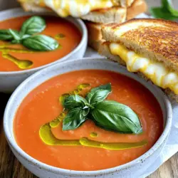 - 4 große reife Tomaten, grob gehackt - 1 Tasse Gemüsebrühe - 1/2 Tasse Schlagsahne - 1 mittelgroße Zwiebel, fein gehackt - 3 Knoblauchzehen, zerdrückt - 1 Tasse frische Basilikumblätter, gut gepackt - Salz und Pfeffer nach Geschmack Die Hauptzutaten für die Suppe sind frisch und voller Geschmack. Die Tomaten bringen Süße und Säure. Sie sind das Herzstück der Suppe. Die Gemüsebrühe sorgt für eine gute Basis. Die Zwiebeln und der Knoblauch geben ein tolles Aroma. Basilikum bringt Frische und Farbe. Schlagsahne macht die Suppe cremig und reichhaltig. - 4 Scheiben Artisanbrot - 1 Tasse geriebener Mozzarella-Käse - 2 Esslöffel Butter Für das gegrillte Käse-Sandwich sind die Zutaten einfach, aber lecker. Artisanbrot hat eine knusprige Kruste und einen weichen Kern. Mozzarella-Käse schmilzt wunderbar und macht das Sandwich köstlich. Butter sorgt dafür, dass das Brot goldbraun wird. Die Kombination von Suppe und Sandwich ist ein Klassiker. Du kannst die Zutaten leicht anpassen. Frische Zutaten machen den Unterschied. Wenn du mehr über die Zubereitung erfahren willst, schau dir das vollständige Rezept an: Cremige Tomaten-Basilikum-Liebe . - Schritt 1: Zwiebeln anbraten Beginne mit einem großen Topf. Erhitze das Olivenöl bei mittlerer Hitze. Füge die fein gehackten Zwiebeln hinzu. Brate sie etwa fünf Minuten lang, bis sie weich und durchsichtig sind. - Schritt 2: Knoblauch hinzufügen Rühre die zerdrückten Knoblauchzehen unter. Koche sie für ein bis zwei Minuten. Achte darauf, dass der Knoblauch nicht anbrennt. - Schritt 3: Tomaten und Brühe kochen Gib die grob gehackten Tomaten und die Gemüsebrühe in den Topf. Bringe die Mischung zum Köcheln. Lass sie 15 bis 20 Minuten garen, bis die Tomaten weich sind. - Schritt 4: Suppe abkühlen lassen Nimm den Topf vom Herd und lass die Suppe etwas abkühlen. - Schritt 5: Basilikum hinzufügen Füge die frischen Basilikumblätter hinzu. Sie geben der Suppe einen frischen Geschmack. - Schritt 6: Pürieren und Sahne einrühren Püriere die Mischung mit einem Stabmixer. Du kannst auch einen Standmixer verwenden. Rühre die Schlagsahne ein, bis die Suppe cremig ist. - Schritt 7: Sandwich zubereiten Bestreiche eine Seite jeder Scheibe Artisanbrot mit Butter. Lege eine Scheibe mit der Butterseite nach unten in die Pfanne. - Schritt 8: Grillen der Sandwiches Streue die Hälfte des geriebenen Mozzarella-Käses gleichmäßig darauf. Decke das Sandwich mit einer zweiten Scheibe Brot, der Butterseite nach oben. Grill die Sandwiches für 3-4 Minuten auf jeder Seite. - Schritt 9: Sandwiches schneiden und servieren Wenn das Brot goldbraun ist und der Käse schmilzt, nimm das Sandwich aus der Pfanne. Schneide es in Dreiecke und serviere es zusammen mit der Suppe. Für das vollständige Rezept schau dir die Cremige Tomaten-Basilikum-Liebe an. - Verwendung von frischen Zutaten: Frische Tomaten und Basilikum machen einen großen Unterschied. Sie bringen den besten Geschmack und die beste Farbe in die Suppe. Ich empfehle, reife, saftige Tomaten zu wählen. - Anpassen der Gewürze: Jeder hat einen anderen Geschmack. Fühlen Sie sich frei, Salz und Pfeffer nach Belieben zuzufügen. Ein wenig Zucker kann die Säure der Tomaten ausgleichen. Experimentieren Sie mit Oregano oder Thymian für zusätzliche Tiefe. - Auswahl des Brots: Für das gegrillte Käse-Sandwich ist Artisanbrot ideal. Es hat eine schöne Kruste und hält den Käse gut. Sie können auch Vollkornbrot für mehr Geschmack und Nährstoffe verwenden. - Käsevariationen für das Sandwich: Mozzarella ist klassisch, aber probieren Sie auch Cheddar oder Gouda. Eine Mischung aus verschiedenen Käsesorten sorgt für einen tollen Geschmack. - Serviervorschläge für die Suppe: Servieren Sie die Suppe in tiefen Schalen. Garnieren Sie sie mit frischen Basilikumblättern. Ein Spritzer Olivenöl macht die Suppe noch ansprechender und leckerer. - Gestaltungsideen für den Tisch: Verwenden Sie schöne Untersetzer oder Teller, um das Gericht zu präsentieren. Ein paar frische Kräuter oder eine kleine Schale mit Käse können den Tisch aufpeppen. {{image_4}} Für eine vegane Version dieser Suppe können Sie die Schlagsahne und Butter ersetzen. Statt Schlagsahne nutzen Sie Kokosmilch oder Cashewcreme. Diese Optionen geben der Suppe eine cremige Textur. Für die Butter können Sie pflanzliche Margarine verwenden. So bleibt der Geschmack voll, aber die Suppe ist vegan. Um Ihrer Suppe mehr Tiefe zu geben, können Sie zusätzliches Gemüse oder Gewürze hinzufügen. Zucchini, Karotten oder Paprika passen gut. Auch Gewürze wie Kreuzkümmel oder Paprika verleihen der Suppe mehr Charakter. Experimentieren Sie auch mit verschiedenen Käsesorten für Ihr Sandwich. Cheddar oder Gouda sind tolle Alternativen zu Mozzarella. Wenn Sie eine glutenfreie Version wünschen, wählen Sie glutenfreies Brot. Heutzutage gibt es viele leckere Optionen im Supermarkt. Sie können auch selbst Brot aus glutenfreien Mehlarten backen. Achten Sie darauf, dass alle Zutaten, die Sie verwenden, glutenfrei sind. So bleibt das Gericht für alle genießbar. Um die cremige Tomaten-Basilikum-Suppe frisch zu halten, lagere sie in einem luftdichten Behälter. So bleibt der Geschmack erhalten. Wenn du die Suppe richtig aufbewahrst, kann sie bis zu fünf Tage im Kühlschrank bleiben. Lass die Suppe vor dem Verpacken abkühlen. Für die gegrillten Käse-Sandwiches lege sie in einen separaten Behälter. So bleibt das Brot knusprig. Wickel die Sandwiches in Folie ein, um sie frisch zu halten. Sie können bis zu drei Tage im Kühlschrank bleiben. Um die Suppe aufzuwärmen, stelle sie in einen Topf bei mittlerer Hitze. Rühre gelegentlich um, damit sie gleichmäßig erhitzt wird. Du kannst auch die Mikrowelle benutzen, aber achte darauf, sie in Intervallen zu erwärmen. Für die Sandwiches, lege sie in eine Pfanne bei niedriger Hitze. So wird der Käse wieder schön schmelzig. Eine andere Möglichkeit ist, sie im Ofen aufzuwärmen. So bleibt das Brot knusprig. Achte darauf, sie nicht zu lange zu erhitzen. Die Suppe bleibt frisch für etwa 3 bis 5 Tage im Kühlschrank. Bewahre sie in einem luftdichten Behälter auf. So bleibt der Geschmack erhalten. Vor dem Servieren einfach aufwärmen. Achte darauf, dass die Suppe gleichmäßig erhitzt wird. Ja, die Suppe lässt sich gut einfrieren. Fülle sie in einen gefrierfesten Behälter. Lass etwas Platz für die Ausdehnung. Zum Auftauen stelle die Suppe über Nacht in den Kühlschrank. Erhitze sie dann in einem Topf oder in der Mikrowelle. Ich empfehle, die Suppe mit einem gegrillten Käse-Sandwich zu servieren. Auch knusprige Croutons sind eine tolle Ergänzung. Ein frischer Salat oder einfache Gemüse-Sticks passen ebenfalls gut dazu. Diese Beilagen bringen Abwechslung und Textur. Du kannst das vollständige Rezept für die cremige Tomaten-Basilikum-Liebe in meinem Artikel finden. Eine cremige Tomaten-Basilikum-Suppe ist einfach zuzubereiten. Wir haben die Hauptzutaten, die Schritte und Tipps besprochen. Frische Zutaten und kreative Varianten machen das Rezept interessant. Denke daran, die Suppe richtig zu lagern und die Sandwiches richtig aufzuwärmen. Jetzt kannst du leckere Mahlzeiten genießen und mit Freunden teilen. Nutze die Informationen hier, um dein Kocherlebnis zu bereichern und kreativ in der Küche zu sein. Viel Spaß beim Kochen!