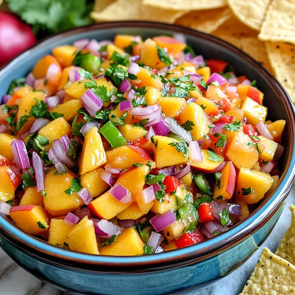 Für die frische Pfirsich Salsa brauchst du: - 3 reife Pfirsiche, gewürfelt - 1 kleine rote Zwiebel, fein gehackt - 1 rote Paprika, gewürfelt - 1 Jalapeño, entkernt und fein gehackt (je nach Schärfewunsch anpassen) - 1/4 Tasse frischer Koriander, gehackt - Saft von 2 Limetten - 1 Teelöffel Honig (optional, für eine süße Note) - Salz und Pfeffer nach Geschmack Wenn du keine reifen Pfirsiche findest, nutze Nektarinen. Sie sind ähnlich und schmecken gut. Für die Jalapeño kannst du eine mildere Paprika nehmen. Das macht die Salsa weniger scharf. Anstelle von frischem Koriander kannst du Petersilie verwenden. Sie gibt einen anderen Geschmack, ist aber auch lecker. Wähle Pfirsiche, die fest, aber leicht weich sind. Drücke sanft auf die Schale. Wenn sie leicht nachgeben, sind sie reif. Achte darauf, dass die Schale keine dunklen Flecken hat. Diese können auf Überreife hindeuten. Der Duft ist wichtig: Reife Pfirsiche riechen süß. Am besten kaufst du sie in der Saison, wenn sie frisch sind. Zuerst wasche die Pfirsiche gut. Verwende reife Pfirsiche für besten Geschmack. Schneide sie in kleine Stücke. Achte darauf, den Kern zu entfernen. Hacke dann die rote Zwiebel und die rote Paprika. Wenn du es scharf magst, nimm die Jalapeño. Entkerne sie und hacke sie fein. Nimm eine mittelgroße Schüssel. Gib die gewürfelten Pfirsiche, die Zwiebel, die Paprika und die Jalapeño hinein. Füge den gehackten Koriander dazu. Presse den Saft der Limetten hinein. Wenn du magst, füge einen Teelöffel Honig hinzu. Das gibt eine süße Note. Rühre alles vorsichtig um. Achte darauf, die Pfirsiche nicht zu zerdrücken. Würze mit Salz und Pfeffer. Bedecke die Schüssel mit Frischhaltefolie. Lass die Salsa mindestens 30 Minuten im Kühlschrank ziehen. So können die Aromen gut verschmelzen. Serviere die Salsa kühl oder bei Raumtemperatur. Sie passt gut zu Tortillachips, gegrilltem Hühnchen oder Fisch. Für die vollständige Anleitung, siehe das Full Recipe. Schärfe ist wichtig in Salsa. Du kannst die Schärfe anpassen. Wenn du es mild magst, nimm weniger Jalapeño. Du kannst auch die Samen entfernen. Für mehr Schärfe, füge mehr Jalapeño hinzu. Probiere auch andere Peperoni, wie Serrano oder Fresno. Diese bringen eine andere Note. Frische Kräuter machen die Salsa lebendig. Koriander ist ein Muss, aber du kannst auch Minze oder Basilikum nutzen. Minze gibt eine frische und süße Note. Basilikum bringt einen herzhaften Geschmack. Experimentiere mit verschiedenen Kräutern, um deinen eigenen Stil zu finden. Aromen brauchen Zeit, um sich zu verbinden. Lass die Salsa mindestens 30 Minuten im Kühlschrank. Je länger du wartest, desto besser wird der Geschmack. Du kannst die Salsa auch einen Tag vorher machen. So entfalten sich die Aromen richtig gut. Wenn du bereit bist zu servieren, rühre die Salsa vorsichtig um. Das sorgt für eine gleichmäßige Verteilung der Aromen. Für das vollständige Rezept schau dir die Frische Pfirsich-Salsa an. {{image_4}} Du kannst die Pfirsich-Salsa leicht verändern. Probiere, andere Früchte hinzuzufügen. Mango bringt eine süße Note. Ananas fügt einen tropischen Geschmack hinzu. Erdbeeren geben eine frische Farbe und süßen Geschmack. Jeder Biss wird spannend. Experimentiere mit verschiedenen Kombinationen. Deine Gäste werden begeistert sein! Wenn du es scharf magst, füge mehr Jalapeños hinzu. Du kannst auch einige Serrano-Paprikas verwenden. Für extra Hitze, probiere einen Spritzer scharfer Sauce. Diese Variante wird die Geschmacksknospen herausfordern. Achte darauf, die Schärfe langsam zu erhöhen. So bleibt die Salsa ausgewogen und lecker. Frische Pfirsich-Salsa passt gut zu vielen Gerichten. Serviere sie mit Tortillachips als Snack. Sie ist auch großartig zu gegrilltem Hühnchen oder Fisch. Du kannst die Salsa auch als Topping für Tacos nutzen. Ein frisches Baguette mit Salsa ist ebenfalls köstlich. Dieser Genuss bringt Abwechslung auf den Tisch. Die frisch gemachte Pfirsich-Salsa bleibt im Kühlschrank gut. Fülle sie in einen luftdichten Behälter. So bleibt die Salsa frisch und lecker. Verwende sie innerhalb von drei bis fünf Tagen. Achte darauf, die Salsa vor dem Servieren gut umzurühren. So verteilen sich die Aromen gleichmäßig. Einfrieren ist eine gute Option, wenn du mehr Salsa hast. Fülle die Salsa in einen gefrierfesten Behälter oder Beutel. Lass etwas Platz für die Ausdehnung beim Gefrieren. Die Salsa kann bis zu drei Monate eingefroren werden. Um sie zu verwenden, tau sie einfach im Kühlschrank auf. Rühre sie dann gut um, bevor du sie servierst. Frische Pfirsich-Salsa hat eine kurze Haltbarkeit. Im Kühlschrank bleibt sie etwa fünf Tage frisch. Nach dem Einfrieren kann sie bis zu drei Monate halten. Achte auf einen schlechten Geruch oder eine veränderte Farbe. Wenn du Zweifel hast, wirf die Salsa lieber weg. Sicherheit geht vor, besonders bei frischen Zutaten. Um die Pfirsich-Salsa süßer zu machen, füge einfach mehr Honig hinzu. Du kannst auch Agavensirup versuchen. Diese Optionen fügen eine schöne Süße hinzu. Achte darauf, die Menge langsam zu erhöhen. Probier die Salsa nach jeder Zugabe. So findest du die perfekte Balance für deinen Geschmack. Pfirsich-Salsa passt gut zu vielen Speisen. Serviere sie mit Tortillachips für einen tollen Snack. Sie ergänzt auch gegrilltes Hühnchen oder Fisch sehr gut. Du kannst sie als Topping für Tacos verwenden. Diese Salsa bringt Frische und Farbe auf deinen Teller. Experimentiere mit verschiedenen Gerichten und finde deine Lieblingskombination. Ja, du kannst viele andere Früchte verwenden. Mango oder Ananas sind großartige Alternativen. Diese Früchte bieten eine süße Note, ähnlich wie Pfirsiche. Auch Beeren können eine interessante Textur und einen frischen Geschmack hinzufügen. Sei kreativ und mische verschiedene Früchte für neue Geschmäcker. Es gibt viele Möglichkeiten, um deine Salsa zu variieren. In diesem Artikel haben wir die Zutaten für Pfirsich-Salsa besprochen. Ich habe Tipps zur Auswahl der besten Pfirsiche gegeben. Außerdem fanden Sie eine Schritt-für-Schritt-Anleitung zur Zubereitung. Wir haben verschiedene Variationen und Lagerhinweise angeboten. Die Zubereitung von Salsa ist einfach und macht Spaß. Experimentieren Sie mit Schärfe und anderen Früchten. So finden Sie Ihre perfekte Mischung. Genießen Sie Ihre Pfirsich-Salsa und teilen Sie sie mit Freunden!