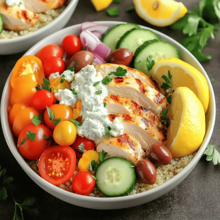 - Hähnchenbrustfilets - Quinoa - Frisches Gemüse Die Hauptzutaten sind einfach und frisch. Hähnchenbrustfilets geben den Bowls Protein. Quinoa ist eine gute Quelle für Ballaststoffe und macht die Bowls sättigend. Frisches Gemüse bringt Farbe und Vitamine. Du kannst Kirschtomaten, Gurken, rote Paprika und rote Zwiebeln verwenden. Diese Zutaten sorgen für einen knackigen Biss und tollen Geschmack. - Olivenöl und Oregano - Tzatziki-Sauce Olivenöl und Oregano sind die perfekten Gewürze. Das Olivenöl macht das Hähnchen saftig. Oregano gibt einen typischen griechischen Geschmack. Tzatziki-Sauce ist das i-Tüpfelchen. Du kannst sie fertig kaufen oder selbst machen. Sie sorgt für eine cremige Note und passt gut zu den anderen Zutaten. - Feta-Käse und Kalamata-Oliven - Zitronensaft und frische Petersilie Garnierungen machen das Gericht besonders. Feta-Käse bringt einen salzigen Geschmack. Kalamata-Oliven fügen eine herzhafte Note hinzu. Zitronensaft gibt Frische und einen leichten Kick. Frische Petersilie rundet das Gericht ab. Diese Garnierungen machen die Bowls nicht nur lecker, sondern auch schön anzusehen. Entdecke das Rezept für die Greek Chicken Power Bowls in der Vollversion. Zuerst bereite die Marinade vor. In einer kleinen Schüssel mische Olivenöl, Oregano, Knoblauchpulver, Salz und Pfeffer. Trage die Marinade gleichmäßig auf beide Seiten der Hähnchenbrust auf. Lass das Hähnchen mindestens 20 Minuten marinieren. Für mehr Geschmack kannst du es bis zu 2 Stunden im Kühlschrank lassen. Spüle die Quinoa unter kaltem Wasser ab. So entfernst du Bitterstoffe. In einem mittleren Topf vermenge die Quinoa mit der Gemüsebrühe. Bringe die Mischung zum Kochen. Reduziere dann die Hitze, decke den Topf ab und lasse die Quinoa etwa 15 Minuten köcheln. Wenn die ganze Flüssigkeit aufgesogen ist, lockere die Quinoa mit einer Gabel auf. Heize den Grill oder eine Grillpfanne auf mittlere Hitze vor. Lege die marinierten Hähnchenbrustfilets auf den Grill. Grill die Hähnchen für etwa 6-7 Minuten auf jeder Seite. Sie sind fertig, wenn die Innentemperatur 74°C erreicht. Lass das Hähnchen nach dem Grillen kurz ruhen, bevor du es in Scheiben schneidest. In einer großen Schüssel vermenge die Kirschtomaten, Gurke, rote Paprika, rote Zwiebel, Kalamata-Oliven und die Petersilie. Beträufle die Mischung mit Zitronensaft. Mische alles vorsichtig, damit das Gemüse frisch bleibt. Nimm Servierschalen und platziere eine großzügige Portion Quinoa als Basis. Darauf kommen die in Scheiben geschnittenen Hähnchen und die frische Salatmischung. Streue zerbröselten Feta-Käse darüber. Präsentiere die Bowls in bunten Schalen. So wird jedes Gericht ein Hingucker. Du kannst mit Zitronenschnitzen und einem zusätzlichen Spritzer Petersilie garnieren. So sieht jede Bowl einladend aus. Für die Zubereitung am Wochenende plane die Bowls im Voraus. Du kannst das Hähnchen marinieren und die Quinoa kochen. Lagere beides in luftdichten Behältern. So sparst du Zeit und hast immer frische Zutaten bereit. Die anderen Zutaten wie Gemüse kannst du auch vorbereiten. Schneide Gurken, Paprika und Zwiebeln. Diese halten sich gut im Kühlschrank. Du kannst auch die Salatmischung am Sonntag zubereiten. So hast du gleich die perfekte Basis für deine Power-Bowls. Wenn du Low-Carb isst, ersetze die Quinoa durch Blumenkohlreis. Das ist leicht und gesund. Du kannst auch Kichererbsen für einen vegetarischen Genuss nehmen. Diese bieten viel Protein und sind sehr sättigend. Für glutenfreie Optionen nutze einfach glutenfreie Soßen. Achte darauf, dass Tzatziki keine glutenhaltigen Zutaten hat. So bleibt deine Bowl lecker und gesund. Um den Geschmack zu verbessern, füge weitere Gewürze hinzu. Paprika oder Kreuzkümmel können gut passen. Frische Kräuter wie Minze oder Basilikum bringen einen neuen Twist. Variiere die Soßen! Du kannst eine scharfe Sauce oder eine Kräuterbutter ausprobieren. Diese kleinen Anpassungen machen jede Bowl einzigartig und spannend. Für die vollständige Rezeptanleitung, sieh dir das [Full Recipe] an. {{image_4}} Du kannst die Hähnchenbrust durch andere Proteine ersetzen. Tilapia ist eine tolle Wahl. Es hat einen milden Geschmack und ist leicht zuzubereiten. Du kannst den Fisch einfach grillen oder braten. Kichererbsen sind eine großartige vegetarische Option. Diese Hülsenfrüchte sind nahrhaft und sehr sättigend. Röstest du die Kichererbsen mit Gewürzen, bringen sie zusätzlichen Geschmack. Gemüse bringt Farbe und Nährstoffe in deine Power Bowl. Saisonale Gemüse sind frisch und lecker. Im Frühling probiere Spargel oder Erbsen. Im Herbst sind Kürbis und Rüben ideal. Du kannst auch Gemüse wie Zucchini oder Auberginen hinzufügen. Wenn du nicht alles frisch hast, sind Konserven eine gute Option. Achte darauf, sie gut abzuspülen, um Salz zu reduzieren. Tzatziki ist ein klassischer Favorit, aber du kannst auch andere Saucen ausprobieren. Eine schnelle Zitronen-Olivenöl-Vinaigrette bringt Frische. Mische einfach Olivenöl, Zitronensaft, Salz und Pfeffer. Für einen cremigen Genuss, mache eine Avocado-Soße. Du pürierst reife Avocados mit Joghurt und Knoblauch. Diese hausgemachten Varianten geben deiner Bowl das gewisse Extra. Wenn du mehr Abwechslung willst, schau dir die [Full Recipe] an. Um die Greek Chicken Power Bowls frisch zu halten, gibt es einige einfache Tipps. Du kannst die Bowls im Kühlschrank oder Gefrierfach aufbewahren. - Kühlschrank: Die vorbereiteten Bowls bleiben bis zu 3 Tage frisch. Achte darauf, sie in einem luftdichten Behälter zu lagern. So bleibt der Geschmack erhalten. - Gefrieroptionen: Wenn du sie länger aufbewahren möchtest, friere die Bowls ein. Sie können bis zu 2 Monate im Gefrierfach bleiben. Achte darauf, die Zutaten getrennt einzufrieren. So bleibt die Textur besser. Die Haltbarkeit der vorbereiteten Zutaten ist unterschiedlich. Gekochte Quinoa bleibt etwa 5 Tage frisch. Frisches Gemüse sollte innerhalb von 3 Tagen gegessen werden. Feta-Käse kann auch bis zu einer Woche halten, wenn er gut verpackt ist. Wenn es Zeit ist, die Bowls zu genießen, erwärmst du sie am besten in der Mikrowelle. Hier sind einige Tipps für ein gutes Ergebnis: - Aufwärmen: Stelle die Mikrowelle auf mittlere Hitze. Erhitze die Bowls in 1-2 Minuten. Rühre zwischendurch um, damit alles gleichmäßig warm wird. - Servieren: Achte darauf, die frischen Zutaten wie Salat und Oliven erst nach dem Aufwärmen hinzuzufügen. So bleibt alles knackig und frisch. Ein Spritzer Zitrone bringt den Geschmack auf ein neues Level. Für die beste Erfahrung empfehle ich, die Bowls direkt nach der Zubereitung zu genießen. So schmecken sie am frischesten. Du kannst auch Tzatziki als Dip an der Seite servieren. Es macht die Bowls noch leckerer. Die Greek Chicken Power Bowls ergeben vier Portionen. Diese Menge reicht für eine kleine Familie oder ein paar Freunde. Wenn du mehr Gäste hast, kannst du das Rezept einfach verdoppeln. So hast du genug für alle. Ja, du kannst Quinoa durch Reis ersetzen. Beachte jedoch, dass Reis etwas länger braucht, um zu kochen. Der Geschmack wird auch anders sein. Quinoa hat einen nussigen Geschmack, während Reis milder ist. Probiere es aus, um zu sehen, was dir besser gefällt. Zu den Greek Chicken Power Bowls passen viele Getränke gut. Ein frischer Zitronenlimonade ist eine tolle Wahl. Auch ein leichter Weißwein harmoniert gut. Wenn du es alkoholfrei magst, ist Mineralwasser mit Zitrone eine gute Option. Du kannst die Bowls bis zu drei Tage im Kühlschrank aufbewahren. Stelle sicher, dass sie in einem luftdichten Behälter sind. Wenn du sie länger aufbewahren möchtest, friere die Zutaten getrennt ein. So bleiben sie frisch und lecker. Ja, du kannst die Bowls gut für eine Party vorbereiten. Bereite die Zutaten am Vortag vor und lagere sie getrennt. Am Tag der Party kannst du alles schnell zusammenstellen. Das spart Zeit und du kannst mehr Zeit mit deinen Gästen verbringen. Gute Zutaten findest du in lokalen Märkten oder Supermärkten. Achte auf frisches Gemüse und hochwertiges Hähnchen. Für spezielle Zutaten wie Kalamata-Oliven oder Feta-Käse kannst du auch Online-Shops besuchen. Frische Zutaten machen den besten Geschmack. Die Greek Chicken Power Bowls sind einfach zuzubereiten und machen Spaß. Wir haben die Hauptzutaten wie Hähnchen, Quinoa und frisches Gemüse besprochen. Zudem ging es um Gewürze, Dressings und tolle Garnierungen. Ich teile Tipps zum Meal Prep und zeige Alternativen für Diäten. Die Variationen bieten kreative Ideen für verschiedene Geschmäcker. Diese Bowls sind perfekt für jede Gelegenheit. Sie sind gesund, lecker und schnell gemacht. Probieren Sie es aus und genießen Sie Ihre eigene kreative Version!