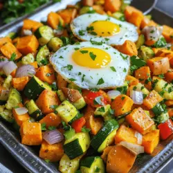 - 2 mittelgroße Süßkartoffeln, gewürfelt - 2 kleine Zucchini, gewürfelt - 1 Paprika (jede Farbe), grob gehackt Die Hauptzutaten sind einfach und leicht zu finden. Süßkartoffeln bringen eine natürliche Süße. Zucchini fügt Frische und Farbe hinzu. Die Paprika gibt einen schönen Crunch und Geschmack. - 1 Teelöffel geräuchertes Paprikapulver - 1 Teelöffel getrockneter Oregano - Salz und Pfeffer nach Geschmack - 2 Esslöffel Olivenöl Die Gewürze machen das Gericht besonders. Geräuchertes Paprikapulver bringt einen tiefen, rauchigen Geschmack. Oregano gibt eine schöne Kräuternote. Olivenöl sorgt für eine gute Bräunung und Geschmack. - 1 kleine rote Zwiebel, fein gehackt - 2 Knoblauchzehen, gehackt - Frische Petersilie zum Garnieren - Optional: 2 Eier (zum Topping) Zusätzliche Zutaten wie Zwiebel und Knoblauch verstärken die Aromen. Petersilie bringt Frische und Farbe. Die Eier sind eine tolle Option für mehr Protein. Für das vollständige Rezept, schau dir das Zucchini-Süßkartoffel-Hash an. Es ist einfach und macht Spaß zu kochen! Zuerst bereite die Zutaten vor. Du benötigst gewürfelte Süßkartoffeln und Zucchini. Schneide auch die Paprika in grobe Stücke. Dann hackst du die Zwiebel und den Knoblauch. Das macht die weiteren Schritte einfacher und schneller. Jetzt erhitze eine große Pfanne bei mittlerer Hitze. Gib zwei Esslöffel Olivenöl in die Pfanne. Wenn das Öl heiß ist, füge die gewürfelten Süßkartoffeln hinzu. Brate sie etwa 10 Minuten lang an. Rühre dabei gelegentlich um. Die Süßkartoffeln sollten weich werden. Nach den 10 Minuten füge die gehackte Zwiebel und die Paprika in die Pfanne. Brate diese Mischung für weitere 5 Minuten. Die Zwiebel wird glasig und duftet gut. Danach gib die gewürfelte Zucchini und den gehackten Knoblauch dazu. Füge auch das geräucherte Paprikapulver, den Oregano, Salz und Pfeffer hinzu. Vermenge alles gut. Lass es für 5 bis 7 Minuten brutzeln, bis alles zart ist. Du kannst auch die [Full Recipe] verwenden, um die Schritte besser nachzuvollziehen. Um die beste Textur zu bekommen, brate die Süßkartoffeln zuerst. Sie brauchen mehr Zeit, um weich zu werden. Wenn sie leicht goldbraun sind, kannst du die Zucchini hinzufügen. Brate die Zucchini nur kurz, damit sie knackig bleibt. So wird dein Hash nicht matschig. Du kannst das Rezept ganz nach deinem Geschmack anpassen. Füge zum Beispiel Spinat für mehr Farbe und Nährstoffe hinzu. Champignons bringen einen herzhaften Geschmack in dein Gericht. Du kannst auch die Gewürze nach deinem Wunsch verändern. Vielleicht magst du es schärfer oder würziger? Serviere dein Zucchini-Süßkartoffel-Hash auf einer großen Platte. Das sieht toll aus und macht Appetit. Streue frische Petersilie darüber für einen schönen Farbkontrast. Wenn du Eier magst, sind sie eine tolle Ergänzung. Sie geben zusätzlich Geschmack und machen das Gericht noch besser. Für das vollständige Rezept schau dir die [Full Recipe] an. {{image_4}} Um dein Zucchini-Süßkartoffel-Hash noch besser zu machen, kannst du verschiedene Gemüsesorten integrieren. Probiere Spinat, Champignons oder sogar Karotten. Diese Gemüsesorten bringen neue Farben und Geschmäcker. Wenn du eine vegane Option möchtest, kannst du pflanzlichen Eiersatz nutzen. Dieser passt perfekt und sorgt für eine tolle Textur. Für mehr Protein kannst du Feta-Käse oder Avocado hinzufügen. Beide geben einen cremigen Geschmack und machen das Gericht gehaltvoller. Wenn du Fleisch oder Tofu magst, sind sie auch eine gute Wahl. Hähnchen oder Räuchertofu fügen eine herzliche Note hinzu, die gut mit dem Gemüse harmoniert. Das Hash schmeckt besonders gut mit Beilagen wie Toast oder einem frischen Salat. Diese Optionen bringen frische und Knusprigkeit auf den Tisch. Du kannst auch verschiedene Saucen ausprobieren. Eine scharfe Salsa oder eine Joghurtsauce passt sehr gut dazu. So kannst du das Gericht nach deinem Geschmack mit neuen Aromen anpassen. Nach dem Kochen lasse den Zucchini-Süßkartoffel-Hash zuerst abkühlen. Dies hilft, die Textur zu bewahren. Wenn er vollständig abgekühlt ist, fülle ihn in einen luftdichten Behälter. So bleibt er frisch und lecker. Im Kühlschrank hält er sich bis zu 4 Tage. Möchtest du Reste einfrieren? Hier ist eine einfache Schritt-für-Schritt-Anleitung: 1. Lass den Hash vollständig abkühlen. 2. Teile ihn in Portionen auf. 3. Fülle jede Portion in einen gefriergeeigneten Beutel oder Behälter. 4. Entferne so viel Luft wie möglich, bevor du sie verschließt. Gefrorener Hash bleibt bis zu 3 Monate haltbar. Achte darauf, das Datum zu notieren, um die Frische zu garantieren. Um den besten Geschmack beim Aufwärmen zu erhalten, benutze die Pfanne. Erhitze den Hash bei mittlerer Hitze. Füge einen Spritzer Wasser oder etwas Öl hinzu, damit nichts anbrennt. Decke die Pfanne ab und rühre gelegentlich um. So vermeidest du Überkochen und trockenen Hash. Du kannst auch die Mikrowelle nutzen. Stelle die Hitze niedrig ein und rühre regelmäßig um. So bleibt der Hash saftig und lecker. Probiere diese Methoden aus und genieße jeden Bissen! Die Zubereitung dauert insgesamt 30 Minuten. Die Vorbereitungszeit ist 10 Minuten. In dieser Zeit schneidest du alle Zutaten. Danach brätst du alles für etwa 20 Minuten in der Pfanne. Es ist ein schnelles und einfaches Gericht, das viel Freude macht. Ja, du kannst das Rezept leicht vegan machen. Lass einfach die Eier weg. Stattdessen kannst du etwas pflanzliches Protein hinzufügen, wie Kichererbsen oder Tofu. Diese geben dem Gericht einen guten Biss. Achte darauf, die Gewürze gut anzupassen. So bleibt der Geschmack toll. Du kannst viele Gemüsesorten hinzufügen. Spinat ist eine gute Wahl. Auch Champignons oder Brokkoli passen gut. Diese Gemüse bringen mehr Geschmack und Nährstoffe ins Gericht. Du kannst auch Karotten oder Erbsen verwenden. Experimentiere mit deinen Lieblingsgemüsesorten, um den Hash noch bunter zu gestalten. Zusammengefasst ist der Zucchini-Süßkartoffel-Hash ein einfaches und schmackhaftes Gericht. Die Hauptzutaten sind gesund und vielfältig. Du kannst das Rezept leicht anpassen, um deinen Geschmack zu treffen. Die Lagerung ist unkompliziert, und die Reste sind perfekt für später. Ich hoffe, du hast viele Ideen, um dieses Gericht zu genießen und zu variieren. Experimentiere gerne mit verschiedenen Zutaten und finde deine Lieblingsversion. Mach auf jeden Fall frische Petersilie als Garnitur dazu, das macht viel aus!
