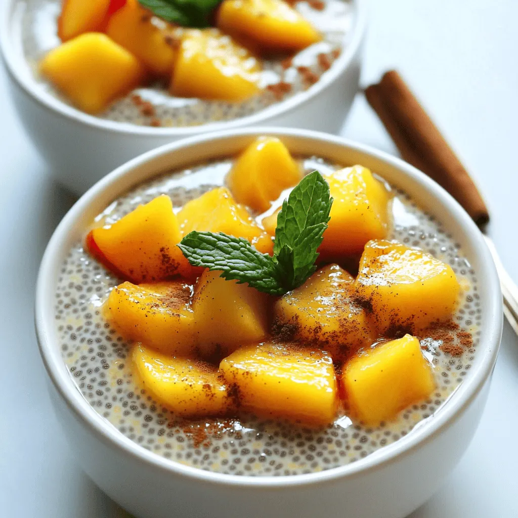 Für deinen Pfirsich-Chia-Pudding brauchst du nur einige einfache Zutaten. Hier ist, was du benötigst: - 1 Tasse Mandelmilch (oder Milch nach Wahl) - 1/4 Tasse Chia-Samen - 2 reife Pfirsiche, gewürfelt (einige für das Topping zurückbehalten) - 2 Esslöffel Ahornsirup (oder Honig) - 1 Teelöffel Vanilleextrakt - Eine Prise Salz - 1/2 Teelöffel Zimt (optional) - Frische Minzblätter zum Garnieren Diese Zutaten bringen viel Geschmack und Nährstoffe in deinen Snack. Die Chia-Samen sind klein, aber sehr nahrhaft. Sie sind voller Ballaststoffe und Omega-3-Fettsäuren. Du kannst auch andere Zutaten verwenden, wenn du magst. Wenn du keine Mandelmilch hast, probiere Kokosmilch oder Sojamilch. Diese Alternativen bieten einen anderen Geschmack und sind ebenfalls lecker. Für den Süßstoff kannst du auch Agavendicksaft verwenden. Wenn du keine Pfirsiche finden kannst, benutze andere Früchte. Mango oder Beeren passen gut. Sie geben dem Pudding eine neue Note. Frische Pfirsiche haben einen tollen Geschmack. Sie sind saftig und süß. Du kannst sie leicht schneiden und vorbereiten. Gefrorene Pfirsiche sind ebenfalls eine gute Option. Sie sind oft günstiger und immer verfügbar. Außerdem sind sie einfach zu lagern. Wenn du gefrorene Pfirsiche verwendest, lasse sie zuerst auftauen. So können sie den Pudding gut durchziehen. Beide Varianten sind lecker, also wähle die, die du am liebsten magst! Für das komplette Rezept, schau dir den [Full Recipe] an. Um den Pfirsich-Chia-Pudding zu machen, beginne mit einer Schüssel. Gieße eine Tasse Mandelmilch hinein. Füge 2 Esslöffel Ahornsirup und 1 Teelöffel Vanilleextrakt hinzu. Eine Prise Salz macht den Geschmack besser. Rühre alles gut mit einem Schneebesen. Jetzt streue 1/4 Tasse Chia-Samen hinein und rühre erneut. Diese kleinen Samen quellen und machen den Pudding dick. Danach füge die gewürfelten Pfirsiche hinzu. Hebe sie vorsichtig unter, damit sie nicht zerdrückt werden. Decke die Schüssel mit Frischhaltefolie oder einem Deckel ab. Stelle sie für mindestens 4 Stunden oder über Nacht in den Kühlschrank. Die Chia-Samen nehmen die Flüssigkeit auf. So wird der Pudding fest. Nach der Kühlzeit rühre den Pudding gut um. Überprüfe die Konsistenz. Ist er zu dick? Dann füge einen Spritzer Mandelmilch hinzu, bis die gewünschte Dicke erreicht ist. Verteile die Mischung in Schalen oder Bechern. Halte ein paar Pfirsichwürfel für das Topping zurück. Dekoriere jede Portion mit diesen. Eine Prise Zimt macht das Ganze noch besser. Vergiss nicht, frische Minzblätter darauf zu legen. Sie geben dem Pudding Farbe und Frische. So wird dein Pfirsich-Chia-Pudding ein echter Hingucker! Du findest das vollständige Rezept im Abschnitt „Zutaten“. Ein häufiger Fehler ist, die Chia-Samen nicht gut zu vermischen. Dadurch kann der Pudding klumpig werden. Achte darauf, die Samen gleichmäßig in der Flüssigkeit zu verteilen. Ein weiterer Fehler ist, den Pudding nicht lange genug kühlen zu lassen. Die Chia-Samen müssen Zeit haben, um die Flüssigkeit aufzunehmen. Lass ihn mindestens vier Stunden oder über Nacht im Kühlschrank. Lagere deinen Pfirsich-Chia-Pudding in einem luftdichten Behälter. So bleibt er frisch und lecker. Du kannst ihn bis zu fünf Tage im Kühlschrank aufbewahren. Wenn du den Pudding länger aufbewahren möchtest, friere ihn ein. Achte darauf, dass du ihn in Portionen einfrierst. So kannst du immer eine Portion entnehmen. Du kannst das Rezept leicht anpassen. Füge zum Beispiel andere Früchte wie Beeren oder Bananen hinzu. Für einen anderen Geschmack, probiere Kokosmilch anstelle von Mandelmilch. Das gibt deinem Pudding eine tropische Note. Wenn du es süßer magst, kannst du mehr Ahornsirup oder Honig hinzufügen. Denk daran, die Menge nach deinem Geschmack anzupassen. Für den vollen Genuss, schau dir das Full Recipe an und entdecke neue Möglichkeiten! {{image_4}} Du kannst viele Früchte in deinen Pfirsich-Chia-Pudding einfügen. Himbeeren, Erdbeeren oder Mangos passen gut dazu. Diese Früchte bringen frische und Farbe in das Gericht. Du kannst auch Aromen wie Kokos oder Kakao hinzufügen. Ein Hauch von Zimt verleiht dem Pudding eine warme Note. Experimentiere mit verschiedenen Kombinationen. So findest du deinen persönlichen Favoriten. Dieses Rezept ist leicht vegan und glutenfrei. Verwende einfach Mandelmilch oder eine andere pflanzliche Milch. Achte darauf, dass der verwendete Sirup vegan ist. Du kannst Honig durch Agavendicksaft ersetzen. Alle Zutaten sind von Natur aus glutenfrei. So ist der Pudding für alle geeignet. Diese Anpassungen machen das Gericht vielseitig und lecker. Möchtest du mehr Protein? Füge griechischen Joghurt oder pflanzliches Proteinpulver hinzu. Diese Zutaten machen deinen Pudding nahrhafter. Du kannst auch Nüsse oder Samen als Topping verwenden. Diese sorgen für einen knackigen Biss und zusätzliche Nährstoffe. So wird der Pfirsich-Chia-Pudding zu einem vollständigen Frühstück. Du kannst ihn auch vor der Arbeit zubereiten. So hast du immer ein schnelles und gesundes Frühstück zur Hand. Chia-Samen sind kleine Kraftpakete voller Nährstoffe. Sie enthalten viel Ballaststoffe, die gut für die Verdauung sind. Diese Samen sind auch reich an Omega-3-Fettsäuren, die das Herz unterstützen. Zudem bieten sie Proteine, die beim Muskelaufbau helfen. Chia-Samen sind einfach zu verwenden und nehmen Flüssigkeit gut auf, was sie ideal für Pudding macht. Durch das Einweichen in Flüssigkeit quellen sie auf und sorgen für eine tolle Konsistenz. Pfirsiche sind nicht nur lecker, sondern auch gesund. Sie sind reich an Vitaminen wie Vitamin C, das das Immunsystem stärkt. Diese Früchte enthalten auch Antioxidantien, die Zellen schützen. Pfirsiche haben viel Wasser, was zur Hydratation beiträgt. Zudem sind sie kalorienarm und können beim Gewichtsmanagement helfen. Ihre süße Note macht sie zu einer perfekten Ergänzung in vielen Gerichten, auch im Pfirsich-Chia-Pudding. Eine Portion Pfirsich-Chia-Pudding hat etwa 200 Kalorien. Die Hauptbestandteile bringen verschiedene Nährstoffe mit sich. Chia-Samen liefern etwa 6 Gramm Protein pro Portion. Pfirsiche fügen frische Vitamine hinzu. Mandelmilch ist eine kalorienarme Option, die ebenfalls gesunde Fette bietet. Die Kombination dieser Zutaten macht den Pudding nahrhaft und sättigend. Für die genauen Nährwerte, einschließlich Kohlenhydrate und Fette, schauen Sie sich das Full Recipe an. Pfirsich-Chia-Pudding hält sich im Kühlschrank bis zu fünf Tage. Lagern Sie ihn in einem luftdichten Behälter. So bleibt er frisch und lecker. Achten Sie darauf, ihn gut zu verschließen. Nach ein paar Tagen können die Pfirsiche ihre Frische verlieren. Wenn Sie also frische Früchte mögen, essen Sie ihn besser schneller. Ja, Sie können ungesüßte Mandelmilch verwenden. Diese Milch ist eine tolle Option, wenn Sie den Zuckergehalt reduzieren möchten. Der Pudding wird trotzdem lecker, da die Pfirsiche natürlich süß sind. Achten Sie darauf, dass die anderen Zutaten gut zusammenpassen, um den vollen Geschmack zu erreichen. Die Konsistenz lässt sich leicht anpassen. Fügen Sie mehr Mandelmilch hinzu, wenn er zu dick ist. Rühren Sie gut um, um alles gleichmäßig zu verteilen. Wenn der Pudding zu dünn ist, lassen Sie ihn länger im Kühlschrank. Die Chia-Samen saugen mehr Flüssigkeit auf und machen ihn dicker. So erreichen Sie die perfekte Textur für Ihren Geschmack. Der Pfirsich-Chia-Pudding ist einfach und lecker. Wir haben die Hauptzutaten, Alternativen und den frischen oder gefrorenen Einsatz besprochen. Sie wissen nun, wie man den Pudding zubereitet, kühlt und anrichtet. Ich hoffe, die Tipps helfen Ihnen, Fehler zu vermeiden und den Pudding perfekt zu lagern. Variationen und Nährwertinfos zeigen, wie gut dieser Snack ist. Genießen Sie Ihren Pudding als gesundes Frühstück oder Snack!
