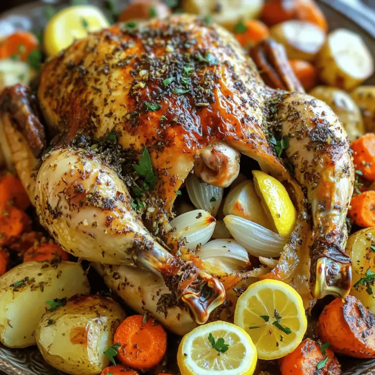 Für ein köstliches Knoblauch Kräuter Geröstetes Hähnchen benötigst du folgende Hauptzutaten: - 1 ganzes Hähnchen (ca. 1,8-2,3 kg) - 4 Esslöffel Olivenöl - 6 Knoblauchzehen, fein gehackt - 1 Zitrone, in Spalten geschnitten - 1 Zwiebel, geviertelt Diese Zutaten liefern die Basis für einen tollen Geschmack. Das Hähnchen wird saftig, und der Knoblauch bringt eine herrliche Note. Die richtigen Gewürze und Kräuter machen den Unterschied. Hier sind die wichtigen: - 2 Teelöffel getrockneter Thymian - 2 Teelöffel getrockneter Rosmarin - 2 Teelöffel getrockneter Oregano - Salz und frisch gemahlener schwarzer Pfeffer nach Geschmack Die Kräuter geben dem Hähnchen ein aromatisches Profil. Diese Mischung sorgt für einen vollmundigen Geschmack, der zusammen mit dem Hähnchen harmoniert. Zusätzlich kannst du frische Kräuter verwenden, wie Petersilie oder Thymian. Diese Kräuter dienen zur Garnierung und bringen Frische ins Gericht. Sie sehen auch toll aus, wenn du das Hähnchen servierst. Die Zwiebel und Zitrone im Inneren des Hähnchens helfen, den Geschmack zu verbessern. Sie geben Aromen ab, die das Hähnchen durchziehen. Diese kleinen Details machen dein Gericht besonders. Für das vollständige Rezept schaue dir die [Full Recipe] an. Zuerst heize deinen Ofen auf 220°C vor. Spüle das Hähnchen unter kaltem Wasser ab. Tupfe es dann mit Küchenpapier trocken. Das hilft, die Haut knusprig zu machen. Jetzt nimm eine kleine Schüssel und vermische das Olivenöl, den gehackten Knoblauch, Thymian, Rosmarin, Oregano, Salz und Pfeffer. Diese Kräutermischung wird das Hähnchen großartig würzen. Hebe vorsichtig die Haut des Hähnchens an. Achte darauf, dass du sie nicht zerreißt. Reibe etwa die Hälfte der Kräutermischung unter die Haut und die restliche Mischung außen auf das Hähnchen. Die Kräutermischung ist der Schlüssel zu diesem Rezept. Sie gibt dem Hähnchen viel Geschmack. Die Kombination aus Knoblauch und getrockneten Kräutern bringt ein tolles Aroma. Wenn du frische Kräuter hast, kannst du diese auch verwenden. Das gibt dem Gericht eine noch frischere Note. Vergiss nicht, die Bauchhöhle des Hähnchens mit Zitronenspalten und Zwiebeln zu füllen. Diese Zutaten sorgen für zusätzlichen Geschmack beim Garen. Lege das Hähnchen in eine Bratpfanne oder auf ein Backblech. Binde die Beine mit Küchenschnur zusammen, wenn nötig. Röste das Hähnchen etwa 1 Stunde und 15 Minuten. Es ist fertig, wenn die Säfte klar sind. Dabei kannst du mit einem Messer zwischen dem Bein und dem Körper stechen. Die Kerntemperatur sollte 75°C erreichen. Bepinsle das Hähnchen während des Garens mit den eigenen Säften. Lass das Hähnchen nach dem Rösten 10-15 Minuten ruhen. Dadurch bleiben die Säfte im Fleisch. Serviere das Hähnchen auf einer großen Platte mit frischen Kräutern. Für mehr Details schaue dir das [Full Recipe] an. Um ein perfektes Knoblauch Kräuter geröstetes Hähnchen zu machen, sollten Sie einige Fehler vermeiden. - Das Hähnchen nicht abspülen: Spülen Sie das Hähnchen immer gründlich ab. So entfernen Sie Bakterien. - Zu wenig Gewürze verwenden: Verwenden Sie genug Kräuter und Gewürze. Sie geben dem Hähnchen Geschmack. - Die Haut nicht anheben: Heben Sie die Haut vorsichtig an. Reiben Sie die Kräutermischung darunter für mehr Aroma. Die Zubereitung Ihres Hähnchens ist der Schlüssel zum Erfolg. Hier sind einige Tipps: - Richtige Temperatur: Heizen Sie den Ofen auf 220°C vor. So wird die Haut knusprig. - Kerntemperatur prüfen: Die ideale Kerntemperatur ist 75°C. So ist das Hähnchen durchgegart. - Ruhen lassen: Lassen Sie das Hähnchen nach dem Rösten ruhen. Das macht das Fleisch saftiger. Variationen können Ihr Hähnchen aufpeppen. Probieren Sie diese Ideen: - Zitrusfrüchte hinzufügen: Fügen Sie Orangen oder Limetten in die Bauchhöhle hinzu. Sie geben einen frischen Geschmack. - Kräuter mischen: Experimentieren Sie mit verschiedenen Kräutern. Basilikum oder Estragon sind tolle Optionen. - Balsamico-Glasur: Bepinseln Sie das Hähnchen mit Balsamico-Glasur. Das gibt eine süß-säuerliche Note. Für detaillierte Anweisungen schauen Sie sich das [Full Recipe] an. {{image_4}} Diese Variante bringt frische Aromen ins Spiel. Fügen Sie einfach Orangen- oder Limettenspalten ins Hähnchen. Der Saft sorgt für einen tollen Geschmack. Die Zitrusfrüchte machen das Fleisch saftig und aromatisch. Sie können auch etwas Zitronenschale in die Kräutermischung geben. Das gibt der Mischung mehr Tiefe und Frische. Bringen Sie einen neuen Twist mit asiatischen Aromen. Ersetzen Sie das Olivenöl durch Sesamöl. Fügen Sie Sojasauce und Ingwer zur Kräutermischung hinzu. Diese Zutaten geben dem Hähnchen einen herzhaften Geschmack. Servieren Sie das Hähnchen mit Reis und gebratenem Gemüse. Ein Spritzer Limettensaft darüber macht das Gericht perfekt. Wenn Sie eine vegetarische Option suchen, probieren Sie Baby-Paprika oder Auberginen. Marinieren Sie diese mit der gleichen Kräutermischung. Rösten Sie sie im Ofen, bis sie zart sind. Diese Optionen sind gesund und lecker. Sie können sie auch mit Quinoa oder einem frischen Salat servieren. Diese Gerichte bringen Farbe und Geschmack auf Ihren Tisch. Für mehr Details zu den Zubereitungsschritten schauen Sie sich das [Full Recipe] an. Nach dem Genießen von Knoblauch Kräuter geröstetem Hähnchen bleiben oft Reste. Bewahren Sie diese in einem luftdichten Behälter auf. Lassen Sie das Hähnchen zuerst auf Raumtemperatur abkühlen. Decken Sie den Behälter gut zu, um den Geschmack zu bewahren. Um das Hähnchen wieder aufzuwärmen, nutzen Sie den Ofen. Heizen Sie ihn auf 180°C vor. Legen Sie das Hähnchen auf ein Backblech. Bedecken Sie es mit Aluminiumfolie, damit es nicht austrocknet. Erwärmen Sie es für etwa 20 bis 25 Minuten. Überprüfen Sie die Innentemperatur. Sie sollte mindestens 75°C betragen. Im Kühlschrank bleibt das Hähnchen bis zu vier Tage frisch. Achten Sie darauf, dass der Behälter gut verschlossen ist. Im Gefrierfach kann das Hähnchen bis zu drei Monate halten. Zum Einfrieren schneiden Sie das Hähnchen in Portionen. Wickeln Sie jede Portion in Frischhaltefolie ein und legen Sie sie in einen Gefrierbeutel. So bleibt der Geschmack erhalten. Das Hähnchen sollte etwa 1 Stunde und 15 Minuten angebraten werden. Ich empfehle, die Kerntemperatur zu prüfen. Sie sollte 75°C oder 165°F erreichen. Dadurch bleibt das Fleisch saftig. Wenn du die Haut knusprig magst, bepinsle das Hähnchen während des Bratens mit den eigenen Säften. Ja, du kannst frische Kräuter verwenden. Frische Kräuter bringen mehr Geschmack. Ich mag es, frischen Thymian oder Rosmarin zu verwenden. Zerhacke sie grob und reibe sie unter die Haut. Das gibt dem Hähnchen einen tollen, frischen Geschmack. Geröstetes Hähnchen passt gut zu vielen Beilagen. Hier sind einige tolle Optionen: - Geröstete Kartoffeln - Gedünstetes Gemüse wie Karotten oder Brokkoli - Ein frischer grüner Salat - Reis oder Quinoa als gesunde Beilage Du kannst die Beilagen nach deinem Geschmack anpassen. Es gibt viele Möglichkeiten, die Mahlzeit zu ergänzen. Für die besten Ergebnisse, schau dir das Full Recipe an. Dieses Rezept zeigt, wie man Knoblauch Kräuter Geröstetes Hähnchen zubereitet. Wir haben die Hauptzutaten und ihre Bedeutung besprochen. Ich habe eine einfache Schritt-für-Schritt-Anleitung gegeben. Tipps helfen, Fehler zu vermeiden und die perfekte Zubereitung zu garantieren. Variationen bieten zusätzliche Geschmäcker, während Lagerungshinweise nützlich sind. Denke daran, dass gutes Essen Freude bringt. Probiere die verschiedenen Varianten aus und genieße dein Hähnchen!
