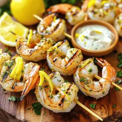 Für das Rezept benötigst du diese Hauptzutaten: - 450 g große Garnelen, geschält und entdarmt - 3 Esslöffel Olivenöl - 2 Esslöffel frischer Zitronensaft - Abrieb von 1 Zitrone - 3 Knoblauchzehen, fein gehackt - 2 Esslöffel frische Petersilie, gehackt - 1 Esslöffel frischer Dill, gehackt - 1 Teelöffel Salz - ½ Teelöffel schwarzer Pfeffer - Spieße (wenn aus Holz, vorher in Wasser einweichen) Um die Garnelen perfekt zu grillen, brauchst du einige Utensilien: - Eine große Schüssel für die Marinade - Grillzange oder eine Kelle - Grill (Holzkohle oder Gas) - Küchenmesser und Schneidebrett - Spieße für die Garnelen Wenn du frische Garnelen auswählst, achte auf Folgendes: - Die Garnelen sollten fest und glänzend sein. - Sie dürfen keinen starken Fischgeruch haben. - Achte darauf, dass die Schale intakt ist und keine Verfärbungen zeigt. - Kaufe, wenn möglich, nachhaltige Garnelen aus vertrauenswürdigen Quellen. Mit diesen Tipps bist du bereit für die Zubereitung von Zitronen-Kräuter Gegrillte Garnelen. Es wird einfach und köstlich! Du findest das vollständige Rezept [hier](#). Um die Marinade zu machen, nimm eine große Schüssel. Vermische 3 Esslöffel Olivenöl, 2 Esslöffel Zitronensaft und den Abrieb von 1 Zitrone. Füge 3 fein gehackte Knoblauchzehen, 2 Esslöffel gehackte Petersilie und 1 Esslöffel gehackten Dill dazu. Gib 1 Teelöffel Salz und ½ Teelöffel schwarzen Pfeffer hinzu. Rühre alles gut um, bis die Zutaten gut vermischt sind. Diese Marinade gibt den Garnelen viel Geschmack und Frische. Jetzt kommen die Garnelen ins Spiel. Nimm 450 g große, geschälte und entdarmte Garnelen. Gib sie in die Marinade und mische alles gut durch. Stelle sicher, dass jede Garnele gleichmäßig mit der Marinade bedeckt ist. Decke die Schüssel mit Frischhaltefolie ab und lass sie mindestens 30 Minuten im Kühlschrank marinieren. So ziehen die Aromen tief in die Garnelen ein. Heize deinen Grill auf mittelhohe Hitze vor. Stecke die marinierten Garnelen auf Spieße. Nutze etwa 4-5 Garnelen pro Spieß. Achte darauf, dass sie gleichmäßig verteilt sind. Lege die Spieße auf den Grill und grille die Garnelen für ca. 2-3 Minuten pro Seite. Du weißt, dass sie fertig sind, wenn sie pink und undurchsichtig sind. Übergrille sie nicht, da sie sonst trocken werden. Nach dem Grillen nimm die Spieße vom Grill und serviere sie sofort. Für eine schöne Präsentation, lege die Spieße auf eine Platte. Garniere sie mit frischer Petersilie und Zitronenspalten. Ein Becher mit Knoblauchbutter als Dip macht das Gericht noch köstlicher. Die beste Grilltemperatur für Garnelen liegt bei mittelhoher Hitze. So wird das Innere der Garnelen zart und saftig. Heizen Sie den Grill auf etwa 200 bis 230 Grad Celsius vor. Ein heißer Grill sorgt dafür, dass die Garnelen schnell garen. Sie bekommen auch ein schönes Grillmuster. Um sicherzustellen, dass der Grill die richtige Temperatur hat, können Sie die Handfläche über den Grill halten. Wenn Sie die Hitze nach 3 bis 4 Sekunden nicht mehr aushalten, ist der Grill bereit. Garnelen grillen Sie idealerweise 2 bis 3 Minuten pro Seite. Sie sind fertig, wenn sie pink und undurchsichtig werden. Achten Sie darauf, sie nicht zu lange zu grillen. Übergekochte Garnelen können gummiartig werden. Ein guter Tipp ist, sie sofort nach dem Wenden zu beobachten. Wenn sie sich leicht biegen, sind sie perfekt. Ein häufiger Fehler ist, die Garnelen zu lange zu marinieren. Ein bis zwei Stunden reichen aus. Zu langes Marinieren kann die Textur beeinträchtigen. Ein weiterer Fehler ist, die Garnelen zu nah am Grillfeuer zu platzieren. Dadurch können sie schnell anbrennen. Setzen Sie die Spieße stattdessen gleichmäßig auf den Grill. Vermeiden Sie es auch, die Garnelen zu oft zu bewegen. Lassen Sie sie für den Grillgeschmack an einem Platz. Nutzen Sie diese Tipps, um Ihre Zitronen-Kräuter Gegrillte Garnelen perfekt zuzubereiten! Für das vollständige Rezept schauen Sie sich die [Full Recipe] an. {{image_4}} Sie können die Garnelen mit vielen Kräutern zubereiten. Petersilie und Dill sind beliebt, aber Sie können auch andere Kräuter verwenden. Thymian, Oregano oder Basilikum geben einen tollen Geschmack. Mischen Sie die Kräuter in die Marinade. So können Sie jeden Bissen einzigartig machen. Um einen intensiveren Geschmack zu erzielen, probieren Sie eingelegte oder geräucherte Zitronen. Diese bringen eine ganz neue Dimension. Schneiden Sie die Zitronen in dünne Scheiben und fügen Sie sie der Marinade hinzu. Durch das Räuchern entsteht ein rauchiger Geschmack, der die Garnelen perfekt ergänzt. Experimentieren Sie mit der Menge, um Ihren perfekten Geschmack zu finden. Wenn Sie Garnelen nicht mögen, gibt es viele Alternativen. Hähnchenbrust eignet sich gut, da sie den Geschmack der Marinade aufnimmt. Sie können auch Tofu verwenden, wenn Sie eine pflanzliche Option wollen. Fisch wie Lachs oder Forelle funktioniert ebenfalls. Achten Sie darauf, die Kochzeit anzupassen, damit alles gut durch ist. Verpassen Sie nicht die Gelegenheit, die Marinade mit verschiedenen Proteinen zu testen. So bleiben Ihre Mahlzeiten spannend und lecker. Wenn Sie nach dem Grillen Garnelen übrig haben, lassen Sie sie zuerst abkühlen. Legen Sie sie dann in einen luftdichten Behälter. Dies schützt die Garnelen vor Feuchtigkeit und Gerüchen. Sie können sie bis zu drei Tage im Kühlschrank aufbewahren. Achten Sie darauf, die Garnelen nicht zu lange stehen zu lassen. So bleibt der Geschmack frisch. Wenn Sie mehr Garnelen machen oder die Marinade vorbereiten möchten, können Sie beides einfrieren. Geben Sie die Marinade und die Garnelen in einen Gefrierbeutel. Drücken Sie die Luft heraus und verschließen Sie den Beutel gut. So bleiben die Aromen erhalten. Sie können die Garnelen bis zu drei Monate im Gefrierfach lagern. Zum Auftauen legen Sie sie einfach über Nacht in den Kühlschrank. Im Kühlschrank sind die Garnelen bis zu drei Tage haltbar. Wenn Sie die Garnelen schon einmal gekocht haben, sollten Sie diese Frist beachten. Achten Sie auf Anzeichen von Verderb, wie einen unangenehmen Geruch oder eine schleimige Textur. Vertrauen Sie Ihrem Gefühl. Wenn etwas nicht stimmt, werfen Sie die Garnelen weg. Sicherheit geht vor! Ich empfehle, etwa 100 bis 150 Gramm Garnelen pro Person zu servieren. Das bedeutet, dass du bei einer Portion von vier Personen etwa 450 Gramm Garnelen benötigst. So hat jeder genug, um zufrieden zu sein. Wenn du Gäste hast, kannst du ruhig etwas mehr machen. Garnelen sind leicht und lecker, und die Leute essen oft gerne mehr. Ja, gefrorene Garnelen sind eine gute Wahl. Achte darauf, sie vor dem Kochen vollständig aufzutauen. Du kannst sie über Nacht im Kühlschrank auftauen oder sie in kaltem Wasser auftauen. Dies hilft, die Textur zu bewahren. Gefrorene Garnelen sind oft frisch gefangen und können genauso gut schmecken wie frische. Stelle sicher, dass du die Garnelen gut abtrocknest, bevor du sie marinierst. Für Zitronen-Kräuter gegrillte Garnelen passen viele Beilagen gut. Hier sind einige meiner Favoriten: - Gegrilltes Gemüse wie Paprika, Zucchini und Spargel - Ein frischer gemischter Salat mit einem leichten Dressing - Knoblauchbrot oder Ciabatta - Reis, besonders mit Zitrone oder Kräutern gewürzt - Couscous oder Quinoa für eine gesunde Option Diese Beilagen ergänzen den Geschmack der Garnelen wunderbar und sorgen für ein ausgewogenes Essen. Du kannst auch einen leckeren Dip wie Knoblauchbutter oder Aioli dazu servieren. Zitronen-Kräuter gegrillte Garnelen sind einfach und lecker. Du hast gelernt, welche Zutaten du brauchst und wie du sie zubereitest. Die Tipps helfen dir, perfekte Garnelen zu grillen. Variationen in den Zutaten machen das Gericht spannend. Denk an die Lagerungshinweise, um Reste frisch zu halten. Mit diesem Wissen kannst du jetzt deine Grillfähigkeiten verbessern. Probiere verschiedene Kräuter und Marinaden aus. Lass die Aromen deinen Grillabend zum Erlebnis machen!