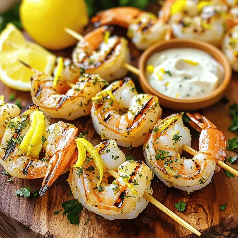 Für das Rezept benötigst du diese Hauptzutaten: - 450 g große Garnelen, geschält und entdarmt - 3 Esslöffel Olivenöl - 2 Esslöffel frischer Zitronensaft - Abrieb von 1 Zitrone - 3 Knoblauchzehen, fein gehackt - 2 Esslöffel frische Petersilie, gehackt - 1 Esslöffel frischer Dill, gehackt - 1 Teelöffel Salz - ½ Teelöffel schwarzer Pfeffer - Spieße (wenn aus Holz, vorher in Wasser einweichen) Um die Garnelen perfekt zu grillen, brauchst du einige Utensilien: - Eine große Schüssel für die Marinade - Grillzange oder eine Kelle - Grill (Holzkohle oder Gas) - Küchenmesser und Schneidebrett - Spieße für die Garnelen Wenn du frische Garnelen auswählst, achte auf Folgendes: - Die Garnelen sollten fest und glänzend sein. - Sie dürfen keinen starken Fischgeruch haben. - Achte darauf, dass die Schale intakt ist und keine Verfärbungen zeigt. - Kaufe, wenn möglich, nachhaltige Garnelen aus vertrauenswürdigen Quellen. Mit diesen Tipps bist du bereit für die Zubereitung von Zitronen-Kräuter Gegrillte Garnelen. Es wird einfach und köstlich! Du findest das vollständige Rezept [hier](#). Um die Marinade zu machen, nimm eine große Schüssel. Vermische 3 Esslöffel Olivenöl, 2 Esslöffel Zitronensaft und den Abrieb von 1 Zitrone. Füge 3 fein gehackte Knoblauchzehen, 2 Esslöffel gehackte Petersilie und 1 Esslöffel gehackten Dill dazu. Gib 1 Teelöffel Salz und ½ Teelöffel schwarzen Pfeffer hinzu. Rühre alles gut um, bis die Zutaten gut vermischt sind. Diese Marinade gibt den Garnelen viel Geschmack und Frische. Jetzt kommen die Garnelen ins Spiel. Nimm 450 g große, geschälte und entdarmte Garnelen. Gib sie in die Marinade und mische alles gut durch. Stelle sicher, dass jede Garnele gleichmäßig mit der Marinade bedeckt ist. Decke die Schüssel mit Frischhaltefolie ab und lass sie mindestens 30 Minuten im Kühlschrank marinieren. So ziehen die Aromen tief in die Garnelen ein. Heize deinen Grill auf mittelhohe Hitze vor. Stecke die marinierten Garnelen auf Spieße. Nutze etwa 4-5 Garnelen pro Spieß. Achte darauf, dass sie gleichmäßig verteilt sind. Lege die Spieße auf den Grill und grille die Garnelen für ca. 2-3 Minuten pro Seite. Du weißt, dass sie fertig sind, wenn sie pink und undurchsichtig sind. Übergrille sie nicht, da sie sonst trocken werden. Nach dem Grillen nimm die Spieße vom Grill und serviere sie sofort. Für eine schöne Präsentation, lege die Spieße auf eine Platte. Garniere sie mit frischer Petersilie und Zitronenspalten. Ein Becher mit Knoblauchbutter als Dip macht das Gericht noch köstlicher. Die beste Grilltemperatur für Garnelen liegt bei mittelhoher Hitze. So wird das Innere der Garnelen zart und saftig. Heizen Sie den Grill auf etwa 200 bis 230 Grad Celsius vor. Ein heißer Grill sorgt dafür, dass die Garnelen schnell garen. Sie bekommen auch ein schönes Grillmuster. Um sicherzustellen, dass der Grill die richtige Temperatur hat, können Sie die Handfläche über den Grill halten. Wenn Sie die Hitze nach 3 bis 4 Sekunden nicht mehr aushalten, ist der Grill bereit. Garnelen grillen Sie idealerweise 2 bis 3 Minuten pro Seite. Sie sind fertig, wenn sie pink und undurchsichtig werden. Achten Sie darauf, sie nicht zu lange zu grillen. Übergekochte Garnelen können gummiartig werden. Ein guter Tipp ist, sie sofort nach dem Wenden zu beobachten. Wenn sie sich leicht biegen, sind sie perfekt. Ein häufiger Fehler ist, die Garnelen zu lange zu marinieren. Ein bis zwei Stunden reichen aus. Zu langes Marinieren kann die Textur beeinträchtigen. Ein weiterer Fehler ist, die Garnelen zu nah am Grillfeuer zu platzieren. Dadurch können sie schnell anbrennen. Setzen Sie die Spieße stattdessen gleichmäßig auf den Grill. Vermeiden Sie es auch, die Garnelen zu oft zu bewegen. Lassen Sie sie für den Grillgeschmack an einem Platz. Nutzen Sie diese Tipps, um Ihre Zitronen-Kräuter Gegrillte Garnelen perfekt zuzubereiten! Für das vollständige Rezept schauen Sie sich die [Full Recipe] an. {{image_4}} Sie können die Garnelen mit vielen Kräutern zubereiten. Petersilie und Dill sind beliebt, aber Sie können auch andere Kräuter verwenden. Thymian, Oregano oder Basilikum geben einen tollen Geschmack. Mischen Sie die Kräuter in die Marinade. So können Sie jeden Bissen einzigartig machen. Um einen intensiveren Geschmack zu erzielen, probieren Sie eingelegte oder geräucherte Zitronen. Diese bringen eine ganz neue Dimension. Schneiden Sie die Zitronen in dünne Scheiben und fügen Sie sie der Marinade hinzu. Durch das Räuchern entsteht ein rauchiger Geschmack, der die Garnelen perfekt ergänzt. Experimentieren Sie mit der Menge, um Ihren perfekten Geschmack zu finden. Wenn Sie Garnelen nicht mögen, gibt es viele Alternativen. Hähnchenbrust eignet sich gut, da sie den Geschmack der Marinade aufnimmt. Sie können auch Tofu verwenden, wenn Sie eine pflanzliche Option wollen. Fisch wie Lachs oder Forelle funktioniert ebenfalls. Achten Sie darauf, die Kochzeit anzupassen, damit alles gut durch ist. Verpassen Sie nicht die Gelegenheit, die Marinade mit verschiedenen Proteinen zu testen. So bleiben Ihre Mahlzeiten spannend und lecker. Wenn Sie nach dem Grillen Garnelen übrig haben, lassen Sie sie zuerst abkühlen. Legen Sie sie dann in einen luftdichten Behälter. Dies schützt die Garnelen vor Feuchtigkeit und Gerüchen. Sie können sie bis zu drei Tage im Kühlschrank aufbewahren. Achten Sie darauf, die Garnelen nicht zu lange stehen zu lassen. So bleibt der Geschmack frisch. Wenn Sie mehr Garnelen machen oder die Marinade vorbereiten möchten, können Sie beides einfrieren. Geben Sie die Marinade und die Garnelen in einen Gefrierbeutel. Drücken Sie die Luft heraus und verschließen Sie den Beutel gut. So bleiben die Aromen erhalten. Sie können die Garnelen bis zu drei Monate im Gefrierfach lagern. Zum Auftauen legen Sie sie einfach über Nacht in den Kühlschrank. Im Kühlschrank sind die Garnelen bis zu drei Tage haltbar. Wenn Sie die Garnelen schon einmal gekocht haben, sollten Sie diese Frist beachten. Achten Sie auf Anzeichen von Verderb, wie einen unangenehmen Geruch oder eine schleimige Textur. Vertrauen Sie Ihrem Gefühl. Wenn etwas nicht stimmt, werfen Sie die Garnelen weg. Sicherheit geht vor! Ich empfehle, etwa 100 bis 150 Gramm Garnelen pro Person zu servieren. Das bedeutet, dass du bei einer Portion von vier Personen etwa 450 Gramm Garnelen benötigst. So hat jeder genug, um zufrieden zu sein. Wenn du Gäste hast, kannst du ruhig etwas mehr machen. Garnelen sind leicht und lecker, und die Leute essen oft gerne mehr. Ja, gefrorene Garnelen sind eine gute Wahl. Achte darauf, sie vor dem Kochen vollständig aufzutauen. Du kannst sie über Nacht im Kühlschrank auftauen oder sie in kaltem Wasser auftauen. Dies hilft, die Textur zu bewahren. Gefrorene Garnelen sind oft frisch gefangen und können genauso gut schmecken wie frische. Stelle sicher, dass du die Garnelen gut abtrocknest, bevor du sie marinierst. Für Zitronen-Kräuter gegrillte Garnelen passen viele Beilagen gut. Hier sind einige meiner Favoriten: - Gegrilltes Gemüse wie Paprika, Zucchini und Spargel - Ein frischer gemischter Salat mit einem leichten Dressing - Knoblauchbrot oder Ciabatta - Reis, besonders mit Zitrone oder Kräutern gewürzt - Couscous oder Quinoa für eine gesunde Option Diese Beilagen ergänzen den Geschmack der Garnelen wunderbar und sorgen für ein ausgewogenes Essen. Du kannst auch einen leckeren Dip wie Knoblauchbutter oder Aioli dazu servieren. Zitronen-Kräuter gegrillte Garnelen sind einfach und lecker. Du hast gelernt, welche Zutaten du brauchst und wie du sie zubereitest. Die Tipps helfen dir, perfekte Garnelen zu grillen. Variationen in den Zutaten machen das Gericht spannend. Denk an die Lagerungshinweise, um Reste frisch zu halten. Mit diesem Wissen kannst du jetzt deine Grillfähigkeiten verbessern. Probiere verschiedene Kräuter und Marinaden aus. Lass die Aromen deinen Grillabend zum Erlebnis machen!