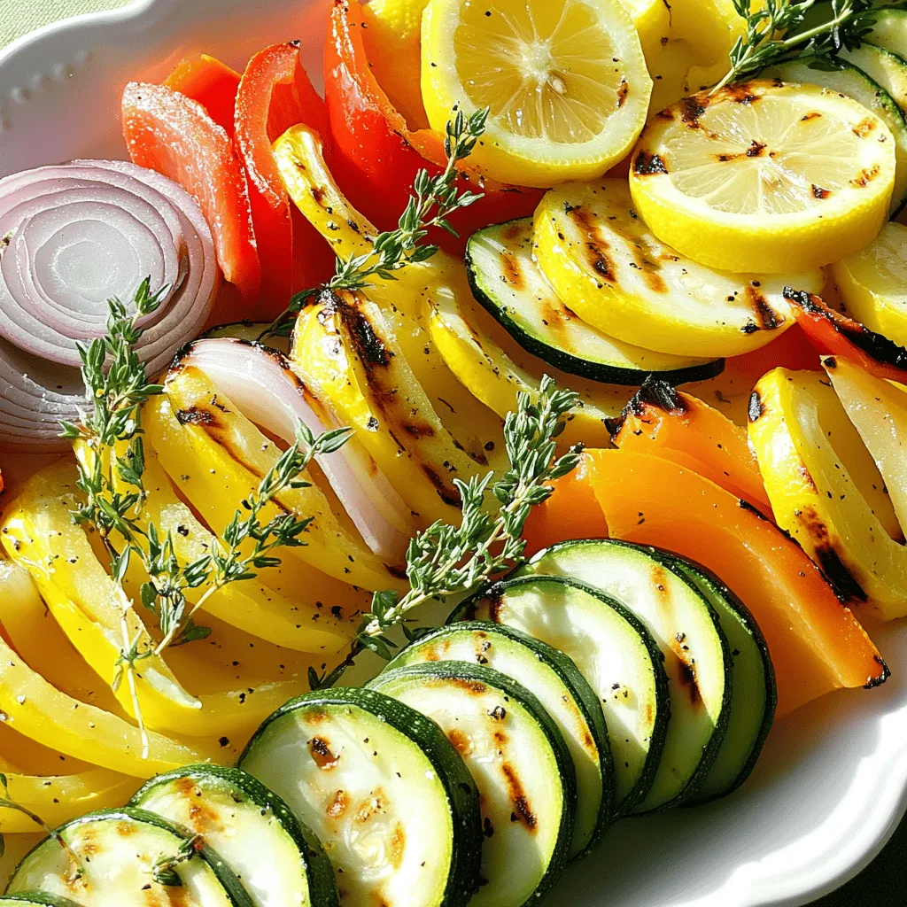 - Zucchini, Paprika und Kirschtomaten Diese Gemüsesorten sind perfekt für das Grillen. Die Zucchini wird weich und saftig. Die Paprika gibt Farbe und Süße. Kirschtomaten sorgen für einen süßen, frischen Biss. - Olivenöl und Zitronenabrieb Olivenöl sorgt für Geschmack und hilft, das Gemüse gleichmäßig zu grillen. Der Zitronenabrieb bringt einen frischen, zitrusartigen Kick. Das macht das Gericht lebendig und hell. - Thymian und Gewürze Thymian bringt ein tolles Aroma. Er passt gut zu den anderen Zutaten. Salz und Pfeffer sind wichtig für den Geschmack. Sie heben die Aromen des Gemüses hervor. Wenn du mehr über die genauen Mengen erfahren möchtest, schau dir bitte das [Full Recipe] an. Zuerst schneiden wir das Gemüse. Nimm eine Zucchini und schneide sie in Halbmonde. Schneide eine gelbe und eine rote Paprika in Streifen. Verwende eine rote Zwiebel und schneide sie in Spalten. Halbiere eine Tasse Kirschtomaten. Mische alles gut in einer großen Schüssel. Jetzt machen wir die Marinade. In einer kleinen Schüssel vermischst du 3 Esslöffel Olivenöl, den Abrieb und den Saft von 1 Zitrone. Füge 2 Esslöffel frische Thymianblätter hinzu. Würze mit Salz und schwarzem Pfeffer. Gieße die Marinade über das Gemüse und mische alles gut. Lasse das Gemüse etwa 15 Minuten marinieren. Heize den Grill auf mittlere Temperatur vor. Das ist wichtig, um das Gemüse gleichmäßig zu garen. Du kannst einen Grillkorb verwenden, um zu verhindern, dass das Gemüse durchfällt. Alternativ kannst du auch Aluminiumfolie nutzen. Diese hilft, das Gemüse zu halten und gibt dir schöne Grillspuren. Jetzt kommt der spannende Teil: das Grillen! Lege das marinierte Gemüse in den Grillkorb. Verteile es gleichmäßig, damit es gut gart. Grill das Gemüse für 8 bis 10 Minuten. Wende es alle paar Minuten mit einer Zange, um gleichmäßige Grillspuren zu bekommen. Warte, bis das Gemüse zart ist und schöne Grillspuren zeigt. Nimm das Gemüse vom Grill und lege es auf eine Servierplatte. Schmecke es ab und serviere es warm. Dieses zesty Lemon Thyme gegrilltes Gemüse ist ein Genuss! Du findest das vollständige Rezept unter [Full Recipe]. Wie lange solltest du das Gemüse marinieren? Eine Marinierzeit von etwa 15 Minuten reicht. Diese Zeit hilft, die Aromen gut aufzunehmen. Du kannst die Mischung auch länger ziehen lassen, aber achte darauf, dass das Gemüse nicht zu weich wird. Das Zitronenöl dringt in jedes Stück ein und gibt einen frischen Geschmack. Was ist die richtige Hitze für das Grillen? Du solltest den Grill auf mittelhohe Temperatur vorheizen. Dies sorgt dafür, dass das Gemüse gleichmäßig gart. Hohe Hitze kann das Gemüse verbrennen, während niedrige Hitze es matschig macht. Ein Temperaturbereich von etwa 180 bis 200 Grad Celsius ist ideal. Wie kannst du das Gemüse anrichten? Arrangiere das gegrillte Gemüse bunt auf einer weißen Servierplatte. Das hebt die Farben hervor. Ein zusätzlicher Spritzer Zitronensaft sorgt für Frische. Du kannst auch frische Thymianzweige oder dünne Zitronenscheiben als Garnitur verwenden. Das macht das Gericht nicht nur lecker, sondern auch ansprechend. Für das vollständige Rezept, schau dir das [Full Recipe] an. {{image_4}} Für Lemon Thyme Gegrilltes Gemüse gibt es viele tolle Alternativen. Du kannst Karotten, Auberginen oder Brokkoli verwenden. Diese Gemüsesorten bringen neue Texturen und Geschmäcker. Denke daran, sie in gleichmäßige Stücke zu schneiden. So garen sie gleichmäßig und schnell. Neben Thymian kannst du auch andere Kräuter nutzen. Rosmarin, Oregano oder Basilikum passen gut. Diese Kräuter bringen einen anderen Geschmack in dein Gericht. Experimentiere mit den Kräutern, die du magst. Das gibt deinem Gemüse ein neues Leben. Zusätzliche Gewürze bringen noch mehr Geschmack. Versuche, Kreuzkümmel oder Paprika hinzuzufügen. Diese Gewürze geben ein warmes Aroma. Auch ein Hauch von Chili kann das Gemüse aufpeppen. Sei kreativ und finde deine Lieblingsmischung. Das macht das Essen spannend und lecker. Für das vollständige Rezept, schaue dir das [Full Recipe] an. Bewahre übrig gebliebenes gegrilltes Gemüse im Kühlschrank auf. Lege es in einen luftdichten Behälter. So bleibt es frisch und lecker. Du kannst es bis zu drei Tage lang aufbewahren. Wenn du es länger aufbewahren möchtest, friere es ein. Das Gemüse bleibt bis zu drei Monate im Gefrierfach gut. Achte darauf, das Gemüse in Portionen zu teilen. So taust du nur die Menge auf, die du benötigst. Um gegrilltes Gemüse aufzuwärmen, gibt es einige gute Methoden. Du kannst es in der Mikrowelle erhitzen. Stelle die Mikrowelle auf mittlere Leistung. Erhitze das Gemüse in kurzen Intervallen. So bleibt es zart und saftig. Eine andere Methode ist das Erhitzen in einer Pfanne. Erhitze etwas Olivenöl in der Pfanne und gebe das Gemüse hinzu. Brate es kurz an, bis es warm ist. Für das beste Ergebnis, verwende den Ofen. Heize den Ofen auf 180 Grad Celsius vor. Lege das Gemüse auf ein Backblech und backe es für etwa 10 Minuten. So bleibt der Geschmack frisch, und das Gemüse erhält eine schöne Textur. Das Grillen von Gemüse braucht Zeit. Die optimalen Grillzeiten sind: - Zucchini: 8-10 Minuten - Paprika: 8-10 Minuten - Rote Zwiebel: 8-10 Minuten - Kirschtomaten: 5-7 Minuten Achte darauf, das Gemüse regelmäßig zu wenden. So wird es gleichmäßig gar und bekommt schöne Grillstreifen. Ja, du kannst das Rezept einfach vegan machen. Alle Zutaten sind pflanzlich. Nutze Olivenöl, frisches Gemüse und Kräuter. Wenn du einen zusätzlichen Kick möchtest, füge etwas Knoblauch oder Chili hinzu. Das macht das Gericht noch spannender. Gegrilltes Gemüse ist vielseitig. Hier sind einige Ideen: - Reis oder Quinoa als Beilage - Gegrillte Brote oder Fladenbrot - Frischer Salat mit Zitronendressing Das Gemüse passt auch gut zu Fleisch oder Fisch. Du kannst es als Hauptgericht oder als Beilage servieren. Für das vollständige Rezept schau dir den Abschnitt "Full Recipe" an. Grillgemüse ist einfach und lecker. Wir haben die Hauptzutaten erkundet und die Schritte zum Grillen erläutert. Du kannst das Gemüse nach deinem Geschmack marinieren und die richtigen Grilltechniken anwenden. Variationen bringen viel Abwechslung auf den Grill. Denke daran, dass das Aufbewahren und Aufwärmen auch wichtig sind. So bleibt dein Grillgenuss frisch und köstlich. Jetzt hast du alle Infos, um dein Gemüse perfekt zu grillen. Lass dem Grillen deinen kreativen Touch geben!