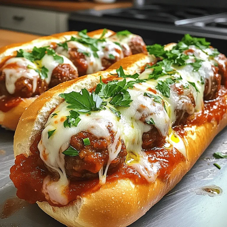 - 450 g Rinderhackfleisch - 120 g Semmelbrösel - 30 g frisch geriebener Parmesan - 30 g frische Petersilie, gehackt - 1 Knoblauchzehe, fein gehackt - 1 Ei, verquirlt - Salz und Pfeffer nach Geschmack Die Basis für meine Fleischbällchen ist Rinderhackfleisch. Es hat einen tollen Geschmack und macht die Bällchen saftig. Ich benutze auch Semmelbrösel. Diese helfen, die Fleischbällchen zusammenzuhalten. Parmesan bringt einen reichen, salzigen Geschmack. Petersilie gibt frische Noten. Knoblauch fügt einen herzhaften Kick hinzu. Ein Ei bindet alles. Salz und Pfeffer sind wichtig für den Geschmack. - 480 ml Marinara-Sauce - 4 Sub-Brötchen - 100 g geriebener Mozzarella-Käse - Olivenöl zum Beträufeln Für die Sauce verwende ich Marinara. Sie ist einfach und lecker. Sub-Brötchen sind perfekt, um die Fleischbällchen zu halten. Mozzarella sorgt dafür, dass alles schön schmilzt. Ein wenig Olivenöl auf den Brötchen macht sie goldbraun. Diese Zutaten bringen das Gericht zusammen und geben ihm den letzten Schliff. Um das vollständige Rezept zu finden, schau dir bitte die [Full Recipe] an. Heize deinen Ofen auf 190 °C vor. Das ist wichtig, damit die Fleischbällchen schön knusprig werden. In einer großen Schüssel vermenge das Rinderhackfleisch, die Semmelbrösel, den Parmesan, die Petersilie, den Knoblauch, das Ei sowie Salz und Pfeffer. Mische alles gut, aber sei vorsichtig. Du willst die Mischung nur gerade eben verbinden, um das Fleisch nicht zu überarbeiten. Jetzt forme aus der Mischung gleichmäßige Fleischbällchen. Sie sollten etwa 2,5 cm groß sein. Lege sie auf ein Backblech. Backe die Fleischbällchen im vorgeheizten Ofen für 20 bis 25 Minuten. Sie sind fertig, wenn sie durchgegart und goldbraun sind. Während die Fleischbällchen backen, erhitze die Marinara-Sauce in einem Topf bei mittlerer Hitze. Wenn die Fleischbällchen fertig sind, lege sie vorsichtig in die Sauce und lasse sie für 5 Minuten köcheln. Öffne die Sub-Brötchen und beträufle die Innenseiten leicht mit Olivenöl. Fülle jedes Brötchen mit den Fleischbällchen und etwas Sauce. Bestreue sie mit geriebenem Mozzarella-Käse. Sets die Sandwiches nochmals für 5 bis 7 Minuten in den Ofen, bis der Käse schmilzt und sprudelt. Lass die Sandwiches eine Minute abkühlen, bevor du sie servierst. Bei der Präsentation kannst du sie auf einem Platter anrichten und mit frischer Petersilie garnieren. Eine Schale mit extra Marinara-Sauce zum Dippen ist auch eine tolle Idee. Für die vollständige Anleitung schaue dir das Full Recipe an. Um die besten Fleischbällchen zu machen, ist es wichtig, das Fleisch nicht zu überarbeiten. Wenn Sie zu fest kneten, werden sie hart. Mischen Sie die Zutaten einfach, bis sie verbunden sind. Passen Sie die Gewürze und Aromen an Ihren Geschmack an. Fügen Sie etwas Paprika für Schärfe oder italienische Kräuter für mehr Tiefe hinzu. Experimentieren Sie mit verschiedenen Kräutern wie Oregano oder Basilikum. Die Präsentation macht viel aus. Servieren Sie die Sandwiches auf einem schönen Platter. Garnieren Sie sie mit frischer Petersilie. Bieten Sie eine Schale extra Marinara-Sauce zum Dippen an. Für Beilagen empfehle ich einen einfachen grünen Salat oder knusprige Pommes. Diese ergänzen das Sandwich gut und sorgen für eine ausgewogene Mahlzeit. {{image_4}} Für eine vegetarische Option können Sie Tofu oder Linsen verwenden. Tofu hat einen milden Geschmack und nimmt Aromen gut auf. Sie können ihn zerdrücken und mit Gewürzen mischen. Linsen sind nahrhaft und geben einen leckeren Biss. Beide Optionen machen die Fleischbällchen gesund und lecker. Ein weiterer Spaß ist, verschiedene Käsesorten auszuprobieren. Mozzarella ist klassisch, aber Sie können auch Cheddar oder Gouda verwenden. Jeder Käse bringt seinen eigenen Geschmack mit. Experimentieren Sie mit Käse, um Ihr Sandwich zu personalisieren. Eine hausgemachte Marinara-Sauce ist oft frischer als gekaufte. Sie können frische Tomaten, Zwiebeln und Knoblauch nutzen. Kochen Sie die Zutaten langsam, um den vollen Geschmack zu entfalten. Wenn die Zeit knapp ist, ist eine gekaufte Sauce eine gute Wahl. Sie spart Zeit und schmeckt immer noch gut. Zusätzlich können Sie mit Gewürzen und Aromen spielen. Fügen Sie Basilikum, Oregano oder sogar eine Prise Chili hinzu, um die Sauce zu würzen. Experimentieren Sie, um die perfekte Balance für Ihren Geschmack zu finden. Um die frisch zubereiteten Fleischbällchen-Sandwiches gut zu lagern, folgen Sie diesen einfachen Schritten: - Kühlschranklagerung: Lassen Sie die Sandwiches zuerst abkühlen. Wickeln Sie sie in Frischhaltefolie oder legen Sie sie in einen luftdichten Behälter. So bleiben sie für 3 bis 4 Tage frisch. - Gefrieroptionen: Wenn Sie mehr Sandwiches machen, können Sie einige einfrieren. Wickeln Sie sie gut in Frischhaltefolie und dann in Aluminiumfolie. So halten sie sich bis zu 3 Monate im Gefrierfach. Um Ihre Fleischbällchen-Sandwiches wieder aufzuwärmen, beachten Sie diese Tipps: - Beste Methoden zur Aufwärmung: Der Ofen ist die beste Wahl. Heizen Sie ihn auf 180 °C vor. Wickeln Sie die Sandwiches in Aluminiumfolie, um sie feucht zu halten. Backen Sie sie für etwa 15 Minuten. - Tipp für den Verlust der Textur vermeiden: Vermeiden Sie die Mikrowelle, wenn möglich. Sie macht das Brot weich. Das Aufwärmen im Ofen sorgt dafür, dass die Kruste knusprig bleibt und die Füllung warm wird. Diese Lagerungs- und Wiedererwärmungstipps helfen Ihnen, Ihre köstlichen Fleischbällchen-Sandwiches in bester Form zu halten. Für das vollständige Rezept besuchen Sie bitte [Full Recipe]. Fleischbällchen-Sandwiches halten sich bis zu drei Tage im Kühlschrank. Um die Frische zu bewahren, lege sie in einen luftdichten Behälter. Achte darauf, die Sandwiches vor dem Lagern abzukühlen. Wenn du sie richtig aufbewahrst, bleiben die Aromen und die Textur gut. Ja, du kannst die Fleischbällchen im Voraus zubereiten. Forme die Bällchen und koche sie dann. Lass sie abkühlen und lege sie in den Kühlschrank. Du kannst die Bällchen auch einfrieren. So hast du immer eine schnelle Mahlzeit bereit. Wenn du sie auftauen möchtest, lass sie über Nacht im Kühlschrank. Wenn du keine Marinara-Sauce magst, gibt es viele Alternativen. Du kannst BBQ-Sauce, Pesto oder sogar eine Käsesauce verwenden. Diese Optionen geben deinen Sandwiches einen neuen Geschmack. Sei kreativ mit Gewürzen, um die Sauce anzupassen. Zusammenfassend habe ich die wichtigsten Zutaten und Schritte für köstliche Fleischbällchen-Sandwiches vorgestellt. Wir haben Rinderhackfleisch, Semmelbrösel und Mozzarella besprochen. Die Zubereitung ist einfach und macht Spaß. Wichtig sind die Tipps zur Optimierung und Präsentation. Du kannst sogar vegetarische Varianten ausprobieren. Achte auf die richtige Lagerung, damit deine Sandwiches frisch bleiben. Mit diesen Tipps wirst du schnell zum Meister der Fleischbällchen-Sandwiches!