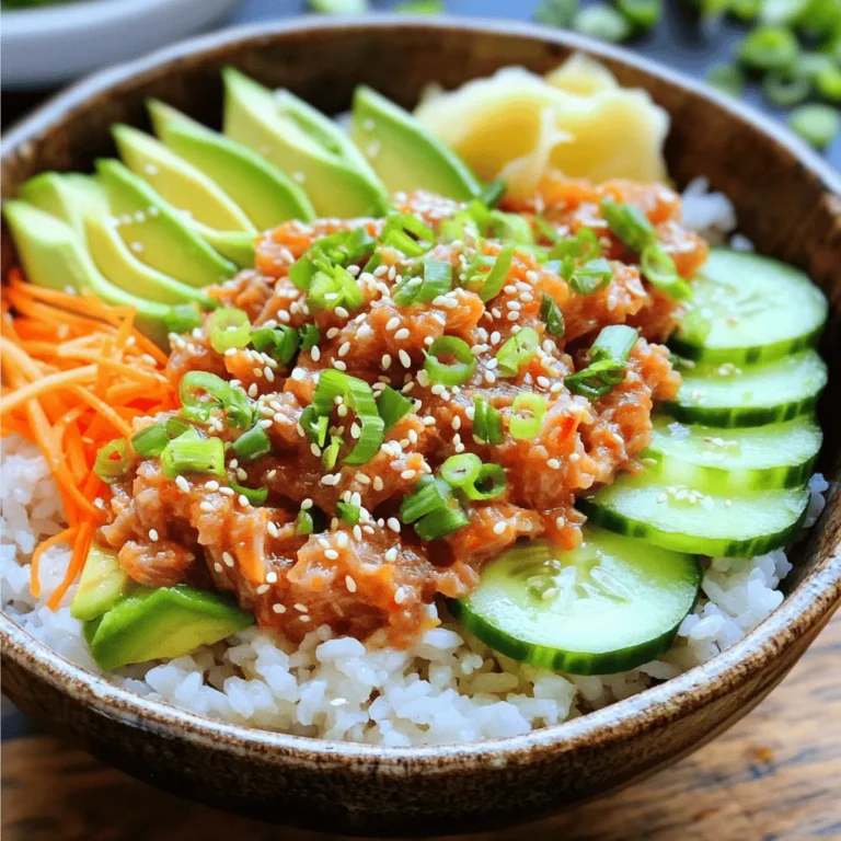 - 1 Tasse Sushi-Reis - 1 1/4 Tassen Wasser - 1 Esslöffel Reisessig - 1 Teelöffel Zucker - 1/2 Teelöffel Salz - 1 Dose (5 oz) Thunfisch in Wasser, abgetropft - 1 Esslöffel Mayonnaise (idealerweise japanische Mayonnaise) - 1 Teelöffel Sriracha (oder mehr für zusätzlichen Schwung) - 1 kleine Avocado, in Scheiben geschnitten - 1/2 Gurke, dünn geschnitten - 1/4 Tasse geraspelte Karotten - 2 Frühlingszwiebeln, gehackt - 1 Teelöffel Sesamkörner - Sojasauce, zum Servieren Sushi-Reis ist die Basis für diese Schalen. Er gibt den Gerichten die richtige Textur. Thunfisch bringt nicht nur Geschmack, sondern auch Protein. Die Gewürze wie Sriracha geben den Schalen einen tollen Kick. Frisches Gemüse sorgt für Farbe und Crunch. - Sojasauce - Garnierungen Sojasauce ist ein Muss zum Servieren. Sie ergänzt den Reis und den Thunfisch perfekt. Für Garnierungen kannst du frische Kräuter oder zusätzliche Sesamkörner verwenden. Diese kleinen Details machen das Gericht noch ansprechender. Sie bringen auch mehr Geschmack. Für das vollständige Rezept von diesen leckeren Schalen, schau dir die Full Recipe an. 1. Spülen Sie den Sushi-Reis unter kaltem Wasser ab. Das Wasser sollte klar sein. Dies entfernt die Stärke. 2. Kochen Sie den Reis mit 1 ¼ Tassen Wasser in einem Topf. Bringen Sie es zum Kochen und decken Sie den Topf ab. Lassen Sie es 18 Minuten lang köcheln. 3. Nehmen Sie den Topf vom Herd und lassen Sie den Reis 10 Minuten ruhen. Dies sorgt für gleichmäßige Feuchtigkeit. 4. Vermengen Sie in einer kleinen Schüssel 1 Esslöffel Reisessig, 1 Teelöffel Zucker und ½ Teelöffel Salz. Rühren Sie bis es sich auflöst. 5. Falten Sie die Mischung vorsichtig in den warmen Reis. Lassen Sie den Reis auf Raumtemperatur abkühlen. 1. Entleeren Sie eine Dose Thunfisch in Wasser und lassen Sie sie abtropfen. 2. Geben Sie den Thunfisch in eine Schüssel. Fügen Sie 1 Esslöffel Mayonnaise und 1 Teelöffel Sriracha hinzu. 3. Rühren Sie alles gut um, bis der Thunfisch gleichmäßig bedeckt ist. 1. Verteilen Sie den abgekühlten Reis gleichmäßig auf Servierschalen. 2. Garnieren Sie jede Schale mit der würzigen Thunfischmischung. 3. Fügen Sie Avocadoscheiben, Gurkenscheiben, geraspelte Karotten und gehackte Frühlingszwiebeln hinzu. 4. Bestreuen Sie die Schalen mit Sesamkörnern für mehr Geschmack. 5. Servieren Sie die Schalen mit Sojasauce, die Sie zum Dippen verwenden können. Für das vollständige Rezept, schauen Sie sich das Rezept für würzige Thunfisch Sushi-Schalen an. Die richtige Zubereitung des Reises ist der Schlüssel. Spüle den Sushi-Reis gut. So entfernst du überschüssige Stärke. Dadurch wird der Reis locker und klebrig, ideal für Sushi. Koche den Reis genau 18 Minuten. Lass ihn danach 10 Minuten ruhen. Dies sorgt für die perfekte Konsistenz. Die Balance von Gewürzen und Zutaten ist wichtig. Mische den Reisessig, Zucker und Salz gut. Füge diese Mischung vorsichtig dem warmen Reis hinzu. So erhält der Reis einen feinen Geschmack. Um Zeit zu sparen, bereite einige Zutaten im Voraus vor. Du kannst den Reis schon am Abend vorher kochen. Lass ihn über Nacht abkühlen. Auch die Thunfischmischung ist schnell gemacht. Mische sie einfach am Vortag. So kannst du am nächsten Tag schnell deine Sushi-Bowls zusammenstellen. Die Präsentation macht viel aus. Serviere die Sushi-Bowls in bunten Schalen. Das sieht schön aus und macht Appetit. Garnieren kannst du mit frischen Kräutern oder weiteren Sesamkörnern. Ein paar Scheiben frischer Limette bringen Farbe. Für einen besonderen Effekt kannst du auch essbare Blüten hinzufügen. So werden deine Bowls zum Hingucker! {{image_4}} Wenn Sie eine vegetarische Option suchen, probieren Sie Tofu oder Tempeh. Diese Zutaten haben einen milden Geschmack und nehmen die Gewürze gut auf. Tofu ist weich und cremig, während Tempeh einen festen Biss hat. Schneiden Sie sie in kleine Würfel und marinieren Sie sie in Sojasauce oder Sriracha. Braten Sie sie leicht an, um einen tollen Geschmack zu erzielen. Diese Alternativen machen jede Sushi-Bowl nahrhaft und lecker. Variieren Sie Ihre Gewürze, um neue Geschmäcker zu entdecken. Anstelle von Sriracha können Sie auch Gochujang verwenden. Diese koreanische Chilipaste hat eine süße Note und gibt der Bowl einen einzigartigen Kick. Eine Mischung aus Sojasauce, Sesamöl und Ingwer kann ebenfalls für zusätzlichen Geschmack sorgen. Experimentieren Sie mit verschiedenen Saucen, um Ihren eigenen Favoriten zu finden. Für mehr Textur und Geschmack fügen Sie weitere Toppings hinzu. Geröstete Nüsse, wie Mandeln oder Cashews, geben einen knusprigen Biss. Frisches Gemüse wie Radieschen oder Paprika bringt Farbe und Vitamine in Ihre Bowl. Auch Algen oder frische Kräuter wie Koriander passen hervorragend. Diese Extras machen Ihre Sushi-Bowl nicht nur lecker, sondern auch ansprechend. Sie finden die vollständigen Details in [Full Recipe]. Um die Reste der Spicy Tuna Sushi Bowls zu lagern, lege sie in einen luftdichten Behälter. Diese Schalen halten sich im Kühlschrank bis zu zwei Tage. Achte darauf, den Reis und die anderen Zutaten nicht zu lange stehen zu lassen. Die Frische der Zutaten ist wichtig für den Geschmack. Meal Prep macht das Kochen einfach. Koche den Sushi-Reis und bereite die würzige Thunfischmischung am Abend vorher zu. Bewahre den Reis und die Thunfischmischung getrennt auf. So bleiben die Zutaten frisch. Am nächsten Tag kannst du einfach alles zusammenstellen. Das spart Zeit und du hast ein leckeres Mittagessen. Kann man Sushi-Bowls einfrieren? Das ist nicht ideal, da der Reis seine Textur verliert. Auch die frischen Zutaten wie Avocado und Gurke werden matschig. Du kannst den Reis jedoch einfrieren. Koche ihn, lasse ihn abkühlen und lege ihn in einen Gefrierbeutel. So bleibt der Reis bis zu einem Monat haltbar. Wenn du ihn verwenden möchtest, tau ihn einfach im Kühlschrank auf. Die Zubereitung dauert insgesamt etwa 45 Minuten. Die Vorbereitungszeit beträgt 15 Minuten, während das Kochen des Reises 18 Minuten in Anspruch nimmt. Nach dem Kochen lasse ich den Reis noch 10 Minuten ruhen, um die perfekte Konsistenz zu erreichen. Es gibt viele Alternativen, wenn du keinen Thunfisch magst oder brauchst. Hier sind einige proteinreiche Optionen: - Lachs - Garnelen - Tofu - Hähnchenbrust - Kichererbsen Jede dieser Optionen bringt ihren eigenen Geschmack in die Sushi-Schalen. Ja, du kannst diese Sushi-Schalen einfach vegan machen. Hier sind einige Tipps: - Verwende Tofu oder Tempeh anstelle von Thunfisch. - Ersetze die Mayonnaise durch eine vegane Variante oder Cashewcreme. - Füge mehr Gemüse wie Paprika oder Radieschen hinzu. Das gibt den Schalen noch mehr Farbe und Geschmack. Du kannst auch die Sriracha mit einer veganen Sauce ersetzen, um die Schärfe zu kontrollieren. In diesem Artikel haben wir die Zutaten für scharfe Thunfisch-Sushi-Schalen besprochen. Ich habe erklärt, wie man Sushi-Reis und die würzige Thunfischmischung zubereitet. Auch Tipps zur Präsentation und Lagerung waren wichtig. Die Variationen wie vegetarische Alternativen machen das Rezept vielseitig. Experimentieren lohnt sich, um neue Geschmäcker zu entdecken. Denke daran, frisch zu arbeiten und Spaß beim Zubereiten zu haben. So wird jedes Sushi zum Genuss!