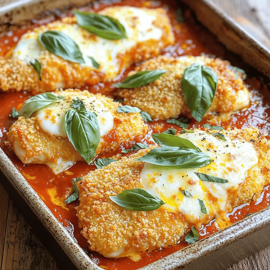 Für mein Baked Chicken Parmesan benötigst du einige einfache, aber leckere Zutaten. Hier ist die Liste: - 4 Hähnchenbrustfilets, ohne Knochen und Haut - 1 Tasse Semmelbrösel (vorzugsweise italienisch gewürzt) - 1/2 Tasse geriebener Parmesan - 1 Tasse Marinara-Sauce (hausgemacht oder aus dem Geschäft) - 1 1/2 Tassen geriebener Mozzarella - 2 große Eier, verquirlt - 1 Teelöffel Knoblauchpulver - 1 Teelöffel getrockneter Oregano - Salz und Pfeffer nach Geschmack - Frische Basilikumblätter zur Garnitur (optional) - Olivenöl-Spray Wenn du die besten Zutaten auswählst, achte auf Frische und Qualität. Hier sind einige Tipps: - Hähnchenbrust: Wähle saftige, frische Hähnchenbrust. Bio ist oft besser. - Käse: Verwende echten Parmesankäse und frischen Mozzarella für besten Geschmack. - Semmelbrösel: Italienisch gewürzte Semmelbrösel geben mehr Aroma. - Marinara-Sauce: Hausgemacht schmeckt toll, aber auch eine gute gekaufte Sauce ist fein. - Kräuter: Frische Kräuter wie Basilikum machen das Gericht lebendig. Die Nährwerte für Baked Chicken Parmesan sind wichtig für eine gesunde Ernährung. Hier sind einige allgemeine Informationen: - Hähnchenbrust: Hoch in Protein und wenig Fett. - Käse: Liefert Kalzium, hat aber auch Fett. - Semmelbrösel: Gibt Kohlenhydrate, also in Maßen verwenden. - Eier: Bieten Protein und gesunde Fette. - Tomatensauce: Ist reich an Vitaminen und Antioxidantien. Mit diesen Zutaten bereitest du ein köstliches Baked Chicken Parmesan zu. Du kannst das komplette Rezept [Full Recipe] für die Zubereitung nutzen. Heizen Sie Ihren Ofen auf 200°C (400°F) vor. Dies ist wichtig, um das Hähnchen gleichmäßig zu garen. Nehmen Sie eine Auflaufform und sprühen Sie sie leicht mit Olivenöl-Spray ein. So bleibt das Hähnchen nicht kleben und bräunt schön. Nehmen Sie die Hähnchenbrustfilets und tauchen Sie sie in die verquirlten Eier. Lassen Sie überschüssige Flüssigkeit abtropfen. Jetzt kommt der spannende Teil: Wälzen Sie die Filets in der Semmelbrösel-Mischung. Drücken Sie leicht, damit die Panade gut haftet. So wird das Hähnchen schön knusprig. Legen Sie die panierten Hähnchenbrustfilets in die vorbereitete Auflaufform. Sprühen Sie die Oberseite leicht mit Olivenöl-Spray ein. Backen Sie das Hähnchen für 20-25 Minuten. Es ist fertig, wenn das Fleisch durchgegart und die Semmelbrösel goldbraun sind. Danach geben Sie Marinara-Sauce und Mozzarella auf die Filets. Backen Sie es für weitere 10-15 Minuten, bis der Käse schön geschmolzen ist. Lassen Sie das Hähnchen nach dem Backen ein paar Minuten ruhen. So bleibt es saftig. Um die perfekte Panade für dein Baked Chicken Parmesan zu erreichen, wähle die richtigen Zutaten. Beginne mit frischen Semmelbröseln. Ich benutze oft italienisch gewürzte Semmelbrösel, da sie mehr Geschmack bieten. Tauche das Hähnchen zuerst in die Eier. Lass überschüssige Flüssigkeit abtropfen. Wälze es dann gründlich in der Semmelbrösel-Mischung. Drücke leicht, damit die Panade haftet. Dies sorgt für eine knusprige Textur nach dem Backen. Wenn du eine glutenfreie Option suchst, ersetze die Semmelbrösel durch glutenfreie Paniermehl. Du kannst auch gemahlene Mandeln oder Kokosnussmehl verwenden. Diese Optionen geben dem Gericht eine neue Note. Für eine gesunde Variante, probiere das Hähnchen ohne Panade. Du kannst es einfach mit Gewürzen und Kräutern marinieren. - Dos: Achte darauf, den Ofen richtig vorzuheizen. Das sorgt für gleichmäßiges Garen. Verwende Olivenöl-Spray für eine schöne Bräunung. Lass das Hähnchen nach dem Backen ruhen, damit die Säfte erhalten bleiben. - Don'ts: Überlade die Auflaufform nicht. Jedes Stück Hähnchen braucht Platz, um knusprig zu werden. Vermeide es, das Hähnchen zu lange zu backen. So bleibt es saftig und zart. {{image_4}} Gemüse macht Baked Chicken Parmesan noch besser. Sie können Zucchini oder Spinat hinzufügen. Einfach das Gemüse klein schneiden. Mischen Sie es mit der Marinara-Sauce. So bekommt Ihr Gericht mehr Farbe und Geschmack. Wenn Sie eine neue Note möchten, probieren Sie Pesto! Es bringt einen frischen, kräuterigen Geschmack. Sie können auch eine weiße Sauce verwenden. Diese macht das Gericht cremiger. Beide Optionen sind lecker und geben dem Hähnchen einen neuen Twist. Käse ist der Star in diesem Gericht. Nutzen Sie verschiedene Käsesorten für neue Geschmäcker. Feta bringt eine salzige Note. Gouda ist cremig und süß. Experimentieren Sie mit verschiedenen Käsesorten. So bleibt Ihr Gericht immer spannend! Wenn Sie Reste von Baked Chicken Parmesan haben, bewahren Sie sie in einem luftdichten Behälter auf. Lassen Sie das Gericht auf Raumtemperatur abkühlen, bevor Sie es lagern. So bleibt der Geschmack erhalten. Stellen Sie sicher, dass der Behälter gut verschlossen ist, damit keine Luft eindringt. Um das Hähnchen wieder warm zu machen, nutzen Sie den Ofen. Heizen Sie ihn auf 180°C vor. Legen Sie das Hähnchen auf ein Backblech und decken Sie es leicht mit Alufolie ab. So bleibt es saftig und die Panade wird nicht zu trocken. Backen Sie es für 15-20 Minuten oder bis es durchgewärmt ist. Im Kühlschrank bleibt Baked Chicken Parmesan etwa 3-4 Tage frisch. Wenn Sie es länger aufbewahren möchten, frieren Sie es ein. In einem luftdichten Behälter hält es sich bis zu 3 Monate. Denken Sie daran, es gut zu kennzeichnen, damit Sie wissen, wann Sie es gemacht haben. Das Backen des Hähnchens dauert insgesamt etwa 30 bis 40 Minuten. Zuerst backen Sie die panierten Hähnchenbrustfilets 20 bis 25 Minuten. Dann fügen Sie die Marinara-Sauce und den Käse hinzu und backen weitere 10 bis 15 Minuten. So bleibt das Hähnchen saftig und zart. Ja, Sie können Baked Chicken Parmesan im Voraus zubereiten. Bereiten Sie das Hähnchen bis zur Backzeit vor. Lagern Sie es dann im Kühlschrank. Backen Sie es einfach kurz vor dem Servieren. So sparen Sie Zeit und können das Gericht frisch genießen. Das ursprüngliche Rezept ist nicht glutenfrei. Sie können jedoch glutenfreie Semmelbrösel verwenden. Diese sind in vielen Geschäften erhältlich. So bleibt der Geschmack gleich und passt zu Ihrer Diät. Um eine einfache Marinara-Sauce zu machen, benötigen Sie: - 1 Dose gehackte Tomaten - 2 Knoblauchzehen, gehackt - 1 Teelöffel Oregano - 1 Teelöffel Zucker - Salz und Pfeffer nach Geschmack Erhitzen Sie etwas Olivenöl in einem Topf. Fügen Sie den Knoblauch hinzu und braten Sie ihn kurz an. Dann fügen Sie die Tomaten, Oregano, Zucker, Salz und Pfeffer hinzu. Lassen Sie die Sauce 15 bis 20 Minuten köcheln. So erhalten Sie eine frische, leckere Sauce. Zu Baked Chicken Parmesan passen viele Beilagen gut. Hier sind einige Ideen: - Pasta mit einer leichten Sauce - Ein einfacher grüner Salat - Gegrilltes Gemüse - Knoblauchbrot Diese Beilagen ergänzen das Gericht perfekt und sorgen für ein ausgewogenes Essen. Baked Chicken Parmesan ist ein leckeres und einfaches Gericht. Wir haben die besten Zutaten, Zubereitungsschritte und Tipps besprochen. Auch Variationen und Lagerinfos waren wichtig. Du kannst mit Zutaten spielen und deine eigene Note hinzufügen. Denke an die Tipps zur Panade und wie du Reste aufbewahrst. Mit diesem Wissen machst du Baked Chicken Parmesan perfekt. Genieße das Kochen und teile deine Erfahrungen.