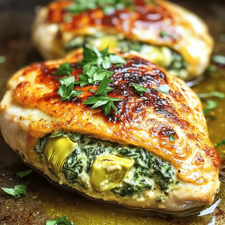 - 4 Hähnchenbrustfilets, ohne Haut und Knochen - 1 Tasse frischer Spinat, grob gehackt - 1 Tasse Artischockenherzen, abgetropft und grob gehackt Die Hauptzutaten sind einfach und frisch. Die Hähnchenbrust ist mager und zart. Spinat bringt Farbe und Vitamine. Artischockenherzen fügen einen tollen Geschmack hinzu. Diese Mischung macht das Gericht besonders. - 1 Tasse Frischkäse, weich - 1/2 Tasse geriebener Parmesan - 1/2 Tasse geriebener Mozzarella - 2 Knoblauchzehen, fein gehackt - 1 Teelöffel Zitronensaft - Salz und Pfeffer nach Geschmack Der Käse macht die Füllung cremig. Frischkäse sorgt für eine glatte Textur. Parmesan bringt einen herzhaften Geschmack. Mozzarella schmilzt schön. Knoblauch fügt eine würzige Note hinzu. Zitronensaft gibt Frische. Salz und Pfeffer runden alles ab. - Ofenfeste Pfanne - Schüssel - Zahnstocher Die richtigen Utensilien machen das Kochen leichter. Eine ofenfeste Pfanne ist wichtig für das Anbraten und Backen. Eine Schüssel hilft beim Mischen der Füllung. Zahnstocher sind nützlich, um die Hähnchenbrust zu sichern. Um alle Schritte und Details zu sehen, schau dir das Full Recipe an. Heize zuerst deinen Ofen auf 190°C (375°F) vor. Dies ist wichtig, damit das Hähnchen gleichmäßig gart. In einer Schüssel rührst du dann die Spinat- und Artischockenmischung an. Mische 1 Tasse frischen Spinat, 1 Tasse abgetropfte Artischockenherzen, 1 Tasse weichen Frischkäse, 1/2 Tasse geriebenen Parmesan, 1/2 Tasse geriebenen Mozzarella, 2 fein gehackte Knoblauchzehen und 1 Teelöffel Zitronensaft. Vergiss nicht, etwas Salz und Pfeffer nach Geschmack hinzuzufügen. Rühre alles gut durch, bis die Mischung gleichmäßig ist. Jetzt ist es Zeit, die Hähnchenbrust vorzubereiten. Schneide vorsichtig eine Tasche in die Seite jedes Hähnchenbrustfilets. Achte darauf, dass du nicht ganz durch das Fleisch schneidest. Fülle dann jede Hähnchenbrust mit der Spinat-Artischocken-Mischung. Wenn nötig, kannst du die Öffnung mit Zahnstochern sichern. So bleibt die Füllung an ihrem Platz und läuft nicht heraus. Erhitze in einer großen, ofenfesten Pfanne 1 Esslöffel Olivenöl bei mittlerer bis hoher Hitze. Wenn das Öl heiß ist, lege die gefüllten Hähnchenbrüste hinein. Brate sie etwa 4-5 Minuten auf jeder Seite, bis sie goldbraun sind. Übertrage dann die Pfanne in den vorgeheizten Ofen. Backe die Hähnchenbrüste für 25-30 Minuten oder bis sie durchgegart sind. Die innere Temperatur sollte 75°C (165°F) erreichen. Nimm die Pfanne aus dem Ofen und lasse die Hähnchenbrüste 5 Minuten ruhen, bevor du die Zahnstochern entfernst. Garniere sie mit gehackter Petersilie, um das Gericht schön zu präsentieren. Für die vollständige Anleitung, schaue dir die Full Recipe an. Um die beste Füllung zu machen, mische alles gut. Verteile die Mischung gleichmäßig in jede Hähnchenbrust. Das sorgt für einen tollen Geschmack in jedem Bissen. Du kannst auch verschiedene Käsesorten verwenden. Probiere Feta oder Cheddar für einen neuen Geschmack. Diese Käsesorten geben der Füllung einen anderen, aber leckeren Twist. Die Innentemperatur ist sehr wichtig. Achte darauf, dass sie 75°C (165°F) erreicht. Das garantiert, dass das Hähnchen sicher zu essen ist. Wenn du dickere Hähnchenbrüste verwendest, passe die Garzeit an. Es kann sein, dass sie länger im Ofen bleiben müssen. Ein gutes Fleischthermometer hilft dir, genau zu messen. Bei der Auswahl der Beilagen sind frische Salate eine tolle Wahl. Sie bringen Farbe und Frische auf den Teller. Geröstetes Gemüse passt auch gut dazu. Für Saucen oder Dips probiere einen leckeren Knoblauchdip oder eine cremige Joghurtsoße. Diese Ergänzungen machen das Gericht noch schmackhafter und interessanter. {{image_4}} Du kannst deine Spinach Artichoke Stuffed Chicken aufpeppen. Füge Gemüse wie Paprika oder Zucchini hinzu. Diese Optionen bringen Farbe und Geschmack. Auch verschiedene Käsesorten sind möglich. Probiere Feta oder Cheddar für einen anderen Geschmack. Diese Käsesorten geben deiner Füllung eine neue Note. Wenn du eine vegane oder vegetarische Option suchst, gibt es viele Wege. Ersetze das Hähnchen durch Portobello-Pilze oder Auberginen. Diese Alternativen fügen eine herzhafte Textur hinzu. Du kannst auch Tofu verwenden. Tofu nimmt die Aromen gut auf und ist eine gesunde Wahl. Geflügelersatzprodukte sind ebenfalls eine gute Idee, da sie oft proteinreich sind. Um den Geschmack zu vertiefen, füge Gewürze hinzu. Mediterrane Aromen wie Oregano oder Basilikum passen sehr gut. Diese Kräuter verleihen deinem Gericht Frische. Auch italienische Kräuter sind eine tolle Wahl. Sie bringen ein klassisches Flair in deine Füllung. Denk daran, die Gewürze nach deinem Geschmack zu dosieren. So machst du das Gericht noch interessanter. Für das vollständige Rezept besuche die [Full Recipe]. Um die gefüllten Hähnchenbrüste frisch zu halten, lagere sie in einem luftdichten Behälter. Stelle sicher, dass die Reste gut abgekühlt sind, bevor du sie einpackst. So bleibt der Geschmack und die Textur erhalten. Die Reste sind im Kühlschrank bis zu drei Tage haltbar. Wenn du sie länger aufbewahren möchtest, ist das Einfrieren eine gute Option. Um die gefüllten Hähnchenbrüste einzufrieren, lege sie in einen gefriergeeigneten Behälter oder in einen Gefrierbeutel. Achte darauf, die Luft herauszudrücken, um Gefrierbrand zu vermeiden. So bleiben die Hähnchenbrüste bis zu drei Monate frisch. Wenn du bereit bist, sie zu essen, nimm die Hähnchenbrüste aus dem Gefrierfach und lege sie über Nacht in den Kühlschrank, um sie langsam aufzutauen. Damit bleibt die beste Konsistenz erhalten. Du kannst sie auch direkt im Ofen oder in der Mikrowelle auftauen, aber achte darauf, die Temperatur niedrig zu halten, damit sie nicht garen. Die Zubereitungszeit für Spinats-Artischocken gefülltes Hähnchen beträgt etwa 15 Minuten. Die Gesamtzeit ist rund 50 Minuten. Diese Zeit umfasst das Vorbereiten, Braten und Backen des Hähnchens. So hast du ein schmackhaftes Gericht schnell auf dem Tisch. Ja, du kannst die Füllung im Voraus zubereiten. Mische einfach die Zutaten und bewahre sie im Kühlschrank auf. So bleibt die Füllung frisch. Du kannst sie bis zu zwei Tage im Voraus machen. Achte darauf, sie gut abzudecken, damit sie nicht austrocknet. Für dieses Gericht passen viele Beilagen gut. Ein frischer Salat ergänzt die Aromen perfekt. Geröstetes Gemüse ist auch eine tolle Wahl. Du kannst auch Reis oder Quinoa servieren. Diese Beilagen machen die Mahlzeit noch ausgewogener. In diesem Blogbeitrag haben wir die leckersten gefüllten Hähnchenbrustrezepte behandelt. Du hast gelernt, welche Zutaten du benötigst und wie du sie zubereitest. Ich habe dir Tipps gegeben, um perfekte Resultate zu erzielen. Du kannst deine Kreationen sogar variieren und anpassen. Denke daran, frische Zutaten zu wählen und deine Füllung spannend zu gestalten. So sorgst du für einen leckeren Genuss. Viel Spaß beim Kochen und guten Appetit!