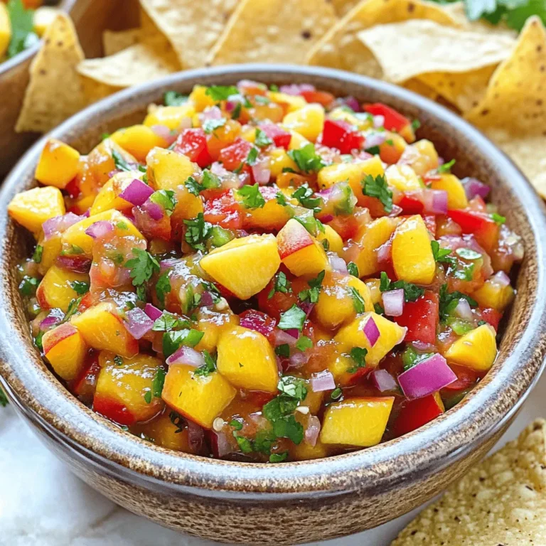 - 3 reife Pfirsiche, gewürfelt - 1/2 rote Paprika, fein gehackt - 1/4 rote Zwiebel, fein gehackt Die Hauptzutaten sind einfach zu finden. Frische Pfirsiche geben der Salsa ihre Süße. Achte darauf, dass die Pfirsiche reif sind. Sie sollten leicht nachgeben, wenn du drückst. Die rote Paprika bringt eine knackige Textur und eine schöne Farbe. Sie ist mild und süß. Die rote Zwiebel fügt einen tollen Geschmack hinzu. Sie macht die Salsa interessant und frisch. - 1 Jalapeño, entkernt und fein gehackt - 1/4 Tasse frischer Koriander, gehackt - Saft von 1 Limette Der Jalapeño gibt der Salsa einen kleinen Kick. Du kannst die Menge anpassen, je nachdem, wie scharf du es magst. Der frische Koriander bringt eine kräuterige Note. Limettensaft sorgt für Frische und Säure. Er hilft auch, die Pfirsiche frisch zu halten. - Salz und Pfeffer nach Geschmack - 1 Teelöffel Honig (optional für zusätzliche Süße) Ein wenig Salz und Pfeffer betont die Aromen. Wenn du eine süßere Salsa magst, füge einen Teelöffel Honig hinzu. Dies ist optional, aber es kann die Fruchtigkeit der Pfirsiche verstärken. Diese Zutaten machen deine Salsa besonders lecker. Für das vollständige Rezept, sieh dir die [Full Recipe] an. Um die Pfirsichsalsa zu machen, wasche zuerst die Pfirsiche gründlich. Halbiere sie, entferne die Kerne und würfle das Fruchtfleisch. Du brauchst drei reife Pfirsiche für dieses Rezept. Es ist wichtig, frische Pfirsiche zu wählen, da sie den besten Geschmack haben. Bereite dann die anderen Zutaten vor. Hacke die rote Paprika und die rote Zwiebel fein. Achte darauf, die Jalapeño ebenfalls klein zu schneiden. Wenn du es weniger scharf magst, entferne mehr Kerne. Schließlich hacke den frischen Koriander, um der Salsa eine tolle Kräuternote zu geben. Jetzt ist es Zeit, die Zutaten in einer Rührschüssel zu vermengen. Gib die gewürfelten Pfirsiche, die gehackte Paprika, die Zwiebel und die Jalapeño in die Schüssel. Mische sie gut, aber sei vorsichtig, um die Pfirsiche nicht zu zerdrücken. Füge dann den gehackten Koriander hinzu. Dieser bringt Frische in die Salsa. Presse den Saft einer Limette über die Mischung. Achte darauf, die Kerne herauszufangen. Der Limettensaft gibt der Salsa eine spritzige Note. Würze die Mischung mit Salz und Pfeffer nach Geschmack. Wenn du eine süßere Note magst, füge einen Teelöffel Honig hinzu. Rühre alles vorsichtig um, bis alles gut vermischt ist. Lass die Salsa mindestens 15 Minuten ruhen. So können sich die Aromen gut verbinden. Du wirst sehen, wie die Farben leuchten und die Aromen sich entfalten. Für die Servierideen probiere, die frische Pfirsichsalsa mit Tortilla-Chips zu servieren. Sie ist auch eine tolle Beilage zu gegrilltem Hähnchen oder Fisch. Garnieren mit zusätzlichem Koriander macht das Gericht noch schöner. Wenn du mehr über das komplette Rezept erfahren möchtest, schau dir die [Full Recipe] an. Um die besten Pfirsiche zu finden, achte auf die Farbe. Reife Pfirsiche sollten eine schöne, goldene Farbe haben. Drücke sanft auf die Frucht. Wenn sie leicht nachgibt, ist sie reif. Vermeide Pfirsiche mit Druckstellen oder braunen Flecken. Du kannst frische Pfirsiche in Supermärkten oder auf Wochenmärkten kaufen. Oft sind lokale Märkte die beste Wahl für frische und saftige Früchte. Wenn du keine Jalapeños magst, kannst du milde Paprika verwenden. Diese geben einen schönen Geschmack, sind aber nicht scharf. Statt Koriander kannst du Petersilie nehmen, wenn du den Geschmack nicht magst. Du kannst auch die Gewürze nach deinem Geschmack anpassen. Probiere eine Prise Kreuzkümmel oder etwas Limettenschale, um die Aromen zu variieren. Die Pfirsichsalsa sieht toll aus in einer bunten Schüssel. Du kannst sie mit Tortilla-Chips servieren. Sie passt auch gut zu gegrilltem Hähnchen oder Fisch. Für einen Farbtupfer kannst du zusätzliche Korianderblätter darauflegen. Diese Salsa ist perfekt für Grillpartys oder als frische Beilage zu einem sommerlichen Essen. {{image_4}} Frische Pfirsichsalsa bietet viel Spielraum für Kreativität. Du kannst andere Früchte hinzufügen, um neue Geschmäcker zu entdecken. Mango bringt eine süße, tropische Note. Ananas fügt eine prickelnde Säure hinzu. Beide Früchte passen gut zu den Pfirsichen. Du kannst auch andere Gemüsesorten kombinieren. Tomaten geben mehr Saftigkeit. Gurken sorgen für eine frische Knackigkeit. Diese Variationen machen die Salsa noch interessanter. Sie passen gut zu verschiedenen Gerichten. Wenn du es schärfer magst, probiere schärfere Peppers. Statt Jalapeños kannst du Serrano oder Habanero verwenden. Diese Peppers bringen mehr Hitze in die Salsa. Achte darauf, nach und nach zu testen, um die gewünschte Schärfe zu erreichen. Chipotle ist eine weitere gute Option. Dieser rauchige Pfeffer gibt der Salsa einen besonderen Geschmack. Er passt gut zu gegrilltem Fleisch oder Fisch. Frische Pfirsichsalsa ist von Natur aus vegan und glutenfrei. Du kannst sie einfach so genießen. Wenn du sie zu einer vollwertigen Mahlzeit machen möchtest, serviere sie mit Quinoa oder braunem Reis. Diese Beilagen sind glutenfrei und ergänzen die Salsa perfekt. Für mehr Abwechslung kannst du die Salsa als Füllung für Tacos verwenden. So hast du eine leckere, pflanzliche Option. Probiere auch, sie auf einem Salat zu verwenden. Das gibt deinem Gericht einen frischen Kick. Für das vollständige Rezept schau dir die [Full Recipe] an. Um die Frische deiner Pfirsichsalsa zu bewahren, lagere sie im Kühlschrank. Verwende einen luftdichten Behälter, um die Aromen zu schützen. Es ist wichtig, die Salsa schnell zu kühlen, damit sie frisch bleibt. Hier sind einige Tipps zur Aufbewahrung der Salsa: - Stelle sicher, dass die Salsa gut abgedeckt ist. - Vermeide es, die Salsa mit einem Löffel zu berühren, der nicht sauber ist. - Rühre die Salsa vor dem Servieren gut um. Wie lange hält die Salsa frisch? In der Regel bleibt die Pfirsichsalsa im Kühlschrank etwa 3 bis 5 Tage frisch. Achte darauf, dass die Zutaten gut sind, um die beste Qualität zu sichern. Anzeichen für Verderb sind: - Ein unangenehmer Geruch. - Eine schleimige Textur. - Verfärbungen oder Schimmelbildung. Hast du Reste von deiner Salsa? Nutze sie in anderen Gerichten! Du kannst die Salsa als Topping für Tacos verwenden. Sie passt auch gut zu gegrilltem Hähnchen oder Fisch. Hier sind einige Kochideen für die Verwendung von übrig gebliebener Salsa: - Mische die Salsa in einen Salat für extra Geschmack. - Verwende sie in einem Sandwich für einen fruchtigen Kick. - Füge sie zu einer Omelette hinzu, um das Frühstück aufzupeppen. Wenn du mehr über die Zubereitung erfahren möchtest, schau dir das Full Recipe an. Frische Pfirsichsalsa bleibt im Kühlschrank etwa 3 bis 5 Tage frisch. Um die Qualität zu halten, bewahren Sie die Salsa in einem luftdichten Behälter auf. So bleibt sie knackig und lecker. Vermeiden Sie es, die Salsa mit einem Löffel zu berühren, wenn Sie sie nicht sofort essen. Jedes Mal, wenn Sie etwas herausnehmen, fügen Sie Bakterien hinzu. Das kann die Haltbarkeit verkürzen. Ja, Sie können die Salsa im Voraus zubereiten. Machen Sie die Salsa bis zu 24 Stunden vorher. Lagern Sie sie im Kühlschrank, damit die Aromen sich gut vermischen. Wenn Sie die Salsa gleich nach der Zubereitung essen, schmeckt sie frisch, aber auch die Aromen entwickeln sich nach ein paar Stunden. Denken Sie daran, die Salsa vor dem Servieren zu probieren und eventuell nachzuwürzen. Frische Pfirsiche finden Sie am besten auf lokalen Märkten oder in gut sortierten Supermärkten. Besuchen Sie Bauernmärkte, um die frischesten Pfirsiche der Saison zu bekommen. Diese Pfirsiche sind oft reifer und geschmackvoller. Achten Sie beim Kauf auf die Farbe und die Festigkeit. Reife Pfirsiche sollten leicht weich sein und einen süßen Duft verströmen. Frische Zutaten sind der Schlüssel zu Ihrer Pfirsichsalsa. Diese Anleitung zur Fresh Peach Salsa bietet viele nützliche Tipps. Du lernst die besten Zutaten kennen und wie man sie zubereitet. Diese Salsa erhält durch frische Pfirsiche und Gewürze ihren köstlichen Geschmack. Denke daran, dass du kreativ sein kannst, um die Salsa nach deinem Geschmack anzupassen. Die Aufbewahrung und Haltbarkeit sind leicht zu beachten. Mit diesen Tipps kannst du deine Salsa frisch und lecker genießen. Probiere die Variationen aus, um neue Aromen zu entdecken. Deine Gäste werden begeistert sein!