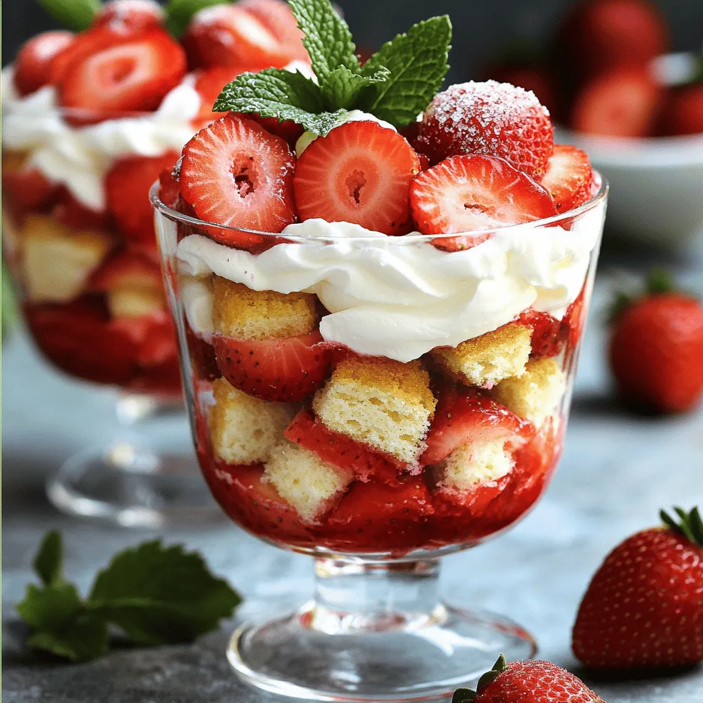 Für ein köstliches Erdbeerkuchen Trifle benötigst du: - 2 Tassen frische Erdbeeren, entkelcht und in Scheiben geschnitten - 3 Esslöffel Zucker (für die Erdbeeren) - 1 Tasse Schlagsahne - 1/2 Tasse Puderzucker - 1 Teelöffel Vanilleextrakt - 1 Tasse Engelshaarkuchen, in mundgerechte Stücke zerrissen - 1/2 Tasse Vanillejoghurt - Frische Minzblätter (zur Garnierung) Diese Zutaten sorgen für einen tollen Geschmack und eine schöne Textur. Um das Trifle zuzubereiten, brauchst du einige wichtige Utensilien: - Eine mittelgroße Schüssel für die Erdbeeren - Eine Rührschüssel für die Schlagsahne - Ein elektrischer Mixer für die Sahne - Ein Trifleschalen oder Gläser für die Schichtung Diese Utensilien machen die Zubereitung einfach und schnell. Die Qualität der Zutaten spielt eine große Rolle. Verwende frische, reife Erdbeeren. Sie geben dem Trifle den besten Geschmack. Achte auch auf hochwertigen Vanilleextrakt und frische Sahne. Diese Zutaten machen den Unterschied. Der Engelshaarkuchen sollte leicht und fluffig sein. So bleibt dein Trifle luftig und lecker. Für die beste Erfahrung und das volle Aroma, schau dir das [Full Recipe] an. Zuerst musst du die Erdbeeren vorbereiten. Nimm zwei Tassen frische Erdbeeren. Entkelche sie und schneide sie in dünne Scheiben. Diese Schritte sind wichtig, damit die Erdbeeren ihren Saft abgeben können. Gib die geschnittenen Erdbeeren in eine Schüssel. Füge drei Esslöffel Zucker hinzu und rühre sanft um. Lass die Mischung etwa 15 Minuten stehen. Die Erdbeeren werden saftig und süß. Dieser Schritt bringt viel Geschmack in dein Trifle. Jetzt geht es um die Schlagsahne. Nimm eine Rührschüssel und gib eine Tasse Schlagsahne hinein. Schlage die Sahne mit einem elektrischen Mixer auf mittlerer Stufe. Achte darauf, dass die Sahne anfängt dick zu werden. Dann füge nach und nach eine halbe Tasse Puderzucker und einen Teelöffel Vanilleextrakt hinzu. Schlage weiter, bis sich weiche Spitzen bilden. Die Sahne sollte luftig und cremig sein. Jetzt kommt der spaßige Teil: das Zusammenstellen! Nimm eine große Trifleschale oder individuelle Serviergläser. Beginne mit einer Schicht der joghurtbeschichteten Engelshaarkuchenstücke. Diese geben dem Trifle eine gute Basis. Füge dann eine Schicht der zuckersüßen Erdbeeren darauf hinzu. Löffle eine Schicht der schaumigen Sahne über die Erdbeeren. Wiederhole diesen Schichtvorgang. Mache so viele Schichten, wie du möchtest. Beende mit einer Schicht Sahne. Garniere dein Trifle mit frischen Minzblättern. Sie geben einen schönen Farbkontrast und einen frischen Geschmack. Dieses Trifle sieht nicht nur toll aus, es schmeckt auch himmlisch! Für die vollständige Anleitung schaue dir das [Full Recipe] an. Um die perfekte Sahne zu schlagen, beginne mit kalter Sahne. Kalte Sahne schlägt besser und schneller. Verwende eine Rührschüssel aus Metall, die ebenfalls kalt ist. Das hilft, die Sahne kühl zu halten. Schlage die Sahne mit einem elektrischen Mixer. Beginne langsam, dann erhöhe die Geschwindigkeit. Füge Zucker und Vanille hinzu, wenn die Sahne dick wird. Stoppe, wenn sich weiche Spitzen bilden. Zu langes Schlagen macht die Sahne butterig. Du kannst das Erdbeerkuchen Trifle leicht variieren. Probiere unterschiedliche Früchte wie Himbeeren oder Pfirsiche. Das gibt dem Dessert neue Geschmäcker. Du kannst auch verschiedene Kuchenarten verwenden. Brownies oder Biskuit eignen sich perfekt für Abwechslung. Für einen besonderen Kick füge ein wenig Likör zu den Erdbeeren hinzu. Experimentiere mit verschiedenen Joghurts, um neue Aromen zu entdecken. Die Garnierung macht das Trifle noch schöner. Verwende frische Minzblätter für Farbe und Frische. Du kannst auch Schokoladenraspeln oder geröstete Nüsse hinzufügen. Diese bringen Textur und zusätzlichen Geschmack. Eine dünne Schicht Puderzucker auf der Sahne sieht elegant aus. Serviere das Trifle in klaren Gläsern, damit die Schichten sichtbar sind. Das macht es appetitlicher und ansprechender. {{image_4}} Erdbeerkuchen Trifle ist ein tolles Dessert, aber du kannst es auch anpassen. Hier sind einige Ideen. Du kannst andere Früchte für dein Trifle nehmen. Himbeeren, Heidelbeeren oder Pfirsiche passen gut. Diese Früchte bringen neue Aromen und Farben. Mixe die Früchte, um einen fruchtigen Genuss zu haben. Das macht dein Trifle abwechslungsreich und spannend. Wenn du glutenfrei bist, nutze glutenfreies Gebäck. Es gibt viele Optionen im Handel. Für die vegane Variante kannst du die Sahne durch Kokosmilch ersetzen. Auch pflanzlicher Joghurt funktioniert gut. Diese Varianten sind einfach und lecker. Joghurt ist wichtig für den Geschmack. Du kannst Vanillejoghurt oder Erdbeerjoghurt ausprobieren. Auch griechischer Joghurt ist eine tolle Wahl. Er macht das Trifle cremiger und gibt mehr Geschmack. Sei kreativ und finde deinen Lieblingsgeschmack. Für das komplette Rezept schau dir die Full Recipe an. Um deinen Erdbeerkuchen Trifle frisch zu halten, decke ihn gut ab. Du kannst Frischhaltefolie oder einen luftdichten Behälter verwenden. So bleibt die Sahne fluffig und die Erdbeeren saftig. Lagere das Trifle im Kühlschrank. Achte darauf, dass die Temperatur konstant bleibt, um die Frische zu bewahren. Das Trifle hält sich bis zu drei Tage im Kühlschrank. Nach dieser Zeit kann die Sahne wässrig werden. Die Erdbeeren könnten auch matschig wirken. Es ist am besten, das Trifle frisch zu genießen. Bereite es also kurz vor dem Servieren vor, wenn möglich. Du kannst einige Teile des Trifles im Voraus zubereiten. Schneide die Erdbeeren und mische sie mit Zucker. Diese Mischung hält sich einen Tag im Kühlschrank. Auch die Sahne kannst du vorher schlagen. Bewahre sie in einem separaten Behälter auf. Stelle das Trifle erst kurz vor dem Servieren zusammen. So bleibt alles frisch und lecker. Für das vollständige Rezept, schau dir die [Full Recipe] an. Das Trifle bleibt frisch für etwa drei Tage im Kühlschrank. Achte darauf, es in einem gut schließenden Behälter zu lagern. So bleibt die Sahne fluffig und die Erdbeeren saftig. Nach drei Tagen kann die Sahne ihre Textur verlieren. Ja, du kannst die Sahne ersetzen. Eine gute Wahl ist griechischer Joghurt. Er hat eine schöne Cremigkeit. Du kannst auch Kokoscreme nutzen für einen anderen Geschmack. Achte darauf, dass die Konsistenz cremig bleibt. Um die Süße anzupassen, reduziere den Zucker in den Erdbeeren. Du kannst auch weniger Puderzucker in die Sahne geben. Probiere es aus, um die perfekte Balance zu finden. Verwende frische Früchte, die von Natur aus süß sind, um den Zucker zu minimieren. Der Erdbeerkuchen Trifle ist einfach zu machen. Erste haben wir die Zutaten und Utensilien besprochen. Dann nahm ich dich mit durch die Schritte, um die Erdbeeren und die Sahne vorzubereiten. Ich gab dir viele nützliche Tipps und mehrere Variationen, um das Trifle anzupassen. Zuletzt haben wir das richtige Lagern und die Haltbarkeit des Desserts behandelt. Mit diesen Tipps kannst du ein leckeres Trifle kreieren. Probiere es aus und genieße jeden Bissen!