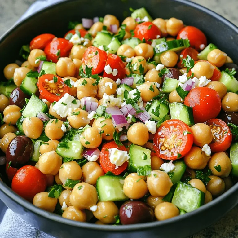 Für den Griechischen Kichererbsensalat brauche ich folgende Zutaten: - 1 Dose (425 g) Kichererbsen, abgetropft und abgespült - 1 Tasse Kirschtomaten, halbiert - 1 Gurke, gewürfelt - 1/2 rote Zwiebel, fein gehackt - 1/2 Tasse Kalamata-Oliven, entsteint und in Scheiben geschnitten - 1/2 Tasse Feta-Käse, zerbröckelt - 1/4 Tasse frische Petersilie, gehackt - 2 Esslöffel Olivenöl - 1 Esslöffel Rotweinessig (optional) - 1 Teelöffel getrockneter Oregano - Salz und Pfeffer nach Geschmack Diese Zutaten sind einfach zu finden und machen den Salat frisch und schmackhaft. Frische Zutaten sind der Schlüssel zu einem tollen Geschmack. Kichererbsen geben uns Protein und Ballaststoffe. Sie sind die Basis des Salats. Kirschtomaten bringen Süße und Saftigkeit. Die Gurke sorgt für Knackigkeit und Frische. Rote Zwiebeln fügen einen scharfen, aber süßen Geschmack hinzu. Kalamata-Oliven bringen eine salzige Note, die gut zu Feta passt. Feta-Käse gibt dem Salat Cremigkeit und einen salzigen Biss. Petersilie rundet den Geschmack ab. Wenn du keine Kichererbsen hast, kannst du auch schwarze Bohnen verwenden. Für einen veganen Salat lasse den Feta-Käse weg oder ersetze ihn durch veganen Käse. Wenn du keine Kalamata-Oliven magst, verwende grüne Oliven oder lasse sie einfach weg. Du kannst auch andere Kräuter wie Minze oder Dill nutzen. Diese bringen einen frischen, anderen Geschmack. Rotweinessig ist optional, aber du kannst auch Zitronensaft verwenden. Mit diesen Tipps kannst du deinen Griechischen Kichererbsensalat ganz nach deinem Geschmack anpassen. Für das vollständige Rezept schaue dir die Anleitung an. Um den griechischen Kichererbsensalat zuzubereiten, fangen Sie mit einer großen Schüssel an. Geben Sie zuerst die abgetropften Kichererbsen hinein. Diese sind die Basis des Salats und machen ihn nahrhaft. Fügen Sie dann die halbierten Kirschtomaten hinzu. Die Tomaten bringen Frische und Farbe. Jetzt kommt die gewürfelte Gurke. Sie gibt dem Salat einen schönen Crunch. Danach fügen Sie die fein gehackte rote Zwiebel hinzu. Diese sorgt für einen tollen Geschmack. Jetzt sind die Kalamata-Oliven dran. Schneiden Sie sie in Scheiben und mischen Sie sie gut unter. Zuletzt kommt der zerbröckelte Feta-Käse. Er gibt dem Salat einen cremigen und salzigen Geschmack. Rühren Sie alle Zutaten vorsichtig um, damit sie gut vermischt sind. Das Dressing ist einfach. Nehmen Sie eine kleine Schüssel. Geben Sie das Olivenöl hinein. Fügen Sie den Rotweinessig hinzu, wenn Sie ihn verwenden. Dann kommt der getrocknete Oregano. Dieser gibt dem Dressing einen tollen Geschmack. Jetzt würzen Sie es mit etwas Salz und Pfeffer. Verquirlen Sie die Mischung gut mit einem kleinen Schneebesen. Gießen Sie das Dressing gleichmäßig über den Salat und vermengen Sie alles. Achten Sie darauf, dass jede Zutat gut mit dem Dressing bedeckt ist. Jetzt ist der Salat fast fertig! Lassen Sie ihn für etwa 10 Minuten ruhen. So können sich die Aromen entfalten. Zum Servieren nehmen Sie eine große Platte oder einzelne Schalen. Garnieren Sie den Salat mit zusätzlicher Petersilie. Fügen Sie einige ganze Oliven hinzu, um mehr Farbe zu zeigen. Der griechische Kichererbsensalat ist perfekt mit warmem Pita-Brot. Er passt auch gut zu gegrilltem Hühnchen. Für das vollständige Rezept schauen Sie sich bitte [Full Recipe] an. Um die beste Konsistenz zu erreichen, achte auf die Kichererbsen. Verwende frische oder gut abgetropfte Dosenkichererbsen. Sie sollten nicht matschig sein. Schneide die Gurke in gleichmäßige Würfel. So bleibt der Salat knackig. Halbiere die Kirschtomaten, damit sie gut vermischt werden. Achte darauf, den Feta nicht zu klein zu zerbröckeln. Große Stücke geben mehr Textur. Ein häufiger Fehler ist, das Dressing zu früh hinzuzufügen. Lasse den Salat nach dem Mixen etwa 10 Minuten ruhen. So können sich die Aromen besser entfalten. Übertreibe es nicht mit dem Salz. Feta und Oliven sind schon salzig. Ein weiterer Fehler ist, die Zutaten nicht gut zu vermengen. Mische alles vorsichtig, damit jede Zutat Geschmack abgibt. Für Veganer kannst du den Feta einfach weglassen. Nutze Avocado für eine cremige Note. Glutenfreie Esser können den Salat ohne Brot genießen. Wenn du eine proteinreiche Variante möchtest, füge Quinoa hinzu. Für eine scharfe Note, gib etwas Chili oder Paprika hinzu. Experimentiere mit Kräutern wie Minze oder Dill für einen frischen Geschmack. Weitere Details findest du in [Full Recipe]. {{image_4}} Es gibt viele Möglichkeiten, den griechischen Kichererbsensalat zu variieren. Du kannst zum Beispiel Avocado hinzufügen. Diese macht den Salat cremiger. Auch geröstete Paprika gibt einen süßen, rauchigen Geschmack. Wenn du etwas Schärfe magst, füge gewürfelte Jalapeños hinzu. Du kannst außerdem Quinoa oder Bulgur für mehr Textur nutzen. Diese Zutaten machen den Salat noch nahrhafter. Dieser Salat hat starke mediterrane Einflüsse. Du kannst ihn mit Zutaten wie Artischockenherzen oder Kapern erweitern. Diese geben dem Gericht mehr Tiefe. Feta-Käse ist wichtig, aber du könntest auch Ziegenkäse verwenden. Das gibt einen anderen, aber tollen Geschmack. Oliven und frische Kräuter wie Dill oder Minze verstärken den mediterranen Flair. Der griechische Kichererbsensalat eignet sich gut für saisonale Anpassungen. Im Sommer sind frische, reife Tomaten am besten. Im Herbst kannst du Kürbiswürfel hinzufügen. Diese bringen eine süße Note. Du kannst auch saisonales Gemüse wie Spargel oder Paprika verwenden. Achte darauf, die frischen Zutaten je nach Saison auszuwählen, um die Aromen zu optimieren. So bleibt dein Salat immer spannend und frisch. Für das vollständige Rezept schaue dir die [Full Recipe] an. Um deinen griechischen Kichererbsensalat frisch zu halten, nutze einen luftdichten Behälter. Das schützt die Aromen und die Textur. Stelle sicher, dass der Salat bei Raumtemperatur nicht länger als zwei Stunden steht. Wenn du ihn nicht sofort servierst, stelle ihn in den Kühlschrank. Im Kühlschrank bleibt der Salat etwa drei bis fünf Tage frisch. Achte darauf, dass die Zutaten gut durchmischt sind, bevor du ihn lagern. Wenn du Feta oder Oliven hinzufügst, kann der Salat etwas länger halten. Überprüfe immer auf Anzeichen von Verderb, bevor du ihn isst. Hast du Reste übrig? Nutze sie für Wraps oder Sandwiches. Du kannst auch eine Portion Kichererbsensalat auf ein Bett aus frischem Spinat legen. Mische ihn mit Quinoa für ein schnelles Mittagessen. So bleibst du kreativ und vermeidest Lebensmittelverschwendung. Wenn du mehr Ideen brauchst, schau dir das Full Recipe an. Sie können viele leckere Zutaten hinzufügen. Einige gute Optionen sind: - Paprika, gewürfelt - Avocado, in Scheiben - Artischockenherzen, gehackt - Gegrillte Zucchini, in Scheiben - Frische Minze, gehackt Diese Zutaten bringen neue Aromen und Texturen. Experimentieren Sie mit dem, was Sie mögen! Ja, der Griechische Kichererbsensalat kann vegan sein. Lassen Sie einfach den Feta-Käse weg. Der Salat bleibt frisch und lecker. Meal Prep macht das Kochen einfach! Hier sind einige Tipps: - Bereiten Sie den Salat in einer großen Schüssel vor. - Lagern Sie das Dressing getrennt in einem kleinen Behälter. - Mischen Sie den Salat erst kurz vor dem Essen mit dem Dressing. So bleibt alles frisch und der Salat schmeckt am besten. Der Griechische Kichererbsensalat hat seine Wurzeln in der griechischen Küche. Kichererbsen sind in vielen Gerichten in Griechenland beliebt. Sie bieten einen hohen Nährwert und guten Geschmack. Dieser Salat verbindet Tradition mit frischen Zutaten. Das macht ihn so besonders. Für das vollständige Rezept schauen Sie sich den [Full Recipe] an. Der griechische Kichererbsensalat ist einfach und lecker. Wir haben die Hauptzutaten und ihre frische Bedeutung betrachtet. Die Schritt-für-Schritt-Anleitung hilft dir, den Salat perfekt zuzubereiten. Mit Tipps und Tricks kannst du häufige Fehler vermeiden und das Rezept anpassen. Variationen und Lagerungshinweise machen dieses Gericht noch vielseitiger. Genieße die frischen Aromen und probiere deine lieben Anpassungen aus. Guten Appetit!