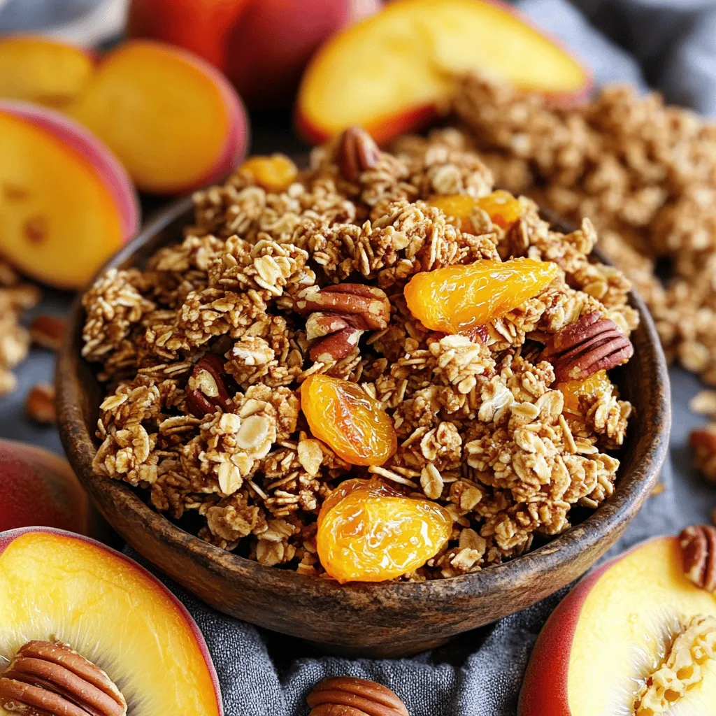 Um das perfekte Peach and Pecan Granola zu machen, benötigen wir einige Hauptzutaten. Sie sind einfach zu finden und machen unser Granola lecker und knusprig. Die Zutaten sind: - 2 Tassen Haferflocken - 1 Tasse Pekannüsse, grob gehackt - ½ Tasse Mandelblättchen - 1 Tasse getrocknete Pfirsiche, grob gehackt - ½ Tasse Honig oder Ahornsirup - ¼ Tasse Kokosöl, geschmolzen - 1 Teelöffel Vanilleextrakt - ½ Teelöffel Zimt - Prise Salz Diese Zutaten geben dem Granola den besten Geschmack. Die Haferflocken sind die Basis und sorgen für eine gute Textur. Pekannüsse fügen Crunch hinzu und machen das Granola nahrhaft. Die getrockneten Pfirsiche bringen Süße und Fruchtigkeit. Manchmal möchte ich das Granola variieren. Hier sind einige zusätzliche Zutaten, die Sie ausprobieren können: - Andere Nüsse, wie Mandeln oder Walnüsse - Samen, wie Chiasamen oder Leinsamen - Getrocknete Früchte, wie Cranberries oder Aprikosen - Gewürze, wie Muskatnuss oder Ingwer Diese Zutaten geben Ihnen die Freiheit, Ihr Granola nach Ihrem Geschmack zu gestalten. Sie sind auch eine gute Möglichkeit, verschiedene Nährstoffe hinzuzufügen. Die Auswahl der richtigen Zutaten ist wichtig. Hier sind einige Tipps, um die besten Zutaten zu finden: - Wählen Sie frische und hochwertige Nüsse. Das verbessert den Geschmack. - Achten Sie auf ungesüßte getrocknete Früchte. Sie sind gesünder und weniger süß. - Kaufen Sie Bio-Haferflocken. Sie sind oft frei von Pestiziden. - Verwenden Sie reinen Honig oder Ahornsirup. Diese sind natürliche Süßstoffe. Indem Sie auf die Qualität der Zutaten achten, stellen Sie sicher, dass Ihr Peach and Pecan Granola immer köstlich schmeckt. Wenn Sie mehr über die Zubereitung erfahren möchten, schauen Sie sich das [Full Recipe] an. Um mit dem Granola zu beginnen, sammeln Sie alle Zutaten. Sie brauchen: - 2 Tassen Haferflocken - 1 Tasse Pekannüsse, grob gehackt - ½ Tasse Mandelblättchen - 1 Tasse getrocknete Pfirsiche, grob gehackt - ½ Tasse Honig oder Ahornsirup - ¼ Tasse Kokosöl, geschmolzen - 1 Teelöffel Vanilleextrakt - ½ Teelöffel Zimt - Prise Salz Stellen Sie sicher, dass die getrockneten Pfirsiche klein genug sind. So mischen sie sich gut mit den anderen Zutaten. Grob hacken hilft, die Textur zu verbessern. Heizen Sie zuerst Ihren Ofen auf 175°C vor. Legen Sie ein Backblech mit Backpapier aus. Das verhindert, dass das Granola kleben bleibt. Nehmen Sie eine große Schüssel. Vermengen Sie die Haferflocken, die gehackten Pekannüsse, die Mandelblättchen und die Pfirsiche gut. In einer anderen Schüssel mischen Sie den Honig oder Ahornsirup, das geschmolzene Kokosöl, den Vanilleextrakt, den Zimt und das Salz. Rühren Sie alles gut, bis es glatt ist. Gießen Sie die feuchte Mischung über die trockenen Zutaten. Rühren Sie gut um. Alle Haferflocken und Nüsse sollten gut benetzt sein. Verteilen Sie die Mischung auf dem Backblech. Drücken Sie sie leicht zusammen, um eine gleichmäßige Schicht zu bilden. Backen Sie das Granola 20-25 Minuten im Ofen. Rühren Sie es nach der Hälfte der Zeit um. So bräunt es gleichmäßig. Achten Sie auf die Farbe. Es sollte goldbraun sein, nicht zu dunkel. Wenn es fertig ist, nehmen Sie es aus dem Ofen. Lassen Sie das Granola auf dem Backblech abkühlen. Es wird beim Abkühlen knusprig. Brechen Sie es in Cluster, wenn es kalt ist. Füllen Sie es in einen luftdichten Behälter. Genießen Sie Ihr selbstgemachtes Peach and Pecan Granola nach dem [Full Recipe]. Um Ihr Granola knusprig zu halten, achten Sie darauf, es gut zu backen. Nach dem Backen lassen Sie es ganz abkühlen, bevor Sie es lagern. Wenn das Granola abkühlt, wird es knusprig. Verwenden Sie einen luftdichten Behälter, um die Frische zu bewahren. Wenn es feucht wird, kann es weich werden. Streuen Sie eine Prise Salz über die Mischung, um den Geschmack zu verstärken und die Textur zu verbessern. Ein häufiges Problem ist das Anbrennen. Achten Sie darauf, das Granola während des Backens regelmäßig umzurühren. So wird es gleichmäßig goldbraun. Ein weiteres Problem ist, dass das Granola nicht zusammenhält. Drücken Sie die Mischung vor dem Backen leicht zusammen. So entstehen schöne Cluster. Wenn Ihr Granola zu fest wird, könnte es an zu viel Honig liegen. Reduzieren Sie die Menge, um eine leichtere Textur zu erhalten. Mischen Sie verschiedene Nüsse, um den Geschmack zu variieren. Mandeln, Walnüsse oder Cashews sind tolle Optionen. Probieren Sie auch andere Trockenfrüchte wie Cranberries oder Aprikosen. Diese geben zusätzliche Süße und Farbe. Für einen besonderen Kick fügen Sie etwas Kokosraspel hinzu. Die Kombination aus süßem Pfirsich und knackigen Pekannüssen macht das Granola besonders lecker. Wer es schokoladig mag, kann dunkle Schokoladenstückchen hinzufügen. {{image_4}} Wenn Sie Pfirsiche und Pekannüsse nicht mögen, probieren Sie andere Früchte und Nüsse. Ein guter Ersatz für Pfirsiche sind getrocknete Aprikosen oder Äpfel. Diese geben Ihrem Granola eine süße Note. Statt Pekannüssen können Walnüsse oder Mandeln verwendet werden. Diese Nüsse sind ebenfalls lecker und gesund. Haben Sie Allergien oder spezielle Vorlieben? Kein Problem! Sie können das Rezept einfach anpassen. Verwenden Sie glutenfreie Haferflocken, wenn Sie Gluten meiden. Wenn Sie Nüsse nicht vertragen, lassen Sie diese einfach weg. Sie können auch Sonnenblumenkerne oder Kürbiskerne hinzufügen. Diese sind knusprig und geben einen schönen Geschmack. Das Schöne an Granola ist die Vielfalt! Fügen Sie zu Ihrem Granola andere Trockenfrüchte hinzu. Cranberries oder Rosinen sind tolle Optionen. Für einen nussigen Kick können Sie Pistazien oder Cashews verwenden. Diese Kombinationen machen das Granola noch spannender. Genießen Sie Ihr Granola mit Joghurt oder als Snack. Es schmeckt immer gut! Für das vollständige Rezept, schauen Sie sich das [Full Recipe] an. Granola bleibt am besten frisch in einem luftdichten Behälter. Verwenden Sie ein Glas oder eine Plastikbox. Stellen Sie sicher, dass der Behälter fest verschlossen ist, um Feuchtigkeit fernzuhalten. Lagern Sie das Granola an einem kühlen, trockenen Ort. So bleibt es knusprig und lecker. Ihr Peach und Pecan Granola hält sich etwa zwei bis drei Wochen. Nach dieser Zeit kann es weich werden. Ich empfehle, das Granola in kleinen Mengen zu verwenden, um die Frische zu bewahren. Genießen Sie es mit Joghurt oder als Snack. Es eignet sich auch gut als Topping für Obstsalate. Falls Sie Granola übrig haben, denken Sie an kreative Wege, es zu nutzen. Streuen Sie es über Eis oder verwenden Sie es in Keksen. Eine weitere Idee ist, es in Smoothies zu mischen. So geben Sie Ihrem Getränk einen zusätzlichen Crunch und Geschmack. Um das beste Peach and Pecan Granola zu machen, folgen Sie dem Rezept genau. Mischen Sie die Haferflocken, Pekannüsse, Mandelblättchen und getrocknete Pfirsiche gut. Die feuchten Zutaten müssen gleichmäßig verteilt sein. Achten Sie darauf, das Granola im Ofen regelmäßig umzurühren. So wird es gleichmäßig knusprig. Lassen Sie es nach dem Backen gut abkühlen. Dies hilft, die perfekte Konsistenz zu erreichen. Fertiges Peach and Pecan Granola finden Sie in vielen Supermärkten. Suchen Sie in der Müsli- oder Snackabteilung. Auch Bioläden und Online-Shops haben oft diese Art von Granola. Schauen Sie auf die Zutatenliste, um sicherzustellen, dass es keine unerwünschten Zusatzstoffe enthält. Peach and Pecan Granola ist nahrhaft und voller guter Dinge. Es enthält Ballaststoffe aus Haferflocken, gesunde Fette aus Pekannüssen und Vitamine aus getrockneten Pfirsichen. Diese Nährstoffe fördern die Verdauung und geben Ihnen Energie. Granola ist auch eine gute Quelle für Antioxidantien. Ja, Sie können das Rezept anpassen! Fühlen Sie sich frei, die Nüsse oder Früchte zu wechseln. Walnüsse oder Mandeln sind gute Alternativen zu Pekannüssen. Auch verschiedene Trockenfrüchte wie Cranberries oder Äpfel passen gut. Passen Sie die Süße nach Ihrem Geschmack an. Ja, Sie können andere Süßungsmittel verwenden. Statt Honig oder Ahornsirup können Sie Agavendicksaft oder Kokoszucker probieren. Diese Optionen bieten verschiedene Geschmäcker und Süße. Achten Sie darauf, die Menge anzupassen, um die richtige Balance zu finden. Finden Sie Ihre Lieblingskombination! Peach and Pecan Granola ist einfach zuzubereiten und lecker. Wir haben die besten Zutaten und hilfreiche Tipps besprochen. Die Schritt-für-Schritt-Anleitung sorgt für perfekte Knusprigkeit. Variieren Sie das Rezept nach Ihren Vorlieben, um es noch spannender zu machen. Bewahren Sie Ihr Granola richtig auf, um seine Frische zu erhalten. Mit diesem Wissen können Sie leckeres Granola selbst machen. Genießen Sie es zum Frühstück oder als Snack!