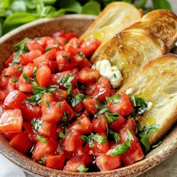 - 6 reife Roma-Tomaten - 1 Tasse frische Basilikumblätter - 2 Knoblauchzehen Die Hauptzutaten sind einfach zu finden und sehr frisch. Roma-Tomaten haben einen tollen Geschmack und eine feste Textur. Sie sind perfekt für Bruschetta. Die frischen Basilikumblätter bringen ein wunderbares Aroma. Der Knoblauch gibt der Mischung eine würzige Note. - 1/4 Tasse natives Olivenöl extra - 1 Esslöffel Balsamico-Essig - Salz und Pfeffer nach Geschmack Das Olivenöl ist wichtig für die Textur. Es macht die Mischung geschmeidig. Balsamico-Essig fügt eine süße Säure hinzu. Salz und Pfeffer verfeinern den Geschmack. Achte darauf, die richtige Menge zu verwenden. - 1 französisches Baguette - 1/2 Tasse geriebener Mozzarella-Käse Ein frisches Baguette ist ideal für Bruschetta. Es wird knusprig und hält die Mischung gut. Der Mozzarella ist ein toller Zusatz. Er macht die Bruschetta cremiger und herzhaft. Du kannst das Rezept ganz nach deinem Geschmack anpassen. Für das komplette Rezept, siehe [Full Recipe]. Um die perfekte Tomaten-Basilikum-Mischung zu machen, beginne mit frischen Zutaten. Nimm 6 reife Roma-Tomaten und würfle sie in kleine Stücke. Gib die gewürfelten Tomaten in eine große Schüssel. Füge 1 Tasse grob gehackte frische Basilikumblätter hinzu. Hacke dann 2 Knoblauchzehen fein und gib sie auch in die Schüssel. Jetzt kommt der aromatische Teil. Gieße 1/4 Tasse natives Olivenöl extra und 1 Esslöffel Balsamico-Essig über die Mischung. Streue etwas Salz und Pfeffer nach Geschmack hinein. Rühre alles gut um. Lass die Mischung etwa 15 Minuten ruhen. So können sich die Aromen perfekt entfalten. Heize deinen Ofen auf 200°C (400°F) vor. Während der Ofen warm wird, nimm ein französisches Baguette und schneide es in 1-Zoll-Scheiben. Lege die Baguettescheiben gleichmäßig auf ein Backblech. Bestreiche jede Scheibe leicht mit Olivenöl. Jetzt kommt das Toasten. Gib die Brotscheiben in den Ofen und toaste sie für etwa 5-7 Minuten. Sie sollten goldbraun und knusprig sein. Wenn du magst, streue 1/2 Tasse geriebenen Mozzarella-Käse auf die Brotscheiben, bevor du sie toastest. So wird es noch köstlicher. Sobald die Brotscheiben geröstet sind, nimm sie aus dem Ofen. Jetzt ist es Zeit, die Bruschetta zusammenzustellen. Belege jede geröstete Brotscheibe großzügig mit der Tomaten-Basilikum-Mischung. Für eine ansprechende Präsentation serviere die Bruschetta auf einem dekorativen Holzbrett. Füge einige frische Basilikumblätter als Garnitur hinzu. So sieht dein Gericht frisch und einladend aus. Um die besten Aromen zu erhalten, lasse die Mischung ruhen. Fünfzehn Minuten sind ideal. So können sich die Geschmäcker gut verbinden. Außerdem ist die Wahl der Zutaten sehr wichtig. Verwende frische, reife Tomaten und duftendes Basilikum. Diese Zutaten machen einen großen Unterschied. Für die Präsentation nutze ein rustikales Holzbrett. Das sieht toll aus und macht das Essen einladend. Lege die Bruschetta auf das Brett und achte darauf, dass sie gut verteilt sind. Um es noch schöner zu machen, füge frische Basilikumblätter als Garnitur hinzu. Sie bringen Farbe und einen frischen Duft. Ein häufiger Fehler ist, zu viel Knoblauch zu verwenden. Ein oder zwei Zehen reichen aus. Wenn du mehr nimmst, kann der Geschmack zu stark werden. Achte auch darauf, nicht zu viel Salz oder Pfeffer hinzuzufügen. Die Mischung soll frisch und leicht sein. Halte die Gewürze im Gleichgewicht für das beste Ergebnis. {{image_4}} Käse bringt Geschmack und Textur. Mozzarella ist mild und cremig. Er schmilzt gut und passt perfekt zur Bruschetta. Andere Käsesorten wie Feta oder Parmesan haben einen stärkeren Geschmack. Du kannst auch vegane Käsealternativen verwenden. Diese sind oft auf Nussbasis und bieten einen tollen Geschmack. Experimentiere mit verschiedenen Käsesorten, um deine perfekte Kombination zu finden. Avocado ist eine großartige Ergänzung. Sie macht die Bruschetta cremig und reichhaltig. Einfach die Avocado in Scheiben schneiden und auf die Tomatenmischung legen. Gegrilltes Gemüse bringt einen tollen Grillgeschmack. Zucchini oder Paprika eignen sich gut dafür. Diese Optionen geben deiner Bruschetta eine neue Dimension. Neben Basilikum kannst du auch andere Kräuter verwenden. Oregano ist eine gute Wahl für ein anderes Aroma. Scharfe Peperoni geben der Bruschetta einen Kick. Einfach fein hacken und zur Mischung hinzufügen. Diese kleinen Änderungen machen einen großen Unterschied. Du wirst überrascht sein, wie viel Spaß es macht, zu experimentieren. Die Tomatenmischung hält sich im Kühlschrank etwa 2 Tage. Achten Sie darauf, sie in einem luftdichten Behälter zu lagern. So bleibt die Frische erhalten und die Aromen können weiterziehen. Wenn Sie die Mischung länger aufbewahren möchten, sollten Sie die Zutaten getrennt lagern. Um das Brot knusprig zu halten, lagern Sie es an einem kühlen, trockenen Ort. Wickeln Sie das Baguette nicht in Plastik, da dies die Kruste weich macht. Legen Sie übrig gebliebenes Baguette in einen Papiertüten oder in ein Brotbehältnis. So bleibt es frisch und knusprig. Bereiten Sie die Zutaten vor, um Zeit zu sparen. Schneiden Sie die Tomaten und das Basilikum am Morgen oder am Vortag. Lagern Sie die gewürfelten Tomaten in einem luftdichten Behälter. Halten Sie die Basilikumblätter in einem feuchten Tuch, um sie frisch zu halten. So haben Sie alle Zutaten bereit, wenn Sie Ihr einfaches Rezept für einfache Tomaten-Basilikum-Bruschetta zubereiten möchten. Die Zubereitung von einfacher Tomaten-Basilikum-Bruschetta ist schnell und einfach. Die Vorbereitungszeit beträgt etwa 10 Minuten. Die gesamte Kochzeit liegt bei 30 Minuten. Das bedeutet, dass Sie in weniger als einer halben Stunde ein köstliches Gericht servieren können. Ein echter Vorteil für jede Feier oder ein schnelles Abendessen. Ja, Sie können Bruschetta im Voraus zubereiten. Die Tomaten-Basilikum-Mischung bleibt im Kühlschrank für etwa 2 Tage frisch. Lagern Sie sie in einem luftdichten Behälter. Das Brot sollten Sie jedoch erst kurz vor dem Servieren rösten. So bleibt es knusprig. Wenn Sie die Mischung frühzeitig zubereiten, entfalten sich die Aromen besser. Für Bruschetta sind sowohl Baguette als auch Ciabatta großartig. Baguette hat eine knusprige Kruste und einen weichen Kern. Es eignet sich perfekt zum Rösten. Ciabatta ist etwas weicher und hat große Luftlöcher. Es nimmt die Aromen gut auf. Wählen Sie das Brot, das Ihnen besser gefällt. Beide sind lecker mit der Tomatenmischung. In diesem Blogbeitrag haben wir die Hauptzutaten und die Zubereitung von Bruschetta behandelt. Frische Tomaten, Basilikum und Knoblauch bilden die Basis. Du lernst, wie du die Mischung richtig zubereitest und das Brot perfekt toastest. Tipps helfen dir, die besten Aromen zu erzielen und Fehler zu vermeiden. Variationen bieten kreative Beläge und Käsesorten. Mit den Aufbewahrungshinweisen bleibt deine Bruschetta frisch. Nutze diese Schritte, um ein köstliches Gericht zu kreieren und deine Gäste zu beeindrucken!