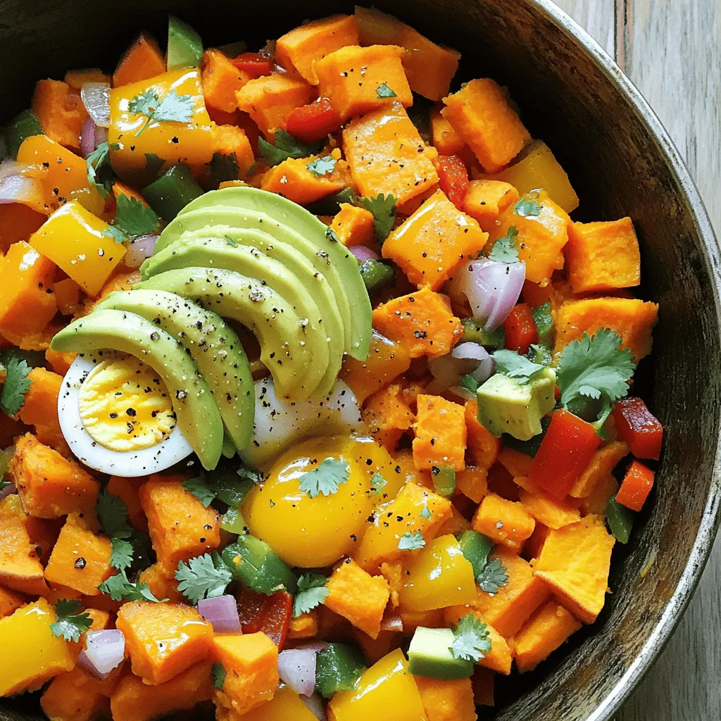 - Süßkartoffeln und Gemüse: Süßkartoffeln sind die Hauptzutat. Sie bringen Süße und Nährstoffe. Verwende rote und grüne Paprika für Farbe und Crunch. Zwiebeln und Knoblauch geben Geschmack. - Eier und Gewürze: Eier sind die perfekte Ergänzung. Sie fügen Protein hinzu und machen das Gericht sättigend. Gewürze wie geräuchertes Paprikapulver und Kreuzkümmel sorgen für einen tollen Geschmack. - Garnierungen wie Avocado und Koriander: Avocado bringt Cremigkeit. Koriander fügt Frische hinzu. Diese Garnierungen machen das Gericht noch besser. - Vorteile von Süßkartoffeln: Süßkartoffeln sind reich an Ballaststoffen und Vitaminen. Sie unterstützen die Verdauung und stärken das Immunsystem. Außerdem sind sie eine gute Quelle für Antioxidantien. - Nährstoffe in den verwendeten Zutaten: Die Paprika liefert Vitamin C. Zwiebeln sind gut für die Herzgesundheit. Eier bieten hochwertiges Protein und wichtige Nährstoffe wie Vitamin D. All diese Zutaten machen das Frühstück nahrhaft und gesund. Für das vollständige Rezept, sieh dir [Full Recipe] an. Beginne mit den Süßkartoffeln. Schäle sie und schneide sie in kleine Würfel. Das macht das Kochen einfacher und schneller. Dann nimm die Paprika und die Zwiebel. Schneide sie ebenfalls in kleine Stücke. Der Knoblauch muss fein gehackt werden. Diese Schritte sind wichtig, um einen gleichmäßigen Geschmack zu erzielen. Nun bereite die Eier vor. Du kannst sie in einer kleinen Schüssel aufschlagen, um sie bereit zu haben. Das macht es einfacher, wenn du sie später in die Pfanne gibst. Jetzt kommt der spannende Teil! Erhitze das Olivenöl in einer großen Pfanne bei mittlerer Hitze. Wenn das Öl heiß ist, füge die gewürfelten Süßkartoffeln hinzu. Brate sie für etwa 5-7 Minuten an. Rühre oft um, damit sie gleichmäßig garen und weich werden. Nach dieser Zeit gib die Zwiebel und die Paprika in die Pfanne. Koche sie für weitere 5-7 Minuten. Die Paprika sollten zart werden. Jetzt füge den Knoblauch, das Paprikapulver, den Kreuzkümmel, Salz und Pfeffer hinzu. Koche alles zusammen für weitere 2 Minuten. Der Knoblauch wird aromatisch sein und das Gericht wird lecker riechen. Nun forme vier kleine Mulden in der Hash-Mischung. Schlage ein Ei in jede Mulde. Decke die Pfanne ab und koche die Eier für etwa 5-7 Minuten. So garen sie perfekt. Wenn die Eier fertig sind, nimm die Pfanne vom Herd. Jetzt kannst du das Hash mit Avocadoscheiben und frischem Koriander garnieren. Das macht das Gericht nicht nur schön, sondern auch noch gesünder. Für die vollständige Anleitung, schaue dir das [Full Recipe] an. Um die Süßkartoffeln perfekt zu garen, schneide sie gleichmäßig klein. So garen sie gleichmäßig und werden schön weich. Du kannst die Süßkartoffeln auch vorher dämpfen. Das verkürzt die Kochzeit in der Pfanne. Wenn du sie zuerst dämpfst, brauchen sie nur etwa 3-5 Minuten in der Pfanne. Das macht die Textur cremiger. Für die Eier ist die richtige Garzeit wichtig. Ich empfehle, die Eier nach dem Hinzufügen zu decken. So garen sie gleichmäßig und werden nicht zu hart. Die Eier brauchen etwa 5-7 Minuten, bis sie den perfekten Punkt erreichen. Wenn du sie flüssig magst, nimm sie früher vom Herd. Eine große, schwere Pfanne ist ideal für diesen Hash. Ich empfehle eine Gusseisenpfanne oder eine beschichtete Pfanne. Diese Pfannen verteilen die Hitze gut. Das hilft, die Süßkartoffeln gleichmäßig zu braten. Zusätzlich sind einige Küchenutensilien nützlich. Ein scharfes Messer macht das Schneiden der Gemüse einfach. Ein Holzlöffel hilft, die Mischung gut zu rühren. Ein Deckel ist wichtig, um die Eier richtig zu garen. All diese Utensilien machen das Kochen einfacher und schneller. {{image_4}} Wenn du eine vegetarische oder vegane Version des Süßkartoffel Frühstücks-Hash machen möchtest, gibt es einfache Wege. Du kannst die Eier durch eine Mischung aus zerdrücktem Tofu und Gewürzen ersetzen. Das gibt dir eine ähnliche Konsistenz. Ein weiterer Tipp ist, mehr Gemüse hinzuzufügen. Spinat, Zucchini oder Pilze passen gut. Diese Optionen sind nicht nur gesund, sie bringen auch neue Aromen. Für alle, die es scharf mögen, gibt es tolle Möglichkeiten. Du kannst Chili oder Jalapeños in den Hash geben. Diese Zutaten bringen Würze und Hitze. Wenn du andere Geschmäcker ausprobieren möchtest, ändere die Gewürze. Probiere italienische Kräuter oder sogar Curry. Diese Variationen machen das Gericht spannend und einzigartig. Ein Hinweis: Du kannst alle Varianten im [Full Recipe] finden, um dein Frühstücks-Hash zu verbessern. Wenn du noch Reste von deinem Süßkartoffel Frühstücks-Hash hast, ist es wichtig, sie richtig zu lagern. Du kannst die Reste in einem luftdichten Behälter im Kühlschrank aufbewahren. Achte darauf, dass sie gut abgedeckt sind, damit sie frisch bleiben. So bleiben die Reste bis zu drei Tage genießbar. Falls du die Reste länger aufbewahren möchtest, kannst du sie einfrieren. Teile den Hash in portionierte Behälter auf. Friere sie dann für bis zu drei Monate ein. Denke daran, die Behälter mit dem Datum zu beschriften. So weißt du, wann du sie eingefroren hast. Um deinen Süßkartoffel Frühstücks-Hash wieder aufzuwärmen, gibt es ein paar gute Methoden. Die beste Methode ist, ihn im Ofen aufzuwärmen. Heize den Ofen auf 180 Grad Celsius vor. Lege den Hash in eine Auflaufform und decke ihn mit Alufolie ab. So bleibt die Feuchtigkeit erhalten. Erwärme ihn etwa 15-20 Minuten, bis er heiß ist. Wenn du es schneller magst, kannst du die Mikrowelle nutzen. Gib eine Portion in eine mikrowellengeeignete Schüssel. Decke die Schüssel mit einem Deckel oder einem feuchten Papiertuch ab. Erhitze ihn in Intervallen von 1-2 Minuten. Rühre zwischendurch um, bis er gleichmäßig warm ist. So bleibt der Geschmack frisch und lecker. Der Süßkartoffel Frühstücks-Hash bleibt im Kühlschrank etwa 3 bis 4 Tage frisch. Achte darauf, ihn in einem luftdichten Behälter zu lagern. So bleibt er lecker und sicher zu essen. Wenn du ihn länger aufbewahren möchtest, friere ihn ein. Er kann bis zu 3 Monate im Gefrierfach bleiben. Ja, du kannst viele Gemüsesorten verwenden. Hier sind einige Vorschläge: - Zucchini: Sie gibt einen milden Geschmack. - Spinat: Er bringt Farbe und Nährstoffe. - Champignons: Sie fügen einen herzhaften Geschmack hinzu. Experimentiere mit verschiedenen Zutaten, um dein perfektes Frühstücks-Hash zu finden! Ja, der Süßkartoffel Frühstücks-Hash ist ideal für die Vorbereitung von Mahlzeiten. Du kannst ihn am Sonntag zubereiten und für die Woche aufteilen. Teile ihn in Portionen auf und lagere sie im Kühlschrank. Das macht das Frühstück einfach und schnell. Wenn du Eier hinzufügst, gare sie frisch, wenn du bereit bist zu essen. So schmeckt es am besten! Du kannst die Eier auch separat zubereiten. Zusammenfassend habe ich die wichtigsten Zutaten für dein Frühstücks-Hash vorgestellt. Wir haben über die Schritte zur Zubereitung gesprochen und hilfreiche Tipps geteilt. Denk daran, dass du das Rezept nach deinem Geschmack anpassen kannst. Ob du es vegetarisch oder scharf magst, der Hash ist vielseitig. Lagere die Reste gut und erwärme sie richtig. So bleibt dein Essen frisch und lecker. Jetzt kannst du dein Frühstück auf eine neue Ebene bringen!