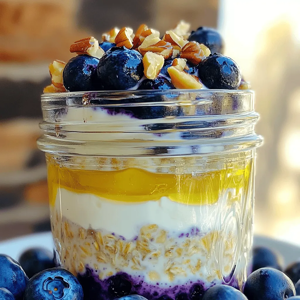 - 1 Tasse Haferflocken (gerollt) - 1 Tasse ungesüßte Mandelmilch (oder Milch nach Wahl) - 1/2 Tasse griechischer Joghurt Die Hauptzutaten machen den Keks- und Käsekuchengeschmack aus. Haferflocken bieten Ballaststoffe und halten dich lange satt. Ungesüßte Mandelmilch sorgt für eine cremige Basis. Griechischer Joghurt fügt Protein und eine schöne Konsistenz hinzu. - 1 Esslöffel Honig oder Ahornsirup Honig oder Ahornsirup sind die perfekten Süßstoffe. Sie geben einen natürlichen Geschmack. Du kannst die Süße nach deinem Wunsch anpassen. Honig hat einen leicht blumigen Geschmack. Ahornsirup bringt eine herzhafte Note in die Mischung. - 1 Teelöffel Vanilleextrakt - 1/2 Teelöffel Zimt Vanilleextrakt bringt Tiefe in dein Rezept. Es duftet und schmeckt wunderbar. Zimt fügt Wärme hinzu und passt perfekt zu Blaubeeren. Diese Gewürze machen die Overnight Oats besonders lecker. Für das komplette Rezept von Blueberry Cheesecake Overnight Oats, schau dir die vollständige Anleitung an. Zuerst mischen Sie die Haferflocken mit der Flüssigkeit. Nehmen Sie eine Schüssel und geben Sie die Haferflocken, die Mandelmilch, den griechischen Joghurt, den Honig, den Vanilleextrakt, den Zimt und eine Prise Salz hinein. Rühren Sie alles gut um. Achten Sie darauf, dass es gleichmäßig vermischt ist. Für den Frischkäse nehmen Sie eine kleine Schüssel. Schlagen Sie den weichen Frischkäse cremig. Nutzen Sie dafür einen Schneebesen oder eine Gabel. Er sollte glatt sein, ohne Klumpen. Jetzt kommt der spaßige Teil: das Schichten! Nehmen Sie ein Einmachglas oder einen anderen Behälter. Beginnen Sie mit einer Schicht der Haferflockenmischung. Dann folgt eine Schicht des cremigen Frischkäses. Wiederholen Sie diese Schritte, bis alle Zutaten aufgebraucht sind. Achten Sie darauf, die Schichten gleichmäßig zu verteilen. Zur Verzierung können Sie frische Blaubeeren und gehackte Nüsse oder Granola verwenden. Diese geben zusätzlichen Crunch und Farbe! Sobald Sie alles geschichtet haben, schließen Sie das Glas oder den Behälter fest. Stellen Sie ihn über Nacht in den Kühlschrank. Wenn Sie es eilig haben, lassen Sie es mindestens 4 Stunden kühlen. So können die Haferflocken gut einweichen und die Aromen verschmelzen. Am Morgen rühren Sie die Haferflocken gut um. Garnieren Sie mit weiteren Blaubeeren und etwas Granola oder Nüssen. Ihr Frühstück sieht nicht nur gut aus, sondern schmeckt auch fantastisch! Wenn Sie die Blaubeer Käsekuchen Overnight Oats anrichten, können Sie sie in Schalen servieren. Ein frisches Minzblatt als Dekoration gibt den letzten Schliff. Die Wahl der Haferflocken ist wichtig. Ich empfehle, gerollte Haferflocken zu verwenden. Sie haben die richtige Textur und quellen gut auf. Für die perfekte Mischung sollten Sie auch das Verhältnis von Milch und Joghurt beachten. Eine Tasse Mandelmilch und eine halbe Tasse griechischer Joghurt sorgen für Cremigkeit und Feuchtigkeit. So wird jedes Bisschen gut. Um den Geschmack zu intensivieren, nutzen Sie frische oder gefrorene Beeren. Frische Blaubeeren bringen viel Aroma. Gefrorene Beeren sind eine gute Wahl, wenn frische nicht verfügbar sind. Sie sind praktisch und oft günstiger. Auch weitere Gewürze können den Geschmack steigern. Ein Hauch von Zimt oder ein wenig Muskatnuss kann Wunder wirken. Experimentieren Sie mit diesen, um Ihren eigenen Twist zu finden. Die Vorbereitung im Voraus spart Zeit. Bereiten Sie Ihre Overnight Oats am Abend vorher vor. Portionieren Sie sie in Gläser. So haben Sie am Morgen ein schnelles Frühstück. Sie sind sofort bereit zum Essen. Wenn Sie mehr für die Woche machen, denken Sie daran, die Zutaten gut zu lagern. So bleiben sie frisch und lecker. Für das vollständige Rezept schauen Sie sich die Anleitung an. {{image_4}} Für vegane Overnight Oats gibt es tolle Alternativen. Du kannst ungesüßte Mandelmilch oder Hafermilch nutzen. Statt griechischem Joghurt nimmst du einfach pflanzlichen Joghurt. Kokos- oder Cashewjoghurt bieten ebenfalls einen großartigen Geschmack. Diese Optionen machen das Rezept für jeden zugänglich, auch für Veganer. Erdnussbutter kann einen tollen Geschmack hinzufügen. Mische einfach einen Löffel Erdnussbutter in die Haferflockenmischung. Auch Schokoladenstückchen sind eine leckere Idee. Sie passen gut zu den Blaubeeren und machen das Frühstück noch aufregender. Experimentiere mit verschiedenen Geschmäckern, um deine perfekte Kombination zu finden. Du kannst die Obstsorten je nach Saison ändern. Im Sommer sind frische Erdbeeren oder Himbeeren perfekt. Im Herbst passen Äpfel oder Birnen gut dazu. Im Winter kannst du gefrorene Früchte verwenden. Diese Variationen halten das Rezept frisch und spannend. So bleibt es immer lecker, egal zu welcher Jahreszeit. Die Blaubeer Käsekuchen Overnight Oats bleiben im Kühlschrank frisch. Du kannst sie bis zu 3 Tage lagern. Achte darauf, dass der Behälter gut verschlossen ist. So bleibt die Qualität erhalten. Wenn du eine Portion machst, kannst du einfach die Menge erhöhen. Das spart Zeit in der Woche. Wenn du die Overnight Oats länger aufbewahren möchtest, kannst du sie einfrieren. Fülle die Mischung in einen luftdichten Behälter. Lass dabei etwas Platz für die Ausdehnung. Zum Auftauen nimm den Behälter einfach aus dem Gefrierfach. Lasse ihn über Nacht im Kühlschrank auftauen. Am nächsten Tag kannst du sie genießen. Wenn du Zutaten übrig hast, gibt es viele Möglichkeiten, sie zu verwenden. Du kannst die restlichen Blaubeeren in Smoothies geben. Frischkäse eignet sich gut für Bagels oder Dips. Haferflocken kannst du auch für Müsliriegel nutzen. So verschwendest du nichts und genießt die Vielfalt. Für das vollständige Rezept schaue dir das Full Recipe an. Du kannst die Overnight Oats bis zu fünf Tage im Kühlschrank lagern. Das hält sie frisch und lecker. Achte darauf, sie in einem luftdichten Behälter zu verstauen. So bleiben die Aromen und die Textur gut erhalten. Ja, du kannst diese Overnight Oats für mehrere Tage vorbereiten. Bereite einfach eine größere Menge zu und teile sie in einzelne Portionen auf. So hast du schnell ein Frühstück, wenn du es eilig hast. Vergiss nicht, die Haferflocken gut umzurühren, bevor du sie isst. Wenn du keine Blaubeeren hast, probiere andere Früchte wie Erdbeeren oder Himbeeren. Du kannst auch gefrorene Früchte verwenden, wenn frische nicht verfügbar sind. Diese Variationen geben dir neue Geschmäcker und halten das Rezept spannend. Das vollständige Rezept der Blueberry Bliss Cheesecake Overnight Oats findest du im Abschnitt "Vollständiges Rezept". Dort sind alle Schritte und Zutaten aufgelistet, damit du gleich loslegen kannst. Diese Anleitung zu Overnight Oats zeigt, wie einfach ein nährstoffreiches Frühstück ist. Wir haben die besten Zutaten und Materialien besprochen, um köstliche Schichtungen zu kreieren. Einige Tipps und Tricks helfen dir, den Geschmack zu verbessern und die Vorbereitung zu erleichtern. Denke daran, dass du viele Variationen ausprobieren kannst. Egal, ob vegan oder mit intensiven Geschmäckern – deine Möglichkeiten sind endlos. Probiere es aus und genieße dein gesundes Frühstück!