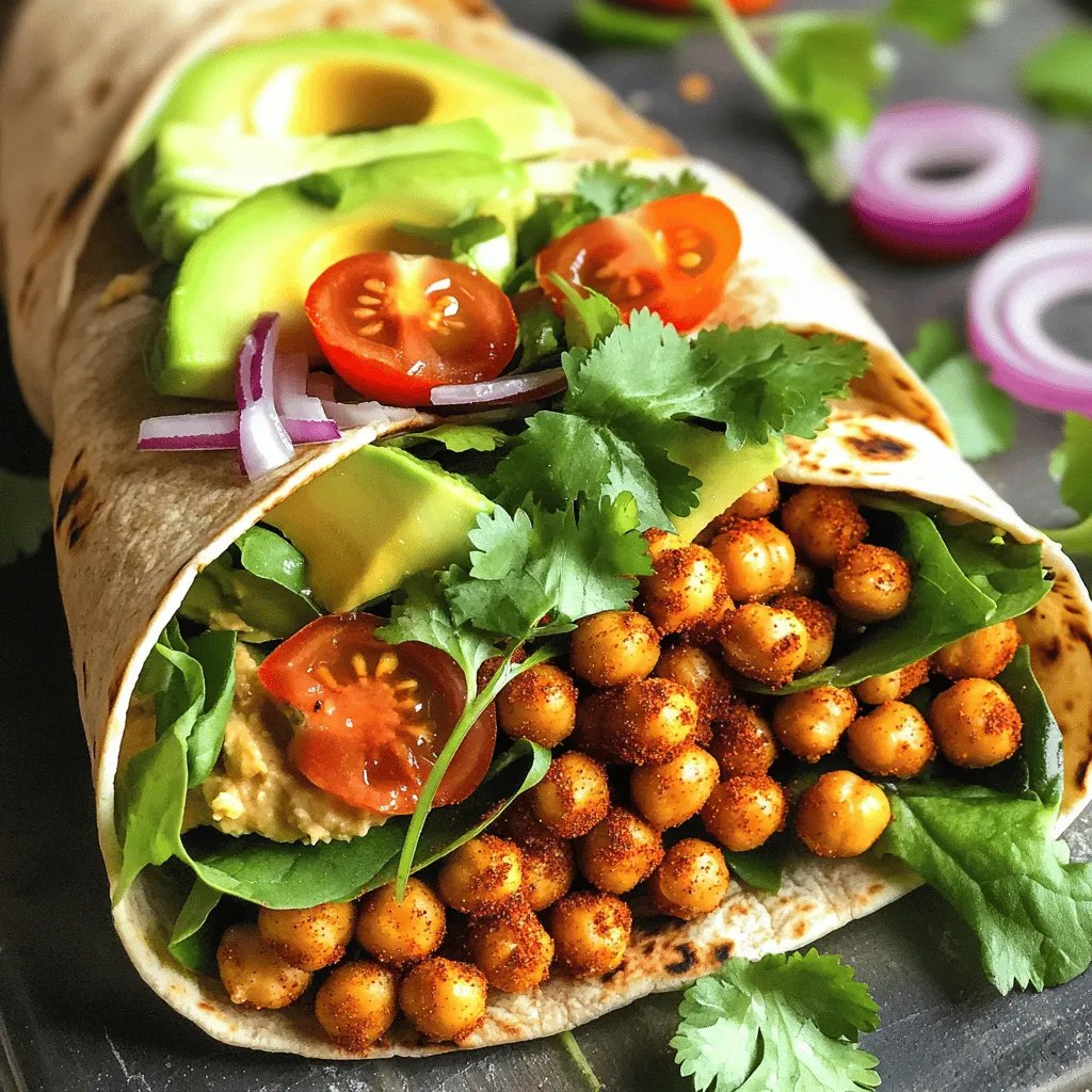 - 1 Dose (425 g) Kichererbsen - Olivenöl und Gewürze - Vollkorn-Wraps oder Tortillas Die Hauptzutaten sind einfach zu finden. Kichererbsen sind die Basis. Sie sind gesund und lecker. Nimm eine Dose Kichererbsen und spüle sie ab. Das Olivenöl bringt Geschmack. Gewürze wie Paprika, Kreuzkümmel und Cayennepfeffer machen die Kichererbsen würzig. Diese Kombination sorgt für einen tollen Geschmack. - Hummus und gemischte Grüntöne - Avocado, Kirschtomaten und rote Zwiebel Frische Zutaten machen den Wrap besonders. Hummus ist cremig und passt gut zu den Kichererbsen. Wähle gemischte Grüntöne wie Spinat oder Rucola. Avocados geben einen feinen Geschmack. Kirschtomaten bringen Süße und Farbe. Rote Zwiebeln fügen einen leckeren Crunch hinzu. Diese Zutaten machen den Wrap frisch und gesund. - Frischer Koriander oder Petersilie Die Garnitur ist der letzte Schliff. Frischer Koriander oder Petersilie bringt Farbe. Es sieht schön aus und schmeckt frisch. Diese Kräuter sind sehr aromatisch. Sie heben den Geschmack des Wraps noch mehr hervor. So wird dein Wrap nicht nur gut schmecken, sondern auch toll aussehen. Für die komplette Zubereitung, schau dir das Full Recipe an. Heize deinen Ofen auf 200°C vor. Nimm eine Schüssel und gib die abgetropften Kichererbsen hinein. Füge das Olivenöl, das geräucherte Paprikapulver, den Kreuzkümmel, den Cayennepfeffer, Salz und Pfeffer hinzu. Mische alles gut, bis die Kichererbsen gleichmäßig bedeckt sind. Diese Gewürze geben den Kichererbsen eine tolle Würze. Verteile die gewürzten Kichererbsen in einer einzigen Schicht auf ein Backblech. Benutze Backpapier, um ein Ankleben zu verhindern. Röste die Kichererbsen 25 bis 30 Minuten lang. Rühre sie einmal um, damit sie gleichmäßig knusprig werden. Die Kichererbsen sollen goldbraun und kross sein, wenn sie fertig sind. Bereite die Wraps vor, während die Kichererbsen rösten. Trage eine großzügige Schicht Hummus auf jeden Wrap auf. Schichte dann die gemischten Grüntöne auf das Hummus. Füge die Avocadoscheiben, die knusprigen Kichererbsen, die halbierten Kirschtomaten und die dünn geschnittene rote Zwiebel hinzu. Würze nach Geschmack mit mehr Salz und Pfeffer. Garniere die Wraps mit frischem Koriander oder Petersilie. Rolle jeden Wrap vorsichtig auf und schneide ihn diagonal in der Mitte durch. Serviere die Wraps sofort mit extra Hummus oder deiner Lieblingssauce. Um die Kichererbsen perfekt zu rösten, heize deinen Ofen auf 200°C vor. Die richtige Temperatur sorgt für eine knusprige Textur. Röste die Kichererbsen für 25 bis 30 Minuten. Vergiss nicht, sie in der Mitte der Garzeit umzurühren. So garen sie gleichmäßig und werden schön goldbraun. Für eine ansprechende Präsentation serviere die Wraps auf einem schönen Holzbrett. Lege frische Kräuter und Kirschtomaten daneben. Das sieht nicht nur gut aus, sondern macht das Essen auch noch appetitlicher. Du kannst die Wraps diagonal schneiden, um sie schöner zu präsentieren. Denke daran, auch etwas extra Hummus dazu zu servieren. Wenn du glutenfreie Optionen brauchst, verwende glutenfreie Tortillas oder Wraps. Für vegane Alternativen achte darauf, dass der Hummus ohne tierische Produkte ist. So kann jeder deine leckeren Wraps genießen. Sei kreativ und passe die Zutaten nach deinen Bedürfnissen an. {{image_4}} Sie können die Wraps mit vielen weiteren Zutaten anpassen. Hier sind einige Ideen: - Paprika: Fügen Sie rote oder gelbe Paprika hinzu. Sie bringen Farbe und Süße. - Gurke: Frische Gurken machen die Wraps knackig und erfrischend. - Karotten: Reiben Sie Karotten für extra Biss und Süße. - Feta-Käse: Ein wenig Feta gibt den Wraps einen salzigen Kick. - Hühnchen oder Tofu: Wenn Sie Protein möchten, probieren Sie gegrilltes Hühnchen oder gewürfelten Tofu. All diese Füllungen machen die Wraps noch leckerer und sättigender. Die Gewürze können Sie leicht ändern. Hier sind einige Vorschläge: - Kreolische Gewürze: Diese geben den Wraps einen würzigen, tiefen Geschmack. - Curry-Pulver: Für eine exotische Note fügen Sie etwas Curry hinzu. - Italienische Kräuter: Oregano und Basilikum bringen einen frischen, mediterranen Flair. - Chili-Flocken: Für mehr Schärfe können Sie Chili-Flocken verwenden. Experimentieren Sie mit diesen Gewürzen, um Ihren perfekten Geschmack zu finden. Es gibt viele Alternativen zu normalen Tortillas. Probieren Sie diese: - Spinattortillas: Diese sind bunt und gesund. - Vollkorn-Tortillas: Sie sind nahrhaft und bieten einen nussigen Geschmack. - Reispapier: Für einen leichten Wrap sind Reispapiere ideal. - Blätter von Salat: Verwenden Sie große Blätter, um glutenfrei zu bleiben. Jede Option gibt den Wraps eine neue Note. Finden Sie Ihre Lieblingsvariante. Wenn Sie mehr Ideen suchen, sehen Sie sich das Full Recipe an. Um deine Wraps frisch zu halten, lagere sie im Kühlschrank. Wickele sie fest in Frischhaltefolie. So bleibt die Füllung saftig und der Wrap bleibt weich. Wenn du sie in einem luftdichten Behälter aufbewahrst, vermeidest du, dass sie austrocknen. Du kannst die Wraps auch in kleine Portionen aufteilen. So hast du immer einen schnellen Snack parat. Die Wraps lassen sich gut im Voraus vorbereiten. Röste die Kichererbsen und bereite die Füllung vor. Du kannst die Kichererbsen auch einen Tag vorher rösten. Lagere sie in einem luftdichten Behälter. Bereite die Wraps erst kurz vor dem Servieren zu. So bleibt alles frisch und knackig. Das Hummus und die frischen Zutaten solltest du ebenfalls getrennt aufbewahren. Die Wraps sind im Kühlschrank etwa 2-3 Tage haltbar. Achte darauf, dass alle Zutaten frisch sind. Verwende reife Avocados und knackige Grüntöne. Überprüfe die Kichererbsen auf ihre Knusprigkeit. Wenn sie weich werden, schmecken sie nicht mehr gut. Du kannst die Wraps auch einfrieren, aber die Textur kann sich ändern. Es ist am besten, sie frisch zu genießen. Die Wraps bleiben im Kühlschrank etwa drei Tage frisch. Sie sollten sie in einem luftdichten Behälter aufbewahren. Achte darauf, die Wraps nicht mit der Füllung zu lange stehen zu lassen. Sonst werden sie matschig. Wenn du die Kichererbsen separat lagerst, kannst du die Wraps länger genießen. Ja, du kannst die Kichererbsen im Air Fryer zubereiten. Heize deinen Air Fryer auf 200°C vor. Gib die gewürzten Kichererbsen in den Korb. Röste sie für etwa 15 bis 20 Minuten. Schüttle den Korb nach der Hälfte der Zeit, um eine gleichmäßige Röstung zu erzielen. So werden sie schön knusprig. Ja, die Wraps können leicht vegan sein. Verwende einfach einen pflanzlichen Hummus. Achte darauf, dass die Tortillas keine tierischen Produkte enthalten. Die Füllung aus Kichererbsen, Gemüse und Avocado ist bereits vegan. So hast du eine leckere und gesunde Mahlzeit. Für das vollständige Rezept schaue dir die [Full Recipe] an. Zusammengefasst zeigen wir dir, wie du schnelle und gesunde Wraps mit Kichererbsen machst. Du brauchst einfache Zutaten wie Kichererbsen, Wraps, frisches Gemüse und Gewürze. Wir haben eine Schritt-für-Schritt-Anleitung erstellt, damit es leicht wird. Denk an die Tipps für perfekte Wraps und die Variationen, um neue Geschmäcker zu entdecken. Halte deine Wraps frisch mit unseren Lagerhinweisen. Probiere diese Rezeptideen aus, um leckere und nahrhafte Mahlzeiten zu genießen!