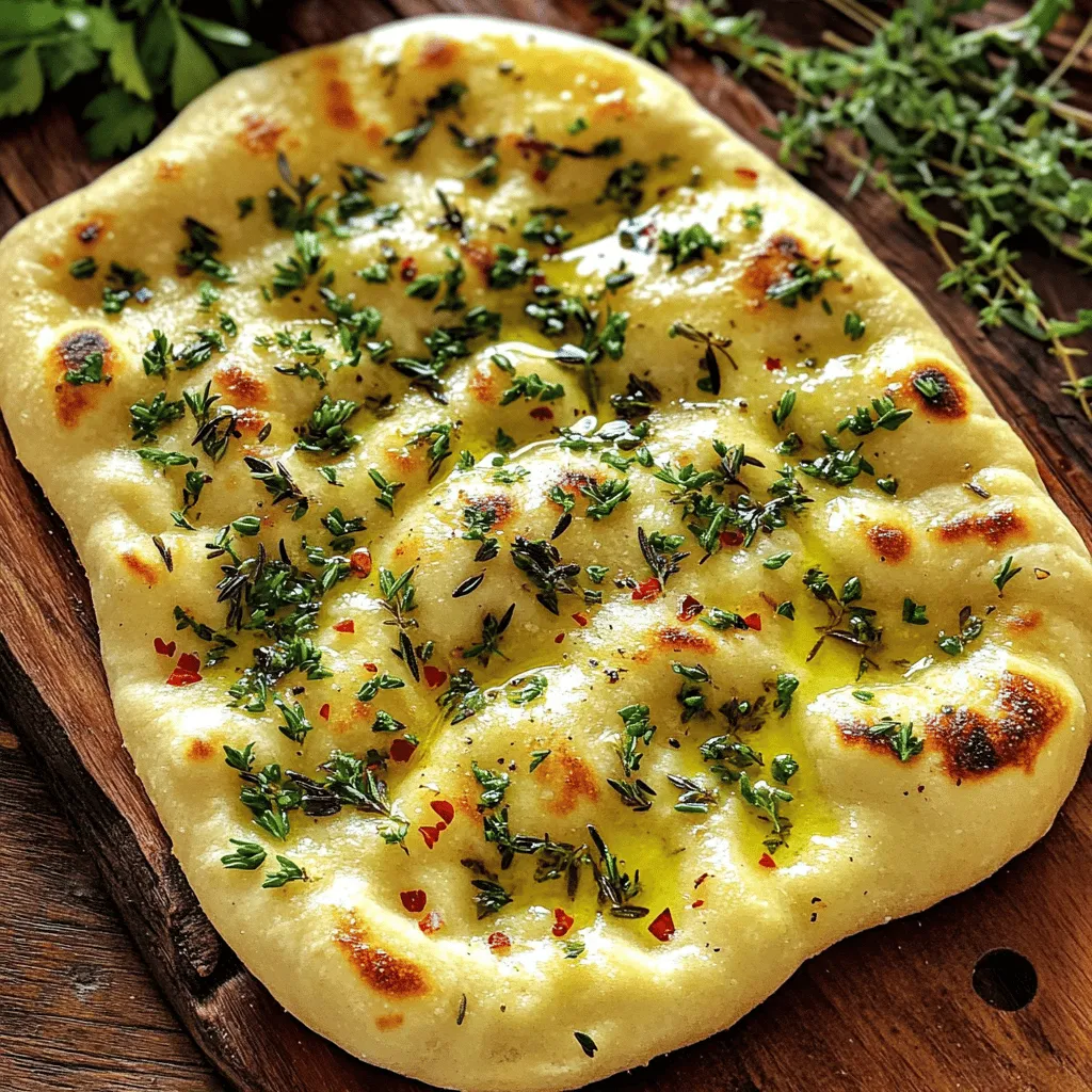 - 2 Tassen Allzweckmehl - 1 Teelöffel Salz - 1 Teelöffel Backpulver - 3/4 Tasse warmes Wasser - 2 Esslöffel Olivenöl - 4 Zehen Knoblauch, fein gehackt - 2 Esslöffel frische Petersilie, gehackt - 1 Esslöffel frischer Rosmarin, gehackt - 1 Esslöffel frische Thymianblätter - 1/4 Teelöffel rote Pfefferflocken (optional) - Zusätzliches Olivenöl zum Bestreichen - Meersalz zum Bestreuen Die Hauptzutaten sind der Grundstein für das Fladenbrot. Das Mehl gibt dem Brot Struktur. Salz bringt Geschmack. Backpulver sorgt für die richtige Konsistenz. Warmes Wasser und Olivenöl machen den Teig geschmeidig. Die aromatischen Zutaten bringen den besten Geschmack. Knoblauch ist der Star in diesem Rezept. Petersilie, Rosmarin und Thymian verleihen Frische. Rote Pfefferflocken fügen eine leichte Schärfe hinzu. Du kannst sie weglassen, wenn du es mild magst. Die Extras sind wichtig, um das Fladenbrot zu verfeinern. Olivenöl macht es glänzend und lecker. Meersalz gibt den letzten Schliff. Nutze für das gesamte Rezept die [Full Recipe]. Es ist einfach und macht Freude beim Nachkochen. Um den Teig zu machen, beginne mit 2 Tassen Allzweckmehl. Füge 1 Teelöffel Salz und 1 Teelöffel Backpulver hinzu. Mische alles gut in einer großen Schüssel. Jetzt kommt das Wasser ins Spiel. Gib 3/4 Tasse warmes Wasser und 2 Esslöffel Olivenöl dazu. Knete den Teig 5 Minuten lang auf einer bemehlten Fläche. Der Teig soll glatt und elastisch sein. Decke den Teig mit einem feuchten Tuch ab. Lass ihn 20 Minuten ruhen. Diese Ruhezeit hilft dem Teig, besser zu gehen und lockerer zu werden. Nutze die Zeit, um die Kräutermischung vorzubereiten. Für die Kräutermischung nimm 4 Zehen Knoblauch und hacke sie fein. Vermenge den Knoblauch in einer kleinen Schüssel mit 2 Esslöffeln frischer Petersilie, 1 Esslöffel Rosmarin und 1 Esslöffel Thymian. Du kannst auch 1/4 Teelöffel rote Pfefferflocken hinzufügen, wenn du es scharf magst. Diese Mischung bringt viel Geschmack ins Fladenbrot. Wenn der Teig ruht, heiß die Pfanne vor. Teile den Teig in 4 gleich große Portionen. Rolle jede Portion zu einem flachen Kreis aus, etwa 0,5 cm dick. Bestreiche eine Seite mit Olivenöl und verteile die Kräutermischung darauf. Lege die Kräuterseite nach unten in die Pfanne. Brate das Fladenbrot 2-3 Minuten, bis es goldbraun ist. Bestreiche die Oberseite mit mehr Olivenöl und streue etwas Meersalz darüber. Wende das Brot und brate die andere Seite für weitere 2-3 Minuten. Wiederhole das mit den restlichen Teigstücken. Serviere das Fladenbrot warm. Du kannst es auch mit Dips wie Tzatziki oder Hummus genießen. Für das gesamte Rezept, schau einfach in die Sektion [Full Recipe]. Um das Fladenbrot perfekt zu braten, sollte die Temperatur der Pfanne stimmen. Eine zu heiße Pfanne kann das Brot verbrennen. Überprüfe die Hitze, bevor du das Brot hineingibst. Das Fladenbrot braucht nur 2 bis 3 Minuten pro Seite. Brate es nicht zu lange, sonst wird es hart. Du kannst den Teig variieren, um neue Geschmäcker zu kreieren. Vollkornmehl ist eine gesunde Option. Es macht das Brot nussig und sättigend. Auch andere Kräuter sind eine gute Wahl. Probiere Oregano oder Basilikum für einen anderen Geschmack. Das Fladenbrot schmeckt toll mit Dips. Du kannst es mit Hummus oder Tzatziki servieren. Es eignet sich auch gut als Beilage zu vielen Gerichten. Garniere es vor dem Servieren mit frischen Kräutern und Olivenöl. So sieht es toll aus und schmeckt noch besser. {{image_4}} Wenn Sie neue Aromen probieren möchten, können Sie die Kräuter anpassen. Ersetzen Sie Thymian durch Oregano. Oregano hat einen ähnlichen Geschmack und passt gut zu vielen Gerichten. Alternativ können Sie Petersilie durch Basilikum tauschen. Basilikum bringt eine süße Note, die das Fladenbrot bereichert. Diese kleinen Änderungen machen das Rezept noch spannender. Das Fladenbrot schmeckt auch hervorragend mit verschiedenen Belägen. Fügen Sie Käse hinzu, um einen herzhaften Geschmack zu erreichen. Mozzarella oder Feta funktionieren gut. Sie können auch Oliven oder getrocknete Tomaten verwenden. Diese Zutaten sorgen für mehr Textur und einen reichhaltigen Geschmack. Lassen Sie Ihrer Kreativität freien Lauf und experimentieren Sie mit verschiedenen Kombinationen. Falls Sie glutenfrei essen möchten, gibt es Alternativen. Verwenden Sie Alternativmehle wie Mandelmehl oder Reismehl. Diese Mehle geben dem Fladenbrot eine andere Textur, aber es bleibt lecker. Achten Sie darauf, die Menge entsprechend anzupassen. Jedes Mehl hat unterschiedliche Eigenschaften. Machen Sie sich keine Sorgen, wenn das Ergebnis nicht perfekt aussieht. Es wird immer noch köstlich sein. Du kannst das zubereitete Fladenbrot einfach im Kühlschrank aufbewahren. Wickel es in Frischhaltefolie oder lege es in einen luftdichten Behälter. So bleibt es frisch. Es hält sich dort etwa 3 bis 4 Tage. Wenn du es noch warm hast, lass es zuerst abkühlen. So vermeidest du Feuchtigkeit im Behälter. Um Fladenbrot einzufrieren, lasse es vollständig abkühlen. Schneide es in Portionen, damit du nur das auftauen kannst, was du benötigst. Lege die Portionen in einen Gefrierbeutel. Drücke die Luft heraus und verschließe sie gut. So bleibt das Brot bis zu 3 Monate frisch. Zum Auftauen lege das Brot einfach in den Kühlschrank oder bei Zimmertemperatur. Das Fladenbrot bleibt frisch, wenn du es richtig lagerst. Im Kühlschrank hält es 3 bis 4 Tage. Im Gefrierfach bleibt es bis zu 3 Monate genießbar. Achte darauf, dass es nicht schimmelt oder austrocknet. Wenn du Zweifel hast, rieche daran oder schaue, ob es Anzeichen von Verderb gibt. Um das Fladenbrot knusprig zu machen, gibt es einige einfache Tipps. - Höhere Hitze: Braten Sie bei mittlerer bis hoher Hitze. - Wenden: Wenden Sie das Brot, wenn es goldbraun ist. - Dünne Schichten: Rollen Sie den Teig dünn aus. So wird es knuspriger. - Öl verwenden: Bestreichen Sie das Brot mit Olivenöl vor dem Braten. Diese Tipps helfen Ihnen, die perfekte Konsistenz zu erreichen. Ja, Sie können das Fladenbrot auch im Ofen backen. Hier ist die Methode: 1. Heizen Sie den Ofen auf 220°C vor. 2. Rollen Sie den Teig dünn aus und legen Sie ihn auf ein Backblech. 3. Bestreichen Sie das Brot mit Olivenöl und streuen Sie etwas Meersalz darauf. 4. Backen Sie das Brot 10-12 Minuten lang, bis es goldbraun ist. Diese Methode ergibt ein köstliches, knuspriges Fladenbrot. Knoblauch Kräuter Fladenbrot schmeckt toll mit verschiedenen Dips. Hier sind ein paar Ideen: - Hummus: Cremig und lecker. - Tzatziki: Kühl und erfrischend. - Olivenöl: Einfach, aber gut. - Salsa: Für einen fruchtigen Kick. Sie können das Fladenbrot auch als Beilage zu Salaten oder Suppen servieren. Ja, das Rezept lässt sich leicht für Veganer anpassen. Hier sind einige Tipps: - Öl: Verwenden Sie pflanzliches Öl anstelle von Butter. - Kräuter: Alle Kräuter sind vegan. - Zusätzliche Aromen: Fügen Sie mehr Gewürze oder Gemüse hinzu. Mit diesen Anpassungen kann jeder das Fladenbrot genießen. Für das komplette Rezept schauen Sie sich [Full Recipe] an. Zusammenfassend haben wir die wichtigsten Zutaten für köstliches Fladenbrot betrachtet. Wir haben schnelle Schritte zur Zubereitung des Teigs, die Ruhezeit und das Braten des Fladenbrots besprochen. Tipps zur optimalen Zubereitung und Lagerung erhöhen den Genuss. Experimentiere mit Kräutern und Belägen, um deine eigene Note hinzuzufügen. Das Fladenbrot bietet viele Anpassungsmöglichkeiten. Viel Spaß beim Ausprobieren in deiner Küche!