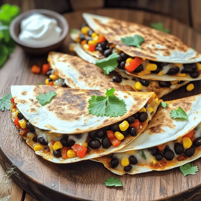 - Schwarze Bohnen und deren Vorteile Schwarze Bohnen sind nährstoffreich. Sie enthalten viele Ballaststoffe, die gut für die Verdauung sind. Sie liefern auch pflanzliches Protein, was sie zu einer tollen Zutat macht. Bohnen sind außerdem günstig und einfach zu verwenden. Sie bringen eine cremige Textur in die Füllung. - Verwendung von Mais und Paprika Mais bringt Süße und Knusprigkeit. Er passt gut zu den Bohnen und macht die Quesadillas bunter. Rote Paprika fügt Frische hinzu. Sie ist knackig und hat einen süßen Geschmack. Zusammen mit den Bohnen und dem Mais ergibt dies eine leckere Mischung. - Die Rolle des Käses in der Füllung Käse sorgt für einen reichhaltigen Geschmack. In diesem Rezept verwenden wir Pepper Jack Käse. Er hat einen leichten Schärfegrad, der gut zu den würzigen Bohnen passt. Der Käse schmilzt beim Kochen und verbindet alles. So entsteht eine köstliche, cremige Füllung. - Auswahl der richtigen Gewürze Gewürze machen das Essen spannend. Kreuzkümmel bringt einen warmen, erdigen Geschmack. Chili-Pulver fügt Schärfe hinzu. Knoblauchpulver verstärkt den Geschmack. Diese Gewürze harmonieren perfekt mit den Bohnen und dem Käse. - Die Bedeutung von Olivenöl Olivenöl ist gesund und gibt Geschmack. Es hilft, die Zwiebeln und Paprika weich zu machen. Außerdem sorgt es dafür, dass die Quesadillas goldbraun werden. Ein gutes Olivenöl ist wichtig, um den besten Geschmack zu erzielen. - Vorschläge für Beilagen Quesadillas schmecken gut mit Sauerrahm oder griechischem Joghurt. Diese Dips bringen eine frische Note. Eine Salsa kann auch gut passen. Sie fügt zusätzlichen Geschmack und Frische hinzu. - Variationen bei der Präsentation Servieren Sie die Quesadillas warm auf einer großen Platte. Das sieht einladend aus. Garnieren Sie sie mit frischem Koriander. Dies bringt Farbe und Geschmack. Es ist eine einfache, aber schöne Art, das Gericht zu präsentieren. Zuerst erhitzen Sie 1 Esslöffel Olivenöl in einer großen Pfanne. Stellen Sie die Hitze auf mittlere Stufe. Fügen Sie die fein gehackte Zwiebel und die gewürfelte Paprika hinzu. Braten Sie diese Mischung etwa 3 bis 4 Minuten lang. Sie sollten weich werden und gut duften. Danach kommen die schwarzen Bohnen und der Mais in die Pfanne. Geben Sie auch den Kreuzkümmel, das Chili-Pulver, das Knoblauchpulver, Salz und Pfeffer hinzu. Kochen Sie alles für weitere 2 bis 3 Minuten. Rühren Sie gut um, bis die Mischung gut warm ist. Nehmen Sie die Pfanne vom Herd. Fügen Sie die Hälfte des geriebenen Käses hinzu. Rühren Sie gut um, bis der Käse leicht schmilzt. Nun kommt der spannende Teil. Erhitzen Sie eine separate große Pfanne bei mittlerer Hitze. Geben Sie den restlichen 1 Esslöffel Olivenöl hinzu. Legen Sie eine Tortilla in die Pfanne. Verteilen Sie ein Viertel der Bohnenmischung auf die eine Hälfte der Tortilla. Streuen Sie etwas vom restlichen Käse darüber. Klappen Sie die andere Hälfte der Tortilla über die Füllung. Braten Sie die Quesadilla für etwa 3 bis 4 Minuten. Sie sollte goldbraun und knusprig sein. Wenden Sie die Quesadilla vorsichtig mit einem großen Spatel. Braten Sie die andere Seite ebenfalls für 3 bis 4 Minuten. Wiederholen Sie diesen Vorgang mit den restlichen Tortillas und der Füllung. Sobald die Quesadillas fertig sind, nehmen Sie sie aus der Pfanne. Lassen Sie sie etwa eine Minute ruhen. Schneiden Sie sie dann in Viertel. Servieren Sie die Quesadillas warm auf einer großen Platte. Garnieren Sie sie mit frischem Koriander. Stellen Sie eine kleine Schüssel mit Sauerrahm oder griechischem Joghurt zum Dippen bereit. So sieht die perfekte Präsentation aus! Für das vollständige Rezept schauen Sie sich die Full Recipe an. Du kannst die Quesadillas einfach anpassen. Wenn du vegetarisch kochen möchtest, lasse den Käse weg oder verwende veganen Käse. Du kannst auch zusätzliches Gemüse wie Spinat oder Pilze hinzufügen. Bei den Gewürzen kannst du kreativ sein. Probiere Paprika, Oregano oder sogar eine Prise Zimt für einen neuen Geschmack. Beim Kochen können einige Fehler passieren. Achte darauf, die Zwiebeln nicht zu lange anzubraten. Sie sollten weich, aber nicht verbrannt sein. Wenn du die Quesadillas brätst, nutze mittlere Hitze. Zu hohe Hitze kann die Tortillas verbrennen. Wende die Quesadillas vorsichtig. So bleibt die Füllung an Ort und Stelle. Meal Prep kann dir Zeit sparen. Bereite die Bohnen-Mais-Mischung im Voraus zu. Bewahre sie im Kühlschrank auf, und brate die Quesadillas frisch. Die Zutaten haben eine gute Haltbarkeit. Bohnen und Käse bleiben bis zu einer Woche frisch. Gemüse solltest du innerhalb von drei Tagen verwenden. So bleibt alles lecker und knackig. Für das vollständige Rezept schaue dir die vollständige Anleitung an. {{image_4}} Würzige schwarze Bohnen Quesadillas lassen sich gut an lokale Geschmäcker anpassen. In Südeuropa kannst du Oliven und Feta hinzufügen. Diese Zutaten verleihen den Quesadillas einen mediterranen Touch. Mexikanische Varianten nutzen oft frische Jalapeños oder Chilis. Diese bringen mehr Hitze in das Gericht. Du kannst auch verschiedene Käsesorten ausprobieren. Cheddar, Gouda oder sogar Queso Fresco passen gut. Die richtigen Beilagen heben dein Gericht hervor. Salsa ist ein Klassiker. Frische Tomatensalsa bringt Farben und Geschmack. Guacamole ist eine weitere tolle Option. Sie ergänzt die Quesadillas gut und fügt Cremigkeit hinzu. Ein bunter Salat aus Rucola, Tomaten und Avocado passt perfekt. Wenn du nach Alternativen zu Tortillas suchst, sind Salatblätter eine gute Wahl. Sie sind leicht und frisch. Für glutenfreie Quesadillas wähle glutenfreie Tortillas. Diese sind heute in vielen Läden erhältlich. Sie bieten die gleiche Textur und sind lecker. Low-Carb-Optionen können mit Blumenkohl-Tortillas gemacht werden. Diese sind nährstoffreich und diätfreundlich. So kannst du deine Quesadillas genießen, ohne die Kohlenhydrate zu zählen. Nutze die Vorschläge aus dem [Full Recipe], um die besten Ergebnisse zu erzielen. Wenn Sie Quesadillas übrig haben, sollten Sie sie schnell kühlen. Wickeln Sie die Quesadillas gut in Frischhaltefolie. Legen Sie sie dann in einen luftdichten Behälter. So bleiben sie frisch. Wenn Sie sie länger aufbewahren möchten, können Sie sie einfrieren. Frieren Sie sie einfach in einem geeigneten Behälter ein. Zum Erhitzen nehmen Sie die Quesadillas aus dem Kühlschrank. Lassen Sie sie etwa 10 Minuten bei Raumtemperatur stehen. Erwärmen Sie sie dann in einer Pfanne bei mittlerer Hitze. Das sorgt dafür, dass sie knusprig bleiben. Die Haltbarkeit von schwarzen Bohnen ist wichtig. Lagern Sie die Dose ungeöffnet in einem kühlen, trockenen Ort. Nach dem Öffnen sollten Sie die Bohnen in den Kühlschrank stellen. Verwenden Sie sie innerhalb von 3 bis 5 Tagen. Käse sollte ebenfalls richtig gelagert werden. Wickeln Sie ihn gut ein und stellen Sie ihn in den Kühlschrank. Achten Sie darauf, dass er nicht austrocknet. Gemüse wie Paprika und Zwiebeln halten sich am besten im Gemüsefach des Kühlschranks. Überprüfen Sie regelmäßig auf Frische und verwenden Sie sie schnell. Hygiene ist beim Kochen sehr wichtig. Waschen Sie sich immer die Hände, bevor Sie mit Lebensmitteln arbeiten. Reinigen Sie alle Oberflächen und Utensilien gut. Verwenden Sie separate Schneidebretter für Fleisch und Gemüse. Lagern Sie Lebensmittel im Kühlschrank bei 4 Grad Celsius oder kälter. Achten Sie darauf, dass gekochte Speisen nicht länger als 2 Stunden bei Raumtemperatur stehen. Diese Tipps helfen Ihnen, sicher und gesund zu kochen. Die Zubereitung dieser Quesadillas braucht etwa 15 Minuten. Die Kochzeit beträgt rund 10 Minuten. In weniger als 30 Minuten kannst du ein leckeres Gericht genießen. Dies ist ideal, wenn du wenig Zeit hast. Ja, du kannst Tiefkühlbohnen verwenden. Sie sind praktisch und einfach zu handhaben. Achte darauf, sie vorher gut abzutropfen. Frische Bohnen sind auch gut, aber gefrorene sparen Zeit. Beide Optionen bieten dir tolle Geschmackserlebnisse. Beliebte Beilagen sind frische Salsa, Guacamole und Sauerrahm. Diese Dips ergänzen die Quesadillas perfekt. Auch ein frischer Salat passt gut dazu. Du kannst die Beilagen nach deinem Geschmack anpassen. So wird jede Mahlzeit besonders. Ja, du kannst glutenfreie Tortillas verwenden. Achte darauf, dass sie aus Reis, Mais oder einer anderen glutenfreien Quelle sind. Diese Tortillas haben einen tollen Geschmack. So kannst du die Quesadillas auch ohne Gluten genießen. Diese Anleitung für würzige schwarze Bohnen Quesadillas bietet alles, was du brauchst. Du hast gelernt, welche Zutaten wichtig sind und wie du sie zubereitest. Ich habe dir die besten Tipps gegeben, um häufige Fehler zu vermeiden. Experimentiere sicher mit verschiedenen Variationen und passe das Rezept nach deinem Geschmack an. Die Aufbewahrungshinweise garantieren, dass deine Reste frisch bleiben. Mit diesen Informationen kannst du köstliche Quesadillas einfach zubereiten. Lass deiner Kreativität freien Lauf und genieße dein Ergebnis!