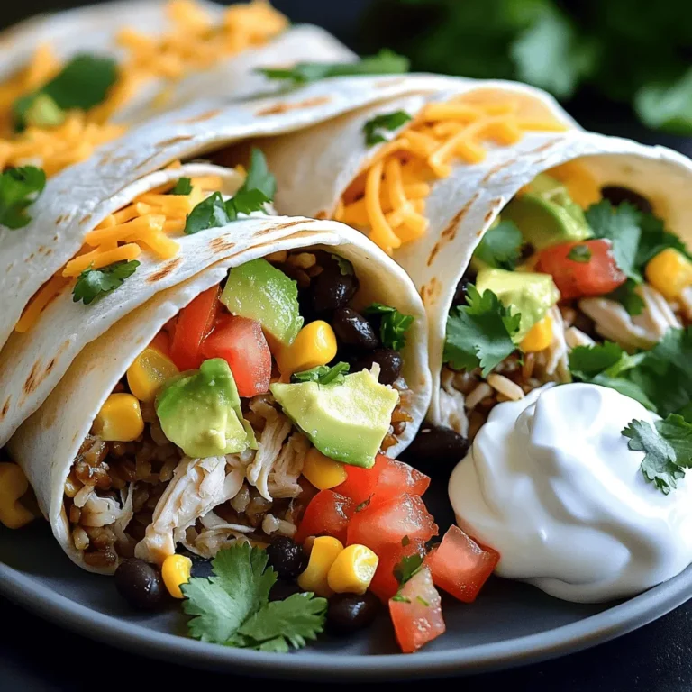 Die Hauptzutaten sind einfach und frisch. Sie sind der Schlüssel zu einem leckeren Burrito. Hier ist die Liste: - 2 Tassen gekochtes Hähnchen, gerupft - 1 reife Avocado, gewürfelt - 1 Tasse gekochter Reis (braun oder weiß) - 1 Tasse schwarze Bohnen, abgespült und abgetropft - 1 Tasse Maiskörner (frisch, gefroren oder aus der Dose) - 1 mittelgroße Tomate, gewürfelt - 1/2 Tasse geriebener Cheddar-Käse - 1/4 Tasse frischer Koriander, gehackt - 2 Esslöffel Limettensaft - 1 Teelöffel Kreuzkümmel - 1 Teelöffel Paprika - Salz und Pfeffer nach Geschmack - 4 große Tortillas aus Vollkorn oder Weizen - Optional: saure Sahne oder griechischer Joghurt zum Servieren Um den Burritos mehr Geschmack zu geben, füge ein paar Beilagen hinzu. Hier sind einige tolle Ideen: - Salsa: Frisch oder gekocht, das bringt Würze. - Guacamole: Perfekt, um das Avocado-Thema zu setzen. - Salat: Ein einfacher grüner Salat bringt Frische. - Tortilla-Chips: Knusprig und lecker, um dazu zu snacken. Jeder Burrito ist nahrhaft und sättigend. Hier sind die Nährwerte für eine Portion: - Kalorien: Etwa 500 kcal - Protein: Rund 30 g - Kohlenhydrate: Ca. 60 g - Fett: Ungefähr 15 g Diese Werte können je nach Zutaten variieren. Wenn du die genaue Nährstoffzahl wissen möchtest, schaue dir die Full Recipe an. Beginnen Sie mit der Füllung. Nehmen Sie eine große Schüssel. Fügen Sie 2 Tassen gekochtes Hähnchen hinzu. Das Hähnchen sollte gerupft sein. Dazu kommen 1 reife, gewürfelte Avocado und 1 Tasse gekochter Reis. Sie können braunen oder weißen Reis verwenden. Mischen Sie 1 Tasse schwarze Bohnen und 1 Tasse Maiskörner unter. Die Bohnen sollten gut abgespült sein. Die Maiskörner können frisch oder aus der Dose sein. Jetzt fügen Sie 1 mittelgroße gewürfelte Tomate hinzu. Um den Geschmack zu verbessern, geben Sie 1/2 Tasse geriebenen Cheddar-Käse und 1/4 Tasse gehackten Koriander dazu. Dann kommen 2 Esslöffel Limettensaft, 1 Teelöffel Kreuzkümmel und 1 Teelöffel Paprika. Vergessen Sie nicht, mit Salz und Pfeffer abzuschmecken. Mischen Sie alles vorsichtig. Achten Sie darauf, dass die Zutaten gut verteilt sind. Jetzt sind wir bereit zum Rollen. Legen Sie eine Tortilla flach auf eine saubere Fläche. Nehmen Sie etwa 1/4 der Füllung und geben Sie sie in die Mitte. Klappen Sie die Seiten der Tortilla über die Füllung. Jetzt rollen Sie die Tortilla von unten auf. So entsteht ein schöner Burrito. Wiederholen Sie diesen Schritt mit den restlichen Tortillas und der Füllung. Wenn Sie es knusprig mögen, können Sie die Burritos grillen. Legen Sie die Burritos mit der Naht nach unten in eine vorgeheizte Pfanne. Stellen Sie die Hitze auf mittel. Grillen Sie die Burritos 2-3 Minuten auf jeder Seite. Achten Sie darauf, dass sie goldbraun werden. So bekommen Sie eine tolle Textur. Schneiden Sie die Burritos in der Mitte durch, wenn Sie möchten. Servieren Sie sie warm mit etwas saurer Sahne oder griechischem Joghurt. So macht das Essen noch mehr Spaß! Ein häufiger Fehler ist, zu viel Füllung in die Tortilla zu geben. Das führt zu einem unordentlichen Burrito. Achte darauf, nur eine angemessene Menge zu verwenden. Ein weiterer Fehler ist, die Burritos nicht richtig zu rollen. Klappe die Seiten ein und rolle sie fest, damit die Füllung nicht herausfällt. Wenn du die Burritos grillst, achte darauf, die Hitze nicht zu hoch einzustellen. Goldbraun ist der Schlüssel, nicht verbrannt. Die Auswahl frischer Zutaten ist entscheidend. Wähle eine reife Avocado, die leicht auf Druck gibt. Das Hähnchen sollte saftig und gut gewürzt sein. Verwende frische Kräuter, wie Koriander, für mehr Geschmack. Achte darauf, qualitativ hochwertige Tortillas zu wählen. Vollkorn-Tortillas sind gesund und lecker. Sie geben deinem Burrito eine nussige Note. Serviere die Burritos mit saurer Sahne oder griechischem Joghurt. Das fügt eine cremige Textur hinzu. Ein Spritzer Limettensaft auf dem Burrito hebt den Geschmack. Du kannst auch frische Salsa oder Guacamole als Dip anbieten. Das gibt einen schönen Kontrast zur Füllung. Für einen extra Kick, füge etwas scharfe Soße hinzu. Das macht deine Burritos noch aufregender. {{image_4}} Möchtest du eine vegetarische Variante? Das ist ganz einfach! Ersetze das Hähnchen durch zusätzliche schwarze Bohnen oder Kichererbsen. Du kannst auch Tofu anstelle von Hähnchen verwenden. Achte darauf, den Tofu gut zu würzen und zu braten, damit er mehr Geschmack bekommt. Avocado bleibt eine wichtige Zutat, denn sie gibt Cremigkeit und gesunde Fette. Zusatzstoffe können den Burritos mehr Geschmack verleihen. Probiere, etwas frischen Spinat oder Rucola in die Mischung einzufügen. Diese grünen Blätter bringen Farbe und Nährstoffe. Du kannst auch Jalapeños für eine scharfe Note verwenden. Wenn du mehr Crunch magst, füge einige Tortilla-Chips oder geröstete Nüsse hinzu. Die Würze ist wichtig für den Geschmack. Du kannst die Gewürze nach deinem Geschmack anpassen. Mehr Kreuzkümmel gibt einen erdigen Geschmack. Für mehr Schärfe nimm eine Prise Cayennepfeffer oder Chili-Pulver. Wenn du es milder magst, reduziere einfach die Menge dieser Gewürze. Eine Prise Salz und Pfeffer bringt die Aromen zusammen. Für das komplette Rezept und mehr Tipps, schaue dir die Full Recipe an. Um die Reste deiner Chicken Avocado Burritos frisch zu halten, lege sie in einen luftdichten Behälter. Das hilft, Feuchtigkeit und Luft fernzuhalten. Du kannst sie bis zu drei Tage im Kühlschrank aufbewahren. Achte darauf, die Burritos vor dem Lagern abkühlen zu lassen. So vermeidest du, dass sie matschig werden. Wenn du mehr Burritos machen möchtest, kannst du sie auch einfrieren. Wickle jeden Burrito in Frischhaltefolie oder Alufolie. Lege sie dann in einen gefrierfesten Behälter. So halten sie bis zu drei Monate. Wenn du bereit bist, sie zu essen, nimm die Burritos einfach aus dem Gefrierfach und lasse sie im Kühlschrank über Nacht auftauen. Um die Burritos wieder warm zu machen, benutze den Ofen oder die Pfanne. Heize den Ofen auf 180 Grad vor. Lege die Burritos auf ein Backblech und backe sie 10-15 Minuten. In der Pfanne kannst du sie bei mittlerer Hitze 5-7 Minuten pro Seite braten. So bleiben sie knusprig und lecker. Vermeide die Mikrowelle, da sie die Burritos weich macht. Die Chicken Avocado Burritos bleiben im Kühlschrank bis zu drei Tage frisch. Lagern Sie sie in einem luftdichten Behälter. So bleiben sie saftig und lecker. Achten Sie darauf, die Burritos gut abzudecken. Das schützt sie vor Austrocknung. Ja, Sie können die Burritos vegan machen. Statt Hähnchen verwenden Sie Tofu oder Jackfruit. Diese Zutaten bieten einen ähnlichen Biss. Verwenden Sie pflanzlichen Käse oder lassen Sie ihn ganz weg. Fügen Sie mehr Gemüse hinzu, um den Geschmack zu verbessern. Dies macht die Burritos nahrhaft und köstlich. Es gibt viele Alternativen zum Hähnchen. Sie können Rindfleisch oder Schweinefleisch nutzen. Diese Optionen passen gut zu den anderen Zutaten. Für eine gesunde Wahl nehmen Sie Quinoa oder Linsen. Diese sind proteinreich und geben einen anderen Geschmack. Sehen Sie sich die Full Recipe für weitere Ideen an. In diesem Artikel habe ich die wichtigen Schritte für Chicken Avocado Burritos erklärt. Wir haben die Hauptzutaten, die Zubereitung, Tipps und Variationen besprochen. Denke daran, frische Zutaten zu wählen, um den besten Geschmack zu erzielen. Viele Fehler kannst du leichter vermeiden, wenn du meine Tipps befolgst. Probiere auch die vegetarischen Versionen aus. So kannst du Vielfalt in dein Essen bringen. Genieß die Burritos und experimentiere mit eigenen Ideen!
