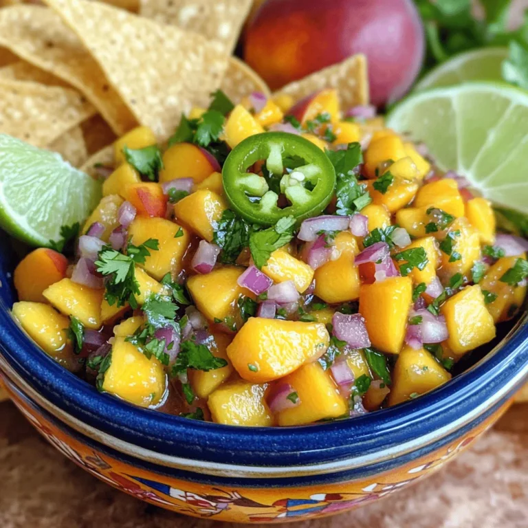 Für meine Pfirsich-Mango-Salsa brauche ich einige frische Zutaten. Hier sind die Hauptzutaten: - 2 reife Pfirsiche, in kleine Stücke gewürfelt - 1 reife Mango, in kleine Stücke gewürfelt - 1/4 rote Zwiebel, fein gehackt - 1 Jalapeño, entkernt und fein gehackt - 1/4 Tasse frischer Koriander, grob gehackt - Saft von 1 Limette - 1 Esslöffel Honig (optional) - Salz und Pfeffer nach Geschmack Diese Zutaten vereinen sich zu einem frischen und fruchtigen Genuss. Ich mag es, mit verschiedenen Zutaten zu experimentieren. Du kannst auch andere Früchte hinzufügen. Probiere Ananas oder Papaya für mehr Süße. Ein Spritzer Ananassaft kann die Salsa noch fruchtiger machen. Wenn du es schärfer magst, füge mehr Jalapeños hinzu oder benutze Chilis. Die Auswahl der besten Früchte ist wichtig für den Geschmack. Achte darauf, dass die Pfirsiche und Mangos reif sind. Sie sollten leicht weich sein, wenn du sie drückst. Der Duft muss süß sein. Wenn die Früchte grün oder hart sind, lass sie ein paar Tage reifen. Für die beste Frische, kaufe die Früchte in der Saison. Das macht einen großen Unterschied im Geschmack. Für die vollständige Zubereitung schaue dir das [Full Recipe] an. Beginne mit frischen, reifen Pfirsichen und Mangos. Du brauchst zwei Pfirsiche und eine Mango. Schneide die Früchte in kleine Stücke. Achte darauf, die Schale bei der Mango zu entfernen. Eine rote Zwiebel gibt der Salsa einen tollen Geschmack. Hacke die Zwiebel fein. Für etwas Schärfe füge eine Jalapeño hinzu. Entferne die Kerne, damit es nicht zu scharf wird. Hacke sie auch fein. Vergiss nicht, frischen Koriander zu verwenden. Grob gehackt bringt er Frische in die Salsa. In einer großen Rührschüssel vermenge die gewürfelten Pfirsiche und die Mango. Füge die gehackte Zwiebel und die Jalapeño hinzu. Jetzt kommt der Koriander dazu. Presse den Saft von einer Limette über die Mischung. Wenn du es süß magst, gib einen Esslöffel Honig dazu. Jetzt mische alles vorsichtig. Achte darauf, die Früchte nicht zu zerdrücken. Würze die Mischung mit Salz und Pfeffer nach Geschmack. Lass die Salsa mindestens 30 Minuten ruhen. Diese Zeit hilft, die Aromen zu vereinen. Stelle die Schüssel in den Kühlschrank. So bleibt die Salsa frisch und kühl. Nach 30 Minuten kannst du die Salsa probieren. Du wirst die frischen und leckeren Aromen schmecken. Serviere sie mit Tortilla-Chips für einen tollen Snack. Das ist der beste Weg, um frische Pfirsich-Mango-Salsa zu genießen. Du kannst auf den [Full Recipe] zugreifen, um alle Details zu sehen. Ein häufiger Fehler ist, zu viel Limettensaft zu verwenden. Der Saft sollte die Früchte ergänzen, nicht überdecken. Ein weiterer Fehler ist, die Salsa nicht genug ziehen zu lassen. Die Aromen brauchen Zeit, um sich zu verbinden. Ich empfehle, die Salsa mindestens 30 Minuten im Kühlschrank ruhen zu lassen. Die Konsistenz ist wichtig. Zu weich sollte die Salsa nicht sein. Achte darauf, die Früchte nicht zu zerdrücken, wenn du sie vermengst. Schneide die Pfirsiche und Mangos in gleich große Stücke. So bleibt die Salsa knackig und frisch. Mische alles vorsichtig in einer großen Schüssel. Frische Kräuter machen den Unterschied. Ich benutze gerne frischen Koriander. Er fügt ein tolles Aroma hinzu. Du kannst auch Minze oder Basilikum ausprobieren. Diese Kräuter bringen frische Noten. Achte darauf, die Kräuter grob zu hacken. So bleiben die Aromen intensiv. Für das beste Ergebnis, verwende frische Kräuter immer. Du kannst das komplette Rezept für die Pfirsich-Mango-Salsa hier finden: [Full Recipe]. {{image_4}} Du kannst Pfirsich-Mango-Salsa einfach aufpeppen. Probiere Ananas oder Papaya. Diese Früchte bringen eine süße Note. Wenn du es schärfer magst, füge einige Chilis hinzu. Mango und Ananas passen gut zusammen. Eine Kombination aus Limette und Grapefruit ist auch erfrischend. Jeder kann seine eigene Mischung finden. Pfirsich-Mango-Salsa ist von Natur aus vegan. Alle Zutaten sind pflanzlich. Das macht es einfach für Veganer. Du brauchst keine weiteren Änderungen. Außerdem ist die Salsa glutenfrei. Das macht sie ideal für alle. So kannst du sie ohne Bedenken genießen. Sie passt gut zu gegrilltem Gemüse oder Tofu. An heißen Tagen ist eine kühle Salsa perfekt. Mische die Salsa mit griechischem Joghurt für eine cremige Variante. Das macht die Salsa erfrischend und leicht. Oder serviere sie auf einem Bett aus Eisbergsalat. Dies gibt einen knackigen Biss! Du kannst auch ein paar Minzblätter hinzufügen. Das gibt einen frischen Geschmack. Um Pfirsich-Mango-Salsa frisch zu halten, bewahre sie in einem luftdichten Behälter auf. Stelle sicher, dass die Salsa gut abgedeckt ist. So bleibt die Farbe und der Geschmack lange erhalten. Lagere sie im Kühlschrank, um die Frische zu sichern. Vermeide direkte Sonneneinstrahlung, da dies die Aromen schädigen kann. Pfirsich-Mango-Salsa bleibt im Kühlschrank etwa drei Tage frisch. Nach dieser Zeit können die Zutaten beginnen, ihre Frische zu verlieren. Achte darauf, die Salsa vor dem Verzehr zu riechen und zu schmecken. Wenn sie einen seltsamen Geruch hat oder die Farbe sich verändert, ist es besser, sie wegzuwerfen. Wenn du Reste hast, gibt es viele kreative Wege, sie zu nutzen. Du kannst die Salsa zu gegrilltem Hähnchen oder Fisch reichen. Mische sie in einen Salat für zusätzlichen Geschmack. Auch in Tacos oder Burritos macht sich die Salsa gut. So vermeidest du Lebensmittelverschwendung und genießt die Aromen noch einmal. Für die vollständige Zubereitung, sieh dir das Full Recipe an. Um Pfirsich-Mango-Salsa noch besser zu machen, füge mehr frische Kräuter hinzu. Du kannst Minze oder Basilikum ausprobieren. Diese Kräuter bringen einen neuen Geschmack. Auch etwas Limettenschale kann die Frische erhöhen. Für mehr Schärfe, verwende mehr Jalapeño oder füge etwas Chili-Pulver hinzu. Probiere verschiedene Kombinationen aus, um deinen perfekten Geschmack zu finden. Ja, du kannst Pfirsich-Mango-Salsa im Voraus zubereiten. Es ist sinnvoll, die Salsa ein paar Stunden vor dem Servieren zu machen. So haben die Aromen Zeit, sich gut zu vermischen. Lagere die Salsa in einem luftdichten Behälter im Kühlschrank. Sie bleibt dort bis zu zwei Tage frisch. Denke daran, sie vorher gut umzurühren. Pfirsich-Mango-Salsa passt gut zu vielen Gerichten. Sie ist toll zu gegrilltem Fisch oder Hähnchen. Auch zu Tacos oder Burritos ist sie eine leckere Ergänzung. Du kannst sie auch als Dip für Tortilla-Chips verwenden. Ihre Süße und Schärfe machen sie vielseitig. Probiere sie einfach aus und entdecke deine Lieblingskombinationen. Pfirsich-Mango-Salsa ist frisch und einfach zuzubereiten. Wir haben die besten Zutaten und Varianten besprochen. Zudem gab es Tipps zur Zubereitung und Lagerung der Salsa. Ich empfehle dir, frische Früchte auszuwählen und die richtigen Gewürze zu nutzen. Vergiss nicht, mit Aromen zu experimentieren. Diese Salsa passt toll zu vielen Gerichten. Jetzt bist du bereit, deine eigene leckere Salsa zu machen. Viel Spaß beim Ausprobieren!