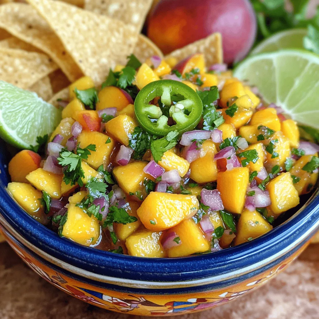 Für meine Pfirsich-Mango-Salsa brauche ich einige frische Zutaten. Hier sind die Hauptzutaten: - 2 reife Pfirsiche, in kleine Stücke gewürfelt - 1 reife Mango, in kleine Stücke gewürfelt - 1/4 rote Zwiebel, fein gehackt - 1 Jalapeño, entkernt und fein gehackt - 1/4 Tasse frischer Koriander, grob gehackt - Saft von 1 Limette - 1 Esslöffel Honig (optional) - Salz und Pfeffer nach Geschmack Diese Zutaten vereinen sich zu einem frischen und fruchtigen Genuss. Ich mag es, mit verschiedenen Zutaten zu experimentieren. Du kannst auch andere Früchte hinzufügen. Probiere Ananas oder Papaya für mehr Süße. Ein Spritzer Ananassaft kann die Salsa noch fruchtiger machen. Wenn du es schärfer magst, füge mehr Jalapeños hinzu oder benutze Chilis. Die Auswahl der besten Früchte ist wichtig für den Geschmack. Achte darauf, dass die Pfirsiche und Mangos reif sind. Sie sollten leicht weich sein, wenn du sie drückst. Der Duft muss süß sein. Wenn die Früchte grün oder hart sind, lass sie ein paar Tage reifen. Für die beste Frische, kaufe die Früchte in der Saison. Das macht einen großen Unterschied im Geschmack. Für die vollständige Zubereitung schaue dir das [Full Recipe] an. Beginne mit frischen, reifen Pfirsichen und Mangos. Du brauchst zwei Pfirsiche und eine Mango. Schneide die Früchte in kleine Stücke. Achte darauf, die Schale bei der Mango zu entfernen. Eine rote Zwiebel gibt der Salsa einen tollen Geschmack. Hacke die Zwiebel fein. Für etwas Schärfe füge eine Jalapeño hinzu. Entferne die Kerne, damit es nicht zu scharf wird. Hacke sie auch fein. Vergiss nicht, frischen Koriander zu verwenden. Grob gehackt bringt er Frische in die Salsa. In einer großen Rührschüssel vermenge die gewürfelten Pfirsiche und die Mango. Füge die gehackte Zwiebel und die Jalapeño hinzu. Jetzt kommt der Koriander dazu. Presse den Saft von einer Limette über die Mischung. Wenn du es süß magst, gib einen Esslöffel Honig dazu. Jetzt mische alles vorsichtig. Achte darauf, die Früchte nicht zu zerdrücken. Würze die Mischung mit Salz und Pfeffer nach Geschmack. Lass die Salsa mindestens 30 Minuten ruhen. Diese Zeit hilft, die Aromen zu vereinen. Stelle die Schüssel in den Kühlschrank. So bleibt die Salsa frisch und kühl. Nach 30 Minuten kannst du die Salsa probieren. Du wirst die frischen und leckeren Aromen schmecken. Serviere sie mit Tortilla-Chips für einen tollen Snack. Das ist der beste Weg, um frische Pfirsich-Mango-Salsa zu genießen. Du kannst auf den [Full Recipe] zugreifen, um alle Details zu sehen. Ein häufiger Fehler ist, zu viel Limettensaft zu verwenden. Der Saft sollte die Früchte ergänzen, nicht überdecken. Ein weiterer Fehler ist, die Salsa nicht genug ziehen zu lassen. Die Aromen brauchen Zeit, um sich zu verbinden. Ich empfehle, die Salsa mindestens 30 Minuten im Kühlschrank ruhen zu lassen. Die Konsistenz ist wichtig. Zu weich sollte die Salsa nicht sein. Achte darauf, die Früchte nicht zu zerdrücken, wenn du sie vermengst. Schneide die Pfirsiche und Mangos in gleich große Stücke. So bleibt die Salsa knackig und frisch. Mische alles vorsichtig in einer großen Schüssel. Frische Kräuter machen den Unterschied. Ich benutze gerne frischen Koriander. Er fügt ein tolles Aroma hinzu. Du kannst auch Minze oder Basilikum ausprobieren. Diese Kräuter bringen frische Noten. Achte darauf, die Kräuter grob zu hacken. So bleiben die Aromen intensiv. Für das beste Ergebnis, verwende frische Kräuter immer. Du kannst das komplette Rezept für die Pfirsich-Mango-Salsa hier finden: [Full Recipe]. {{image_4}} Du kannst Pfirsich-Mango-Salsa einfach aufpeppen. Probiere Ananas oder Papaya. Diese Früchte bringen eine süße Note. Wenn du es schärfer magst, füge einige Chilis hinzu. Mango und Ananas passen gut zusammen. Eine Kombination aus Limette und Grapefruit ist auch erfrischend. Jeder kann seine eigene Mischung finden. Pfirsich-Mango-Salsa ist von Natur aus vegan. Alle Zutaten sind pflanzlich. Das macht es einfach für Veganer. Du brauchst keine weiteren Änderungen. Außerdem ist die Salsa glutenfrei. Das macht sie ideal für alle. So kannst du sie ohne Bedenken genießen. Sie passt gut zu gegrilltem Gemüse oder Tofu. An heißen Tagen ist eine kühle Salsa perfekt. Mische die Salsa mit griechischem Joghurt für eine cremige Variante. Das macht die Salsa erfrischend und leicht. Oder serviere sie auf einem Bett aus Eisbergsalat. Dies gibt einen knackigen Biss! Du kannst auch ein paar Minzblätter hinzufügen. Das gibt einen frischen Geschmack. Um Pfirsich-Mango-Salsa frisch zu halten, bewahre sie in einem luftdichten Behälter auf. Stelle sicher, dass die Salsa gut abgedeckt ist. So bleibt die Farbe und der Geschmack lange erhalten. Lagere sie im Kühlschrank, um die Frische zu sichern. Vermeide direkte Sonneneinstrahlung, da dies die Aromen schädigen kann. Pfirsich-Mango-Salsa bleibt im Kühlschrank etwa drei Tage frisch. Nach dieser Zeit können die Zutaten beginnen, ihre Frische zu verlieren. Achte darauf, die Salsa vor dem Verzehr zu riechen und zu schmecken. Wenn sie einen seltsamen Geruch hat oder die Farbe sich verändert, ist es besser, sie wegzuwerfen. Wenn du Reste hast, gibt es viele kreative Wege, sie zu nutzen. Du kannst die Salsa zu gegrilltem Hähnchen oder Fisch reichen. Mische sie in einen Salat für zusätzlichen Geschmack. Auch in Tacos oder Burritos macht sich die Salsa gut. So vermeidest du Lebensmittelverschwendung und genießt die Aromen noch einmal. Für die vollständige Zubereitung, sieh dir das Full Recipe an. Um Pfirsich-Mango-Salsa noch besser zu machen, füge mehr frische Kräuter hinzu. Du kannst Minze oder Basilikum ausprobieren. Diese Kräuter bringen einen neuen Geschmack. Auch etwas Limettenschale kann die Frische erhöhen. Für mehr Schärfe, verwende mehr Jalapeño oder füge etwas Chili-Pulver hinzu. Probiere verschiedene Kombinationen aus, um deinen perfekten Geschmack zu finden. Ja, du kannst Pfirsich-Mango-Salsa im Voraus zubereiten. Es ist sinnvoll, die Salsa ein paar Stunden vor dem Servieren zu machen. So haben die Aromen Zeit, sich gut zu vermischen. Lagere die Salsa in einem luftdichten Behälter im Kühlschrank. Sie bleibt dort bis zu zwei Tage frisch. Denke daran, sie vorher gut umzurühren. Pfirsich-Mango-Salsa passt gut zu vielen Gerichten. Sie ist toll zu gegrilltem Fisch oder Hähnchen. Auch zu Tacos oder Burritos ist sie eine leckere Ergänzung. Du kannst sie auch als Dip für Tortilla-Chips verwenden. Ihre Süße und Schärfe machen sie vielseitig. Probiere sie einfach aus und entdecke deine Lieblingskombinationen. Pfirsich-Mango-Salsa ist frisch und einfach zuzubereiten. Wir haben die besten Zutaten und Varianten besprochen. Zudem gab es Tipps zur Zubereitung und Lagerung der Salsa. Ich empfehle dir, frische Früchte auszuwählen und die richtigen Gewürze zu nutzen. Vergiss nicht, mit Aromen zu experimentieren. Diese Salsa passt toll zu vielen Gerichten. Jetzt bist du bereit, deine eigene leckere Salsa zu machen. Viel Spaß beim Ausprobieren!