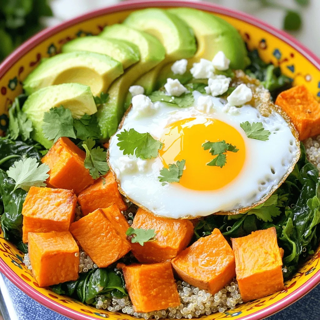 - Süßkartoffeln - Quinoa - Eier Die Süßkartoffel ist die Hauptzutat in dieser Schüssel. Sie bringt die nötige Süße und eine schöne Farbe. Quinoa ist eine großartige Quelle für Protein. Es macht die Schüssel nahrhaft und füllend. Eier geben dir Energie und einen tollen Geschmack. - Avocado - Babyspinat - Feta-Käse Avocado sorgt für Cremigkeit und gesunde Fette. Babyspinat fügt frische und Vitamine hinzu. Feta-Käse gibt einen salzigen Kick. Diese Zutaten zusammen machen die Schüssel bunt und lecker. - Olivenöl - Paprika - Salz und Pfeffer Olivenöl ist wichtig für den Geschmack und die Gesundheit. Paprika bringt eine leichte Schärfe. Salz und Pfeffer runden das Ganze ab und bringen die Aromen hervor. Diese Gewürze sind einfach, aber sehr effektiv. Für das vollständige Rezept, schau dir die Sweet Potato Sunrise Bowl an. Heize den Ofen auf 200°C vor. Wasche die Süßkartoffeln gründlich. Steche sie dann mehrmals mit einer Gabel ein. Wickele jede Süßkartoffel in Aluminiumfolie. Backe sie für 45 bis 60 Minuten. Sie sind fertig, wenn sie zart sind. Lass sie nach dem Backen etwas abkühlen. Danach schäle sie und schneide sie in Würfel. Ein kleiner Tipp: Du kannst die Süßkartoffeln auch mit einem Spritzer Olivenöl bestreichen, um den Geschmack zu verbessern. Während die Süßkartoffeln im Ofen sind, spüle den Quinoa unter kaltem Wasser ab. Nimm einen mittelgroßen Topf und gib eine Tasse Quinoa hinein. Füge zwei Tassen Wasser oder Gemüsebrühe hinzu. Bringe das Ganze zum Kochen. Reduziere die Hitze und decke den Topf ab. Lass ihn etwa 15 Minuten köcheln. Wenn die gesamte Flüssigkeit aufgesogen ist, lockere den Quinoa mit einer Gabel auf. Dies sorgt für eine fluffige Konsistenz. Erhitze in einer Pfanne bei mittlerer Hitze einen Esslöffel Olivenöl. Schlage die Eier hinein und brate sie nach Wunsch. Du kannst sie als Spiegelei oder Rührei zubereiten. Würze die Eier mit Salz, Pfeffer und Paprika. Nimm nun eine Servierschüssel und gebe den gekochten Quinoa als Basis hinein. Schichte die Würfel der Süßkartoffeln, den Babyspinat und die geschnittene Avocado darauf. Füge schließlich die gebratenen Eier hinzu. Streue den zerbröselten Feta gleichmäßig über die Schüssel. Damit hast du eine bunte und nahrhafte Mahlzeit. Für das vollständige Rezept schaue bitte nach "Sweet Potato Sunrise Bowl". Um Ihre Süßkartoffel Frühstücksschüssel zu verbessern, probieren Sie verschiedene Zubereitungen aus. Rösten Sie die Süßkartoffeln mit Zimt oder Honig für einen süßen Touch. Fügen Sie geröstete Nüsse hinzu, um mehr Crunch zu erhalten. Auch die Wahl der Eier kann variieren. Spiegeleier bieten eine schöne Optik, während Rühreier eine cremige Textur geben. Nutzen Sie den Kühlschrank für Extras. Halten Sie gekochte Quinoa oder Süßkartoffeln bereit. Das spart Zeit in der Woche. Sie können auch frische Kräuter wie Koriander oder Petersilie schnell schneiden und in einem kleinen Behälter aufbewahren. Vorbereiten der Zutaten im Voraus macht das Kochen einfach. Kochen Sie die Quinoa am Sonntag für die ganze Woche. Süßkartoffeln können auch am Vortag gebacken werden. Lagern Sie sie in einem luftdichten Behälter im Kühlschrank. So bleiben sie frisch und schmackhaft. Für die Lagerungsanweisungen gilt: Bewahren Sie frische Zutaten in einem kühlen, trockenen Ort auf. Gekochte Speisen sollten in den Kühlschrank. Achten Sie darauf, dass die Behälter gut verschlossen sind. So bleibt der Geschmack erhalten. Beim Anrichten der Schüssel zählen die Details. Verwenden Sie eine große, bunte Schüssel, um die Farben hervorzuheben. Garnieren Sie mit frischen Kräutern für einen tollen Look. Ein Spritzer Olivenöl oder Balsamico-Reduktion gibt zusätzlichen Glanz. Für das beste Geschirr wählen Sie schlichte weiße Teller. Diese lassen die Farben der Zutaten strahlen. Servieren Sie die Schüssel warm und frisch für den besten Genuss. {{image_4}} Für eine vegane Version der Süßkartoffel Frühstücksschüssel können Sie Eier und Feta ersetzen. Statt Eier nutzen Sie Tofu. Braten Sie den Tofu in Würfeln an, bis er goldbraun ist. Für den Feta können Sie eine Mischung aus Cashewkernen und Nährhefe verwenden. Diese Mischung gibt einen ähnlichen Geschmack. Achten Sie darauf, die Zutaten nach Ihrem Geschmack anzupassen. Sie können Ihre Schüssel mit weiteren Toppings aufpeppen. Nüsse wie Mandeln oder Walnüsse sorgen für einen tollen Crunch. Samen wie Chia oder Leinsamen fügen gesunde Fette hinzu. Experimentieren Sie mit verschiedenen Geschmäckern, indem Sie Früchte oder Joghurt hinzufügen. Diese Variationen machen die Schüssel spannender und noch gesünder. Nutzen Sie saisonale und lokale Zutaten für Ihre Schüssel. Gemüse wie Kürbis oder Grünkohl passen gut zu Süßkartoffeln. Diese Zutaten sind frisch und oft günstiger. Sie können auch lokale Gewürze verwenden, um den Geschmack Ihrer Schüssel zu verbessern. So wird jedes Gericht einzigartig und spiegelt Ihre Region wider. Frische Zutaten sind der Schlüssel zu einem guten Gericht. Bewahren Sie Ihre Süßkartoffeln an einem kühlen, dunklen Ort auf. Ein Kühlschrank ist nicht ideal für sie. Quinoa sollte in einem luftdichten Behälter an einem trockenen Ort stehen. Gekochter Spinat hält sich gut im Kühlschrank, aber nur für ein paar Tage. Wenn Sie Eier übrig haben, lagern Sie sie im Karton im Kühlschrank. Die Süßkartoffel Frühstücksschüssel bleibt im Kühlschrank etwa drei Tage frisch. Lagern Sie sie in einem luftdichten Behälter. Beim Aufwärmen achten Sie darauf, die Schüssel gleichmäßig zu erhitzen. So bleibt die Qualität der Zutaten gut. Mikrowellen sind schnell, aber das Aufwärmen in einer Pfanne kann den Geschmack besser erhalten. Einige Komponenten können eingefroren werden. Die Süßkartoffeln und der Quinoa frieren gut ein. Eier hingegen verlieren beim Einfrieren an Textur. Bewahren Sie die Schüssel in einem gefrierfesten Behälter auf. Achten Sie darauf, die Komponenten getrennt zu lagern. Nach dem Auftauen schmecken die Zutaten am besten, wenn Sie sie frisch zubereiten. Die Zubereitung der Süßkartoffel-Frühstücksschüssel dauert insgesamt etwa eine Stunde. Die Vorbereitungszeit beträgt 15 Minuten. Während die Süßkartoffeln im Ofen backen, kochen Sie den Quinoa. Dies dauert etwa 15 Minuten. Das Braten der Eier geht schnell und braucht nur ein paar Minuten. So können Sie eine gesunde und leckere Mahlzeit in kurzer Zeit genießen. Ja, Sie können diese Schüssel im Voraus zubereiten. Kochen Sie die Süßkartoffeln und den Quinoa am Vorabend. Bewahren Sie sie in separaten Behältern im Kühlschrank auf. Am Morgen können Sie die Eier schnell braten und alles zusammenstellen. Dies spart Zeit und macht das Frühstück einfacher. Für frische Aromen fügen Sie die Avocado erst kurz vor dem Essen hinzu. Sie können viele Zutaten hinzufügen, um Ihre Schüssel zu variieren. Hier sind einige Vorschläge: - Nüsse: Mandeln oder Walnüsse für einen Crunch. - Kräuter: Frischer Basilikum oder Schnittlauch für zusätzlichen Geschmack. - Früchte: Beeren oder Bananen für eine süße Note. - Joghurt: Griechischer Joghurt als cremige Beilage. Diese Zutaten machen das Frühstück noch aufregender und nahrhafter. Um zum vollständigen Rezept zu gelangen, suchen Sie "Sweet Potato Sunrise Bowl". Dort finden Sie alle Schritte und Tipps für Ihre Schüssel. Genießen Sie das Kochen! Die Süßkartoffel-Frühstücksschüssel ist schnell und einfach zubereitet. Wir haben die Hauptzutaten wie Süßkartoffeln, Quinoa und Eier besprochen. Außerdem haben wir Variationen, Tipps zur Lagerung und häufige Fragen behandelt. Die Zubereitung macht Spaß und lässt Raum für Kreativität. Experimentiere mit verschiedenen Zutaten, um deinen eigenen Geschmack zu finden. Diese Schüssel ist nahrhaft und schmackhaft. Du wirst begeistert sein von der Vielfalt, die sie bietet!