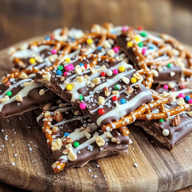 - Mini-Brezeln - Milchschokoladenstückchen - Weiße Schokoladenstückchen Die Hauptzutaten sind einfach zu finden. Mini-Brezeln bringen Knusprigkeit. Milchschokoladenstückchen sorgen für süßen Geschmack. Weiße Schokoladenstückchen fügen eine cremige Note hinzu. Diese Kombination macht dein Bark besonders lecker. - Gehackte Nüsse (Mandeln oder Pekannüsse) - Streusel (optional) - Meersalz zum Bestreuen Zusätzliche Zutaten sind wichtig für den Geschmack. Gehackte Nüsse geben Crunch und Tiefe. Streusel bringen Farbe und Spaß. Meersalz hebt die Süße der Schokolade hervor. Achte darauf, die Nüsse gut zu hacken, damit sie gleichmäßig verteilt sind. Wenn du magst, kannst du die Streusel auch weglassen. Für die gesamte Rezeptanleitung schau dir das Rezept für die Schokoladenüberzogene Brezelbark an. Um das Backblech vorzubereiten, brauche ich Backpapier. Es hilft, die Schokolade nicht zu kleben. Ich lege das Backpapier einfach auf das Blech. So bleibt alles sauber und die Reinigung wird leicht. Wenn die Schokolade fest ist, ziehe ich das Papier einfach ab. Keine Klebrigkeit bleibt zurück. Ich beginne mit der Milchschokolade. Ich gebe die Stückchen in eine mikrowellenfeste Schüssel. Dann erhitze ich sie in 30-Sekunden-Intervallen. Dabei rühre ich die Schokolade nach jeder Runde. So wird sie glatt. Wenn die Schokolade fertig ist, gieße ich sie auf das Backblech. Jetzt schmelze ich die weiße Schokolade. Ich benutze die gleiche Schüssel, aber ich wasche sie zuerst. Wieder erhitze ich die Stückchen in 30-Sekunden-Intervallen. So wird die weiße Schokolade ebenfalls schön glatt. Zuerst erstelle ich die Basis. Ich gieße die geschmolzene Milchschokolade auf das Backblech. Dann verstreiche ich sie gleichmäßig. Die Schicht sollte etwa 1/4 Zoll dick sein. Jetzt ordne ich die Mini-Brezeln an. Ich drücke sie leicht in die Schokolade. So bleiben sie fest drin. Dann füge ich die geschmolzene weiße Schokolade hinzu. Ich träufle sie dekorativ über die Brezeln. Als Nächstes füge ich die dekorativen Elemente hinzu. Ich bestreue alles mit gehackten Nüssen. Wenn ich möchte, kann ich auch Streusel hinzufügen. Das macht das Bark bunter. Am Ende bestreue ich das ganze Bark mit Meersalz. Das Salz bringt den Geschmack der Schokolade gut zur Geltung. Jetzt stelle ich das Backblech für etwa 30 Minuten in den Kühlschrank. Wenn die Schokolade fest ist, kann ich sie in Stücke brechen. Für die vollständige Rezeptanleitung, schau dir das Rezept für Schokoladenüberzogene Brezelbark an. - Temperaturkontrolle: Schokolade braucht die richtige Hitze. Zu viel Hitze kann sie verbrennen. Schmelze sie in kurzen Intervallen. Rühre oft um. So bleibt die Schokolade glatt. - Häufige Fehler vermeiden: Zu viel Bewegung beim Mischen kann Luftblasen erzeugen. Halte die Schokolade ruhig, bis sie geschmolzen ist. Stelle sicher, dass das Backblech mit Backpapier bedeckt ist. Das erleichtert das Herausnehmen. - Anrichten für besondere Anlässe: Lege die schokoladenüberzogene Brezelbark auf ein schönes Holzbrett. Ein bunter Teller macht es noch festlicher. Du kannst auch frische Früchte dazu legen. - Verpackungsanleitungen für Geschenke: Verwende durchsichtige Tüten für ein schönes Geschenk. Binde ein farbiges Band um die Tüte. So sieht es toll aus und bleibt frisch. {{image_4}} Für Schokoladenüberzogene Brezelbark kann man kreativ sein. Zuerst, denken Sie an andere Nussarten. Anstelle von Mandeln oder Pekannüssen, probieren Sie Walnüsse oder Cashews. Diese Nüsse bringen ihren eigenen Geschmack und Textur mit. Ein weiterer spannender Punkt ist die Verwendung verschiedener Schokoladensorten. Milchschokolade ist klassisch, aber dunkle Schokolade fügt eine reichere Note hinzu. Weiße Schokolade kann süßer sein, während Zartbitter eine angenehme Bitterkeit liefert. Mischen Sie eine Auswahl, um Ihren perfekten Geschmack zu finden. Zusätzlich zu Nüssen, können Sie getrocknete Früchte verwenden. Rosinen, Cranberries oder Aprikosen passen gut. Diese Früchte bieten Frische und Süße in jedem Biss. Sie sind ein toller Kontrast zur Schokolade. Experimentieren Sie auch mit verschiedenen Süßigkeiten. Zerhackte Bonbons oder Karamellstückchen können das Bark aufpeppen. Streusel sind eine weitere tolle Idee. Sie bringen Farbe und Knusprigkeit. Durch diese Variationen können Sie jedes Mal ein neues Erlebnis schaffen. Probieren Sie verschiedene Kombinationen aus und finden Sie Ihren Favoriten! Um die Schokoladenüberzogene Brezelbark frisch zu halten, bewahre sie in einem luftdichten Behälter auf. So bleibt die Knusprigkeit erhalten. Stelle den Behälter an einen kühlen, trockenen Ort. Vermeide das Licht, das die Schokolade schmelzen kann. Die Haltbarkeit der Schokoladenüberzogene Brezelbark beträgt bis zu zwei Wochen. Bei richtiger Lagerung bleibt sie frisch und lecker. Du kannst sie auch im Kühlschrank aufbewahren, aber das ist nicht nötig. Wenn du die Schokoladenüberzogene Brezelbark länger aufbewahren möchtest, friere sie ein. Schneide die Bark in Stücke, bevor du sie einfrierst. Lege sie in einen gefriergeeigneten Beutel. Achte darauf, die Luft herauszudrücken, um Gefrierbrand zu vermeiden. Zum Auftauen nimm die Bark aus dem Gefrierfach und lege sie in den Kühlschrank. Lasse sie dort einige Stunden ruhen. Du kannst die Bark auch bei Raumtemperatur auftauen. So bleibt der Geschmack und die Textur perfekt. Du kannst viele Alternativen für Brezelbark nutzen. Einige gute Optionen sind: - Salzcracker - Knäckebrot - Popcorn - Kartoffelchips Jede dieser Alternativen bringt einen anderen Geschmack und eine andere Textur. Experimentiere, um deine Lieblingskombination zu finden! Die Schokoladenüberzogene Brezelbark hält sich gut. Wenn du sie richtig lagerst, bleibt sie frisch. Du solltest sie in einem luftdichten Behälter aufbewahren. So bleibt sie etwa 1 bis 2 Wochen genießbar. Bei wärmerem Wetter lagere sie im Kühlschrank, um die Schokolade fest zu halten. Ja, du kannst die Rezeptur leicht vegan machen. Hier sind ein paar Optionen: - Verwende dunkle Schokolade ohne Milchbestandteile. - Nutze pflanzliche Nüsse wie Mandeln oder Cashews. - Lass die weißen Schokoladenstückchen weg oder ersetze sie durch vegane Alternativen. So kannst du die Brezelbark genießen, ohne tierische Produkte zu verwenden. Die vollständige Rezeptanleitung für die Schokoladenüberzogene Brezelbark findest du in der Sektion "Full Recipe". Dort sind alle Schritte und Zutaten aufgelistet, um dir das Kochen zu erleichtern. Die schokoladenüberzogene Brezelbark ist einfach und lecker. Wir haben die Hauptzutaten, wie Mini-Brezeln und Schokoladenstückchen, vorgestellt. Du hast gelernt, wie du alles Schritt für Schritt zubereitest. Die Tipps zur Konsistenz und Präsentation helfen dir, das Beste aus deinem Snack herauszuholen. Variiere die Zutaten nach deinem Geschmack und bewahre deinen Bark richtig auf. Experimentiere und finde deine persönliche Lieblingsversion! Diese süße Leckerei ist perfekt für Geschenke oder Feste. Jetzt liegt es an dir, kreativ zu werden und diese Köstlichkeit nachzubacken.