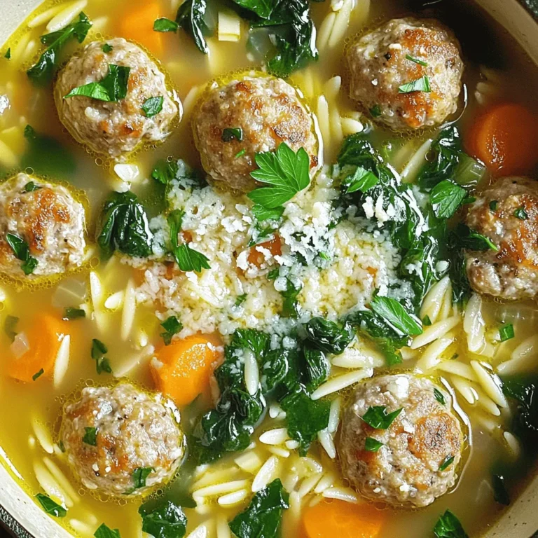 Die italienische Hochzeitsuppe hat einige Hauptzutaten, die sie besonders machen. Diese sind: - 450 g Hackfleisch aus Pute oder Hähnchen - 125 g Semmelbrösel - 30 g frisch geriebener Parmesan - 1 Ei - 2 Knoblauchzehen, fein gehackt - 1/2 Teelöffel getrockneter Oregano - 1/2 Teelöffel Salz - 1/4 Teelöffel schwarzer Pfeffer - 2 l natriumreduzierte Hühnerbrühe - 150 g frischer Spinat, grob gehackt - 150 g Karotten, gewürfelt - 125 g kleine Pasta (wie Acini di Pepe oder Orzo) - 30 g frische Petersilie, grob gehackt - Optional: Weitere frisch geriebene Parmesan für das Servieren Diese Zutaten geben der Suppe ihren tollen Geschmack. Das Hackfleisch und die Brühe bilden die Basis. Der Spinat und die Karotten bringen Farbe und Nährstoffe. Die Gewürze sind der Schlüssel zu einem guten Aroma. In dieser Suppe verwende ich Oregano, Salz und Pfeffer. Diese Gewürze verstärken den Geschmack der Fleischbällchen und der Brühe. Du kannst auch frischen Basilikum oder Thymian hinzufügen. Diese Kräuter bringen einen frischen Geschmack. Eine Portion dieser Suppe hat viele Vorteile. Sie ist reich an Proteinen durch das Hackfleisch und enthält viele Vitamine aus dem Gemüse. - Vorbereitungszeit: 20 Minuten - Gesamtzeit: 40 Minuten - Portionen: 6 Jede Portion gibt dir eine gute Menge an Nährstoffen. Diese Suppe ist perfekt für ein leichtes Abendessen oder als Vorspeise. Wenn du mehr über die Zubereitung erfahren möchtest, schaue dir das [Full Recipe] an. Um die Fleischbällchen zu machen, vermenge ich Hackfleisch, Semmelbrösel, Parmesan, Ei, Knoblauch, Oregano, Salz und Pfeffer in einer großen Schüssel. Ich forme mit meinen Händen kleine Bällchen, etwa 2,5 cm groß. Diese lege ich beiseite, um sie später zu verwenden. Für die Brühe bringe ich in einem großen Topf die Hühnerbrühe bei mittlerer Hitze zum Simmern. Ich gebe die vorbereiteten Fleischbällchen vorsichtig in die Brühe. Diese lasse ich etwa 10 Minuten garen, bis sie durch sind. Jetzt füge ich die gewürfelten Karotten in den Topf hinzu. Nach 5 Minuten köcheln sind sie zart. Ich gebe die kleine Pasta dazu und koche sie, bis sie al dente ist. Das dauert meist 7 bis 10 Minuten. Wenn die Pasta fertig ist, mische ich den gehackten Spinat und die frische Petersilie in die Suppe. Ich rühre gut um und lasse alles noch 2-3 Minuten garen, bis der Spinat verwelkt ist. Die Suppe ist jetzt bereit und du kannst sie heiß servieren. Du kannst auch mehr Parmesan darüber streuen, wenn du magst. Für die komplette Anleitung schaue dir das [Full Recipe] an. Die ideale Konsistenz einer Suppe ist wichtig. Die Brühe sollte klar, aber auch herzhaft sein. Wenn du die Suppe zu dick findest, füge einfach etwas mehr Brühe hinzu. Achte darauf, die Pasta nicht zu lange zu kochen. Sie sollte al dente sein, damit sie nicht matschig wird. Du kannst die Fleischbällchen anpassen. Verwende Rinderhack oder sogar veganes Hackfleisch für eine andere Note. Für die Brühe kannst du Hühnerbrühe oder Gemüsebrühe verwenden. Experimentiere mit Kräutern wie Basilikum oder Thymian. Das gibt der Suppe einen frischen Geschmack. Serviere die Suppe heiß in tiefen Schalen. Eine gute Beilage sind frische Brotstücke. Diese eignen sich gut zum Dippen. Du kannst auch einen einfachen Salat dazu reichen. Das sorgt für einen frischen Kontrast zur herzhaften Suppe. Vergiss nicht, jede Portion mit frischer Petersilie zu garnieren. Das sieht schön aus und bringt Geschmack. Für die vollständige Zubereitung kannst du das [Full Recipe] ansehen. {{image_4}} Eine vegetarische Hochzeitsuppe ist leicht zu machen. Statt Fleischbällchen nutzen Sie pflanzliche Alternativen. Zum Beispiel, formen Sie Bällchen aus Kichererbsen oder Quinoa. Diese geben der Suppe einen nussigen Geschmack. Fügen Sie auch mehr Gemüse hinzu, wie Zucchini oder Sellerie. So bleibt die Suppe gesund und lecker. Wenn Sie Pasta vermeiden möchten, gibt es viele Optionen. Probieren Sie Zucchini-Nudeln oder Blumenkohlreis. Diese sind kalorienärmer und voll von Nährstoffen. Sie passen gut in die Brühe und behalten den Geschmack. Auch Linsen oder Bohnen sind tolle Alternativen. Sie machen die Suppe sättigender und geben eine neue Textur. In Italien gibt es viele regionale Varianten der Hochzeitsuppe. In Neapel fügt man oft Brokkoli oder Rübenblätter hinzu. In Rom schmeckt man häufig einen Hauch von Zitrone. Diese Zutaten geben der Suppe einen frischen Geschmack. Experimentieren Sie mit verschiedenen Kräutern oder Gewürzen, um neue Aromen zu entdecken. Jede Region hat ihren eigenen Twist auf dieses klassische Gericht. Um die italienische Hochzeitsuppe frisch zu halten, lassen Sie sie zuerst abkühlen. Füllen Sie die Suppe dann in luftdichte Behälter. Lagern Sie sie im Kühlschrank. So bleibt sie bis zu drei Tage gut. Achten Sie darauf, die Suppe vor dem Servieren gut zu vermischen. Wenn Sie die Suppe länger aufbewahren möchten, können Sie sie einfrieren. Füllen Sie die abgekühlte Suppe in gefrierfeste Behälter oder Beutel. Lassen Sie etwas Platz, da sich die Suppe beim Einfrieren ausdehnt. Die Suppe bleibt bis zu drei Monate frisch im Gefrierfach. Beschriften Sie die Behälter mit dem Datum. Um die beste Qualität zu gewährleisten, erwärmen Sie die Suppe langsam. Nutzen Sie einen Topf bei mittlerer Hitze und rühren Sie häufig um. Wenn die Suppe gefroren war, lassen Sie sie zuerst im Kühlschrank auftauen. So bleibt der Geschmack und die Textur optimal. Genießen Sie die Suppe warm, vielleicht mit etwas frischem Parmesan obendrauf. Die italienische Hochzeitsuppe hat eine interessante Geschichte. Sie stammt aus Italien, besonders aus der Region Kampanien. Der Name „Hochzeitsuppe“ kommt von der Tradition, dass sie oft bei Hochzeiten serviert wird. Diese Suppe kombiniert verschiedene Zutaten, die für Freude und Zusammenhalt stehen. Es ist eine Mischung aus Fleischbällchen und Gemüse in einer heißen Brühe. Viele Familien haben ihre eigenen Rezepte, die von Generation zu Generation weitergegeben werden. Es ist eine Suppe, die Liebe und Gemeinschaft symbolisiert. Ja, du kannst die Suppe im Voraus zubereiten. Sie schmeckt sogar noch besser, wenn sie etwas durchzieht. Koche die Suppe bis zu dem Punkt, wo du die Pasta hinzufügst. Lass sie dann abkühlen und bewahre sie im Kühlschrank auf. Wenn du sie später erwärmst, füge die Pasta frisch hinzu. So bleibt die Pasta nicht matschig. Du kannst die Suppe auch einfrieren, aber die Konsistenz kann sich ändern. Achte darauf, sie in einem luftdichten Behälter zu lagern. Wenn du keine Fleischbällchen aus Pute oder Hähnchen magst, gibt es viele Alternativen. Du kannst Rinder- oder Schweinehackfleisch verwenden. Für eine leichtere Option sind auch Gemüsebällchen möglich. Diese kannst du aus Kichererbsen oder Linsen machen. Füge einfach Gewürze hinzu, um den Geschmack zu verbessern. Auch Tofu ist eine gute Wahl für eine vegetarische Version. So kannst du die Suppe an deinen Geschmack anpassen. Du kannst das komplette Rezept für die italienische Hochzeitsuppe [hier finden](#). Die italienische Hochzeitsuppe ist ein herzhaftes Gericht mit vielen Komponenten. Wir haben die Zutaten, die Zubereitung und nützliche Tipps besprochen. Die Suppe bietet Raum für Variationen, selbst für Vegetarier. Sie lässt sich gut lagern und aufwärmen. Um diese Suppe zu meistern, braucht es Geduld und Spaß beim Kochen. Experimentiere mit den Zutaten. So schöpfst du das volle Potenzial aus diesem leckeren Rezept.