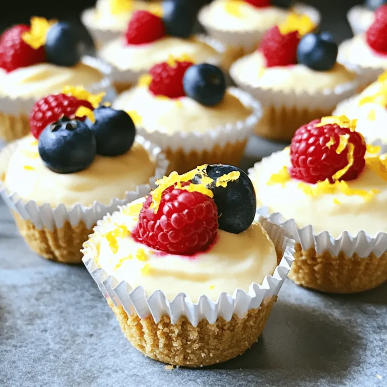 Die Hauptzutaten für diese leckeren Zitronen-Käsekuchen-Bällchen sind einfach und frisch. Hier ist, was du brauchst: - 240 g Frischkäse, weich - 120 g Griechischer Joghurt - 40 g Puderzucker - 60 ml frischer Zitronensaft - Schale von 1 Zitrone - 5 ml Vanilleextrakt - 120 g Graham-Cracker-Brösel - 30 g ungesalzene Butter, geschmolzen - Optional: Frische Beeren zur Dekoration Diese Zutaten bringen einen frischen Geschmack und eine tolle Textur. Der Frischkäse und der griechische Joghurt machen die Füllung cremig und leicht. Für die Garnierungen gibt es viele kreative Möglichkeiten. Du kannst frische Beeren verwenden, um Farbe und Geschmack zu bringen. Himbeeren oder Blaubeeren passen sehr gut. Zusätzlich kannst du Minzblätter für einen frischen Kick hinzufügen. Wenn du es noch süßer magst, probiere Schokoladensplitter oder Kokosraspel. Die Qualität deiner Zutaten ist entscheidend. Wähle frischen Frischkäse und Joghurt. Achte darauf, dass der Zitronensaft frisch gepresst ist. Vermeide Flaschenprodukte, da sie oft Zusatzstoffe enthalten. Frische Zutaten sorgen für den besten Geschmack in deinem Dessert. Gut ausgewählte Zutaten machen deine Zitronen-Käsekuchen-Bällchen unwiderstehlich. Wenn du die Zutaten so wählst, wie ich es empfehle, wird das Ergebnis fantastisch! Für das vollständige Rezept kannst du [Full Recipe] nutzen. Um die Füllung zu machen, brauchst du einen Mixer. Nimm eine Schüssel und lege den Frischkäse hinein. Füge dann den griechischen Joghurt, den Puderzucker, den Zitronensaft, die Zitronenschale und den Vanilleextrakt hinzu. Mixe alles gut, bis die Mischung glatt ist. Es sollte cremig aussehen. Diese Füllung hat einen frischen und leckeren Zitronengeschmack. Jetzt geht es zur Basis. Nimm eine neue Schüssel und gib die Graham-Cracker-Brösel hinein. Füge die geschmolzene Butter hinzu. Rühre gut, bis die Mischung krümelig ist. Es sollte sich gut zusammenhalten. Nimm ein Mini-Muffinblech und lege kleine Papierförmchen hinein. Drücke einen Esslöffel der Keks-Mischung in jedes Förmchen. Das gibt der Füllung einen stabilen Boden. Jetzt kommt der spaßige Teil – das Füllen. Löffle die Zitronenfüllung auf die Keksbasis in jedem Förmchen. Fülle sie bis zum Rand. Klopfe das Muffinblech sanft auf die Arbeitsplatte. Das hilft, die Füllung zu festigen und Luftblasen zu entfernen. Decke das Blech mit Frischhaltefolie ab und stelle es für mindestens 4 Stunden in den Kühlschrank. So festigen sich die Bällchen. Wenn du bereit bist zu servieren, nimm die Käsekuchen-Bällchen vorsichtig aus dem Muffinblech. Du kannst sie mit frischen Beeren dekorieren. So sehen sie toll aus und schmecken noch besser! Für die vollständige Anleitung und die genauen Schritte, schau dir das [Full Recipe] an. Ein häufiger Fehler ist, zu viel Flüssigkeit hinzuzufügen. Achte darauf, den Limettensaft und die Schale vorsichtig zu dosieren. Wenn die Mischung zu flüssig ist, wird es schwer, die Bällchen zu formen. Ein weiterer Fehler ist, die Graham-Cracker-Mischung nicht fest genug zu drücken. Dadurch zerfallen die Bällchen beim Servieren. Drücke die Mischung gut in die Förmchen, um eine stabile Basis zu schaffen. Die Konsistenz ist entscheidend für den Genuss der No-Bake Zitronen-Käsekuchen-Bällchen. Um eine cremige Füllung zu erreichen, benutze Raumtemperatur Frischkäse. So lässt sich der Käse leichter vermengen. Mixe die Zutaten gründlich, bis alles schön glatt ist. Achte darauf, keine Klumpen zu lassen. Wenn die Füllung zu fest erscheint, füge einen Teelöffel mehr Joghurt hinzu, um sie aufzulockern. Um Zeit zu sparen, bereite die Graham-Cracker-Mischung im Voraus vor. Du kannst sie bis zu einem Tag vorher machen und im Kühlschrank aufbewahren. Auch die Käsekuchenfüllung kannst du am Vortag zubereiten. So hast du alles bereit, wenn du die Bällchen formen möchtest. Wenn du frische Beeren verwenden willst, wasche und schneide sie ebenfalls im Voraus. So kannst du beim Servieren schnell dekorieren. {{image_4}} Ich liebe es, mit verschiedenen Geschmäckern zu spielen. Du kannst die Basis für die Käsekuchen-Bällchen leicht ändern. Probiere zum Beispiel Limette für einen frischeren Geschmack. Erdbeeren oder Himbeeren geben einen süßen Kick. Füge einfach ein wenig Fruchtpüree in die Füllung hinzu. Das macht deine Käsekuchen-Bällchen noch aufregender! Wenn du glutenfrei leben willst, keine Sorge! Du kannst die Graham-Cracker durch glutenfreie Kekse ersetzen. Diese Kekse funktionieren genauso gut. Achte darauf, dass alle anderen Zutaten auch glutenfrei sind. So kannst du das Rezept ganz nach deinem Bedarf anpassen. Im Sommer sind frische Früchte toll. Du kannst auch saisonale Zutaten verwenden. Im Herbst passen Kürbis oder Zimt gut. Im Winter kannst du etwas weihnachtliche Gewürze wie Muskatnuss hinzufügen. Diese Variationen bringen neue Geschmäcker und Farben auf deinen Tisch. Schau dir auch das [Full Recipe] an, um mehr Ideen zu bekommen! Um die No-Bake Zitronen-Käsekuchen-Bällchen frisch zu halten, lege sie in einen luftdichten Behälter. So bleiben sie weich und lecker. Stelle sicher, dass die Käsekuchen-Bällchen nicht direkt mit anderen Lebensmitteln in Kontakt kommen. Der Kühlschrank hilft, die Konsistenz zu bewahren. Du kannst sie bis zu fünf Tage lang kühl lagern. Ja, du kannst die Käsekuchen-Bällchen einfrieren. Lege sie in einen gefrierfesten Behälter oder wickele sie in Frischhaltefolie. So bleiben sie bis zu drei Monate frisch. Wenn du sie später genießt, lasse sie einfach im Kühlschrank auftauen. So bleiben sie cremig und lecker. Die Haltbarkeit ist wichtig. Im Kühlschrank halten sie bis zu fünf Tage. Im Gefrierfach bleiben sie gut für drei Monate. Achte darauf, die Bällchen gut zu verpacken. So vermeidest du Gefrierbrand und erhältst die frische Zitrusnote. Wenn du die Käsekuchen-Bällchen mit frischen Beeren dekorierst, serviere sie am besten sofort. Die Zubereitung der No-Bake Zitronen-Käsekuchen-Bällchen dauert etwa 20 Minuten. Danach müssen sie für mindestens 4 Stunden in den Kühlschrank. So wird die Füllung fest und lecker. Insgesamt sollten Sie also etwa 4 Stunden und 20 Minuten einplanen, bis sie bereit sind zum Servieren. Ja, es gibt Alternativen. Sie können Ricotta oder Mascarpone verwenden, wenn Sie möchten. Diese Käsesorten geben den Bällchen einen anderen Geschmack und eine andere Textur. Achten Sie darauf, die Konsistenz der Füllung zu prüfen. Sie sollte cremig bleiben. Frische Beeren sind eine tolle Wahl. Sie bringen Farbe und Geschmack. Himbeeren, Erdbeeren oder Blaubeeren passen perfekt. Auch ein wenig Minze kann gut aussehen und frisch schmecken. Wenn Sie es süßer mögen, probieren Sie Schokoladensauce oder Karamell. Es gibt viele Möglichkeiten, um die Bällchen zu dekorieren und zu genießen. In diesem Blogpost haben wir die wichtigsten Zutaten für No-Bake Zitronen-Käsekuchen-Bällchen besprochen. Ich habe die Schritt-für-Schritt-Anleitung zur Zubereitung bereitgestellt. Zudem gab es Tipps, um Fehler zu vermeiden und die Konsistenz perfekt hinzubekommen. Variationen und Aufbewahrungstipps helfen dir, die Bällchen anzupassen und frisch zu halten. Egal, ob du ein Fan von Zitrone bist oder etwas Neues testen möchtest, diese kleinen Leckerbissen sind einfach und köstlich. Sie bieten dir viele Möglichkeiten, kreativ zu werden!