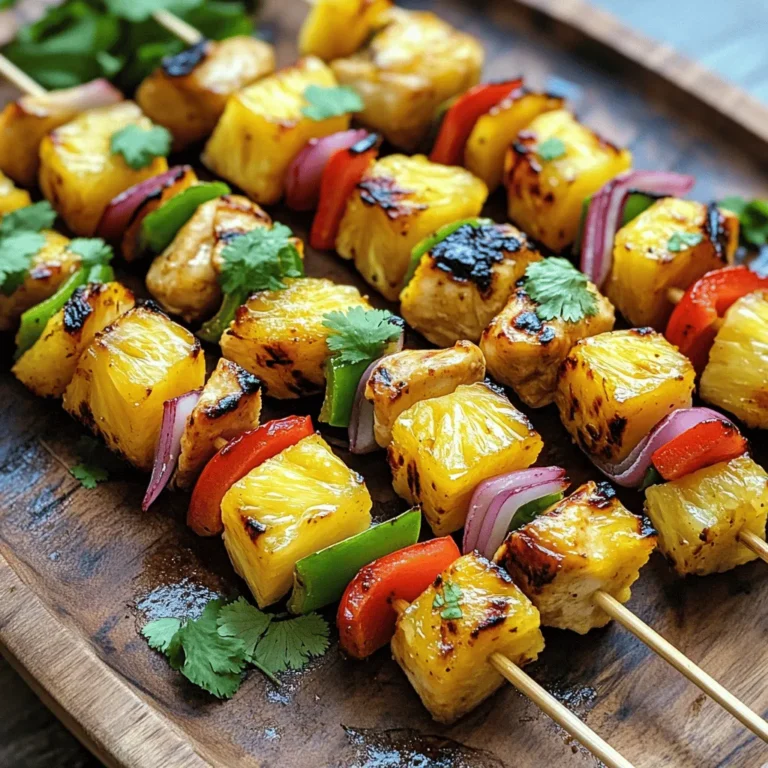 - 450 g Hähnchenbrustfilet - 1 Tasse frische Ananas - Paprika und Zwiebel Die Hauptzutaten sind einfach und frisch. Hähnchenbrustfilet ist mager und saftig. Es passt gut zu Ananas, die süß und fruchtig ist. Die Paprika bringt Farbvielfalt und einen knackigen Biss. Zwiebeln fügen einen tollen Geschmack hinzu. Diese Zutaten machen die Spieße bunt und lecker. - Olivenöl und Sojasauce - Gewürze und Honig - Salz und Pfeffer nach Geschmack Die Marinade ist der Schlüssel zu gutem Geschmack. Olivenöl macht die Spieße zart. Sojasauce bringt Umami und Tiefe. Gewürze wie Knoblauchpulver und Ingwer geben den Spießen einen Kick. Honig fügt eine süße Note hinzu. Vergessen Sie nicht, Salz und Pfeffer nach Geschmack hinzuzufügen. Diese Mischung macht das Hähnchen besonders köstlich. Für die gesamte Anleitung und Zubereitung schauen Sie sich die [Full Recipe] an. Zuerst mache ich die Marinade. In einer großen Schüssel mische ich Olivenöl, Sojasauce, Honig, Knoblauchpulver, gemahlenen Ingwer, Salz und Pfeffer. Ich rühre alles gut um, bis es gleichmäßig vermischt ist. Dann gebe ich die Hähnchenwürfel dazu. Jedes Stück sollte gut mit der Marinade bedeckt sein. Ich decke die Schüssel ab und stelle sie für mindestens 30 Minuten in den Kühlschrank. Wenn ich mehr Geschmack möchte, lasse ich das Hähnchen bis zu 2 Stunden marinieren. Während das Hähnchen mariniert, weiche ich die Holzspieße in Wasser ein. Ich mache das für etwa 30 Minuten. So verhindern wir, dass die Spieße auf dem Grill verbrennen. Dann bereite ich die anderen Zutaten vor. Ich schneide die frische Ananas, die Paprika und die Zwiebel in Stücke. Jetzt habe ich alles bereit, um die Spieße zusammenzustellen. Jetzt ist es Zeit zum Grillen! Ich heize meinen Grill auf mittelhohe Temperatur vor. Das ist wichtig, damit das Hähnchen gleichmäßig gart. Ich stecke die marinierten Hähnchenstücke, Ananaswürfel, Paprika und Zwiebel auf die eingeweichten Spieße. Ich wechsle die Zutaten nach Lust und Laune. Dann lege ich die Spieße auf den Grill. Ich grille sie etwa 10 bis 12 Minuten lang. Währenddessen wende ich die Spieße gelegentlich. So bekommen sie schöne Grillstreifen. Die richtige Temperatur ist wichtig für den Geschmack. Mittelhohe Hitze sorgt dafür, dass das Hähnchen gleichmäßig gart. Es verhindert, dass die Außenseite verbrennt, während das Innere noch roh bleibt. Ein Grill sollte etwa 180 bis 200 Grad Celsius erreichen. So bleibt das Hähnchen saftig und die Ananas karamellisiert gut. Um das Grillen ohne Verbrennen zu gewährleisten, weichen Sie die Holzspieße vorab in Wasser ein. Dies schützt die Spieße vor dem Feuer. Wenn Sie die Spieße wenden, achten Sie darauf, dass Sie sie nicht zu oft bewegen. Lassen Sie sie einige Minuten in Ruhe, damit sich schöne Grillstreifen bilden. Ein guter erster Eindruck zählt. Anrichten auf einer Platte macht viel aus. Legen Sie die Spieße schön auf eine große Servierplatte. Fügen Sie einige frische Ananasscheiben hinzu. Ein Spritzer Limettensaft sorgt für zusätzlichen Geschmack und Frische. Für kreative Garnierungen können Sie frischen Koriander verwenden. Auch einige frische Minzblätter sehen toll aus. Diese kleinen Details machen das Gericht noch einladender. Sie können auch eine scharfe Sauce oder Joghurt-Dip daneben servieren. So hat jeder Gast eine Wahl und es wird noch spannender. {{image_4}} Wenn du die Ananas-Hähnchen-Spieße variieren möchtest, gibt es tolle Alternativen. Du kannst zum Beispiel Rindfleisch oder Schweinefleisch verwenden. Diese Fleischsorten haben einen eigenen, herzhaften Geschmack, der gut mit der süßen Ananas harmoniert. Für eine leichtere Option probiere Pute. Sie hat weniger Fett und bleibt saftig, wenn du sie gut marinierst. Wenn du Lust auf etwas Exotisches hast, verwende Garnelen. Sie grillen schnell und nehmen die Marinade gut auf. Wenn du vegetarisch isst, gibt es auch viele tolle Optionen. Tofu ist eine großartige Wahl. Er nimmt die Marinade gut auf und hat eine tolle Textur. Du kannst auch Seitan verwenden, das einen fleischähnlichen Geschmack hat. Die Marinade kann auch mit verschiedenen Saucen angepasst werden. Probiere Teriyaki-Sauce für einen süßeren Geschmack oder scharfe Sriracha-Sauce für mehr Würze. Du kannst auch eine Mischung aus Honig-Senf-Sauce verwenden, die eine schöne Balance zwischen süß und herzhaft bietet. Für Gemüse kannst du kreativ sein. Neben Paprika und Zwiebeln eignen sich Zucchini, Pilze oder Kirschtomaten hervorragend. Diese bringen zusätzliche Frische und Farbe auf die Spieße. Verwende beim Grillen frische Kräuter wie Rosmarin oder Thymian für mehr Aroma. Diese kleinen Änderungen machen die Spieße zu einem ganz neuen Geschmackserlebnis. Probiere es aus, um deine eigene Variante zu finden! Für das gesamte Rezept schau dir den [Full Recipe] an. Um die übrig gebliebenen Spieße frisch zu halten, lege sie in einen luftdichten Behälter. Dies schützt die Spieße vor Luft und Feuchtigkeit. Du kannst sie auch in Frischhaltefolie einwickeln. Stelle sicher, dass sie gut abgekühlt sind, bevor du sie lagerst. Im Kühlschrank bleiben die Spieße so 3 bis 4 Tage frisch. Wenn du die Spieße länger aufbewahren möchtest, friere sie ein. Lege sie in einen gefrierfesten Beutel und drücke die Luft heraus. So bleiben die Spieße bis zu 3 Monate gut. Achte darauf, sie richtig zu beschriften. So weißt du immer, wann du sie gemacht hast. Um die Spieße wieder aufzuwärmen, gibt es mehrere gute Methoden. Die beste Methode ist, sie in einer Pfanne auf mittlerer Hitze zu erwärmen. So bleiben sie saftig. Du kannst auch den Grill nutzen. Lege die Spieße für einige Minuten auf den Grill, bis sie warm sind. Achte darauf, sie oft zu wenden, damit sie nicht anbrennen. Wenn du die Spieße in der Mikrowelle aufwärmst, lege ein feuchtes Küchentuch darüber. So bleibt das Fleisch saftig und trocken wird vermieden. Stelle die Mikrowelle auf mittlere Leistung und wärme sie in kurzen Intervallen von 30 Sekunden auf. Überprüfe regelmäßig, ob sie warm sind. Die Spieße sollten etwa 10 bis 12 Minuten auf dem Grill bleiben. Wenden Sie sie alle paar Minuten. So werden sie gleichmäßig gar. Das Hähnchen ist fertig, wenn es eine Innentemperatur von 75 °C erreicht. Nutzen Sie ein Fleischthermometer, um sicher zu gehen. Ja, Sie können die Spieße auch im Ofen zubereiten. Heizen Sie den Ofen auf 200 °C vor. Legen Sie die Spieße auf ein Blech mit Backpapier. Backen Sie sie für etwa 15 bis 20 Minuten. Wenden Sie die Spieße nach der Hälfte der Zeit. So erhalten Sie eine schöne Farbe und einen guten Geschmack. Zu diesen Spießen passen viele Beilagen. Hier sind einige Vorschläge: - Reis: Ein einfacher Jasmin- oder Basmatireis passt gut. - Salat: Ein frischer grüner Salat mit Vinaigrette bringt Frische. - Gemüse: Gegrilltes oder gedämpftes Gemüse ergänzt die Spieße perfekt. - Brot: Ein knuspriges Brot eignet sich hervorragend zum Dippen. Für das vollständige Rezept schauen Sie bitte [Full Recipe]. Zusammenfassend bietet dieses Rezept für gegrillte Ananas-Hühnchen-Spieße einen einfachen Weg, um leckere Grillgerichte zuzubereiten. Von den frischen Zutaten bis hin zu hilfreichen Tipps für die Zubereitung und Lagerung, hast du nun alles, was du brauchst. Vergiss nicht, auch Variationen auszuprobieren, um deinen eigenen Geschmack zu treffen. Genieße die Freude am Grillen und teile die Spieße mit Freunden und Familie!