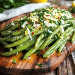 Um dieses leckere Gericht zuzubereiten, benötigen Sie: - 450 g frische grüne Bohnen, geputzt - 3 Esslöffel Olivenöl - 4 Knoblauchzehen, fein gehackt - 125 g geriebener Parmesan - 1 Teelöffel Zitronenschale - Salz und Pfeffer nach Geschmack - 1/4 Teelöffel rote Pfefferflocken (optional) - Frische Petersilie, gehackt (zur Dekoration) Frische grüne Bohnen sind der Schlüssel zu diesem Gericht. Wählen Sie Bohnen, die knackig und leuchtend grün sind. Sie sollten keine braunen Flecken oder Falten haben. Überprüfen Sie auch, ob die Bohnen fest sind. Fühlen Sie die Bohnen in Ihrer Hand. Sie sollten sich nicht matschig anfühlen. Kaufen Sie sie am besten auf dem Markt oder in einem Lebensmittelladen. Saisonale Bohnen sind oft frischer und günstiger. Wenn Sie keinen Parmesan haben, probieren Sie Pecorino oder Grana Padano. Diese Käsesorten bieten einen ähnlichen Geschmack. Für eine vegane Option können Sie Hefeflocken verwenden. Sie geben einen nussigen Geschmack, der gut passt. Wenn Sie keinen Knoblauch mögen, ersetzen Sie ihn durch Schalotten oder Zwiebeln. Diese geben ebenfalls ein tolles Aroma. Waschen Sie zuerst die frischen grünen Bohnen. Entfernen Sie die Enden mit einem Messer. Wenn Sie möchten, können Sie die Bohnen auch in kürzere Stücke schneiden. Das macht das Essen einfacher. Bereiten Sie einen großen Topf mit gesalzenem Wasser vor. Bringen Sie das Wasser zum Kochen. Sobald das Wasser kocht, geben Sie die Bohnen hinein. Blanchieren Sie sie 3-4 Minuten lang. Die Bohnen sollten lebendig grün und bissfest sein. Gießen Sie die Bohnen in ein Sieb ab und tauchen Sie sie sofort in eine Schüssel mit Eiswasser. Das stoppt das Kochen und hält die Farbe. Lassen Sie die Bohnen einige Minuten im Eiswasser. Danach abtropfen und zur Seite stellen. Erhitzen Sie 3 Esslöffel Olivenöl in einer großen Pfanne. Bei mittlerer Hitze ist ideal. Fügen Sie 4 fein gehackte Knoblauchzehen hinzu. Braten Sie den Knoblauch 1-2 Minuten an. Achten Sie darauf, dass er nicht bräunt. Geben Sie die blanchierten Bohnen in die Pfanne. Schwenken Sie sie im Knoblauchöl, bis sie warm sind. Das dauert etwa 3-4 Minuten. Nehmen Sie die Pfanne vom Herd. Rühren Sie 125 g geriebenen Parmesan und 1 Teelöffel Zitronenschale unter. Fügen Sie Salz und Pfeffer nach Geschmack hinzu. Wenn Sie es scharf mögen, geben Sie 1/4 Teelöffel rote Pfefferflocken dazu. Mischen Sie alles gut durch, bis der Käse an den Bohnen haftet. Servieren Sie die Bohnen auf einer Platte. Garnieren Sie sie mit frischer, gehackter Petersilie. Für das gesamte Rezept schauen Sie sich die [Full Recipe] an. Ein häufiger Fehler ist, die grünen Bohnen zu lange zu kochen. Dadurch verlieren sie ihre Farbe und ihren Crunch. Achte darauf, sie nur 3-4 Minuten zu blanchieren. Ein weiterer Fehler ist, den Knoblauch zu lange zu braten. Er sollte leicht goldbraun sein, nicht verbrannt. Das gibt deinem Gericht einen bitteren Geschmack. Jede Bohne braucht genau die richtige Zeit. Blanchiere die grünen Bohnen für 3-4 Minuten. Nach dem Blanchieren ist Eiswasser wichtig. Das stoppt den Garprozess und bewahrt die Farbe. In der Pfanne sollten die Bohnen nur 3-4 Minuten auf mittlerer Hitze angebraten werden. So bleiben sie knackig und lecker. Für das beste Aussehen lege die grünen Bohnen schön auf einen Teller. Streue den Parmesan gleichmäßig darüber, damit er gut sichtbar ist. Frische Petersilie fügt eine schöne Farbe hinzu. Du kannst die Petersilie auch grob hacken und darüber streuen. Achte darauf, dass das Gericht warm serviert wird. So schmeckt es am besten. Für die vollständige Anleitung schau dir das Full Recipe an. {{image_4}} Um Knoblauch Parmesan grüne Bohnen noch besser zu machen, können Sie weitere Zutaten hinzufügen. Zum Beispiel, geröstete Mandeln oder Pinienkerne geben einen tollen Crunch. Auch einige frische Kräuter, wie Thymian oder Oregano, können den Geschmack heben. Ein Spritzer Balsamico-Essig bringt eine süß-saure Note. Experimentieren Sie mit diesen Zutaten, um Ihr Gericht zu verfeinern. Für eine vegetarische oder vegane Version, ersetzen Sie den Parmesan. Vegane Käsesorten oder Hefeflocken sind gute Alternativen. Sie geben den nötigen Umami-Geschmack, ohne tierische Produkte zu verwenden. Auch die Zugabe von geräuchertem Paprika kann dem Gericht Tiefe und Geschmack verleihen. So bleibt das Rezept lecker und pflanzenbasiert. Nutzen Sie saisonale Zutaten für mehr Frische. Im Frühling passen Spargel oder Erbsen gut dazu. Im Sommer können Sie frische Tomaten oder Zucchini hinzufügen. Im Herbst sind geröstete Kürbisstücke eine tolle Ergänzung. Diese Zutaten bringen Geschmack und Farbe auf den Teller. So bleibt Ihr Gericht nicht nur lecker, sondern auch spannend. Die restlichen grünen Bohnen sollten Sie in einem luftdichten Behälter aufbewahren. Sie bleiben so frisch und lecker. Lagern Sie sie im Kühlschrank. Dort halten sie sich etwa 3 bis 4 Tage. Stellen Sie sicher, dass die Bohnen gut abgekühlt sind, bevor Sie sie lagern. So bleibt die Qualität länger erhalten. Wenn Sie die Bohnen länger aufbewahren möchten, können Sie sie einfrieren. Blanchieren Sie die Bohnen zuerst, wie im Rezept beschrieben. Lassen Sie sie dann vollständig abkühlen. Packen Sie die Bohnen in einen gefrierfesten Beutel. Entfernen Sie so viel Luft wie möglich, um Frostschäden zu vermeiden. Auf diese Weise bleiben die Bohnen bis zu 6 Monate frisch. Um die Bohnen wieder aufzuwärmen, können Sie eine Pfanne oder die Mikrowelle verwenden. In der Pfanne erhitzen Sie etwas Olivenöl. Geben Sie die gefrorenen Bohnen direkt hinein und braten Sie sie für etwa 5 bis 7 Minuten. In der Mikrowelle verwenden Sie eine abgedeckte Schüssel. Erhitzen Sie sie in Intervallen von 1 bis 2 Minuten. So bleiben die Bohnen knusprig und behalten ihren Geschmack. Die grünen Bohnen sind im Kühlschrank etwa 3-5 Tage haltbar. Achte darauf, sie in einem luftdichten Behälter zu lagern. So bleiben sie frisch und knackig. Wenn du die Bohnen länger aufbewahren möchtest, kannst du sie auch einfrieren. Sie bleiben dann bis zu 6 Monate genießbar. Ja, du kannst das Rezept im Voraus zubereiten. Blanchiere die Bohnen und bereite die Mischung mit Knoblauch und Parmesan vor. Lagere alles getrennt im Kühlschrank. Wenn du bereit bist, kannst du die Bohnen schnell in der Pfanne erwärmen und die Parmesan-Mischung hinzufügen. So sparst du Zeit beim Kochen. Knoblauch Parmesan grüne Bohnen passen gut zu vielen Gerichten. Hier sind einige Ideen: - Gegrilltes Hähnchen - Rindersteak - Gebratener Lachs - Reis oder Quinoa - Kartoffeln in jeder Form Diese Beilagen ergänzen den Geschmack der Bohnen und machen dein Essen rundum lecker. In diesem Artikel haben wir die besten Tipps für Knoblauch Parmesan grüne Bohnen behandelt. Ich habe die Zutatenliste, die Zubereitungsschritte und hilfreiche Tipps vorgestellt. Sie wissen jetzt, wie man häufige Fehler vermeidet und die Bohnen optimal garen kann. Denken Sie auch an Variationen für zusätzliches Aroma. Lagern Sie Reste richtig, um den Geschmack zu bewahren. Jetzt haben Sie alles, was Sie brauchen, um leckere grüne Bohnen zuzubereiten. Genießen Sie das Kochen und teilen Sie Ihre Kreationen!