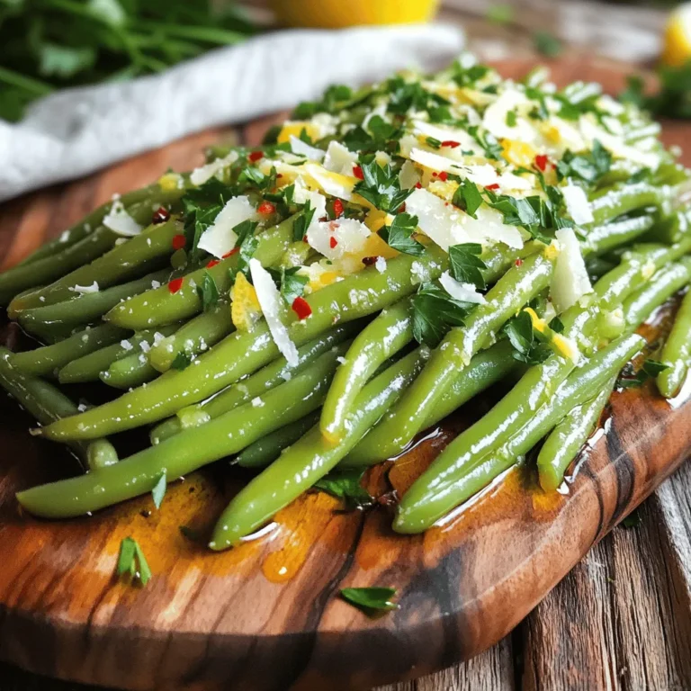 Um dieses leckere Gericht zuzubereiten, benötigen Sie: - 450 g frische grüne Bohnen, geputzt - 3 Esslöffel Olivenöl - 4 Knoblauchzehen, fein gehackt - 125 g geriebener Parmesan - 1 Teelöffel Zitronenschale - Salz und Pfeffer nach Geschmack - 1/4 Teelöffel rote Pfefferflocken (optional) - Frische Petersilie, gehackt (zur Dekoration) Frische grüne Bohnen sind der Schlüssel zu diesem Gericht. Wählen Sie Bohnen, die knackig und leuchtend grün sind. Sie sollten keine braunen Flecken oder Falten haben. Überprüfen Sie auch, ob die Bohnen fest sind. Fühlen Sie die Bohnen in Ihrer Hand. Sie sollten sich nicht matschig anfühlen. Kaufen Sie sie am besten auf dem Markt oder in einem Lebensmittelladen. Saisonale Bohnen sind oft frischer und günstiger. Wenn Sie keinen Parmesan haben, probieren Sie Pecorino oder Grana Padano. Diese Käsesorten bieten einen ähnlichen Geschmack. Für eine vegane Option können Sie Hefeflocken verwenden. Sie geben einen nussigen Geschmack, der gut passt. Wenn Sie keinen Knoblauch mögen, ersetzen Sie ihn durch Schalotten oder Zwiebeln. Diese geben ebenfalls ein tolles Aroma. Waschen Sie zuerst die frischen grünen Bohnen. Entfernen Sie die Enden mit einem Messer. Wenn Sie möchten, können Sie die Bohnen auch in kürzere Stücke schneiden. Das macht das Essen einfacher. Bereiten Sie einen großen Topf mit gesalzenem Wasser vor. Bringen Sie das Wasser zum Kochen. Sobald das Wasser kocht, geben Sie die Bohnen hinein. Blanchieren Sie sie 3-4 Minuten lang. Die Bohnen sollten lebendig grün und bissfest sein. Gießen Sie die Bohnen in ein Sieb ab und tauchen Sie sie sofort in eine Schüssel mit Eiswasser. Das stoppt das Kochen und hält die Farbe. Lassen Sie die Bohnen einige Minuten im Eiswasser. Danach abtropfen und zur Seite stellen. Erhitzen Sie 3 Esslöffel Olivenöl in einer großen Pfanne. Bei mittlerer Hitze ist ideal. Fügen Sie 4 fein gehackte Knoblauchzehen hinzu. Braten Sie den Knoblauch 1-2 Minuten an. Achten Sie darauf, dass er nicht bräunt. Geben Sie die blanchierten Bohnen in die Pfanne. Schwenken Sie sie im Knoblauchöl, bis sie warm sind. Das dauert etwa 3-4 Minuten. Nehmen Sie die Pfanne vom Herd. Rühren Sie 125 g geriebenen Parmesan und 1 Teelöffel Zitronenschale unter. Fügen Sie Salz und Pfeffer nach Geschmack hinzu. Wenn Sie es scharf mögen, geben Sie 1/4 Teelöffel rote Pfefferflocken dazu. Mischen Sie alles gut durch, bis der Käse an den Bohnen haftet. Servieren Sie die Bohnen auf einer Platte. Garnieren Sie sie mit frischer, gehackter Petersilie. Für das gesamte Rezept schauen Sie sich die [Full Recipe] an. Ein häufiger Fehler ist, die grünen Bohnen zu lange zu kochen. Dadurch verlieren sie ihre Farbe und ihren Crunch. Achte darauf, sie nur 3-4 Minuten zu blanchieren. Ein weiterer Fehler ist, den Knoblauch zu lange zu braten. Er sollte leicht goldbraun sein, nicht verbrannt. Das gibt deinem Gericht einen bitteren Geschmack. Jede Bohne braucht genau die richtige Zeit. Blanchiere die grünen Bohnen für 3-4 Minuten. Nach dem Blanchieren ist Eiswasser wichtig. Das stoppt den Garprozess und bewahrt die Farbe. In der Pfanne sollten die Bohnen nur 3-4 Minuten auf mittlerer Hitze angebraten werden. So bleiben sie knackig und lecker. Für das beste Aussehen lege die grünen Bohnen schön auf einen Teller. Streue den Parmesan gleichmäßig darüber, damit er gut sichtbar ist. Frische Petersilie fügt eine schöne Farbe hinzu. Du kannst die Petersilie auch grob hacken und darüber streuen. Achte darauf, dass das Gericht warm serviert wird. So schmeckt es am besten. Für die vollständige Anleitung schau dir das Full Recipe an. {{image_4}} Um Knoblauch Parmesan grüne Bohnen noch besser zu machen, können Sie weitere Zutaten hinzufügen. Zum Beispiel, geröstete Mandeln oder Pinienkerne geben einen tollen Crunch. Auch einige frische Kräuter, wie Thymian oder Oregano, können den Geschmack heben. Ein Spritzer Balsamico-Essig bringt eine süß-saure Note. Experimentieren Sie mit diesen Zutaten, um Ihr Gericht zu verfeinern. Für eine vegetarische oder vegane Version, ersetzen Sie den Parmesan. Vegane Käsesorten oder Hefeflocken sind gute Alternativen. Sie geben den nötigen Umami-Geschmack, ohne tierische Produkte zu verwenden. Auch die Zugabe von geräuchertem Paprika kann dem Gericht Tiefe und Geschmack verleihen. So bleibt das Rezept lecker und pflanzenbasiert. Nutzen Sie saisonale Zutaten für mehr Frische. Im Frühling passen Spargel oder Erbsen gut dazu. Im Sommer können Sie frische Tomaten oder Zucchini hinzufügen. Im Herbst sind geröstete Kürbisstücke eine tolle Ergänzung. Diese Zutaten bringen Geschmack und Farbe auf den Teller. So bleibt Ihr Gericht nicht nur lecker, sondern auch spannend. Die restlichen grünen Bohnen sollten Sie in einem luftdichten Behälter aufbewahren. Sie bleiben so frisch und lecker. Lagern Sie sie im Kühlschrank. Dort halten sie sich etwa 3 bis 4 Tage. Stellen Sie sicher, dass die Bohnen gut abgekühlt sind, bevor Sie sie lagern. So bleibt die Qualität länger erhalten. Wenn Sie die Bohnen länger aufbewahren möchten, können Sie sie einfrieren. Blanchieren Sie die Bohnen zuerst, wie im Rezept beschrieben. Lassen Sie sie dann vollständig abkühlen. Packen Sie die Bohnen in einen gefrierfesten Beutel. Entfernen Sie so viel Luft wie möglich, um Frostschäden zu vermeiden. Auf diese Weise bleiben die Bohnen bis zu 6 Monate frisch. Um die Bohnen wieder aufzuwärmen, können Sie eine Pfanne oder die Mikrowelle verwenden. In der Pfanne erhitzen Sie etwas Olivenöl. Geben Sie die gefrorenen Bohnen direkt hinein und braten Sie sie für etwa 5 bis 7 Minuten. In der Mikrowelle verwenden Sie eine abgedeckte Schüssel. Erhitzen Sie sie in Intervallen von 1 bis 2 Minuten. So bleiben die Bohnen knusprig und behalten ihren Geschmack. Die grünen Bohnen sind im Kühlschrank etwa 3-5 Tage haltbar. Achte darauf, sie in einem luftdichten Behälter zu lagern. So bleiben sie frisch und knackig. Wenn du die Bohnen länger aufbewahren möchtest, kannst du sie auch einfrieren. Sie bleiben dann bis zu 6 Monate genießbar. Ja, du kannst das Rezept im Voraus zubereiten. Blanchiere die Bohnen und bereite die Mischung mit Knoblauch und Parmesan vor. Lagere alles getrennt im Kühlschrank. Wenn du bereit bist, kannst du die Bohnen schnell in der Pfanne erwärmen und die Parmesan-Mischung hinzufügen. So sparst du Zeit beim Kochen. Knoblauch Parmesan grüne Bohnen passen gut zu vielen Gerichten. Hier sind einige Ideen: - Gegrilltes Hähnchen - Rindersteak - Gebratener Lachs - Reis oder Quinoa - Kartoffeln in jeder Form Diese Beilagen ergänzen den Geschmack der Bohnen und machen dein Essen rundum lecker. In diesem Artikel haben wir die besten Tipps für Knoblauch Parmesan grüne Bohnen behandelt. Ich habe die Zutatenliste, die Zubereitungsschritte und hilfreiche Tipps vorgestellt. Sie wissen jetzt, wie man häufige Fehler vermeidet und die Bohnen optimal garen kann. Denken Sie auch an Variationen für zusätzliches Aroma. Lagern Sie Reste richtig, um den Geschmack zu bewahren. Jetzt haben Sie alles, was Sie brauchen, um leckere grüne Bohnen zuzubereiten. Genießen Sie das Kochen und teilen Sie Ihre Kreationen!