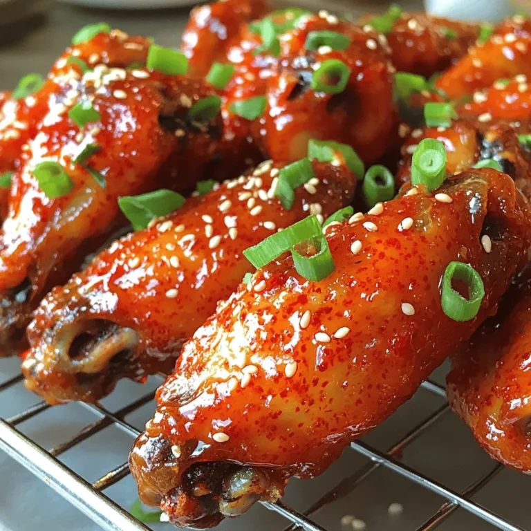 Für dieses Rezept brauchst du: - 900 g Hähnchenflügel - 2 Esslöffel Sojasauce - 2 Esslöffel Gochujang (koreanische rote Chilipaste) - 1 Esslöffel Honig - 1 Esslöffel Sesamöl - 3 Knoblauchzehen, fein gehackt - 2,5 cm Stück Ingwer, gerieben - 1 Teelöffel Reisessig - 1 Teelöffel schwarzer Pfeffer Diese Zutaten machen die Flügel lecker und würzig. Die Hähnchenflügel sind der Star des Gerichts. Sie sind saftig und perfekt für jeden Anlass. Die richtige Mischung von Gewürzen ist wichtig. Gochujang gibt den Flügeln ihre Schärfe und Tiefe. Sojasauce sorgt für einen herzhaften Geschmack. Honig bringt eine süße Note. Sesamöl fügt ein nussiges Aroma hinzu. Reisessig macht die Marinade frisch und leicht. Um die Hähnchenflügel schön zu präsentieren, garnierst du sie mit: - 2 Frühlingszwiebeln, gehackt - Sesamkörner Diese Garnituren bringen Farbe und Textur. Sie machen das Gericht nicht nur schmackhaft, sondern auch optisch ansprechend. Diese Details machen deine Hähnchenflügel zu einem echten Genuss. Du findest das komplette Rezept in der [Full Recipe]. Für die Marinade vermische die Sojasauce, Gochujang, Honig, und Sesamöl in einer großen Schüssel. Füge dann den fein gehackten Knoblauch, den geriebenen Ingwer, den Reisessig und den schwarzen Pfeffer hinzu. Rühre alles gut um, bis die Zutaten gleichmäßig verteilt sind. Diese Mischung sorgt für den herzhaften und scharfen Geschmack der Hähnchenflügel. Gib die Hähnchenflügel in die Marinade und wende sie gut, damit sie vollständig überzogen sind. Das ist wichtig für den vollen Geschmack. Decke die Schüssel mit Frischhaltefolie ab. Stelle sie für mindestens 1 Stunde, idealerweise über Nacht, in den Kühlschrank. So ziehen die Aromen richtig ein und machen die Flügel besonders lecker. Heize den Ofen auf 220°C vor. Lege ein Backblech mit Aluminiumfolie aus und stelle ein Drahtgitter darauf. Das hilft, die Flügel gleichmäßig zu garen. Arrangiere die marinierten Flügel in einer einzelnen Schicht auf dem Gitter. Backe sie 30-35 Minuten lang und wende sie zur Hälfte. So werden sie schön knusprig und gar. Für extra Knusprigkeit stelle den Ofen in den letzten 5 Minuten auf Grillfunktion. Achte darauf, dass die Flügel nicht verbrennen. Nach dem Backen lass die Flügel kurz ruhen. Garniere sie vor dem Servieren mit gehackten Frühlingszwiebeln und Sesamkörnern. Diese Schritte machen deine scharfen koreanischen Hähnchenflügel unwiderstehlich! Für die vollständige Anleitung schaue dir das [Full Recipe] an. Die Marinade macht den Geschmack der Hähnchenflügel aus. Nutze frische Zutaten. Ich empfehle, die Marinade mindestens eine Stunde ziehen zu lassen. Optimal ist es, sie über Nacht im Kühlschrank zu lagern. So zieht der Geschmack tief in das Fleisch ein. Achte darauf, die Hähnchenflügel gut zu wenden, damit sie gleichmäßig mariniert werden. Für knusprige Hähnchenflügel ist die Vorbereitung wichtig. Lege die marinierten Flügel auf ein Drahtgitter. Dadurch zirkuliert die Luft besser. Backe sie bei 220°C, um sie goldbraun und knusprig zu machen. Um die Knusprigkeit zu verbessern, stelle den Ofen in den letzten fünf Minuten auf Grillfunktion. So bekommst du eine tolle, knusprige Oberfläche. Ein häufiger Fehler ist, die Flügel zu dicht auf das Blech zu legen. Das führt dazu, dass sie dampfen statt knusprig werden. Achte darauf, genügend Platz zwischen den Flügeln zu lassen. Ein weiterer Fehler ist, die Marinade nicht lange genug einziehen zu lassen. Lasse die Flügel mindestens eine Stunde marinieren. So wird der Geschmack intensiv und lecker. Für das komplette Rezept, schau dir die [Full Recipe] an. {{image_4}} Du kannst den Schärfegrad leicht anpassen. Gochujang ist scharf, aber auch süß. Wenn du es weniger scharf magst, benutze weniger Gochujang. Für mehr Schärfe füge mehr hinzu. Du kannst auch frische Chilis in die Marinade geben. Das gibt einen frischen Kick. Probiere auch andere Chilis aus. Sriracha oder rote Paprika sind gute Alternativen. So findest du den perfekten Geschmack für dich. Grillen ist eine tolle Methode für diese Hähnchenflügel. Du erhältst einen rauchigen Geschmack und eine knusprige Haut. Heize deinen Grill auf mittlere Hitze vor. Lege die marinierten Flügel direkt auf den Grill. Wende sie regelmäßig, damit sie gleichmäßig garen. Grill sie etwa 20 bis 25 Minuten lang. Achte darauf, sie nicht zu verbrennen. So wird das Gericht besonders lecker und erhält eine schöne Grillnote. Serviere deine Hähnchenflügel mit frischen Beilagen. Ein einfacher Salat passt gut. Oder serviere sie mit Reis oder Gemüse. Kimchi ist eine klassische Beilage. Es bringt einen würzigen Geschmack. Du kannst auch eine Dip-Sauce machen. Joghurt oder Erdnusssoße sind gute Optionen. Garnier die Flügel mit Sesamkörnern und Frühlingszwiebeln. Das sieht schön aus und schmeckt köstlich. Um die Hähnchenflügel frisch zu halten, lege sie in einen luftdichten Behälter. Achte darauf, dass die Flügel vollständig abgekühlt sind, bevor du sie lagerst. Das verhindert Kondensation und hält die Haut knusprig. Wenn du keine luftdichten Behälter hast, benutze Frischhaltefolie oder Aluminiumfolie. So bleiben die Flügel länger lecker und saftig. Beim Wiederaufwärmen ist es wichtig, die Flügel nicht zu übergaren. Heize den Ofen auf 180°C vor. Lege die Flügel auf ein Backblech und erwärme sie für etwa 10-15 Minuten. Dadurch werden sie wieder knusprig. Alternativ kannst du eine Pfanne verwenden. Erhitze etwas Öl und brate die Flügel kurz an. Dadurch bekommen sie eine schöne Farbe und bleiben saftig. Im Kühlschrank halten sich die Hähnchenflügel etwa 3-4 Tage. Stelle sicher, dass sie gut verpackt sind. Im Gefrierfach kannst du sie bis zu 3 Monate aufbewahren. Denke daran, sie gut einzupacken, um Gefrierbrand zu vermeiden. Wenn du sie wieder auftauen möchtest, lasse sie im Kühlschrank über Nacht. So bleiben sie zart und geschmackvoll. Ich empfehle, die Hähnchenflügel mindestens eine Stunde zu marinieren. So ziehen die Aromen gut ein. Ideal ist es, sie über Nacht im Kühlschrank zu lassen. Dadurch wird der Geschmack noch besser. Hähnchenflügel werden nicht knusprig, wenn sie nicht genug Hitze bekommen. Achte darauf, den Ofen auf die richtige Temperatur vorzuheizen. Außerdem sollten die Flügel auf einem Drahtgitter liegen, damit die Luft zirkulieren kann. Ein weiterer Tipp ist, die Hähnchenflügel während des Backens zu wenden. Wenn du kein Gochujang hast, kannst du eine Mischung aus Chilipaste und Sojasauce verwenden. Es wird nicht ganz gleich schmecken, aber es wird trotzdem gut sein. Du kannst auch Sriracha oder eine andere scharfe Sauce probieren. Koreanische Hähnchenflügel stammen aus Südkorea. Dort sind sie sehr beliebt und oft in Restaurants zu finden. Sie sind bekannt für ihren süßen und scharfen Geschmack. Man findet sie in vielen Variationen, aber die scharfe Marinade ist die bekannteste. Für das komplette Rezept, schau dir die [Full Recipe] an. Scharfe koreanische Hähnchenflügel bieten ein köstliches Erlebnis. Wir haben die besten Zutaten, die richtige Marinade und Zubereitungsschritte besprochen. Tipps für knusprige Flügel helfen dir, Fehler zu vermeiden. Ändere die Schärfe nach deinem Geschmack und entdecke verschiedene Zubereitungsmethoden. Bewahre Reste richtig auf und erwärme sie einfach wieder. So hast du immer leckere Flügel zur Hand. Nutze diese Schritte für deine nächste Mahlzeit und genieße jeden Biss!