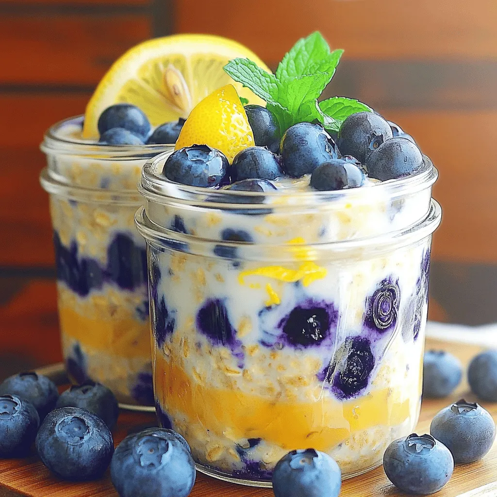 - 1 Tasse zarte Haferflocken - 1 Tasse Mandelmilch (oder Milch nach Wahl) - 1/2 Tasse griechischer Joghurt (optional) - 1/2 Tasse frische Blaubeeren (plus zusätzliche für das Topping) - Schale von 1 Zitrone und 1 Esslöffel Zitronensaft - 2 Esslöffel Ahornsirup (oder Honig) Die Hauptzutaten sind einfach und lecker. Zarte Haferflocken geben eine weiche Basis. Mandelmilch macht die Mischung cremig und leicht. Wenn du griechischen Joghurt hinzufügst, wird es noch reichhaltiger. Die aromatischen Zutaten sind der Schlüssel zum Geschmack. Frische Blaubeeren bringen Süße und Frische. Die Zitronenschale und der Zitronensaft fügen eine spritzige Note hinzu. Ahornsirup oder Honig süßen die Mischung perfekt und machen sie unwiderstehlich. Diese Zutaten sind nicht nur köstlich, sondern auch gesund. Du kannst die Haferflocken leicht anpassen. Das vollständige Rezept findest du im Abschnitt "Full Recipe". - Fangen Sie an, indem Sie eine mittelgroße Schüssel nehmen. - Geben Sie die zarten Haferflocken, die Mandelmilch, den griechischen Joghurt, den Ahornsirup, die Zitronenschale, den Zitronensaft, den Vanilleextrakt und eine Prise Salz hinzu. - Rühren Sie gründlich, um sicherzustellen, dass die Haferflocken gleichmäßig benetzt sind. Dies hilft, alle Aromen gut zu vermischen. - Jetzt kommt der beste Teil! Vorsichtig die frischen Blaubeeren unterheben. Seien Sie sanft, damit sie nicht zerdrückt werden. - Teilen Sie die Mischung gleichmäßig in zwei luftdichte Behälter oder Gläser auf. So bleibt alles frisch und lecker. - Verschließen Sie die Behälter und stellen Sie sie über Nacht oder mindestens 6 Stunden in den Kühlschrank. In dieser Zeit saugen die Haferflocken die Aromen auf und werden weich. - Am Morgen die Haferflocken gut umrühren. Wenn die Mischung zu dick ist, fügen Sie einen Schuss Mandelmilch hinzu. So wird sie schön cremig und gut essbar. Sie können das vollständige Rezept [hier] finden. Die richtige Konsistenz macht deine Overnight Oats besonders lecker. Wenn du sie zu dick findest, füge etwas mehr Mandelmilch hinzu. Beginne mit einem Esslöffel und rühre gut um. Lass die Haferflocken nicht zu lange stehen, da sie sonst zu viel Flüssigkeit aufnehmen. Um eine Übersättigung zu vermeiden, lagere sie in luftdichten Behältern im Kühlschrank. So bleiben sie frisch und schmackhaft. Um den Geschmack deiner Overnight Oats zu verbessern, kannst du Vanilleextrakt hinzufügen. Ein Teelöffel reicht meist aus. Du kannst auch andere Gewürze verwenden, wie Zimt oder Muskatnuss. Wenn du es süßer magst, passe die Süßungsoptionen an. Versuche, den Ahornsirup durch Honig zu ersetzen. So kannst du verschiedene Geschmäcker entdecken. Die Präsentation ist wichtig! Ich empfehle, die Übernacht-Haferflocken in klaren Gläsern zu servieren. So kannst du die schönen Schichten sehen. Füge frische Blaubeeren und Zitronenschalen hinzu, um eine ansprechende Optik zu schaffen. Ein Minzzweig auf der Oberseite sorgt für eine frische Note. Diese kleinen Details machen einen großen Unterschied. Für das vollständige Rezept, schau dir die [Full Recipe] an! {{image_4}} Ich liebe es, mit verschiedenen Früchten zu experimentieren. Du kannst Himbeeren oder Erdbeeren verwenden. Diese Beeren bringen eine süße Säure mit, die perfekt zu den Haferflocken passt. Auch Bananen oder Äpfel sind tolle Ergänzungen. Sie sorgen für eine andere Textur und süßen Geschmack. Probiere es aus und finde deine Lieblingskombination! Für eine glutenfreie Version nimm glutenfreie Haferflocken. So kann jeder genießen, ohne sich Sorgen zu machen. Wenn du vegan leben möchtest, lass den Joghurt weg. Ersetze ihn durch mehr Nussmilch oder pflanzlichen Joghurt. Diese Optionen sind gesund und lecker. Ich empfehle, verschiedene Nussmilchsorten auszuprobieren. Mandelmilch, Haselnussmilch oder sogar Kokosmilch bringen neuen Schwung. Du kannst auch Kakaopulver oder Zimt hinzufügen. Diese Gewürze bringen Wärme und Tiefe in den Geschmack. So wird dein Frühstück noch aufregender. Wenn du mehr kreative Ideen suchst, schau dir das [Full Recipe] an. Um die Frische Ihrer Zitronen-Blaubeer-Übernacht-Haferflocken zu garantieren, bewahren Sie sie in einem luftdichten Behälter auf. Lagern Sie die Haferflocken in der kältesten Zone Ihres Kühlschranks. So bleiben die Aromen lebendig und die Textur bleibt optimal. Sie können die Haferflocken bis zu 5 Tage lang genießen. Nach dieser Zeit können sie weicher oder wässriger werden. Wenn Sie die Haferflocken länger aufbewahren möchten, frieren Sie sie ein. Teilen Sie die Mischung in Portionen auf und füllen Sie sie in gefriergeeignete Behälter. Vergessen Sie nicht, die Behälter gut zu verschließen. Zum Auftauen legen Sie die Haferflocken einfach über Nacht in den Kühlschrank. So bleibt die Textur fast gleich. Vermeiden Sie es, sie in der Mikrowelle aufzutauen. Dadurch kann die Konsistenz leiden. Die besten Haferflocken für Overnight Oats sind zarte Haferflocken. Sie werden schneller weich und nehmen die Flüssigkeit besser auf. Grobe Haferflocken sind dicker. Sie brauchen länger, um weich zu werden. Wenn du eine cremige Konsistenz magst, wähle zarte Haferflocken. Ja, du kannst viele Milchsorten verwenden. Mandelmilch ist eine gute Wahl, weil sie leicht und nussig schmeckt. Hafermilch hat einen süßen Geschmack. Sojamilch ist proteinreich und cremig. Kokosmilch gibt einen tropischen Flair. Probiere verschiedene Sorten aus und finde deinen Favoriten! Du kannst die Overnight Oats mit vielen Zutaten gesünder machen. Füge Chiasamen oder Leinsamen hinzu für gesunde Fette. Nüsse bieten Crunch und zusätzliche Nährstoffe. Wenn du mehr Vitamine möchtest, füge Spinat oder Karottenraspel hinzu. Joghurt verbessert die Cremigkeit und liefert Probiotika. Viele Toppings passen gut zu Overnight Oats. Frische Früchte wie Bananen, Erdbeeren und Himbeeren sind lecker. Nüsse und Samen bieten Textur und Geschmack. Für eine komplette Frühstücksbox kannst du hartgekochte Eier oder Joghurt dazugeben. Diese Kombination macht dein Frühstück abwechslungsreich und nahrhaft. Zusammengefasst haben wir die besten Zutaten für köstliche Overnight Oats erkundet. Von der Vorbereitung bis zur Lagerung, jeder Schritt ist wichtig. Du kannst die Konsistenz und den Geschmack leicht anpassen. Experimentiere mit verschiedenen Toppings und Variationen für ein frisches Frühstück. Denke daran, die Oats angemessen zu lagern, um die beste Frische zu erreichen. Jetzt bist du bereit, schmackhafte und nahrhafte Overnight Oats zu genießen! Viel Spaß beim Ausprobieren!