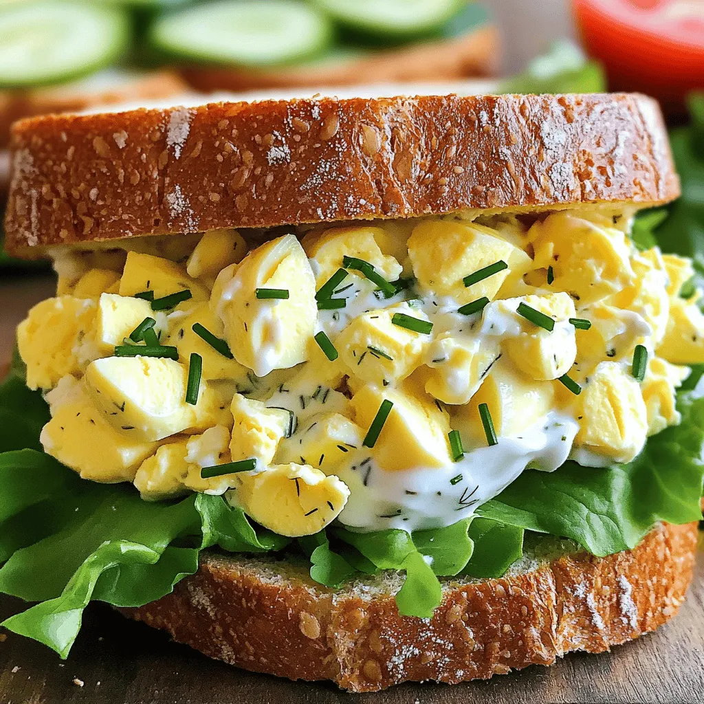 Die Hauptzutaten sind einfach, frisch und lecker. Du brauchst: - 4 große Eier - 2 Esslöffel Mayonnaise - 1 Esslöffel griechischer Joghurt, natur - 1 Teelöffel Dijon-Senf - 1 Esslöffel frische Schnittlauch, gehackt - 1 Esslöffel Dillgurken, fein gehackt - Salz und Pfeffer nach Geschmack - 4 Scheiben Vollkornbrot - Blätter von Kopfsalat zur Garnierung Diese Zutaten machen den Eiersalat cremig und schmackhaft. Um dein Sandwich noch besser zu machen, füge einige Hilfszutaten hinzu. Hier sind ein paar Ideen: - Ein Spritzer Zitronensaft für Frische - Paprika oder Zwiebeln für einen kräftigen Geschmack - Geräucherter Lachs für ein besonderes Aroma Diese Zutaten geben deinem Eiersalat einen neuen Twist und sorgen für mehr Vielfalt. Falls du einige Zutaten nicht hast, gibt es gute Alternativen. Hier sind einige Vorschläge: - Ersetze die Mayonnaise mit Avocado für eine gesunde Option. - Nutze veganen Joghurt, wenn du eine pflanzliche Variante möchtest. - Probiere andere Brotsorten wie Ciabatta oder Baguette. Mit diesen Alternativen bleibst du flexibel und kannst das Rezept nach deinem Geschmack anpassen. Es gibt viele Wege, um ein einfaches Eiersalat-Sandwich lecker zu machen! Du kannst die vollständige Anleitung im *Full Recipe* finden. Um das perfekte Eiersalat-Sandwich zu machen, beginne mit den Eiern. Lege vier große Eier in einen mittelgroßen Topf. Bedecke sie vollständig mit Wasser. Erhitze das Wasser auf mittlerer Hitze, bis es kocht. Sobald das Wasser kocht, decke den Topf ab und nimm ihn vom Herd. Lass die Eier für 10 bis 12 Minuten ziehen. Das gibt dir hartgekochte Eier. Danach gib die Eier in eine Schüssel mit Eiswasser. Lass sie dort 5 bis 10 Minuten abkühlen. Dies hilft beim Schälen. Jetzt sind die Eier bereit. Schäle sie und schneide sie in kleine Stücke. Nimm eine Rührschüssel und gib die gehackten Eier hinein. Füge 2 Esslöffel Mayonnaise, 1 Esslöffel griechischen Joghurt, 1 Teelöffel Dijon-Senf, 1 Esslöffel frische Schnittlauch und 1 Esslöffel gehackte Dillgurken hinzu. Mische alles vorsichtig, bis es gut vermischt ist. Schmecke die Mischung mit Salz und Pfeffer ab. Du kannst die Mengen nach deinem Geschmack anpassen. Jetzt wird es lecker! Nimm vier Scheiben Vollkornbrot. Toasten nach Wunsch. Auf zwei Scheiben verteile eine großzügige Menge der Eimischung. Lege darauf Blätter von Kopfsalat. Wenn du magst, füge eine Scheibe Tomate oder Gurke hinzu. Setze die anderen Brotscheiben oben drauf, um die Sandwiches zu vervollständigen. Schneide die Sandwiches in der Mitte oder in Viertel, um sie leichter zu essen. Serviere sie sofort mit frischem Obst oder Chips. So einfach ist das! Für das vollständige Rezept, sieh dir den Abschnitt "Full Recipe" an. Um hartgekochte Eier perfekt zuzubereiten, gibt es ein paar wichtige Punkte. Verwende frische Eier, damit sie besser schmecken. Lege die Eier in einen Topf und bedecke sie mit kaltem Wasser. Bring das Wasser zum Kochen. Wenn es kocht, decke den Topf ab und nimm ihn vom Herd. Lass die Eier 10 bis 12 Minuten ziehen. Nach der Zeit, lege die Eier in Eiswasser. Dies hilft beim Schälen. Ein einfaches Eiersalat-Sandwich kann viele Geschmäcker bieten. Füge zum Beispiel gewürfelte Paprika oder Sellerie hinzu. Diese Zutaten bringen Knackigkeit. Du kannst auch etwas Curry-Pulver für eine würzige Note verwenden. Für mehr Frische sind frische Kräuter wie Petersilie oder Basilikum toll. Experimentiere mit verschiedenen Senfsorten oder sogar scharfen Saucen. So schaffst du deinen eigenen, einzigartigen Eiersalat. Ein schönes Sandwich sieht besser aus und macht mehr Spaß. Du kannst das Sandwich diagonal schneiden, um es ansprechend zu präsentieren. Lege die Sandwichhälften auf einen bunten Teller. Das macht das Gericht lebendiger. Frische Blätter von Kopfsalat oder ein paar Scheiben Tomate sorgen für Farbe. Du kannst auch essbare Blüten als Garnierung verwenden. So wird dein Eiersalat-Sandwich nicht nur lecker, sondern auch ein echter Hingucker. {{image_4}} Für ein veganes Eiersalat-Sandwich verwende ich Kichererbsen. Diese sind eine tolle Basis. Sie geben eine ähnliche Textur wie Eier. Zerdrücke die Kichererbsen in einer Schüssel. Füge dann vegane Mayonnaise und Senf hinzu. Schnittlauch und Dillgurken bringen den Geschmack. Du kannst auch Avocado für Cremigkeit nutzen. Serviere das Sandwich auf Vollkornbrot. Um dein Eiersalat-Sandwich spannend zu machen, füge zusätzliche Zutaten hinzu. Zum Beispiel, kleine Stücke von Paprika oder Sellerie geben einen knackigen Biss. Füge auch etwas geriebenen Käse hinzu für mehr Geschmack. Ein Spritzer Zitronensaft macht alles frisch. Mit diesen Extras wird dein Eiersalat-Sandwich besonders lecker und einzigartig. Wenn du wenig Zeit hast, probiere einen schnellen Eiersalatsalat. Koche die Eier wie im Rezept beschrieben. Anstelle von Brot, verwende einen großen Salatblatt. Mische die Eimischung und lege sie auf das Blatt. Du kannst auch Tomaten oder Gurken hinzufügen. So ist es leicht und gesund. Perfekt für einen schnellen Snack oder ein leichtes Mittagessen. Um deinen Eiersalat frisch zu halten, lege ihn in einen luftdichten Behälter. Stelle sicher, dass der Behälter gut verschlossen ist. So bleibt der Eiersalat länger frisch. Lagere ihn im Kühlschrank bei einer Temperatur von 4 °C oder kälter. Eiersalat hält sich im Kühlschrank etwa 3 bis 5 Tage. Überprüfe immer den Geruch und die Farbe, bevor du ihn isst. Wenn er komisch riecht oder die Farbe sich verändert hat, wirf ihn weg. Sicherheit ist wichtig! Hast du Reste? Nutze sie kreativ! Mache einen Eiersalat-Wrap mit Tortillas. Du kannst auch den Eiersalat auf Cracker oder in Salat geben. So vermeidest du Verschwendung und genießt den Geschmack noch einmal! Um den Eiersalat gesünder zu machen, können Sie einige einfache Änderungen vornehmen. Verwenden Sie weniger Mayonnaise und mehr griechischen Joghurt. Das gibt einen tollen Geschmack und weniger Fett. Sie können auch frisches Gemüse wie Paprika oder Sellerie hinzufügen. Diese geben dem Salat mehr Textur und Nährstoffe. Eine weitere Möglichkeit ist, mehr Kräuter wie Petersilie oder Basilikum zu verwenden. Diese verleihen dem Eiersalat frische Aromen. Die Eiersalat-Sandwiches sind am besten frisch. Wenn Sie sie aber aufbewahren müssen, lagern Sie sie in einem luftdichten Behälter. So bleiben sie 1 bis 2 Tage frisch. Achten Sie darauf, die Sandwiches im Kühlschrank zu lagern. Wenn die Füllung wässrig wird, essen Sie die Sandwiches bald. Das kann den Geschmack beeinträchtigen. Ja, frische Kräuter sind eine tolle Idee! Sie können Schnittlauch, Petersilie oder Dill verwenden. Diese Kräuter geben dem Eiersalat einen frischen und lebendigen Geschmack. Fügen Sie die Kräuter nach dem Mischen der Zutaten hinzu. So bleibt der Geschmack stark und frisch. Experimentieren Sie mit verschiedenen Kräutern, um Ihre perfekte Mischung zu finden. In diesem Blogbeitrag habe ich die besten Zutaten für ein Eiersalat-Sandwich vorgestellt. Die Schritt-für-Schritt-Anleitung macht es einfach, die perfekte Mischung zu erstellen. Tipps helfen, die besten Eier zu kochen und das Sandwich ansprechend zu präsentieren. Wir haben auch Variationen wie veganes Eiersalat und Lagerhinweise behandelt. Natürlich kannst du auch deinen Eiersalat anpassen. Experimentiere mit neuen Zutaten und Variationen. So bleibt dein Sandwich immer spannend und lecker.