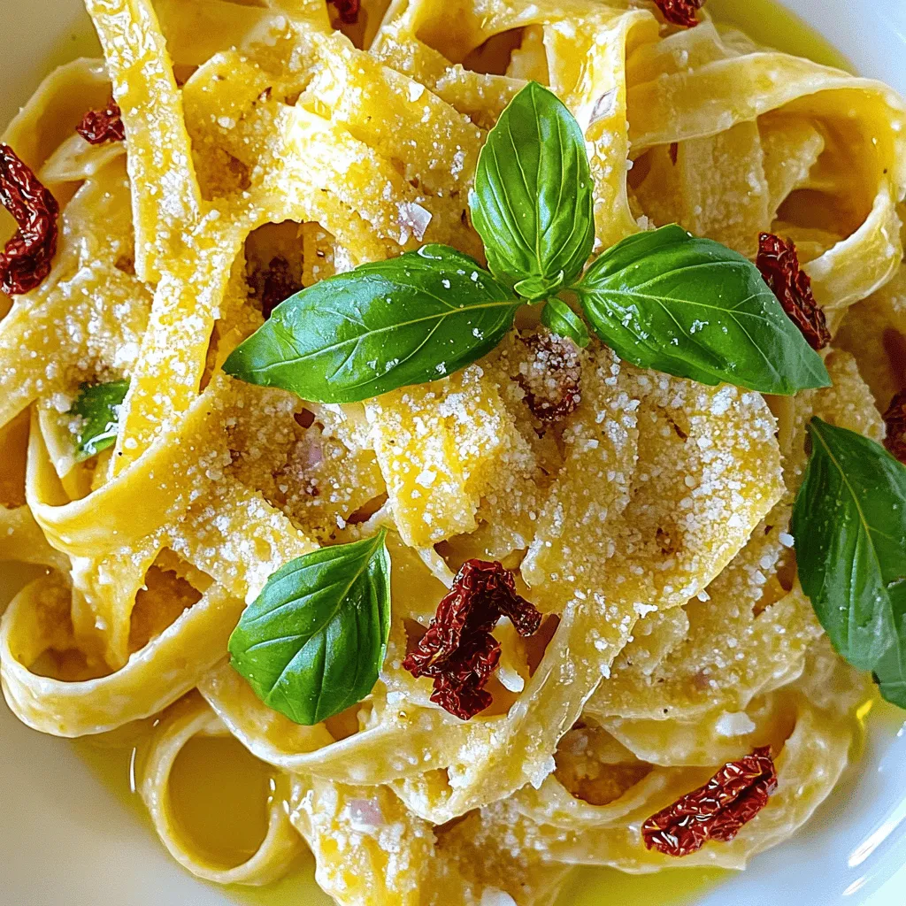 - 340 g Pasta (Fettuccine oder Penne) - 240 ml getrocknete Tomaten in Öl - 240 ml Sahne Die Hauptzutaten sind einfach. Pasta ist die Basis. Fettuccine oder Penne funktionieren am besten. Die getrockneten Tomaten bringen viel Geschmack. Sie sind in Öl eingelegt und leicht zu finden. Die Sahne macht die Sauce cremig und lecker. - 2 Knoblauchzehen - 1 kleine Zwiebel - 2 Esslöffel Olivenöl Knoblauch und Zwiebel sind wichtig für den Geschmack. Der Knoblauch gibt einen starken Duft. Die Zwiebel macht die Mischung süßlich. Olivenöl ist das Fett, das alles verbindet. Es hilft, die Aromen zu entfalten und gibt einen feinen Geschmack. - 50 g frisch geriebener Parmesan - 1 Teelöffel getrockneter Basilikum - 1 Teelöffel getrockneter Oregano - Salz und Pfeffer Käse bringt ein cremiges Gefühl. Parmesan hat einen starken, salzigen Geschmack. Die getrockneten Kräuter bringen frische Aromen. Basilikum und Oregano sind perfekt für italienische Gerichte. Salz und Pfeffer sind wichtig, um die Aromen zu verstärken. Diese Zutaten machen die Pasta besonders schmackhaft. Für das vollständige Rezept, schau dir *Full Recipe* an. Beginne mit einem großen Topf. Fülle ihn mit gesalzenem Wasser und bringe es zum Kochen. Gib die Pasta hinein und koche sie nach Packungsanweisung al dente. Das bedeutet, die Pasta bleibt etwas fest. Vergiss nicht, eine Tasse des Nudelwassers aufzubewahren. Das hilft später bei der Sauce. Nehme eine große Pfanne. Erhitze das Olivenöl bei mittlerer Hitze. Füge die gewürfelte Zwiebel hinzu und dünste sie weich. Das dauert etwa 3-4 Minuten. Dann kommt der gehackte Knoblauch dazu. Brate ihn eine weitere Minute, bis er duftet. So erhältst du einen tollen Grundgeschmack. Jetzt kommt der spannende Teil! Rühre die gehackten getrockneten Tomaten in die Pfanne. Lass sie für etwa 2 Minuten mitgaren. Dann gieße die Sahne dazu und bringe alles sanft zum Köcheln. Rühre den Parmesan, den getrockneten Basilikum und den Oregano unter. Wenn der Käse schmilzt, wird die Sauce schön cremig. Gib die abgetropfte Pasta in die Pfanne. Mische sie gut mit der Sauce. Wenn die Sauce zu dick ist, füge nach und nach etwas vom reservierten Nudelwasser hinzu. So passt du die Konsistenz nach deinem Geschmack an. Schmecke die Pasta mit Salz und Pfeffer ab. Serviere das Gericht sofort. Garniere es mit frischen Basilikumblättern. So sieht deine cremige getrocknete Tomaten Pasta nicht nur lecker aus, sondern schmeckt auch fantastisch! Für das vollständige Rezept schaue bitte in den *Full Recipe*. Um die beste Pasta zu kochen, verwende immer viel gesalzenes Wasser. Das hilft, den Geschmack zu verbessern. Die Kochzeit steht auf der Packung. Halte dich an diese Zeit, aber teste die Pasta kurz vor dem Abgießen. Sie sollte „al dente“ sein – weich, aber mit etwas Biss. Nudelwasser ist wichtig! Hebe eine Tasse davon auf, bevor du die Pasta abgießt. Dieses Wasser enthält Stärke. Füge es der Sauce hinzu, wenn sie zu dick wird. So wird die Sauce schön cremig und haftet besser an der Pasta. Für zusätzlichen Geschmack kannst du mehr Gewürze verwenden. Zum Beispiel mag ich frischen Thymian oder einen Hauch von Chili. Diese geben der Sauce einen interessanten Kick. Du kannst auch frischen Knoblauch verwenden, um den Geschmack zu verstärken. Wenn du den Käse variieren möchtest, probiere Ziegenkäse oder Ricotta. Diese Käsearten bringen einen anderen Geschmack in die Sauce. Sie sind besonders lecker und machen alles noch cremiger. Beim Servieren ist die Präsentation wichtig. Verwende große, flache Teller. So sieht die Pasta schön aus. Garniere sie mit frischen Basilikumblättern. Diese sorgen für einen tollen Farbkontrast und frischen Geschmack. Als Beilage passen ein einfacher grüner Salat oder knuspriges Brot gut. Diese ergänzen das Gericht perfekt. Du kannst auch geröstetes Gemüse servieren, um mehr Farben und Texturen hinzuzufügen. {{image_4}} Wenn du die Pasta vegetarisch machen möchtest, kannst du Gemüse hinzufügen. Spinat und Zucchini passen hervorragend dazu. Sie bringen frische Aromen und Farben in das Gericht. Du kannst auch andere Gemüsesorten ausprobieren, wie Paprika oder Erbsen. Für vegane Optionen, ersetze die Sahne durch pflanzliche Sahne. So bleibt die Cremigkeit, und du hast eine leckere vegane Mahlzeit. Um deine Pasta proteinreicher zu machen, füge Hühnerfleisch oder Garnelen hinzu. Brate sie einfach zusammen mit der Zwiebel und dem Knoblauch an. Das sorgt für zusätzlichen Geschmack. Wenn du eine pflanzliche Proteinquelle bevorzugst, kannst du Tofu verwenden. Schneide den Tofu in kleine Würfel und brate ihn goldbraun an, bevor du die anderen Zutaten hinzufügst. So bleibt die Textur schön und fest. Wenn du glutenfrei essen möchtest, gibt es viele Alternativen. Du kannst glutenfreie Pasta verwenden, die sehr gut schmeckt. Achte darauf, die Kochzeit anzupassen, da glutenfreie Pasta oft etwas anders reagiert. Bei anderen Zutaten kannst du sicherstellen, dass sie ebenfalls glutenfrei sind. Überprüfe die Etiketten von Sahne und Gewürzen, um sicherzustellen, dass keine glutenhaltigen Stoffe enthalten sind. Egal für welche Variante du dich entscheidest, jede Version wird köstlich sein. Du kannst die verschiedenen Anpassungen ausprobieren und das Gericht nach deinem Geschmack gestalten. Das macht das Kochen noch spannender! Wenn du das vollständige Rezept suchst, findest du es im Abschnitt *Full Recipe*. Um deine cremige Pasta mit getrockneten Tomaten frisch zu halten, lagere sie im Kühlschrank. Verwende einen luftdichten Behälter, um die Pasta zu schützen. So bleibt sie bis zu drei Tage gut. Achte darauf, dass die Reste gut abgekühlt sind, bevor du sie in den Kühlschrank stellst. Das hilft, Bakterienbildung zu vermeiden. Wenn du die Pasta wieder aufwärmen möchtest, nutze eine Pfanne. Füge etwas Wasser oder Sahne hinzu, um die Sauce zu beleben. Erhitze die Pasta bei mittlerer Hitze und rühre oft um. So vermeidest du, dass die Pasta überkocht oder zu trocken wird. Du kannst auch die Mikrowelle nutzen, aber achte darauf, sie in kurzen Intervallen zu erwärmen. Wenn du die Pasta länger aufbewahren möchtest, friere sie ein. Teile die Portionen in luftdichte Behälter oder Gefrierbeutel auf. Vergiss nicht, das Datum darauf zu schreiben. So weißt du, wie lange die Pasta im Gefrierfach ist. Um die Pasta später zu verwenden, taue sie im Kühlschrank auf und erwärme sie wie oben beschrieben. Die Zubereitung dieser Pasta ist schnell und einfach. Sie dauert insgesamt etwa 25 Minuten. Die Vorbereitungszeit beträgt etwa 10 Minuten. Das Kochen der Pasta und das Zubereiten der Sauce nimmt dann weitere 15 Minuten in Anspruch. Sie können diese köstliche Mahlzeit also ganz schnell zubereiten, selbst an einem hektischen Abend. Ja, Sie können frische Tomaten verwenden, aber das Aroma wird sich ändern. Getrocknete Tomaten haben einen intensiven, süßen Geschmack. Frische Tomaten sind saftiger und weniger konzentriert. Sie müssen sie auch länger kochen, um die Sauce dickflüssig zu machen. Wenn Sie frische Tomaten verwenden, wählen Sie reife Sorten für den besten Geschmack. Diese Pasta hat einige Kalorien, vor allem wegen der Sahne und des Käses. Eine Portion hat ungefähr 600 Kalorien. Wenn Sie die Kalorien senken möchten, können Sie die Sahne reduzieren oder eine leichtere Variante verwenden. Denken Sie daran, dass die Zugabe von frischen Gemüsesorten auch zur Nährwertsteigerung beiträgt. Das vollständige Rezept für die cremige Pasta mit getrockneten Tomaten finden Sie im *Full Recipe*. Dort sind alle Schritte und Zutaten genau aufgeführt. So zaubern Sie dieses Gericht ganz einfach zu Hause. Die Zubereitung von cremiger Pasta mit getrockneten Tomaten ist einfach und lecker. Wir haben die Hauptzutaten durchgegangen und eine Schritt-für-Schritt-Anleitung gegeben. Du weißt nun, wie du die Sauce perfekt machst und mit tollen Tipps und Tricks deine Pasta verfeinern kannst. Denke daran, dass du die Zutaten nach deinem Geschmack anpassen kannst. Variationen machen das Gericht spannend. Auch das Lagern und Wiederaufwärmen ist leicht. Jetzt liegt es an dir, diese Pasta auszuprobieren und zu genießen!