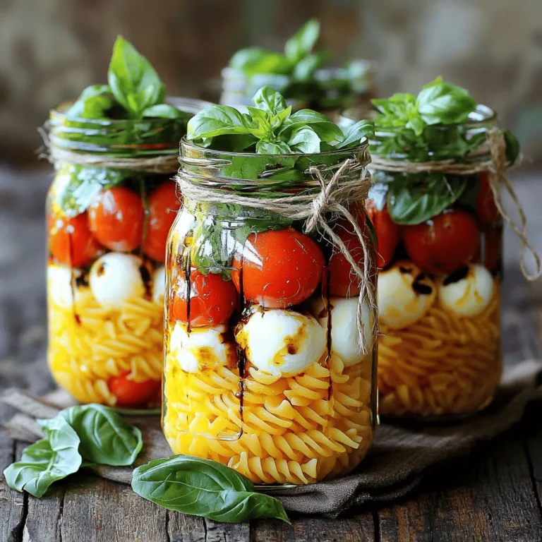Für einen leckeren Caprese-Nudelsalat im Glas brauchst du: - 2 Tassen gekochte Fusilli- oder Rotini-Nudeln - 1 Tasse Kirschtomaten, halbiert - 1 Tasse frische Mozzarellakugeln, halbiert (Bocconcini) - 1 Tasse frische Basilikumblätter Diese Zutaten geben dem Salat seinen frischen und leichten Geschmack. Die Nudeln sind die Grundlage und machen ihn sättigend. Kirschtomaten bringen Süße und Farbe hinein. Die Mozzarella-Kugeln sorgen für Cremigkeit, und frisches Basilikum gibt ein tolles Aroma. Das Dressing ist einfach, aber wichtig. Du benötigst: - 1/4 Tasse hochwertiges Olivenöl - 2 Esslöffel Balsamico-Glasur - 1 Teelöffel Knoblauchpulver - Salz und Pfeffer nach Geschmack Das Olivenöl bringt gesunde Fette. Die Balsamico-Glasur gibt dem Salat eine süß-säuerliche Note. Knoblauchpulver fügt eine subtile Schärfe hinzu. Vergiss nicht, Salz und Pfeffer nach deinem Geschmack hinzuzufügen. Frische Zutaten machen den Unterschied. Hier sind einige Tipps: - Wähle reife, glänzende Kirschtomaten. Sie sollten fest, aber leicht drückbar sein. - Achte auf Mozzarella, die frisch und gut verpackt ist. Sie sollte cremig und mild schmecken. - Suche nach Basilikum mit leuchtend grünen Blättern. Vermeide braune oder welkende Blätter. Mit diesen Tipps findest du die besten Zutaten für deinen Salat. Frische ist der Schlüssel zu einem tollen Geschmack. Nutze die volle Kraft der Aromen mit den besten Zutaten! Beginne mit 2 Tassen gekochten Fusilli oder Rotini. Diese Nudeln sind perfekt für einen Salat. Nimm eine große Schüssel und gib die Nudeln hinein. Füge 1 Tasse halbierte Kirschtomaten hinzu. Die süßen Tomaten bringen Frische. Dann kommen 1 Tasse halbierte Mozzarellakugeln dazu. Diese kleinen Käse sind cremig und lecker. Zuletzt gib 1 Tasse frische Basilikumblätter in die Schüssel. Mische alles vorsichtig, damit die Blätter ganz bleiben. Nimm eine kleine Schüssel für das Dressing. Gieße 1/4 Tasse hochwertiges Olivenöl hinein. Dies sorgt für einen reichen Geschmack. Füge 2 Esslöffel Balsamico-Glasur hinzu. Diese bringt eine süße Note. Streue 1 Teelöffel Knoblauchpulver dazu. Das gibt einen tollen Kick. Schmecke das Dressing mit Salz und Pfeffer ab. Rühre mit einem kleinen Schneebesen, bis alles gut vermischt ist. Gieße das Dressing über die Nudelmischung. Mische alles leicht, damit die Zutaten gleichmäßig bedeckt sind. Jetzt beginnt der Spaß mit dem Schichten. Nimm ein Glas und beginne mit einer Schicht der Nudelmischung. Achte darauf, dass du genug Platz lässt. Füge einige Kirschtomaten und Mozzarellakugeln hinzu. Das sieht toll aus und macht Hunger. Beende die Schichtung mit einem frischen Basilikumzweig oben drauf. Wiederhole diesen Vorgang für alle Gläser. Wenn alle gefüllt sind, schließe sie mit einem Deckel. Kühle die Gläser mindestens 30 Minuten. So können sich die Aromen gut entfalten. Wenn du mehr über die Zubereitung erfahren möchtest, schau dir das [Full Recipe] an. Ein häufiger Fehler ist, die Nudeln zu lange zu kochen. Sie sollten al dente sein. Wenn sie zu weich sind, verlieren sie ihren Biss. Ein weiterer Fehler ist, das Dressing zu früh hinzuzufügen. Es ist besser, das Dressing kurz vor dem Servieren hinzuzufügen. So bleibt der Salat frisch und knackig. Achten Sie auch darauf, die Basilikumblätter sanft zu behandeln. Zerrissene Blätter verlieren ihren frischen Geschmack. Die Präsentation macht viel aus. Verwenden Sie klare Gläser, damit die Farben gut zur Geltung kommen. Beginnen Sie mit einer Schicht Nudeln und fügen Sie dann die Kirschtomaten und Mozzarella hinzu. Das sieht schön aus. Binden Sie einen Basilikumzweig mit Küchengarn um das Glas. Das gibt einen rustikalen Look. Stellen Sie die Gläser auf einen schönen Teller für einen tollen Effekt. Sie können den Salat im Voraus zubereiten. Bereiten Sie die Nudelmischung und das Dressing bis zu einem Tag vorher vor. Lagern Sie sie getrennt im Kühlschrank. Fügen Sie das Dressing erst kurz vor dem Servieren hinzu. So bleibt alles frisch. Wenn Sie die Gläser füllen, lassen Sie etwas Platz oben. So können sich die Aromen gut entfalten. Genießen Sie den Caprese Nudelsalat im Glas als leckeres und einfaches Gericht. Für die genaue Anleitung schauen Sie sich das Full Recipe an. {{image_4}} Du kannst deinen Caprese Pasta Salad Jars aufpeppen, indem du mehr Gemüse hinzufügst. Paprika, Gurken oder Zucchini passen gut dazu. Diese Gemüse bringen Farbe und Crunch. Schneide sie in kleine Stücke, damit sie gut in die Gläser passen. Achte darauf, das Gemüse frisch zu wählen. So bleibt der Salat knackig und lecker. Wenn du etwas Abwechslung beim Käse möchtest, probiere diese Optionen. Feta oder Ziegenkäse sind tolle Alternativen zur klassischen Mozzarella. Sie bringen einen anderen Geschmack mit. Du kannst auch veganen Käse verwenden, wenn du eine pflanzliche Option suchst. Denke daran, die Käsestücke klein zu schneiden, damit sie sich gut mit den Nudeln vermischen. So bleibt jeder Bissen schmackhaft. Das Dressing kannst du nach deinem Geschmack anpassen. Füge frische Kräuter wie Oregano oder Thymian hinzu, um mehr Geschmack zu erhalten. Du kannst das Olivenöl auch durch Avocadoöl ersetzen. Das gibt dem Salat einen einzigartigen Geschmack. Ein Spritzer Zitronensaft verleiht Frische. Experimentiere mit den Zutaten, um dein perfektes Dressing zu finden. Achte darauf, die richtige Balance zu finden, damit der Salat nicht zu sauer wird. Für das vollständige Rezept schaue dir die gesamte Anleitung an. Bewahre deine Caprese Pasta Salad Jars im Kühlschrank auf. Die Gläser sollten gut verschlossen sein. So bleiben die Aromen frisch. Vermeide direkte Sonne und Wärmequellen. Ein kühler, dunkler Ort ist perfekt. Der Salat bleibt bis zu drei Tage frisch. Nach dieser Zeit können die Zutaten weich werden. Die Tomaten und der Mozzarella verlieren ihre Knackigkeit. Achte darauf, vor dem Servieren zu riechen und zu schauen, ob alles noch gut aussieht. Für ein Picknick oder eine Reise sind diese Gläser ideal. Du kannst sie leicht transportieren. Stelle sicher, dass die Deckel fest sitzen. Nimm extra Dressing in einem kleinen Behälter mit. So bleibt alles frisch und knusprig. Du kannst Caprese-Nudelsalat im Glas bis zu drei Tage im Kühlschrank aufbewahren. Die Aromen werden mit der Zeit besser. Jedoch ist die Frische der Zutaten sehr wichtig. Nach ein paar Tagen kann der Salat seine beste Textur verlieren. Ja, du kannst die Nudeln im Voraus kochen. Lass sie einfach gut abkühlen, bevor du sie in die Gläser füllst. Das verhindert, dass sie matschig werden. Du kannst die Nudeln am Tag zuvor zubereiten, um Zeit zu sparen. Um das Gericht vegan zu machen, ersetze die Mozzarella-Kugeln mit veganem Käse. Es gibt viele gute Optionen aus Nüssen oder Soja. Du kannst auch die Balsamico-Glasur verwenden, um den Geschmack zu verstärken. Achte darauf, dass die Zutaten keine tierischen Produkte enthalten. Die frischen Zutaten bleiben gleich und geben dem Salat einen tollen Geschmack. Caprese-Nudelsalat ist einfach und lecker. Die Hauptzutaten sind wichtig für den Geschmack. Das richtige Dressing macht viel aus. Ich habe dir Tipps gegeben, um frische Zutaten auszuwählen. Die Zubereitung ist leicht und Schritt für Schritt erklärt. Ich nannte auch häufige Fehler und gab Tipps zur Präsentation. Variationen bringen neuen Schwung ins Gericht. Achte auf die Aufbewahrung, damit der Salat frisch bleibt. Dieser Salat ist perfekt für viele Anlässe. Viel Spaß beim Ausprobieren!