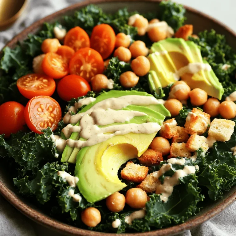 Für diesen veganen Caesar-Salat brauchen Sie einige frische und nahrhafte Zutaten. Die Hauptzutaten sind: - 1 große Portion Grünkohl, Stiele entfernt und Blätter zerrissen - 240 g Kichererbsen, gut abgespült und abgetropft - 60 g rohe Cashewkerne, 2-4 Stunden in Wasser eingeweicht Grünkohl bringt viele Vitamine und Mineralstoffe. Kichererbsen sind eine tolle Proteinquelle. Cashewkerne machen das Dressing cremig und lecker. Das Dressing ist das Herzstück dieses Salats. Die wichtigsten Zutaten für das Dressing sind: - 60 g Nährhefe - 2 Knoblauchzehen, fein gehackt - 1 Esslöffel Zitronensaft - 1 Teelöffel Dijon-Senf - 1 Esslöffel Kapern, abgetropft Nährhefe gibt dem Dressing einen käsigen Geschmack. Wenn Sie keinen Knoblauch mögen, können Sie es weglassen oder durch Zwiebeln ersetzen. Zitronensaft bringt Frische. Dijon-Senf gibt eine leichte Schärfe. Kapern fügen einen salzigen Geschmack hinzu. Um den Salat zu verfeinern, empfehle ich, ihn mit diesen Zutaten zu garnieren: - 1 Avocado, in Scheiben geschnitten - 60 g Cherrytomaten, halbiert - Croutons (fertig gekauft oder selbstgemacht) zur Garnierung Avocado macht den Salat cremig und nährstoffreich. Cherrytomaten bringen Farbe und Süße. Croutons sorgen für einen knusprigen Biss. Für das gesamte Rezept, schauen Sie bitte in den Abschnitt "Full Recipe". Zuerst musst du den Grünkohl vorbereiten. Nimm eine große Schüssel und lege den Grünkohl hinein. Füge einen Esslöffel Olivenöl hinzu. Dann streue etwas Salz und Pfeffer darüber. Mische alles gut durch, sodass die Blätter gleichmäßig mit Öl und Gewürzen bedeckt sind. Dies hilft, den Geschmack zu intensivieren. Jetzt kommen wir zum Dressing. Nimm die eingeweichten Cashewkerne und gib sie in einen Mixer. Füge die Nährhefe, den gehackten Knoblauch, den Zitronensaft, Dijon-Senf und die Kapern hinzu. Mixe alles zusammen, bis die Mischung schön cremig ist. Wenn es zu dick ist, kannst du etwas Wasser hinzufügen. Das Dressing sollte gut schmecken und eine tolle Konsistenz haben. Jetzt ist es Zeit, alles zusammenzubringen. Nimm eine große Schüssel und füge den knusprigen Grünkohl und die Kichererbsen hinzu. Gieße das Cashew-Dressing über den Salat. Mische alles gut, sodass der Grünkohl und die Kichererbsen gleichmäßig bedeckt sind. Serviere den Salat auf Tellern. Garniere ihn mit Avocado-Scheiben, halbierten Cherrytomaten und Croutons, um ihm eine extra Knusprigkeit zu verleihen. Für die vollständige Anleitung schau dir das [Full Recipe] an. Das Dressing ist der Star der Show. Um die Konsistenz zu optimieren, füge mehr Wasser hinzu, wenn es zu dick ist. Für mehr Geschmack, probiere verschiedene Mengen von Nährhefe und Zitronensaft. Ein bisschen mehr Knoblauch bringt einen tollen Kick. Mixe alles gut, bis es cremig ist. Röste den Grünkohl bei 200 °C. Verteile die Blätter gleichmäßig auf einem Backblech. Mische sie mit Olivenöl, Salz und Pfeffer. Röste sie für 10-15 Minuten. Achte darauf, sie zu wenden. So werden sie gleichmäßig knusprig. Lass sie nach dem Rösten kurz abkühlen. Plane deine Zeit gut, um den Salat schnell zu machen. Du kannst das Dressing im Voraus zubereiten. Es bleibt im Kühlschrank frisch. Bereite den Grünkohl und die Kichererbsen während des Röstens vor. So sparst du Zeit. Serviere den Salat sofort, damit er frisch bleibt. Für mehr Crunch, füge die Croutons erst beim Servieren hinzu. Du kannst das gesamte Rezept für diesen leckeren veganen Caesar-Salat in der [Full Recipe] finden. {{image_4}} Um deinem veganen Caesar-Salat mehr Geschmack zu geben, füge Nüsse oder Saaten hinzu. Mandeln, Walnüsse oder Sonnenblumenkerne bieten einen tollen Crunch. Du kannst auch Gemüse wie Radieschen oder Paprika einfügen. Diese Zutaten bringen Farbe und Textur. Experimentiere mit deinen Favoriten. Wenn du Abwechslung suchst, probiere verschiedene Dressings. Ein Avocado-Dressing kann eine cremige Option sein. Du kannst auch eine Tahini-Soße verwenden, um einen nussigen Geschmack zu ergänzen. Für einen scharfen Kick füge etwas Sriracha oder Chili-Pulver hinzu. Wenn du Allergien hast, gibt es viele Anpassungen. Für eine glutenfreie Option, benutze glutenfreie Croutons. Wenn du Nüsse vermeiden musst, kannst du Sonnenblumenkerne statt Cashewkerne verwenden. Sojafreie Dressings sind ebenfalls möglich. Achte darauf, welche Zutaten du wählst, um sicher zu bleiben. Um die Frische des veganen Caesar-Salats zu verlängern, lagere ihn in einem luftdichten Behälter. Stelle sicher, dass der Salat komplett abgekühlt ist, bevor du ihn einpackst. So bleibt der Geschmack und die Textur erhalten. Wenn du den Salat mit Dressing kombinierst, esse ihn besser gleich. Das Dressing kann den Grünkohl weich machen. Wenn du den Salat ohne Dressing aufbewahrst, bleibt er länger knackig. Einige Salatzutaten kannst du gut einfrieren. Kichererbsen und Grünkohl eignen sich dafür. Achte darauf, sie vorher gut zu spülen und abtropfen zu lassen. Lege sie in einen Gefrierbeutel und drücke die Luft heraus. So bleiben die Zutaten frisch und schmackhaft. Cashewkerne kannst du ebenfalls einfrieren. Sie bleiben dadurch länger haltbar. Verwende die gefrorenen Zutaten später in Suppen oder Eintöpfen. Hast du Reste vom Salat? Sei kreativ! Verwende sie in Wraps oder Sandwiches. Du kannst auch eine Buddha-Bowl damit machen. Mische die Reste mit Quinoa oder Reis. Das gibt dir eine neue Mahlzeit. Achte darauf, die Reste nicht zu lange aufzubewahren. So bleibst du gesund und genießt den vollen Geschmack des veganen Caesar-Salats. Ja, veganer Caesar-Salat ist sehr gesund. Er enthält viele Nährstoffe. Grünkohl ist reich an Vitaminen. Er ist eine gute Quelle für Vitamin C und K. Kichererbsen bieten viel Protein und Ballaststoffe. Diese Nährstoffe sind wichtig für die Gesundheit. Cashewkerne bringen gesunde Fette in den Salat. Sie sind gut für das Herz. Das Dressing hat auch Nährhefe, die B-Vitamine enthält. Diese helfen bei der Energieproduktion. Insgesamt ist dieser Salat eine nährstoffreiche Wahl. Ja, du kannst viele Zutaten hinzufügen! Zum Beispiel, probiere verschiedene Nüsse oder Samen. Mandeln oder Sonnenblumenkerne sind gute Optionen. Du kannst auch weiteres Gemüse hinzufügen. Paprika, Gurken oder Karotten geben mehr Geschmack. Wenn du es schärfer magst, füge etwas Jalapeño hinzu. Sei kreativ mit den Garnituren! Jeder kann seinen eigenen Lieblingssalat machen. Der Salat bleibt frisch für etwa drei Tage. Achte darauf, ihn in einem luftdichten Behälter zu lagern. Wenn du den Grünkohl und das Dressing getrennt hältst, bleibt alles besser. So bleibt der Grünkohl knusprig. Wenn der Salat aussieht oder riecht, ist er nicht mehr gut, wirf ihn weg. Es ist wichtig, auf die Frische zu achten. Im Blogbeitrag haben wir die Hauptzutaten für einen veganen Caesar-Salat wie Grünkohl, Kicherbsen und Cashewkerne besprochen. Wir haben gelernt, wie man ein leckeres Dressing zubereitet und wie man den Salat anrichtet. Ich habe auch hilfreiche Tipps gegeben, um das Dressing zu perfektionieren und Variationen für jeden Geschmack zu zeigen. Der Salat ist nicht nur gesund, er ist auch einfach und schmackhaft. Nutze die Tipps, um deine eigene Version zu gestalten und genieße jeden Bissen!
