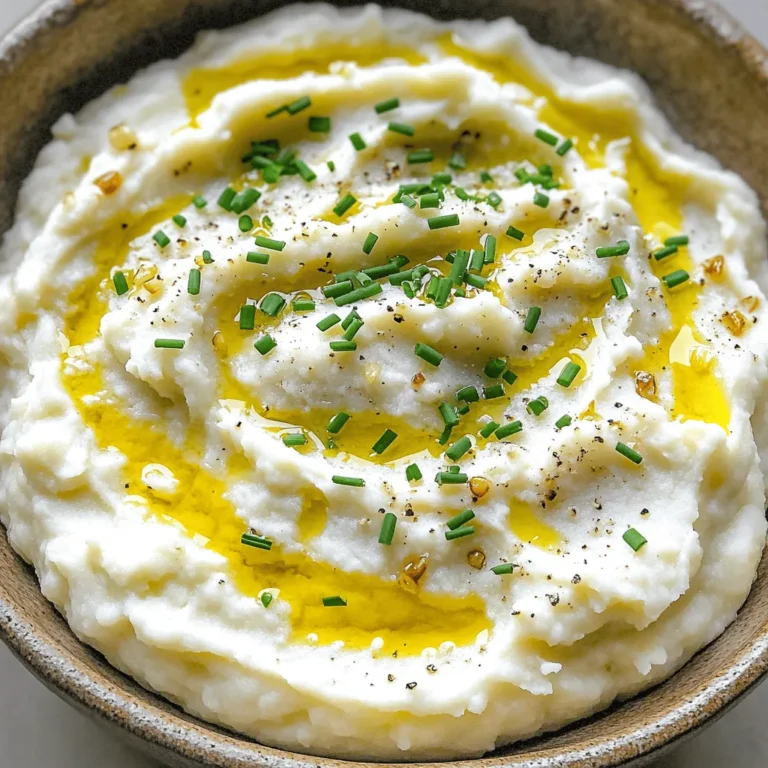 Um ein köstliches geröstetes Knoblauch Blumenkohlpüree zu machen, brauchen Sie: - 1 große Blumenkohlkopf, in Röschen zerteilt - 5 Knoblauchzehen, ungeschält - 2 Esslöffel Olivenöl - 1/2 Tasse ungesüßte Mandelmilch (oder Milch nach Wahl) - 2 Esslöffel Butter (oder vegane Alternative) - Salz und Pfeffer nach Geschmack - Frische Schnittlauch, fein gehackt (zum Garnieren) Kaufen Sie frischen Blumenkohl. Achten Sie darauf, dass die Röschen fest und grün sind. Lagern Sie den Blumenkohl im Kühlschrank, um ihn frisch zu halten. Knoblauch sollte an einem kühlen, trockenen Ort stehen. So bleibt er lange haltbar. Olivenöl und Butter sind einfach zu lagern. Halten Sie sie gut verschlossen. Wenn Sie keinen Blumenkohl haben, verwenden Sie Brokkoli. Statt Mandelmilch können Sie auch Sojamilch oder normale Milch nutzen. Für vegane Optionen nutzen Sie pflanzliche Butter. Anstelle von Schnittlauch können Sie Petersilie oder Thymian verwenden. So bleibt das Gericht trotzdem lecker und frisch. Zuerst wähle einen großen Blumenkohlkopf. Du solltest ihn in kleine Röschen zerteilen. Das macht das Kochen schneller. Nimm auch fünf Knoblauchzehen. Lass die Schalen dran, das hilft beim Rösten. Heize deinen Ofen auf 200°C vor. Lege die Blumenkohlröschen und die ungeschälten Knoblauchzehen auf ein Backblech. Beträufle alles mit zwei Esslöffeln Olivenöl. Würze die Mischung mit Salz und Pfeffer. Achte darauf, dass die Röschen nicht übereinander liegen. Röste das Gemüse für 25 bis 30 Minuten. Der Blumenkohl sollte weich und leicht gebräunt sein. Die Knoblauchzehen müssen auch weich werden. Nimm die Knoblauchzehen aus der Schale. Du kannst die Rückseite eines Messers nutzen oder deine Fingerspitzen. Gib die Blumenkohlröschen und die geschälten Knoblauchzehen in eine Küchenmaschine. Füge eine halbe Tasse ungesüßte Mandelmilch und zwei Esslöffel Butter hinzu. Püriere alles, bis es cremig ist. Möglicherweise musst du die Seiten der Schüssel abkratzen. Schmecke das Püree ab. Füge bei Bedarf mehr Salz und Pfeffer hinzu. Serviere das Püree warm und garniere es mit frischem Schnittlauch. Für das vollständige Rezept, siehe das Full Recipe. Ein häufiger Fehler ist das Überfüllen des Backblechs. Wenn die Röschen zu nah beieinander liegen, garen sie nicht gleichmäßig. Achten Sie darauf, dass sie genug Platz haben. Ein anderer Fehler ist, die Knoblauchzehen nicht zu schälen. Der Knoblauch wird durch das Rösten süß und weich, wenn er in der Schale bleibt. Für dieses Rezept benötigen Sie eine Küchenmaschine. Diese hilft, die Blumenkohlröschen und den Knoblauch zu einem cremigen Püree zu vermixen. Ein Backblech und ein scharfes Messer sind ebenfalls wichtig. Ein gutes Messer erleichtert das Schneiden des Blumenkohls und das Entnehmen des Knoblauchs nach dem Rösten. Das Anrichten ist einfach, aber schön. Verwenden Sie eine große Schüssel oder einen Teller. Geben Sie das Püree in die Mitte. Verwenden Sie einen Löffel, um eine kleine Mulde zu formen. Das sieht toll aus! Bestreuen Sie das Püree mit frischem Schnittlauch. Der grüne Farbkontrast macht das Gericht lebendig. Für einen besonderen Effekt können Sie ein wenig Olivenöl darüber träufeln. Für das vollständige Rezept schauen Sie sich das [Full Recipe](#) an. {{image_4}} Um das Blumenkohlpüree noch besser zu machen, können Sie verschiedene Aromen hinzufügen. Ein Spritzer Zitronensaft macht das Püree frisch und lebendig. Fügen Sie auch geriebenen Parmesan hinzu, um einen herzhaften Geschmack zu erhalten. Kräuter wie Thymian oder Rosmarin bringen einen tollen Duft und Geschmack. Auch geräucherte Paprika oder Chili geben dem Püree eine spannende Note. Experimentieren Sie mit verschiedenen Zutaten, um Ihr persönliches Lieblingsrezept zu finden. Dieses Rezept ist leicht anpassbar, wenn Sie vegan oder glutenfrei essen. Verwenden Sie pflanzliche Butter und ungesüßte Mandelmilch statt normaler Milch und Butter. Diese Alternativen geben dem Püree eine cremige Textur, ohne den Geschmack zu beeinträchtigen. Achten Sie darauf, dass die Zutaten wirklich glutenfrei sind, wenn Sie auf Gluten achten. Das Blumenkohlpüree passt zu vielen Gerichten. Servieren Sie es als Beilage zu gebratenem Hähnchen oder Fisch. Es harmoniert auch wunderbar mit gegrilltem Gemüse. Für ein vegetarisches Gericht können Sie es mit einer herzhaften Pilzsauce kombinieren. Garnieren Sie das Püree mit frischem Schnittlauch oder gerösteten Nüssen für zusätzlichen Crunch. Dieses Gericht ist vielseitig und macht jede Mahlzeit besonders. Um dein geröstetes Knoblauch Blumenkohlpüree frisch zu halten, lagere es in einem luftdichten Behälter. Stelle sicher, dass der Behälter gut verschlossen ist. So bleibt das Püree für bis zu drei Tage frisch. Wenn du das Püree abkühlen lässt, decke es nicht sofort ab. Lass es zuerst auf Raumtemperatur kommen. Du kannst das Püree auch einfrieren. Teile es in Portionen, um die Menge zu kontrollieren. Verwende gefriergeeignete Behälter oder Beutel. So bleibt es bis zu drei Monate haltbar. Zum Wiederaufwärmen nimm das Püree aus dem Gefrierfach und lasse es im Kühlschrank auftauen. Erhitze es dann in einem Topf oder in der Mikrowelle. Füge etwas Milch oder Butter hinzu, um die Konsistenz zu verbessern. Achte auf den Geruch und die Farbe des Pürees. Wenn es seltsam riecht oder eine unappetitliche Farbe hat, wirf es weg. Das Püree sollte immer frisch und cremig aussehen. Wenn du dir unsicher bist, ist es besser, auf Nummer sicher zu gehen. Frisch zubereitet schmeckt es am besten und hat die beste Textur. Für das vollständige Rezept, schau dir die Anleitung für das geröstete Knoblauch Blumenkohlpüree an. Um Roasted Garlic Cauliflower Mash zu machen, benötigen Sie Blumenkohl und Knoblauch. Rösten Sie den Blumenkohl und die ungeschälten Knoblauchzehen im Ofen. Dazu geben Sie Olivenöl, Salz und Pfeffer hinzu. Rösten Sie alles für 25 bis 30 Minuten bei 200°C. Wenn der Blumenkohl weich ist, nehmen Sie den Knoblauch heraus und schälen ihn. Pürieren Sie den Blumenkohl und den Knoblauch in einer Küchenmaschine. Fügen Sie Mandelmilch und Butter hinzu. Pürieren Sie alles bis zur gewünschten Konsistenz. Schmecken Sie das Püree mit Salz und Pfeffer ab. Servieren Sie es warm und garnieren Sie es mit frischem Schnittlauch. Dies ist der Weg zu einem köstlichen Gericht. Für die vollständige Anleitung schauen Sie sich das Full Recipe an. Blumenkohl ist ein echtes Superfood. Er enthält viele Vitamine wie C und K. Diese Vitamine stärken das Immunsystem und fördern die Gesundheit der Knochen. Blumenkohl hat auch eine hohe Menge an Ballaststoffen. Ballaststoffe helfen bei der Verdauung und halten Sie satt. Zudem ist Blumenkohl kalorienarm. Das macht ihn zu einer großartigen Wahl für eine gesunde Ernährung. Er enthält Antioxidantien, die Entzündungen verringern können. Ein weiteres Plus: Blumenkohl kann das Risiko von Herzkrankheiten senken. Genießen Sie also Blumenkohl in verschiedenen Gerichten! Ja, Sie können Roasted Garlic Cauliflower Mash im Voraus zubereiten. Machen Sie das Püree und lassen Sie es abkühlen. Füllen Sie es dann in einen luftdichten Behälter. So bleibt es frisch. Lagern Sie das Püree im Kühlschrank für bis zu drei Tage. Wenn Sie es servieren möchten, erwärmen Sie es einfach in der Mikrowelle oder auf dem Herd. Fügen Sie etwas zusätzliche Mandelmilch hinzu, um die Konsistenz zu verbessern. So bleibt der Geschmack frisch und lecker. In diesem Blogbeitrag haben wir erklärt, wie man Roasted Garlic Cauliflower Mash zubereitet. Wir haben alle benötigten Zutaten aufgelistet und Einkaufs- sowie Aufbewahrungstipps gegeben. Auch Ersatzmöglichkeiten für Zutaten haben wir behandelt. Wir sind Schritt für Schritt durch die Zubereitung gegangen, vom Rösten bis hin zum Pürieren. Zudem haben wir nützliche Tipps gegeben, um Fehler zu vermeiden und das Gericht ansprechend zu präsentieren. Variationen und Lagerungshinweise runden das Thema ab. Mit diesen Informationen bist du gut gerüstet. Genieße dein köstliches Gericht!