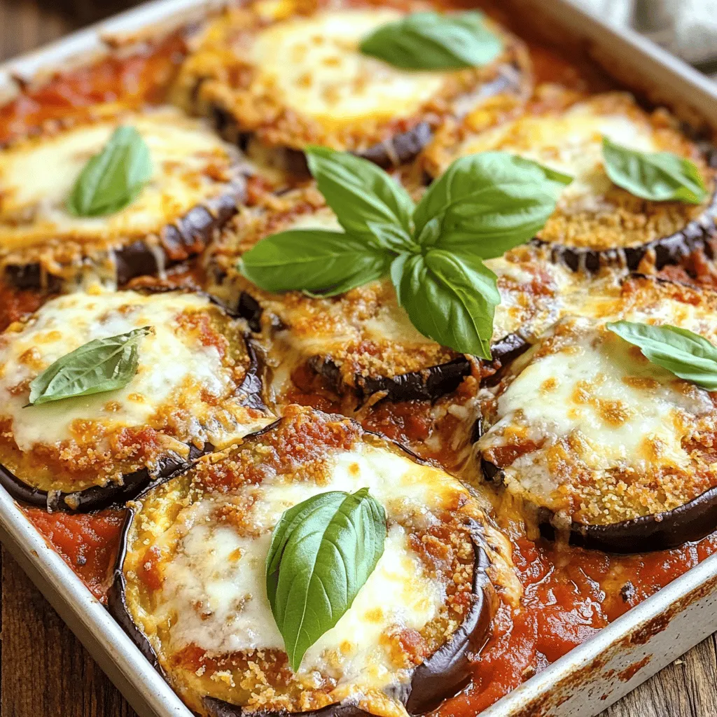 - 1 große Aubergine - 1 Tasse Semmelbrösel (bevorzugt Vollkorn) - 2 Tassen geriebener Mozzarella - 1/2 Tasse geriebener Parmesan - 1 Teelöffel getrocknete italienische Kräuter - 2 große Eier - Verwende entweder hausgemachte oder gekaufte Sauce Ich liebe es, mit Auberginen zu kochen. Sie sind so vielseitig und lecker. Für dieses Rezept brauchst du eine große Aubergine. Schneide sie in dicke Scheiben. Das hilft, die Aubergine gleichmäßig zu garen und zu bräunen. Die Semmelbrösel sind wichtig für den Crunch. Vollkorn gibt extra Geschmack. Der geriebene Mozzarella bringt die Cremigkeit. Du kannst auch etwas mehr nehmen, wenn du Käse liebst. Für die Gewürze nutze ich oft getrocknete italienische Kräuter. Sie sind leicht zu finden und geben viel Aroma. Parmesan ist ein Muss für den Geschmack. Die Eier helfen, alles zusammenzuhalten. Sie sorgen für eine gute Panade. Für die Sauce kannst du eine einfache Marinara wählen. Hausgemacht ist toll, aber gekauft funktioniert auch gut. Achte darauf, dass die Sauce gut gewürzt ist. So wird dein Gericht noch besser. Das sind die Zutaten für das Rezept. Du bist bereit, die Auberginen-Parmesan zuzubereiten! Wenn du die Anleitung sehen möchtest, schau dir das Full Recipe an. Zuerst schneide die große Aubergine in 1/2 Zoll dicke Scheiben. Diese Dicke sorgt für die perfekte Textur. Bestreue die Scheiben gleichmäßig mit Salz. Das Salz hilft, die Bitterkeit zu entfernen. Lass die Auberginen etwa 30 Minuten ruhen. Danach spüle die Stücke unter kaltem Wasser ab. Trockne sie mit Papiertüchern. So wird die Aubergine zart und lecker. Jetzt geht es ans Panieren. Mische in einer Schüssel die Semmelbrösel, den geriebenen Parmesan, das Knoblauchpulver, die italienischen Kräuter, das Salz und den schwarzen Pfeffer gut zusammen. Nimm jede Auberginenscheibe und tauche sie zuerst in die geschlagenen Eier. Lass überschüssiges Ei abtropfen. Wende die Scheibe dann in der Semmelbröselmischung. Drücke leicht, damit die Brösel gut haften. Legen die panierten Auberginenscheiben in einer einzigen Schicht auf die Backbleche. Träufle etwas Olivenöl über jede Scheibe. Das Öl hilft beim Crisping. Heize den Ofen auf 220°C vor. Backe die Auberginen etwa 25-30 Minuten. Wende sie nach der Hälfte der Zeit. Die Auberginen sind fertig, wenn sie goldbraun und knusprig sind. Für das vollständige Rezept kannst du die [Full Recipe] ansehen. - Verwenden Sie Olivenöl: Ein wenig Olivenöl hilft, die Aubergine knusprig zu machen. - Backpapier nutzen: Legen Sie das Backblech mit Backpapier aus. So klebt nichts fest. - Drehen Sie die Auberginen während des Backens: Wenden Sie die Scheiben nach der Hälfte der Zeit, um eine gleichmäßige Bräunung zu erreichen. - Salz hilft: Bestreuen Sie die Auberginenscheiben mit Salz. Lassen Sie sie 30 Minuten ruhen. - Ruhezeit nutzen: Diese Zeit entfernt Bitterkeit und überschüssige Feuchtigkeit. - Spülen und trocknen: Nach dem Ruhen abspülen und mit Papiertüchern trocken tupfen. - Garnieren Sie mit frischen Basilikumblättern: Sie geben Farbe und Geschmack. - Servieren Sie mit zusätzlicher Marinara: Ein wenig Sauce auf dem Teller macht das Gericht ansprechender. - Ergänzen Sie mit etwas Parmesan: Ein letzter Hauch von Käse gibt dem Gericht den perfekten Abschluss. Für das vollständige Rezept und mehr Details schauen Sie sich das [Full Recipe](#) an. {{image_4}} Sie können dieses Rezept leicht anpassen. Fügen Sie Gemüse wie Spinat oder Zucchini hinzu. Diese Gemüse bringen frische Aromen. Schneiden Sie das Gemüse in kleine Stücke. Mischen Sie es dann mit den Auberginen. So erhöhen Sie die Nährstoffe und den Geschmack. Möchten Sie eine vegane Option? Verwenden Sie veganen Käse oder andere Käsesorten. Viele Marken bieten großartigen Geschmack ohne Milchprodukte. Probieren Sie auch Cashew-Käse oder Mandelkäse aus. Diese Alternativen schmecken gut und schmelzen schön. Experimentieren Sie mit verschiedenen Kräutern und Gewürzen. Fügen Sie frischen Basilikum, Thymian oder Rosmarin hinzu. Diese Kräuter bringen Tiefe in das Gericht. Auch Chili-Flocken können für etwas Schärfe sorgen. Seien Sie kreativ und finden Sie Ihre Lieblingskombinationen! Um das vollständige Rezept für Krosse Gebackene Auberginen-Parmesan zu sehen, schauen Sie sich den [Full Recipe] an. Um die Reste von krossem Auberginen-Parmesan aufzubewahren, lege sie in einen luftdichten Behälter. So bleiben sie frisch und lecker. Platziere den Behälter dann im Kühlschrank. Du kannst die Reste bis zu drei Tage lang genießen. Wenn du die Reste aufwärmen möchtest, achte darauf, sie gleichmäßig zu erhitzen. Das hilft, die knusprige Textur zu bewahren. Das Einfrieren von Auberginen-Parmesan ist einfach. Schneide den Auflauf in Portionen und lege diese in Gefrierbeutel. Drücke die Luft heraus, um Gefrierbrand zu vermeiden. Du kannst die Portionen bis zu drei Monate einfrieren. Wenn du bereit bist, sie zu essen, lasse sie über Nacht im Kühlschrank auftauen. So bleibt der Geschmack erhalten. Um das Gericht wieder aufzuwärmen, nutze den Ofen für beste Ergebnisse. Heize den Ofen auf 180°C vor. Lege den Auberginen-Parmesan in eine Auflaufform und decke ihn mit Alufolie ab. Dies hilft, die Feuchtigkeit zu halten. Wärme ihn für etwa 20-25 Minuten. Wenn du die Oberseite wieder knusprig magst, entferne die Folie in den letzten fünf Minuten. So wird der Käse schön goldbraun. Um die Bitterkeit der Auberginen zu reduzieren, bestreue die Scheiben mit Salz. Lass sie 30 Minuten ruhen. Das Salz zieht die Bitterkeit heraus. Danach spüle die Auberginen mit kaltem Wasser ab und trockne sie mit Papiertüchern. So wird dein Gericht lecker und angenehm im Geschmack. Ja, du kannst die Panade ohne Eier zubereiten. Verwende stattdessen eine Mischung aus pflanzlicher Milch und Mehl. Diese Mischung hilft, die Semmelbrösel an den Auberginen zu halten. So bleibt das Rezept vegan und trotzdem lecker. Ja, dieses Rezept ist gesund. Auberginen sind reich an Ballaststoffen und Vitaminen. Die Verwendung von Vollkornsemmelbröseln erhöht die Nährstoffe. Du kannst die Menge an Käse und Öl anpassen, um es noch gesünder zu machen. Achte darauf, frische Zutaten zu wählen, um die besten Nährstoffe zu erhalten. Auberginen-Parmesan ist einfach und lecker. Du hast gelernt, wie man die Hauptzutaten vorbereitet und panierte Auberginen backt. Die Tipps helfen dir, das Gericht noch besser zu machen. Variationen zeigen dir, wie kreativ du sein kannst. Bewahre Reste richtig auf, damit sie frisch bleiben. Dieses Gericht ist vielseitig und leicht anzupassen. Nutze die Ratschläge, und du wirst ein tolles Essen genießen. Viel Spaß beim Kochen und Experimentieren!