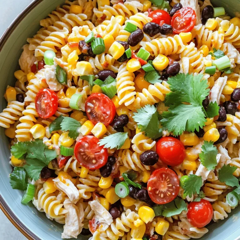 Um einen leckeren BBQ Ranch Nudelsalat zu machen, brauchen Sie folgende Hauptzutaten: - 225 g Rotini-Nudeln - 1 Tasse Kirschtomaten, halbiert - 1 Tasse Maiskörner (frisch oder gefroren) - 1 Tasse schwarze Bohnen, abgespült und abgetropft - 1 Tasse gekochtes Hähnchen, zerrupft (z. B. von einem Brathähnchen) - 125 ml Ranch-Dressing - 60 ml BBQ-Sauce - 1/2 Tasse grüne Zwiebeln, gehackt - 1/2 Tasse geriebener Cheddar-Käse - Salz und Pfeffer nach Geschmack - Frischer Koriander, zum Garnieren Diese Zutaten sorgen für einen tollen Geschmack und eine bunte Optik. Sie können auch einige optionale Zutaten hinzufügen, um den Salat noch interessanter zu machen: - Avocado, gewürfelt - Paprika, gewürfelt - Jalapeños, für eine scharfe Note - Frischkäse, für mehr Cremigkeit Diese Zutaten geben dem Salat mehr Textur und Geschmack. Bei Dressings und Saucen gibt es viele Marken. Ich empfehle: - Hidden Valley für Ranch-Dressing - Sweet Baby Ray's für BBQ-Sauce Diese Marken bieten einen köstlichen und ausgewogenen Geschmack, der Ihrem Salat das gewisse Extra gibt. Für das vollständige Rezept, siehe [Full Recipe]. Zuerst bereiten wir alle Zutaten vor. Du brauchst Rotini-Nudeln, Kirschtomaten, Mais, schwarze Bohnen, Hähnchen, Ranch-Dressing und BBQ-Sauce. Hacke die grünen Zwiebeln und reibe den Cheddar-Käse. Stelle sicher, dass alles frisch ist. Frischer Koriander sorgt für einen schönen Look und Geschmack. Koche die Rotini-Nudeln nach den Anweisungen auf der Packung. Es ist wichtig, sie al dente zu kochen, damit sie nicht matschig werden. Nach dem Kochen, gieße die Nudeln ab und spüle sie mit kaltem Wasser. Das stoppt den Kochprozess und kühlt die Nudeln ab. In einer großen Schüssel mischst du die gekochten Nudeln mit den Kirschtomaten, dem Mais, den schwarzen Bohnen und dem zerrupften Hähnchen. In einer kleinen Schüssel vermischst du das Ranch-Dressing und die BBQ-Sauce gut. Gieße diese Mischung über die Nudeln und rühre vorsichtig um. Danach füge die grünen Zwiebeln und den Cheddar-Käse hinzu. Würze den Salat mit Salz und Pfeffer nach Geschmack. Lass den Salat mindestens 30 Minuten im Kühlschrank ruhen. Das lässt die Aromen gut miteinander verschmelzen. Vor dem Servieren garnierst du den Salat mit frischem Koriander. Du kannst das vollständige Rezept [hier](#) finden. Um Ihren BBQ Ranch Nudelsalat noch besser zu machen, probieren Sie einige Variationen aus. Fügen Sie Avocado für eine cremige Textur hinzu. Sie können auch Jalapeños für etwas Schärfe verwenden. Außerdem schmecken gegrillte Paprika oder Zucchini großartig in diesem Salat. Wenn Sie mehr Protein möchten, können Sie auch gebratene Garnelen oder Tofu hinzufügen. Diese Zutaten bieten mehr Geschmack und Vielfalt. Die perfekte Textur ist wichtig. Kochen Sie die Rotini-Nudeln al dente. So bleiben sie bissfest und saugen nicht zu viel Dressing auf. Spülen Sie die Nudeln nach dem Kochen unter kaltem Wasser ab. Dies stoppt den Kochprozess und hält sie frisch. Achten Sie darauf, die anderen Zutaten klein zu schneiden. So vermischen sie sich gut mit der Pasta. Eine gleichmäßige Verteilung sorgt für jeden Bissen. Ein häufiger Fehler ist, zu viel Dressing hinzuzufügen. Beginnen Sie mit weniger, und fügen Sie nach Geschmack mehr hinzu. Ein weiterer Fehler ist, den Salat nicht kalt zu stellen. Lassen Sie ihn mindestens 30 Minuten im Kühlschrank ruhen. So können sich die Aromen gut entfalten. Schließlich, verwenden Sie frische Zutaten. Alte oder schlaffe Gemüse verderben den Geschmack. Vermeiden Sie diese Fehler, um einen köstlichen BBQ Ranch Nudelsalat zu kreieren. Für das vollständige Rezept schauen Sie sich den [Full Recipe] an. {{image_4}} Du kannst den BBQ Ranch Nudelsalat leicht vegetarisch machen. Lass einfach das Hähnchen weg. Ersetze es durch mehr Bohnen oder Tofu. Füge auch Avocado für Cremigkeit hinzu. Das macht den Salat nahrhaft und lecker. Du kannst auch geröstete Paprika einmischen. So bekommst du einen tollen Geschmack und mehr Farbe. Im Sommer genießt du frische und leichte Speisen. Serviere den Nudelsalat kalt. Bereite ihn am Morgen für dein Picknick vor. Er schmeckt noch besser, wenn er eine Weile im Kühlschrank war. Du kannst auch frische Kräuter wie Basilikum oder Petersilie hinzufügen. Das bringt einen tollen Duft und Geschmack. Wenn du glutenfrei isst, nimm glutenfreie Nudeln. Das funktioniert gut und schmeckt super. Für eine kalorienärmere Version kannst du griechischen Joghurt statt Ranch-Dressing verwenden. Das gibt dem Salat eine frische Note. Bei einer ketogenen Diät kannst du die Nudeln ganz weglassen. Stattdessen verwendest du Blumenkohlreis oder Zucchini-Nudeln. So bleibt der Salat leicht und gesund. Um deinen BBQ Ranch Nudelsalat frisch zu halten, wähle einen luftdichten Behälter. Achte darauf, dass der Salat gut abgedeckt ist. Es ist wichtig, die frischen Zutaten wie Tomaten und Koriander nicht zu zerdrücken. So bleiben sie knackig und lecker. Normalerweise isst man diesen Nudelsalat kalt. Wenn du ihn aufwärmen möchtest, mache das vorsichtig. Erhitze den Salat in einer Pfanne bei niedriger Hitze. Rühre oft um, damit nichts anbrennt. Die Aromen können sich beim Erhitzen verändern, also genieße ihn lieber kalt. Der BBQ Ranch Nudelsalat hält sich gut im Kühlschrank. Er bleibt frisch für etwa 3 bis 5 Tage. Achte darauf, vor dem Servieren noch einmal gut umzurühren. Wenn du feststellst, dass der Salat unangenehm riecht oder sich die Textur verändert hat, wirf ihn lieber weg. Frische ist das Wichtigste, um den vollen Geschmack zu genießen! Für das komplette Rezept, schau dir die [Full Recipe] an. Ja, du kannst andere Nudelsorten nutzen. Fusilli, Penne oder Farfalle sind gute Alternativen. Diese Nudeln halten die Sauce gut und sorgen für den richtigen Biss. Experimentiere ruhig mit verschiedenen Sorten. Es macht Spaß, neue Texturen und Geschmäcker zu entdecken! Auf jeden Fall! BBQ Ranch Pasta Salad ist perfekt für Grillpartys. Er ist einfach zu machen und schmeckt frisch. Du kannst ihn im Voraus zubereiten. So hast du mehr Zeit für die Grillkünste. Jeder wird ihn lieben und nach dem Rezept fragen! Zu deinem Pasta Salad passen viele Beilagen. Gegrilltes Gemüse ist eine tolle Wahl. Auch frisches Brot oder Baguette ergänzen das Gericht gut. Wenn du etwas Leichtes magst, probiere einen grünen Salat. So hast du eine ausgewogene Mahlzeit. Für das vollständige Rezept schau dir die [Full Recipe] an! Der BBQ Ranch Nudelsalat ist einfach und lecker. Ich habe die Hauptzutaten erklärt, die optionalen Zutaten vorgestellt und empfohlene Marken für Dressings genannt. In der Schritt-für-Schritt-Anleitung habe ich Ihnen gezeigt, wie Sie den Salat zubereiten. Tipps für mehr Geschmack, die perfekte Textur und häufige Fehler helfen Ihnen. Variationen für Vegetarier und andere Diäten bieten Flexibilität. Beachten Sie Lagerungshinweise für längere Frische. Dieser Salat ist ideal für Grillpartys. Genießen Sie den Prozess und das Ergebnis!