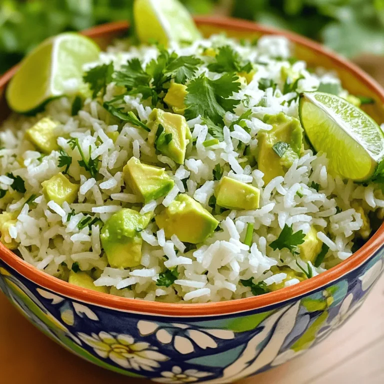 Für Avocado Koriander Limettenreis brauchen Sie: - 1 Tasse Jasminreis - 2 Tassen Gemüsebrühe - 1 reife Avocado, gewürfelt - 1/4 Tasse frischer Koriander, fein gehackt - 1 Limette, abgerieben und ausgepresst - 1 Esslöffel Olivenöl - 1/2 Teelöffel Knoblauchpulver - Salz und Pfeffer nach Geschmack Diese Zutaten bringen frische und Farbe in Ihr Gericht. Wählen Sie eine reife Avocado. Sie sollte leicht auf Druck nachgeben. Vermeiden Sie Avocados mit dunklen Flecken. Diese sind oft überreif. Eine perfekte Avocado hat eine glatte, grüne Haut. Sie sollte aromatisch riechen. Wenn Sie Avocados kaufen, beachten Sie die Farbe. Dunklere Avocados können reif sein, aber testen Sie sie vorsichtig. Lagern Sie reife Avocados im Kühlschrank. So bleiben sie frisch. Frischer Koriander ist ein Muss für dieses Gericht. Achten Sie beim Kauf darauf, dass die Blätter grün und knackig sind. Vermeiden Sie welke oder gelbe Blätter. Der Duft sollte frisch und erdig sein. Kaufen Sie Koriander am besten auf dem Markt oder in einem gut sortierten Geschäft. Lagern Sie ihn in einem feuchten Tuch im Kühlschrank. So bleibt er länger frisch. Wenn Sie diese Zutaten gut auswählen, wird Ihr Avocado Koriander Limettenreis noch besser. Für das vollständige Rezept schauen Sie sich die [Full Recipe] an. Zuerst spüle ich den Jasminreis. Ich mache das unter kaltem Wasser. Das Wasser sollte klar sein. So entferne ich überschüssige Stärke. Dann lasse ich den Reis gut abtropfen. Dies ist wichtig, damit der Reis nicht klebrig wird. Jetzt nehme ich einen mittleren Topf. Ich gebe den abgespülten Reis und die Gemüsebrühe hinein. Bei mittlerer Hitze bringe ich es zum Kochen. Wenn es kocht, reduziere ich die Hitze und decke den Topf ab. Nach etwa 15 Minuten ist der Reis fertig. Dann nehme ich den Topf vom Herd. Ich lasse den Reis noch 10 Minuten ruhen. Danach lockere ich den Reis mit einer Gabel auf. In einer separaten Schüssel mache ich die Avocado-Mischung. Ich füge die gewürfelte Avocado, den gehackten Koriander, den Limettenabrieb und den Limettensaft hinzu. Dann kommt das Olivenöl und das Knoblauchpulver dazu. Ich würze mit Salz und Pfeffer. Ich falte die Mischung vorsichtig, damit die Avocado ganz bleibt. Wenn der Reis etwas abgekühlt ist, hebe ich die Avocado-Mischung unter den Reis. Ich achte darauf, dass alles gut kombiniert ist. Das ist die perfekte Basis für Avocado Koriander Limettenreis. Wer die vollständige Anleitung sucht, findet sie in der [Full Recipe]. Um perfekten Jasminreis zu kochen, spüle ihn zuerst gut ab. Das Entfernen der Stärke macht den Reis lockerer. Ich verwende zwei Tassen Gemüsebrühe für jede Tasse Reis. Das gibt dem Reis mehr Geschmack. Achte darauf, die Hitze nach dem Kochen sofort zu reduzieren. So bleibt der Reis zart und wird nicht matschig. Um den Geschmack zu verbessern, füge frischen Limettensaft und Limettenabrieb hinzu. Diese bringen Frische in das Gericht. Ich empfehle, auch Knoblauchpulver hinzuzufügen. Es gibt dem Reis eine subtile Tiefe. Vergiss nicht, die Mischung mit Salz und Pfeffer abzuschmecken. So wird der Geschmack perfekt. Ein häufiger Fehler ist, den Reis nicht nach dem Kochen ruhen zu lassen. Das lässt den Dampf den Reis perfekt garen. Ein weiterer Fehler ist das Übermischen der Avocado. Sei vorsichtig, wenn du die Avocado-Mischung unter den Reis hebst. Zu viel Rühren macht die Avocado matschig. Halte die Mischung leicht und luftig für die beste Textur. {{image_4}} Es gibt viele Möglichkeiten, Avocado Cilantro Lime Rice zu bereichern. Fügen Sie zum Beispiel schwarze Bohnen hinzu. Sie bringen Protein und Ballaststoffe. Gegrilltes Gemüse ist auch eine tolle Option. Paprika, Zucchini oder Mais sorgen für mehr Farbe und Geschmack. Sie können auch Feta oder Queso Fresco für eine cremige Note einstreuen. Diese Zutaten machen den Reis noch schmackhafter und interessanter. Für Veganer ist dieses Rezept perfekt. Alle Zutaten sind pflanzlich. Wenn Sie glutenfrei leben, verwenden Sie einfach die richtige Gemüsebrühe. Es gibt viele glutenfreie Optionen im Handel. Wenn Sie Low-Carb essen, ersetzen Sie Reis durch Blumenkohlreis. Das ist eine großartige Alternative. Sie behalten den frischen Geschmack und die Textur des Reises. Möchten Sie es schärfer? Fügen Sie frische Jalapeños oder Serrano-Paprika hinzu. Hacken Sie sie fein und mischen Sie sie mit der Avocado. Eine Prise Cayennepfeffer kann auch helfen. Denken Sie daran, vorsichtig zu sein. Schärfe kann schnell überwältigen. Beginnen Sie mit kleinen Mengen und passen Sie nach Geschmack an. So finden Sie die perfekte Balance. Um den Avocado Koriander Limettenreis frisch zu halten, lagere ihn in einem luftdichten Behälter. Das schützt vor Luft und Gerüchen. Stelle sicher, dass der Behälter gut verschlossen ist. So bleibt der Geschmack erhalten. Wenn du eine Portion übrig hast, lege sie gleich nach dem Essen in den Kühlschrank. Um den Reis wieder aufzuwärmen, benutze eine Pfanne oder die Mikrowelle. In der Pfanne kannst du ein wenig Wasser oder Brühe hinzufügen, um den Reis feucht zu halten. Erhitze ihn bei mittlerer Hitze, bis er warm ist. In der Mikrowelle lege den Reis in eine Schüssel, füge etwas Wasser hinzu und decke die Schüssel ab. Erhitze ihn in Intervallen von 30 Sekunden, bis er heiß ist. Der Reis hält sich im Kühlschrank etwa drei Tage. Achte darauf, ihn in einem luftdichten Behälter zu lagern. Überprüfe den Reis vor dem Essen. Wenn er seltsam riecht oder die Farbe sich ändert, wirf ihn weg. So bleibst du gesund und kannst den leckeren Geschmack genießen. Avocado Cilantro Lime Rice bleibt frisch für etwa drei Tage im Kühlschrank. Bewahren Sie den Reis in einem luftdichten Behälter auf. Überprüfen Sie vor dem Essen den Geruch und das Aussehen. Wenn alles gut aussieht, können Sie ihn genießen. Ja, Sie können den Reis im Voraus kochen. Bereiten Sie den Jasminreis und die Avocado-Mischung getrennt vor. Kombinieren Sie sie kurz vor dem Servieren. So bleibt die Avocado frisch und grün. Das Rezept ist perfekt für Meal Prep und einfache, schnelle Mahlzeiten. Dieser Reis passt gut zu vielen Gerichten. Servieren Sie ihn zu gegrilltem Hähnchen oder Fisch. Auch Tacos oder Burritos sind tolle Begleiter. Für eine vegetarische Option passen schwarze Bohnen oder gebratenes Gemüse gut dazu. Experimentieren Sie, um Ihre Lieblingskombination zu finden! In diesem Artikel haben wir die besten Zutaten für Avocado-Koriander-Limettenreis erkundet. Ich habe die Auswahl frischer Avocados und Koriander behandelt. Zudem gab ich Tipps zur Zubereitung des Reises. Du lernst, wie du den Geschmack verbesserst und häufige Fehler vermeidest. Variationen bringen neues Leben in das Rezept. Auch die richtigen Aufbewahrungshinweise waren wichtig, um die Frische zu maximieren. Nutze unser Wissen, um diesen köstlichen Reis selbst zuzubereiten. Es macht Spaß und schmeckt toll!