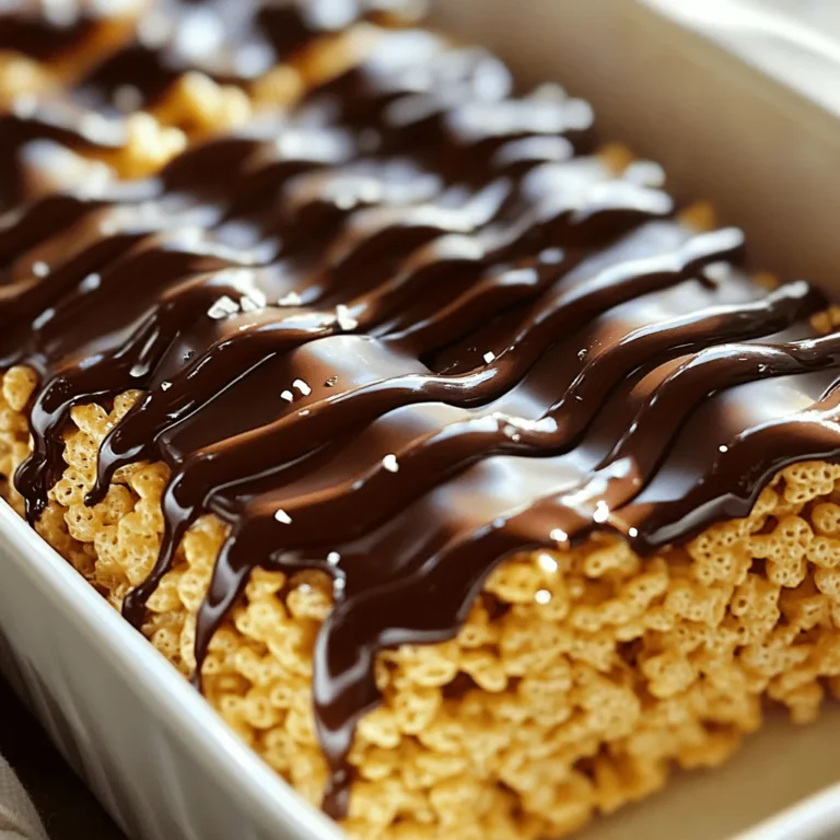 Für die perfekten Schokoladenüberzogenen Rice Krispie Leckerbissen benötigen wir einige Hauptzutaten. Diese Zutaten sind einfach zu finden und machen das Rezept lecker. Hier ist die Liste: - 3 Esslöffel ungesalzene Butter - 1 Packung (300 g) Mini-Marshmallows - 6 Tassen Rice Krispies Cereals - 1/2 Teelöffel Vanilleextrakt Diese Zutaten sind die Basis für unsere knusprigen und süßen Leckerbissen. Die Butter hilft, die Marshmallows zu schmelzen und gibt einen reichen Geschmack. Die Mini-Marshmallows sorgen für die süße und klebrige Textur. Um unsere Leckerbissen noch köstlicher zu machen, fügen wir eine schokoladige Note hinzu. Hier sind die Zutaten, die wir für die Schokoladensauce verwenden: - 1/2 Tasse Zartbitter-Schokoladensplitter - 1 Esslöffel Kokosnussöl (für die Schokoladensauce) Die Zartbitter-Schokoladensplitter schmelzen wir und mischen sie mit Kokosnussöl. Das Öl hilft, die Schokolade glänzend und flüssig zu halten. So können wir sie einfach über die Leckerbissen träufeln. Manchmal möchte ich das Rezept ein wenig variieren. Hier sind einige Ideen für alternative Zutaten: - Verwenden Sie Vollmilch- oder weiße Schokolade für einen anderen Geschmack. - Fügen Sie Nüsse oder Trockenfrüchte für mehr Textur und Geschmack hinzu. - Ersetzen Sie den Vanilleextrakt durch Mandel- oder Karamellaroma. Diese Alternativen machen das Rezept einzigartig und passen zu verschiedenen Vorlieben. Probieren Sie verschiedene Varianten aus, um Ihre Lieblingskombination zu finden. Um die Rice Krispie Leckerbissen zuzubereiten, schmelze zuerst die Butter in einem großen Topf bei niedriger Hitze. Achte darauf, die Butter nicht zu verbrennen. Wenn die Butter geschmolzen ist, füge die Mini-Marshmallows hinzu. Rühre ständig, bis die Marshmallows glatt sind und sich gut mit der Butter verbinden. Das ist der Moment, in dem der süße Duft die Küche erfüllt. Nimm den Topf vom Herd und füge den Vanilleextrakt hinzu. Das gibt einen tollen Geschmack! Nun kannst du die Rice Krispies nach und nach hinzfügen. Mische alles vorsichtig, bis die Cereals gleichmäßig mit der Marshmallow-Mischung bedeckt sind. Die Mischung wird klebrig, aber das ist gut so. Fette eine Backform von 23x33 cm ein, damit die Leckerbissen nicht kleben bleiben. Gib die Mischung in die Form und drücke sie mit einem Spatel oder deinen Händen fest. Lass die Mischung etwa 15-20 Minuten abkühlen, damit sie fest wird. Während die Leckerbissen abkühlen, kannst du die Schokolade schmelzen. Nimm eine mikrowellengeeignete Schüssel und gib die Zartbitter-Schokoladensplitter hinein. Erhitze sie in 30-Sekunden-Intervallen, bis sie glatt sind. Rühre dazwischen, um ein Anbrennen zu vermeiden. Füge das Kokosnussöl hinzu, um die Schokolade geschmeidig zu machen. Wenn die Leckerbissen fest sind, nimm die Schokolade und träufle sie in einem Zickzack-Muster über die abgekühlten Leckerbissen. Wenn du magst, streue eine Prise Meersalz darüber. Das gibt einen tollen Kontrast! Lass die Schokolade für 10-15 Minuten an der Luft fest werden. Danach kannst du die Leckerbissen in Quadrate schneiden. Ein scharfes Messer hilft dir, schöne Stücke zu bekommen. Wenn du die Leckerbissen servierst, lege sie auf einen schönen Teller und dekoriere sie mit extra Schokoladensplittern und einem Hauch von Meersalz. So sehen sie einfach toll aus! Für die genauen Mengen und weitere Details, schaue dir das *Full Recipe* an. Beim Zubereiten der Rice Krispie Leckerbissen gibt es einige Fehler, die leicht passieren können. Ein häufiger Fehler ist, die Marshmallows zu hoch zu erhitzen. Dadurch werden sie zäh und die Mischung wird nicht gut. Rühre ständig, um eine gleichmäßige Mischung zu erhalten. Ein weiterer Fehler ist, die Rice Krispies zu fest in die Form zu drücken. Lass sie locker, damit sie leicht bleiben. Um die Leckerbissen frisch zu halten, lagere sie in einem luftdichten Behälter. So bleiben sie weich und lecker. Wenn du sie richtig lagerst, halten sie sich bis zu einer Woche. Achte darauf, sie nicht in den Kühlschrank zu stellen. Die Feuchtigkeit kann sie hart machen. Meersalz ist eine großartige Ergänzung für diese Leckerbissen. Es hebt den Geschmack der Schokolade hervor. Streue eine kleine Menge über die geschmolzene Schokolade. Der salzige Geschmack ergänzt die Süße perfekt. Probiere es aus, um eine neue Geschmacksdimension zu entdecken! Wenn du mehr über die Zubereitung erfahren möchtest, schau dir das Full Recipe an. {{image_4}} Du kannst verschiedene Schokoladensorten verwenden, um neue Geschmäcker zu entdecken. Zartbitter ist klassisch, aber Milchschokolade bringt mehr Süße. Weiße Schokolade sorgt für einen cremigen Touch. Probiere auch aromatisierte Schokoladen, wie Kaffee oder Orange. So erhältst du einzigartige Leckerbissen. Das Hinzufügen von Nüssen oder Trockenfrüchten macht die Leckerbissen interessanter. Mandeln oder Pekannüsse geben Crunch. Trockenfrüchte wie Cranberries oder Aprikosen fügen Frische hinzu. Mischungen machen das Rezept vielseitiger. Du kannst auch Kokosraspeln für einen tropischen Flair einfügen. Du kannst die Süße und Textur nach deinem Geschmack anpassen. Wenn dir die Leckerbissen zu süß sind, reduziere die Menge der Mini-Marshmallows. Du kannst auch weniger Schokolade verwenden. Für eine knusprigere Textur füge mehr Rice Krispies hinzu. So kannst du die perfekte Balance finden. Wenn du mehr Ideen möchtest, schau dir die [Full Recipe] an. Um die Schokoladenüberzogenen Rice Krispie Leckerbissen frisch zu halten, bewahre sie in einem luftdichten Behälter auf. Ein kühler, trockener Ort eignet sich am besten. Vermeide direkte Sonne oder Wärmequellen. Diese Bedingungen helfen, die Konsistenz der Leckerbissen zu bewahren. Unter optimalen Bedingungen bleiben die Leckerbissen etwa eine Woche frisch. Nach dieser Zeit können sie ihre Knusprigkeit verlieren. Es ist wichtig, auf Veränderungen im Geschmack oder in der Textur zu achten. Wenn sie trocken oder hart werden, ist es Zeit, sie wegzuwerfen. Wenn du die Leckerbissen länger aufbewahren möchtest, friere sie ein. Schneide sie in Quadrate und lege sie in einen gefrierfesten Behälter. Trenne die Schichten mit Backpapier, damit sie nicht zusammenkleben. So bleiben sie bis zu drei Monate frisch. Zum Auftauen, lasse sie einfach bei Raumtemperatur stehen. Ja, du kannst diese Leckerbissen ohne Butter machen. Statt Butter kannst du pflanzliches Öl verwenden. Kokosnussöl oder Sonnenblumenöl sind gute Alternativen. Diese Öle geben einen leichten Geschmack und funktionieren gut mit Marshmallows. Schmelze einfach das Öl wie die Butter. Dann füge die Mini-Marshmallows hinzu und rühre, bis sie schmelzen. So bleibt die Textur gleich und die Leckerbissen sind trotzdem lecker. Ja, du kannst die Leckerbissen im Voraus zubereiten. Sie bleiben frisch, wenn du sie richtig lagerst. Lasse die Leckerbissen nach dem Schneiden abkühlen. Lege sie dann in einen luftdichten Behälter. So halten sie sich bis zu einer Woche. Du kannst auch die Schokolade im Voraus schmelzen und bereitstellen. Das macht die Vorbereitung noch einfacher! Für die Drizzle empfehle ich Zartbitter-Schokolade. Sie hat einen reichen Geschmack und passt gut zu den süßen Rice Krispies. Du kannst auch Vollmilchschokolade oder weiße Schokolade verwenden, je nach Vorliebe. Achte darauf, dass die Schokolade von guter Qualität ist. Sie schmilzt besser und schmeckt intensiver. Die Kombination aus Schokolade und Rice Krispies ist einfach unwiderstehlich! Wir haben gelernt, wie man köstliche schokoladenüberzogene Rice Krispie Leckerbissen zubereitet. Du hast die Hauptzutaten, die Herstellung und die Aufbewahrung geklärt. Denke daran, Fehler zu vermeiden und deine Variationen zu genießen. Experimentiere mit verschiedenen Schokoladensorten und Zutaten, um deinen perfekten Snack zu kreieren. Mit diesen Tipps und Tricks machst du jede Partie zu einem Hit. Jetzt kannst du leckere Leckerbissen kreieren und sie mit anderen teilen!