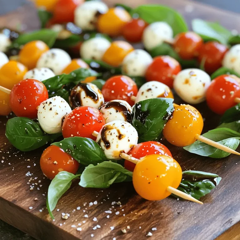 Für die perfekten Caprese Spieße brauchst du: - 1 Tasse Kirschtomaten - 1 Tasse frische Mozzarellabällchen (Bocconcini) - 1 Tasse frische Basilikumblätter - 2 Esslöffel Balsamico-Glasur - 1 Esslöffel Olivenöl - Salz und Pfeffer nach Geschmack - Holz- oder Metallspieße Um deine Spieße zu verfeinern, kannst du zusätzlich verwenden: - Frisch gemahlener Pfeffer - Eine Prise Chili für einen Kick - Ein Spritzer Zitrone für mehr Frische - Schöne Servierplatten für die Präsentation Wähle die besten Tomaten, die du findest. Achte auf frische, rote Kirschtomaten. Sie sollten fest und saftig sein. Für den Käse sind die Mozzarellabällchen wichtig. Sie sollten weich sein, aber nicht wässrig. Die Basilikumblätter sollten grün und knackig aussehen. Vermeide vergilbte Blätter. Achte auch auf die Qualität des Olivenöls. Es sollte nativ extra sein. Dieses Öl bringt den besten Geschmack. Wenn du die Balsamico-Glasur auswählst, nimm eine dickflüssige. So bleibt der Geschmack besser haften. Bevor Sie mit dem Spießen starten, ist es wichtig, alles bereit zu haben. Wenn Sie Holzspieße nutzen, legen Sie diese für etwa 10 Minuten in Wasser. Dies hilft, sie beim Grillen vor dem Verbrennen zu schützen. Spülen Sie außerdem die Kirschtomaten und Basilikumblätter gut ab. Lassen Sie die Mozzarellabällchen abtropfen und tupfen Sie sie trocken. Diese Schritte sind einfach, aber wichtig für das Endergebnis. Nun kommen wir zum spannenden Teil: dem Zusammenstellen der Spieße! Nehmen Sie einen Spieß und beginnen Sie mit einer Kirschtomate. Danach fügen Sie ein Basilikumblatt hinzu und dann ein Mozzarellabällchen. Wiederholen Sie diesen Vorgang, bis der Spieß fast voll ist. Es ist wichtig, am Ende etwas Platz zu lassen, um den Spieß gut halten zu können. Normalerweise passen 2-3 Sets dieser Kombination auf einen Spieß. Achten Sie darauf, die Zutaten so anzuordnen, dass sie gut aussehen. Nachdem Sie alle Spieße zusammengebaut haben, legen Sie sie auf eine Servierplatte. Beträufeln Sie die Spieße gleichmäßig mit Olivenöl und dann mit der Balsamico-Glasur. Diese Schritte sind einfach, aber sie bringen viel Geschmack. Streuen Sie Salz und Pfeffer nach Belieben darüber, um die Aromen zu verstärken. Servieren Sie die Spieße sofort oder kühlen Sie sie kurz im Kühlschrank. Dies hält sie frisch und schmackhaft. Einen häufigen Fehler bei der Zubereitung von Caprese Spießen ist die Wahl der Zutaten. Verwenden Sie frische Kirschtomaten und Mozzarellabällchen. Alte oder matschige Zutaten machen den Geschmack fade. Achten Sie auch darauf, die Mozzarella gut abzutropfen. Zu viel Flüssigkeit kann die Spieße wässrig machen. Wenn Sie Holzspieße nutzen, lassen Sie sie vor dem Grillen in Wasser einweichen. So verbrennen sie nicht. Präsentation ist wichtig! Legen Sie die Spieße auf eine große Platte. Sie können auch frische Basilikumblätter zur Dekoration nutzen. Ein Spritzer Balsamico-Glasur kann die Farben lebendiger erscheinen lassen. Für einen rustikalen Look verwenden Sie Holzplatten. Wenn Sie Gäste haben, können Sie die Spieße in Gläser stellen. Das sieht schön aus und macht es einfach zu greifen. Um den Geschmack zu verändern, fügen Sie andere Kräuter hinzu. Frischer Oregano oder Schnittlauch passen gut. Sie können auch verschiedene Käsesorten wie Feta oder Gouda verwenden. Mögen Sie es scharf? Fügen Sie rote Paprika oder Chili-Flocken hinzu. Experimentieren Sie mit verschiedenen Ölen oder Essigen. Olivenöl mit Knoblauch oder Zitronensaft bringt frische Aromen. So machen Sie die Spieße ganz nach Ihrem Geschmack! {{image_4}} Die Balsamico-Glasur gibt den Caprese Spießen einen tollen Geschmack. Sie sorgt für eine süße Note, die die frischen Zutaten ergänzt. Um die Glasur hinzuzufügen, spritzen Sie sie einfach über die fertigen Spieße. Dies macht die Spieße noch ansprechender. Sie können die Glasur auch selbst machen, indem Sie Balsamico-Essig in einer Pfanne einkochen. So bekommen Sie eine dickere Konsistenz. Mozzarella ist klassisch, aber Sie können auch andere Käsesorten verwenden. Feta oder Ziegenkäse geben den Spießen einen neuen Geschmack. Diese Käsesorten passen gut zu Tomaten und Basilikum. Schneiden Sie den Käse in kleine Würfel und verwenden Sie sie auf den Spießen. So bleibt alles frisch und lecker. Nutzen Sie saisonale Zutaten, um die Spieße anzupassen. Im Sommer sind frische Beeren eine tolle Ergänzung. Im Herbst können Sie geröstete Kürbisstücke hinzufügen. Diese Variationen machen die Spieße interessant und bunt. Experimentieren Sie mit verschiedenen Zutaten und finden Sie Ihre Lieblingskombination. Wenn Sie Spieße übrig haben, legen Sie sie in einen Behälter. Decken Sie den Behälter gut ab. Sie können auch Frischhaltefolie verwenden. So bleiben die Spieße frisch und lecker. Stellen Sie den Behälter in den Kühlschrank. Genießen Sie die Spieße innerhalb von zwei Tagen. Die beste Temperatur für die Lagerung ist im Kühlschrank. Halten Sie die Spieße bei 4 Grad Celsius oder kälter. Dies hilft, das Wachstum von Bakterien zu verhindern. Lagern Sie die Spieße nicht in der Nähe von stark riechenden Lebensmitteln. So bleibt der Geschmack unverändert. Wenn Sie Zutaten übrig haben, verwenden Sie sie kreativ. Kirschtomaten und Mozzarella passen gut in Salate. Sie können sie auch in Pasta-Gerichten verwenden. Basilikum lässt sich gut in Pesto umwandeln. So nutzen Sie alles und vermeiden Abfall. Die Spieße halten sich gut im Kühlschrank. Sie bleiben frisch für bis zu zwei Tage. Die Tomaten und der Käse können jedoch weich werden. Ich empfehle, die Spieße nicht länger aufzubewahren. So bleibt der Geschmack gut und die Textur knusprig. Ja, Sie können die Spieße im Voraus machen. Bereiten Sie sie bis zu 24 Stunden vorher zu. Lagern Sie sie in einem luftdichten Behälter. Vergessen Sie nicht, das Olivenöl und die Balsamico-Glasur erst kurz vor dem Servieren hinzuzufügen. So bleibt alles frisch und lecker. Zu Caprese Spießen passen viele Dips. Hier sind einige gute Optionen: - Pesto: Es bringt einen frischen, kräuterigen Geschmack. - Joghurtdip: Er ist leicht und cremig. - Balsamico-Dip: Für einen süßen, sauren Kontrast. Diese Dips machen Ihre Spieße noch besser und spannender. Schauen Sie sich auch das Full Recipe für mehr Ideen an! Caprese Spieße sind einfach und lecker. Wir haben die besten Zutaten und Tipps gesammelt. Du weißt nun, wie man sie zubereitet und präsentiert. Vermeide häufige Fehler und probiere Variationen mit Balsamico oder anderen Käsesorten. Auch die Lagerung bleibt nicht vergessen. Nutze die FAQs für zusätzliche Infos. Mach die Spieße zu deinem Lieblingssnack oder Vorspeise!