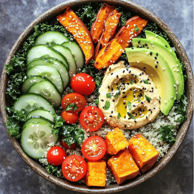 Um eine einfache Veggie Buddha Bowl zuzubereiten, benötigst du folgende Hauptzutaten: - 1 Tasse Quinoa, gut abgespült - 2 Tassen Gemüsebrühe oder Wasser - 1 Tasse Kirschtomaten, halbiert - 1 mittelgroße Salatgurke, gewürfelt - 1 rote Paprika, gewürfelt - 1 Tasse geröstete Süßkartoffeln (ca. 1 mittelgroße Süßkartoffel) - 1 Avocado, in Scheiben geschnitten - 1 Tasse Grünkohl oder Spinat, grob gehackt Quinoa ist eine großartige Basis. Sie ist nahrhaft und hat einen tollen Biss. Die Kirschtomaten und die Salatgurke bringen Frische. Rote Paprika sorgt für Farbe und Geschmack. Süßkartoffeln fügen Süße und Textur hinzu. Avocado macht die Bowl cremig. Grünkohl oder Spinat bieten viele Vitamine. Das Dressing macht die Bowl noch besser. Hier sind die Zutaten: - 1/4 Tasse Hummus - 2 Esslöffel Tahini - Saft von 1 Zitrone - Salz und Pfeffer nach Geschmack - 2 Esslöffel Olivenöl - Optional zur Garnierung: Sesamsamen, Mikrogreens oder frische Kräuter Hummus ist eine tolle Proteinquelle. Tahini bringt einen nussigen Geschmack. Zitronensaft fügt Frische hinzu, während Olivenöl gesund ist. Du kannst das Dressing nach deinem Geschmack anpassen. Garnierungen wie Sesamsamen oder frische Kräuter machen die Bowl optisch ansprechend und lecker. Für die genauen Mengen und Zubereitung kannst du die Full Recipe ansehen. Um Quinoa richtig zu kochen, spüle sie gut ab. Das entfernt Bitterstoffe, die den Geschmack beeinträchtigen. Nimm einen mittelgroßen Topf. Gib die abgespülte Quinoa und zwei Tassen Gemüsebrühe oder Wasser hinein. Erhitze alles auf mittlerer bis hoher Hitze, bis es kocht. Dann reduziere die Hitze und decke den Topf ab. Lass die Quinoa etwa 15 Minuten köcheln. Sie sollte fluffig sein. Wenn die Flüssigkeit aufgesogen ist, nimm den Topf vom Herd. Lasse die Quinoa ein paar Minuten ruhen, dann lockere sie mit einer Gabel auf. Heize den Ofen auf 200°C vor. Schäle die Süßkartoffeln und schneide sie in kleine Würfel. Mische sie in einer Schüssel mit etwas Olivenöl, Salz und Pfeffer. Das gibt Geschmack. Verteile die Würfel gleichmäßig auf einem Backblech. Röste die Süßkartoffeln für 25 bis 30 Minuten. Wende sie einmal während des Röstens. Sie sollten goldbraun und zart sein. Jetzt kommt der Spaß! Fülle die Quinoa als Basis in eine große Schüssel oder Bowl. Ordne dann den gehackten Grünkohl oder Spinat auf einer Seite an. Füge die Kirschtomaten, Gurken, gerösteten Süßkartoffeln und Avocadoscheiben hinzu. Denke daran, Farben zu nutzen. Das macht die Bowl schöner und appetitlicher. Für das Dressing nimm eine kleine Schüssel. Vermenge Tahini, Zitronensaft, eine Prise Salz und etwas Wasser. Rühre alles gut um, bis die gewünschte Konsistenz erreicht ist. Wenn du es dünner magst, füge mehr Wasser hinzu. Probiere es vorher und passe den Geschmack an. Für die vollständige Anleitung und die genauen Mengen kannst du das Full Recipe ansehen. Meal Prep macht die Zubereitung von Buddha Bowls einfach. Koche Quinoa und Gemüse im Voraus. Bewahre sie in luftdichten Behältern auf. So sparst du Zeit während der Woche. Du kannst die Quinoa bis zu fünf Tage im Kühlschrank lagern. Gemüse bleibt frisch, wenn du es in einem feuchten Tuch aufbewahrst. Du kannst deine Buddha Bowl ganz nach deinem Geschmack anpassen. Für vegane oder glutenfreie Optionen wähle spezielle Zutaten. Zum Beispiel, verwende glutenfreien Quinoa oder Hülsenfrüchte. Füge auch Tofu oder Tempeh hinzu, um mehr Protein zu bekommen. Diese Optionen machen das Gericht nahrhafter und sättigender. Eine schöne Bowl sieht ansprechend aus und macht mehr Spaß. Nutze viele Farben und Texturen. Mische grünes Gemüse mit leuchtenden Tomaten und orangefarbener Süßkartoffel. Das Auge isst mit! Garnierungen wie Sesamsamen oder frische Kräuter geben der Bowl den letzten Schliff. Diese kleinen Details machen den großen Unterschied in der Präsentation. Für die vollständige Anleitung, schau dir das [Full Recipe] an. {{image_4}} Um deine Buddha Bowl noch nahrhafter zu machen, füge proteinreiche Zutaten hinzu. Hülsenfrüchte sind eine tolle Wahl. Kichererbsen oder Linsen geben der Bowl einen schönen Biss. Tofu oder Tempeh sind ebenfalls gut. Sie nehmen den Geschmack der anderen Zutaten gut auf und machen die Bowl sättigender. Du kannst sie einfach anbraten oder marinieren. Nüsse oder Samen sind auch eine kreative Ergänzung. Mandeln und Kürbiskerne sind knusprig und lecker. Sie liefern gesunde Fette und zusätzliche Proteine. Streue sie einfach über deine Bowl, um einen schönen Crunch zu erhalten. Der Schlüssel zu einer guten Buddha Bowl liegt in frischem Gemüse. Nutze saisonales Gemüse für den besten Geschmack. Im Frühling sind Spargel und Radieschen lecker. Im Sommer probiere Zucchini und Mais. Im Herbst sind Kürbis und Rüben großartig. Im Winter kannst du Wurzelgemüse wie Karotten und Pastinaken verwenden. Saisonales Gemüse hat oft mehr Nährstoffe und Geschmack. Schau, was auf dem Markt ist, und wähle die besten Optionen. Das Dressing ist das Herzstück deiner Buddha Bowl. Tahini-Dressing ist klassisch, aber du kannst auch variieren. Ein fruchtiges Dressing aus Orangensaft und Honig bringt Frische. Für einen scharfen Kick probiere Chili- oder Ingwer-Dressings. Mische die Zutaten gut und passe die Konsistenz nach deinem Geschmack an. Experimentiere mit verschiedenen Kombinationen. So bleibt jede Buddha Bowl spannend und lecker. Für eine detaillierte Anleitung zur Zubereitung und den Zutaten empfehle ich die [Full Recipe]. Frische Zutaten sind wichtig für einen leckeren Geschmack. Lagere sie richtig, um ihre Frische zu erhalten. Gemüse wie Gurken und Paprika bleiben am besten im Kühlschrank. Verwende dafür einen luftdichten Behälter. Süßkartoffeln sollten an einem kühlen, dunklen Ort liegen. Quinoa kann in einem trockenen, lichtgeschützten Behälter aufbewahrt werden. Achte darauf, die Zutaten vor dem Lagern gut zu waschen. Die Buddha Bowl lässt sich gut aufbewahren. Du kannst sie in einem luftdichten Behälter im Kühlschrank lagern. So bleibt sie frisch für bis zu drei Tage. Wenn du die Bowl vorbereitest, lagere die Saucen separat, damit das Gemüse knusprig bleibt. Achte darauf, die Bowl vor dem Servieren gut zu kühlen. Das Wiedererwärmen der Buddha Bowl ist einfach. Du solltest sie in der Mikrowelle oder auf dem Herd erhitzen. Achte darauf, die Bowl gleichmäßig zu erwärmen. Füge ein wenig Wasser hinzu, um das Gemüse saftig zu halten. Vermeide es, die Bowl zu lange zu erhitzen, damit sie nicht matschig wird. So bleibt der Geschmack frisch und lecker. Du kannst deine Buddha Bowl bis zu drei Tage im Kühlschrank aufbewahren. Achte darauf, sie in einem luftdichten Behälter zu lagern. So bleiben die Zutaten frisch. Wenn du sie länger aufbewahren möchtest, friere die Komponenten besser separat ein. So vermeidest du matschige Zutaten beim Auftauen. Ja, du kannst die Quinoa durch Reis oder Bulgur ersetzen. Beide Optionen sind lecker und nahrhaft. Brauner Reis hat einen nussigen Geschmack, während Bulgur leicht und fluffig wird. Experimentiere mit verschiedenen Kohlenhydraten, um deine perfekte Buddha Bowl zu finden. Ja, die Buddha Bowl ist vegan. Sie enthält keine tierischen Produkte. Alle Zutaten, wie Gemüse, Quinoa und Hummus, sind pflanzlich. Du kannst die Bowl also genießen, ohne dir Gedanken über tierische Inhaltsstoffe machen zu müssen. Ja, Rohkost ist eine tolle Ergänzung! Du kannst Karotten, Paprika und Brokkoli roh verwenden. Frisches Gemüse bietet einen knackigen Biss und mehr Nährstoffe. Füge auch Sprossen oder Radieschen hinzu, um mehr Farbe und Geschmack zu erhalten. Ja, die Buddha Bowl kann glutenfrei sein. Quinoa, Gemüse und Hummus sind glutenfrei. Achte darauf, glutenfreie Brühe und Tahini zu wählen. So kannst du sicher sein, dass deine Bowl für glutenempfindliche Personen geeignet ist. Eine Buddha Bowl bietet viel Vielfalt und Spaß beim Essen. Wir haben die Hauptzutaten, die Zubereitung und viele Tipps behandelt. Egal, ob Sie Ihren eigenen Stil finden oder die Bowl anpassen wollen, die Optionen sind endlos. Experimentieren Sie mit verschiedenen Zutaten und Dressings, um Ihre perfekte Kombination zu finden. Halten Sie die hochwertigen Nahrungsmittel frisch und genießen Sie gesunde Mahlzeiten. So bleibt Ihre Buddha Bowl immer köstlich und ansprechend. Machen Sie die Buddha Bowl zu einem Genuss auf Ihrem Tisch!
